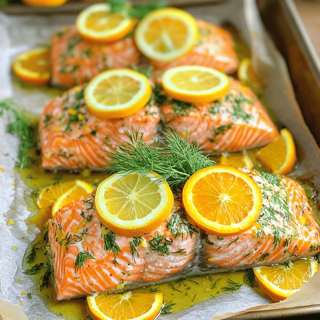 Für diesen köstlichen Auflauf brauchen Sie einige frische und einfache Zutaten. Diese Zutaten geben dem Lachs einen tollen Geschmack. Hier ist die Liste: - 4 Lachsfilets (je 170 g) - 2 Esslöffel Olivenöl - 1 Zitrone, abgerieben und ausgepresst - 1 Orange, abgerieben und ausgepresst - 3 Knoblauchzehen, fein gehackt - 1 Esslöffel frischer Dill, gehackt - 1 Esslöffel frische Petersilie, gehackt - 1 Teelöffel Salz - ½ Teelöffel schwarzer Pfeffer - ½ Teelöffel rote Pfefferflocken (optional) Die Gewürze sind wichtig für den Geschmack. Sie bringen die Aromen zusammen. Sie brauchen Salz und Pfeffer für die Grundwürze. Knoblauch fügt einen köstlichen Kick hinzu. Dill und Petersilie bringen Frische. Wenn Sie einen kleinen Schärfe mögen, nutzen Sie rote Pfefferflocken. Für die Garnierung verwenden Sie Zitronenscheiben und frische Kräuter. Diese machen das Gericht nicht nur schöner, sondern sie fügen auch noch mehr Geschmack hinzu. Die Garnitur macht den Lachs noch einladender und leckerer. Wenn Sie das komplette Rezept möchten, schauen Sie sich den Full Recipe an! Heizen Sie den Ofen auf 200 °C vor. Während der Ofen sich aufwärmt, bereiten Sie das Backblech vor. Legen Sie ein Backblech mit Backpapier aus. Das macht die Reinigung einfacher. Es hilft auch, dass der Lachs nicht kleben bleibt. Jetzt kommt der spaßige Teil! Nehmen Sie eine kleine Schüssel. Geben Sie 2 Esslöffel Olivenöl hinein. Fügen Sie den abgeriebenen Saft von 1 Zitrone und 1 Orange hinzu. Hacken Sie 3 Knoblauchzehen fein und geben Sie sie dazu. Jetzt kommt das Beste: fügen Sie 1 Esslöffel frischen Dill und 1 Esslöffel frische Petersilie hinzu. Streuen Sie 1 Teelöffel Salz, ½ Teelöffel schwarzen Pfeffer und ½ Teelöffel rote Pfefferflocken (optional) in die Schüssel. Rühren Sie alles gut um, bis die Mischung schön vermischt ist. Legen Sie die 4 Lachsfilets mit der Hautseite nach unten auf das Backblech. Bestreichen Sie jedes Filet großzügig mit der Zitruskräutermischung. Lassen Sie den Lachs für 10-15 Minuten marinieren. So kann er die Aromen aufnehmen. Jetzt ist es Zeit, den Lachs zu backen. Stellen Sie das Backblech in den Ofen und backen Sie den Lachs für 12-15 Minuten. Überprüfen Sie, ob er sich leicht mit einer Gabel zerteilen lässt. Nach dem Backen nehmen Sie den Lachs aus dem Ofen. Lassen Sie ihn ein paar Minuten ruhen. Servieren Sie ihn mit Zitronenscheiben und frischen Kräutern. So sieht das Gericht nicht nur gut aus, sondern schmeckt auch toll! Die perfekte Garzeit für Lachs ist wichtig. Bei 200 °C backt der Lachs in 12-15 Minuten. Die genaue Zeit hängt von der Dicke der Filets ab. Dünnere Filets brauchen weniger Zeit, dickere mehr. Der Lachs ist fertig, wenn er sich leicht mit einer Gabel zerteilen lässt. Überbacken Sie ihn nicht, sonst wird er trocken. Nutzen Sie am besten ein Fleischthermometer. Eine Innentemperatur von 60 °C zeigt, dass der Lachs perfekt gegart ist. Die Marinierzeit ist entscheidend für den Geschmack. Lassen Sie den Lachs 10-15 Minuten marinieren. So kann er die Aromen der Zitruskräutermischung aufnehmen. Wenn Sie mehr Zeit haben, können Sie ihn auch länger marinieren. Eine längere Marinierzeit verstärkt die Aromen. Achten Sie jedoch darauf, dass der Lachs nicht zu lange in der Marinade bleibt. Zu lange kann das Fleisch zäh machen. Es gibt viele Möglichkeiten, die Zitruskräutermischung anzupassen. Probieren Sie Limette anstelle von Zitrone aus. Oder fügen Sie frische Minze hinzu, um einen neuen Geschmack zu erzielen. Sie können auch andere Kräuter wie Thymian oder Basilikum verwenden. Jedes dieser Kräuter bringt eine eigene Note. Experimentieren Sie mit verschiedenen Zitrusfrüchten. Grapefruit oder Mandarinen können spannende Alternativen sein. Diese Variationen bringen frischen Schwung in Ihr Gericht. Für das komplette Rezept, schauen Sie sich die [Full Recipe] an. {{image_4}} Um den Frischen Zitruskräuter-Lachs Auflauf frisch zu halten, bewahre ihn in einem luftdichten Behälter auf. Stelle sicher, dass der Lachs gut abgekühlt ist, bevor du ihn lagerst. Das hilft, die Aromen und die Textur zu bewahren. Lege ein Stück Frischhaltefolie direkt auf den Lachs, bevor du den Deckel schließt. So bleibt er noch saftiger. Gekochter Lachs hält sich im Kühlschrank etwa 3 bis 4 Tage. Achte darauf, dass der Kühlschrank eine Temperatur von 4 °C oder kälter hat. Wenn du den Lachs länger aufbewahren möchtest, ist das Einfrieren eine gute Option. Um den Lachs aufzubewahren, kannst du ihn auch einfrieren. Teile ihn in Portionen und lege ihn in gefriergeeignete Beutel. Drücke die Luft heraus, bevor du die Beutel schließt. So bleibt der Lachs bis zu 3 Monate frisch. Wenn du ihn auftauen willst, lege ihn über Nacht in den Kühlschrank. So behält er seinen Geschmack. Du kannst dieses Rezept auch mit anderen Fischen ausprobieren. Forelle oder Kabeljau sind gute Alternativen. Diese Fische haben einen milden Geschmack und nehmen die Aromen gut auf. Für Forelle lege die Filets mit der Hautseite nach unten, genau wie beim Lachs. Kabeljau benötigt vielleicht etwas weniger Zeit im Ofen. Achte darauf, die Garzeit anzupassen. So bleibt der Fisch zart und saftig. Wenn du eine vegetarische Option suchst, probiere das Rezept mit Tofu oder Tempeh. Schneide den Tofu in dicke Scheiben und mariniere ihn mit der Zitruskräutermischung. Backe den marinierten Tofu bei 200 °C für etwa 20 Minuten. Tempeh hat einen nussigen Geschmack, der gut mit den Zitrusaromen harmoniert. Diese Alternativen bieten dir eine gesunde Möglichkeit, das Gericht zu genießen. Für ein rundes Gericht kombiniere den Lachs mit frischem Gemüse oder einem Salat. Geröstetes Gemüse wie Spargel oder Brokkoli passt gut dazu. Ein einfacher grüner Salat mit Zitronendressing bringt Frische ins Spiel. Du kannst auch Quinoa oder Reis als Beilage servieren. Diese Beilagen sind nahrhaft und ergänzen die Aromen des Lachsaufstrichs perfekt. So hast du eine vollwertige, leckere Mahlzeit. Für das vollständige Rezept, schau dir den [Full Recipe] an! Um den besten Zitruskräuter-Lachs zu machen, achte auf frische Zutaten. Verwende frischen Lachs und frische Kräuter. Der Mix aus Zitrone und Orange gibt dem Lachs ein tolles Aroma. Marinier den Lachs für 10-15 Minuten, um die Aromen gut aufnehmen zu können. Backe ihn bei 200 °C für 12-15 Minuten. So bleibt der Lachs saftig und zart. Du willst, dass er sich leicht mit einer Gabel zerteilen lässt. Ja, Lachs ist sehr gesund! Er enthält viele Omega-3-Fettsäuren. Diese Fettsäuren sind gut für das Herz. Zudem ist Lachs reich an Proteinen, die wichtig für den Körper sind. Er liefert auch Vitamine, wie Vitamin D und B-Vitamine, die für die Energie wichtig sind. Regelmäßiger Verzehr kann auch die Gehirnfunktion unterstützen. Lachs ist also eine gute Wahl für eine gesunde Ernährung. Ja, du kannst das Rezept einfach anpassen! Wenn du mehr Portionen brauchst, verdopple oder verdreifache die Zutaten. Achte darauf, dass du genug Platz auf dem Backblech hast. Wenn nötig, backe den Lachs in mehreren Schichten. Die Backzeit kann je nach Menge leicht variieren. Stelle sicher, dass jeder Lachs gleichmäßig gegart wird. So kannst du sicherstellen, dass jeder ein Stück leckeren Lachs bekommt. Dieser Blogbeitrag hat die Grundlagen des frischen Zitruskräuter-Lachs Auflaufs behandelt. Wir haben die wichtigsten Zutaten, die Zubereitung und nützliche Tipps durchgegangen. Sie können den Lachs perfekt garen und verschiedene Varianten ausprobieren. Denken Sie daran, wie lange Sie ihn aufbewahren und einfrieren können. Kochen macht Spaß, und mit diesen Ideen sind Sie gut gerüstet. Genießen Sie die frischen Aromen und bringen Sie Abwechslung auf Ihren Teller!