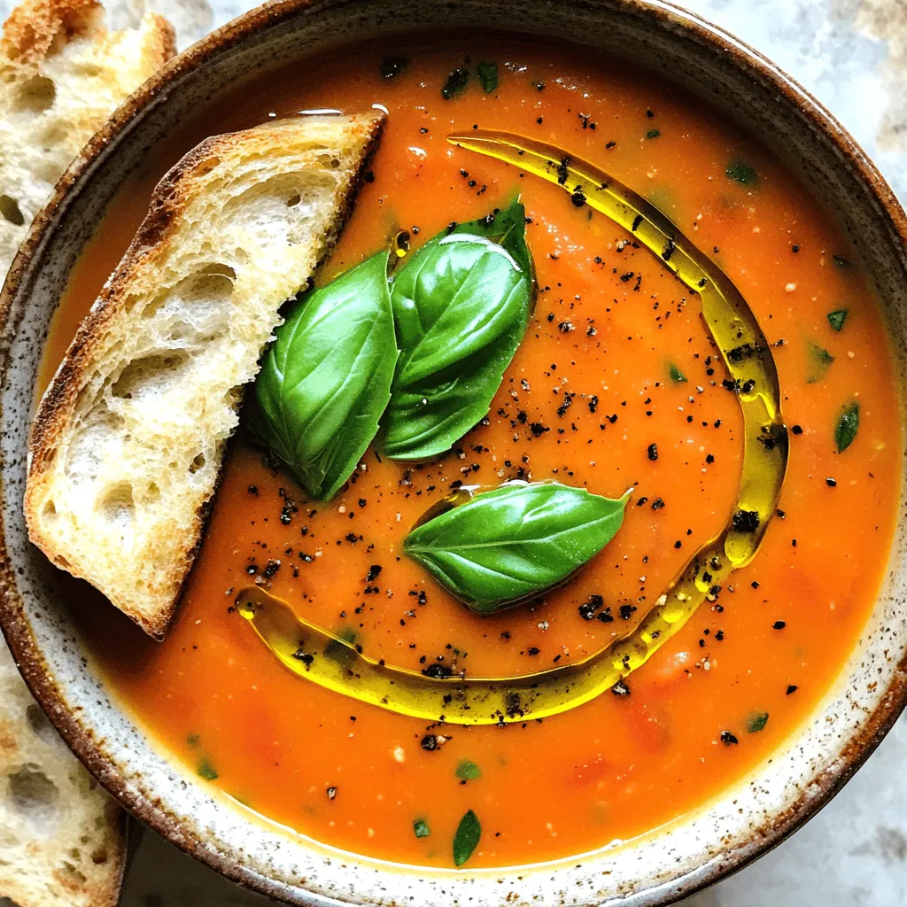 Für meine cremige Tomaten-Basilikum-Suppe brauchen Sie diese Zutaten: - 2 Esslöffel Olivenöl - 1 mittelgroße Zwiebel, gewürfelt - 3 Knoblauchzehen, fein gehackt - 2 Dosen (je 400 g) geschälte Tomaten - 240 ml Gemüsebrühe - 1 Teelöffel Zucker - 1 Teelöffel getrockneter Oregano - Salz und Pfeffer nach Geschmack - 120 ml Schlagsahne (oder Kokosnusscreme für eine vegane Option) - 1 Tasse frische Basilikumblätter, gehackt - 1 Esslöffel Balsamico-Essig Diese Zutaten geben der Suppe ihren tollen Geschmack und ihre schöne Farbe. Die Nährwerte variieren je nach Portion. Eine Portion enthält viel Vitamin C durch die Tomaten. Basilikum bringt Antioxidantien mit. Olivenöl gibt gesunde Fette. Die Schlagsahne macht die Suppe cremig und reichhaltig. - Tomaten: Gute Quelle für Vitamin C und Kalium. - Zwiebeln: Fördern die Gesundheit des Herzens. - Knoblauch: Stärkt das Immunsystem. - Olivenöl: Enthält einfach ungesättigte Fette. - Basilikum: Hat entzündungshemmende Eigenschaften. Diese Nährstoffe machen die Suppe nicht nur lecker, sondern auch gesund. Wenn Sie keine bestimmte Zutat haben, gibt es einfache Alternativen: - Zwiebel: Schalotten oder Lauch können verwendet werden. - Gemüsebrühe: Hühnerbrühe ist eine gute Option. - Schlagsahne: Kokosnusscreme ist perfekt für eine vegane Version. - Basilikum: Petersilie kann einen anderen Geschmack bringen. - Zucker: Honig oder Agavensirup können ebenfalls verwendet werden. Diese Alternativen helfen Ihnen, die Suppe nach Ihrem Geschmack zu gestalten. Sie können kreativ sein und Ihre eigenen Ideen ausprobieren. Probieren Sie das vollständige Rezept, um ein köstliches Ergebnis zu erzielen! Um die cremige Tomaten-Basilikum-Suppe zuzubereiten, folge diesen Schritten: 1. Erhitze das Olivenöl in einem großen Topf bei mittlerer Hitze. 2. Füge die gewürfelte Zwiebel hinzu und brate sie 4-5 Minuten lang an. Sie sollte weich und durchsichtig sein. 3. Gib den gehackten Knoblauch dazu. Brate ihn noch 1-2 Minuten an, bis er duftet. 4. Füge die geschälten Tomaten, die Gemüsebrühe, Zucker und Oregano hinzu. Streue Salz und Pfeffer nach Geschmack. 5. Lasse die Mischung zum Köcheln bringen. Koche sie 20 Minuten lang ohne Deckel. 6. Nimm den Topf vom Herd. Püriere die Suppe mit einem Stabmixer, bis sie glatt ist. 7. Stelle den Topf wieder auf niedrige Hitze. Rühre die Schlagsahne, die Basilikumblätter und den Balsamico-Essig ein. 8. Erhitze die Suppe weitere 5 Minuten und probiere sie. Passe die Gewürze nach Bedarf an. 9. Lasse die Suppe kurz abkühlen, bevor du sie servierst. Für diese Suppe sind einige Küchengeräte besonders nützlich: - Stabmixer: Ideal zum Pürieren der Suppe direkt im Topf. Er spart Zeit und Geschirr. - Messbecher: Verwende ihn für die genaue Menge der Brühe und der Sahne. - Schneidebrett und scharfe Messer: Diese helfen dir, die Zwiebel und den Knoblauch sicher und schnell zu schneiden. Du kannst die Suppe leicht anpassen: - Für mehr Schärfe: Füge eine Prise Cayennepfeffer oder frische Chili hinzu. - Für einen süßeren Geschmack: Erhöhe die Menge an Zucker oder verwende Karotten. - Für eine vegane Option: Nutze Kokosnusscreme anstelle von Schlagsahne. Mit diesen einfachen Schritten und Tipps kannst du eine köstliche cremige Tomaten-Basilikum-Suppe zaubern. Für das vollständige Rezept, schaue dir den Abschnitt „Full Recipe“ an. Viele Leute machen einen Fehler beim Kochen von Tomatensuppen. Sie übersalzen die Suppe. Beginne mit einer kleinen Menge Salz und füge mehr hinzu, wenn nötig. Eine andere häufige Falle ist das Überkochen. Lass die Suppe sanft köcheln, um den besten Geschmack zu erhalten. Auch zu viel Hitze kann die Aromen zerstören. Achte darauf, die Hitze niedrig zu halten, wenn du die Sahne hinzufügst. Um die besten Aromen zu erzielen, verwende frische Zutaten. Frischer Basilikum bringt den besten Geschmack. Auch das Anbraten der Zwiebeln und des Knoblauchs ist wichtig. Dies gibt der Suppe eine reiche Basis. Wenn du die Tomaten hinzufügst, lass die Mischung ungestört köcheln. Dies hilft, die Aromen zu intensivieren. Püriere die Suppe gut, um eine cremige Textur zu erreichen. Ein Stabmixer ist dafür ideal. Wenn du eine dickere Suppe magst, püriere weniger. Lass einige Tomatenstücke ganz. Für eine dünnere Konsistenz füge mehr Gemüsebrühe hinzu. Du kannst auch etwas Wasser verwenden. Wenn du eine samtige Textur wünschst, erhöhe die Sahne. Kokosnusscreme ist eine gute Option für vegane Varianten. Achte darauf, die Konsistenz nach dem Pürieren zu überprüfen und die Flüssigkeit nach Bedarf anzupassen. {{image_4}} Um die Suppe vegan zu machen, ersetze die Schlagsahne mit Kokosnusscreme. Diese gibt einen tollen Geschmack. Verwende glutenfreie Gemüsebrühe, um die Suppe glutenfrei zu gestalten. Achte darauf, dass alle anderen Zutaten ebenfalls glutenfrei sind. Du erhältst eine reichhaltige und cremige Suppe, die jedem gefällt. Du kannst die Suppe leicht verfeinern. Füge eine Prise Cayennepfeffer für etwas Schärfe hinzu. Eine Handvoll gerösteter Paprika bringt eine süße Note. Auch frische Kräuter wie Thymian oder Petersilie sind eine tolle Ergänzung. Experimentiere mit diesen Zutaten, um deinen perfekten Geschmack zu finden. Diese Suppe passt zu jeder Jahreszeit. Im Sommer kannst du frische Tomaten verwenden. Das gibt der Suppe einen lebendigen Geschmack. Im Winter sind die Dosen-Tomaten ideal, um die Suppe warm und wohltuend zu machen. Die Kombination aus frischen Basilikumblättern macht die Suppe besonders aromatisch. Genieß die verschiedenen Aromen je nach Saison! Um die cremige Tomaten-Basilikum-Suppe richtig zu lagern, lasse sie zuerst abkühlen. Fülle die Suppe dann in luftdichte Behälter. Das hilft, die Frische zu bewahren. Du kannst die Suppe bis zu einer Woche im Kühlschrank aufbewahren. Zum Einfrieren teile die Suppe in Portionen auf. Verwende gefriergeeignete Behälter oder Beutel. So hast du immer eine Portion bereit. Achte darauf, etwas Platz im Behälter zu lassen. Die Suppe dehnt sich beim Gefrieren aus. Im Kühlschrank bleibt die Suppe bis zu sieben Tage frisch. Achte darauf, dass der Behälter gut verschlossen ist. Überprüfe die Suppe vor dem Essen. Wenn sie seltsam riecht oder die Farbe ändert, wirf sie weg. Sicherheit geht vor! Um die beste Qualität zu gewährleisten, iss die Suppe innerhalb von drei Tagen. So bleibt der Geschmack und die Cremigkeit erhalten. Wenn du die Suppe aufwärmen möchtest, mache das langsam. Gieße die Suppe in einen Topf und erhitze sie bei niedriger Hitze. Rühre gelegentlich um, damit sie nicht anbrennt. Du kannst einen Schuss Wasser oder Brühe hinzufügen, wenn die Suppe zu dick ist. Wenn du die Suppe in der Mikrowelle aufwärmst, benutze einen mikrowellenfesten Behälter. Erwärme die Suppe in kurzen Intervallen von 1-2 Minuten. Rühre zwischendurch um, damit sie gleichmäßig heiß wird. So bleibt die Suppe lecker und cremig. Um die Suppe dicker zu machen, gibt es einige einfache Tricks. Du kannst mehr Schlagsahne hinzufügen. Das macht die Suppe cremiger. Eine andere Möglichkeit ist, etwas mehr Gemüsebrühe hinzuzufügen und die Suppe länger zu kochen. Das lässt die Flüssigkeit verdampfen. Du kannst auch etwas Maisstärke mit Wasser mischen und zur Suppe geben. Das macht sie schnell dickflüssiger. Es gibt viele leckere Beilagen, die gut zu dieser Suppe passen. Knuspriges Brot ist ein Klassiker. Du kannst auch Croûtons für einen tollen Crunch hinzufügen. Ein frischer Salat mit grünem Blattgemüse passt ebenfalls gut. Für eine besondere Note kannst du Käse-Sticks oder Bruschetta servieren. Diese Beilagen machen das Essen noch besser. Ja, du kannst frische Tomaten verwenden! Sie bringen einen tollen Geschmack. Verwende etwa 1,5 kg reife Tomaten. Schneide sie klein und koche sie für etwa 30 Minuten. So werden sie weich und geben viel Saft. Danach pürierst du die Mischung wie im Rezept beschrieben. Es macht die Suppe frisch und lecker. Du kannst die frischen Tomaten auch leicht anrösten, um den Geschmack zu intensivieren. Zusammengefasst haben wir die Zutaten, Zubereitung und Tipps für deine Suppe behandelt. Du weißt jetzt, wie du die besten Zutaten wählst und sie zubereitest. Dazu kamen nützliche Tricks, um Fehler zu vermeiden und verschiedene Variationen zu testen. Wenn du die Suppe lagerst, bleibt sie frisch und lecker. Denke daran, das Rezept anzupassen, um dein persönliches Lieblingsgericht zu schaffen. Mit diesen Tipps wirst du jedem Geniesser begeistern. Viel Spaß beim Kochen!