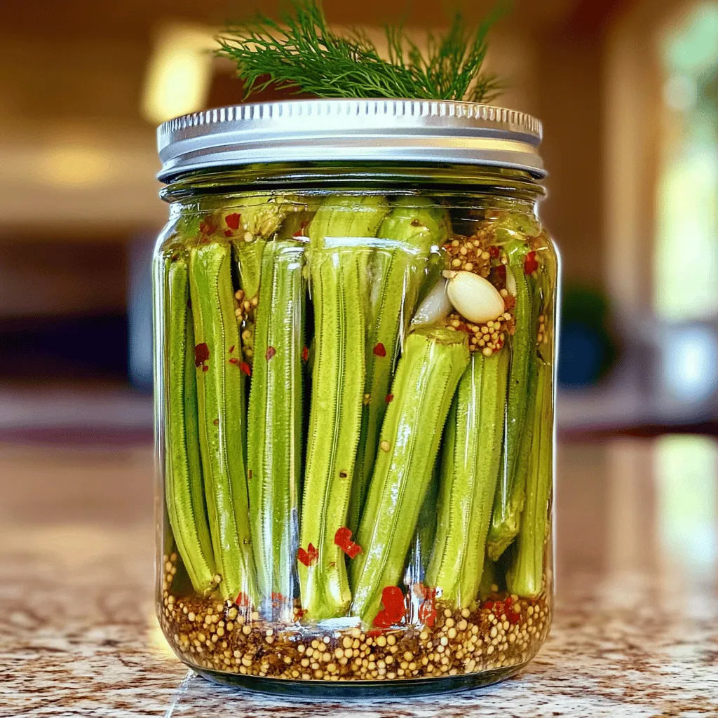 - 450 g frische Okra, gewaschen und getrimmt - 240 ml klarer, destillierter Essig - 240 ml Wasser - 2 Esslöffel grobes Salz - 2 Esslöffel Zucker - 2 Knoblauchzehen, geschält und leicht zerdrückt - 1 Teelöffel schwarze Senfsamen - 1 Teelöffel Koriandersamen - 1 Teelöffel rote Chiliflocken (nach Geschmack) - 1 frischer Dillzweig (optional) - 1 Teelöffel schwarze Pfefferkörner Die Hauptzutaten bilden die Basis für die eingelegte Okra. Die frische Okra bringt einen knackigen Biss. Essig und Wasser sorgen für die richtige Säure. Das Salz und der Zucker helfen, den Geschmack zu balancieren. Knoblauch gibt der Mischung ein tolles Aroma. Die optionalen Zutaten sind wie die Kirsche auf dem Kuchen. Sie fügen Tiefe und Vielfalt hinzu. Senfsamen und Koriandersamen bringen einen würzigen Kick. Chiliflocken fügen Hitze hinzu, je nach deinem Geschmack. Dill bringt Frische, während schwarze Pfefferkörner für einen leichten Schärfegrad sorgen. Diese Zutaten helfen, die Okra zu einem echten Genuss zu machen. Wenn du neugierig auf die ganze Zubereitung bist, schau dir das Rezept [Full Recipe] an. - Waschen Sie die Okra gründlich unter kaltem Wasser. - Schneiden Sie die Enden der Okra vorsichtig ab. Achten Sie darauf, nicht zu tief zu schneiden, um die Form der Okra zu bewahren. - Nehmen Sie einen mittelgroßen Topf. Vermengen Sie den klaren Essig, Wasser, Salz und Zucker. - Erhitzen Sie die Mischung bei mittlerer Hitze. Rühren Sie, bis Salz und Zucker ganz aufgelöst sind. Nehmen Sie den Topf vom Herd und lassen Sie die Mischung abkühlen. - Geben Sie die zerdrückten Knoblauchzehen, Senfsamen, Koriandersamen, Chiliflocken, schwarze Pfefferkörner und den Dillzweig in ein sauberes Glas. - Stellen Sie die Okra senkrecht ins Glas. Achten Sie darauf, sie nicht zu zerdrücken. - Gießen Sie die abgekühlte Essigmischung über die Okra. Sie sollten komplett bedeckt sein. Lassen Sie etwa einen halben Zentimeter Platz bis zur Oberkante des Glases. - Verschließen Sie das Glas fest mit einem Deckel. Schütteln Sie es sanft, um die Gewürze gleichmäßig zu verteilen. - Lagern Sie die eingelegte Okra im Kühlschrank für mindestens 24 Stunden. So entfalten sich die Aromen gut. Sie sind bis zu 3 Wochen haltbar. - Achte darauf, dass Salz und Zucker in der Essigmischung vollständig aufgelöst sind. Das sorgt für einen gleichmäßigen Geschmack. - Lass die Marinade etwas abkühlen, bevor du sie über die Okra gießt. Zu heiße Flüssigkeit kann die Textur der Okra verändern. - Lass die eingelegte Okra mindestens 24 Stunden im Kühlschrank. So entwickeln sich die Aromen gut. Du kannst sie bis zu 3 Wochen aufbewahren. - Lagere die Okra in einem sauberen Glas. Achte darauf, dass die Okra immer mit der Flüssigkeit bedeckt ist. Das hält sie frisch und lecker. - Serviere die eingelegte Okra in kleinen Schalen. Das sieht toll aus und macht Lust auf mehr. - Nutze die Okra als Garnitur für Cocktails oder Salate. Ein Farbenmix macht jedes Gericht lebendiger. {{image_4}} Du kannst die Aromen deiner eingelegten Okra verändern. Probiere verschiedene Gewürze. Lorbeerblätter geben einen tollen Geschmack. Ingwer bringt Frische und etwas Schärfe. Auch die Art des Essigs macht einen großen Unterschied. Verwende Apfelessig für eine fruchtige Note oder Rotweinessig für mehr Tiefe. Wenn du nach Zuckeralternativen suchst, gibt es gute Optionen. Süßstoff oder Stevia können den Zucker ersetzen. Diese sind besser für Diabetiker. Du kannst auch glutenfreie Zutaten verwenden. So bleibt dein Rezept für alle geeignet. Achte darauf, dass alle Zutaten glutenfrei sind. Eingelegte Okra ist vielseitig. Du kannst sie in Salaten verwenden, um einen knackigen Biss hinzuzufügen. Sie passen auch gut in Sandwiches. Für Grillpartys sind sie eine schöne Beilage. Serviere sie als Snack oder in kleinen Schalen. Die Farben und Geschmäcker machen jedes Gericht lebendig. Eingelegte Okra hält sich bis zu 3 Wochen im Kühlschrank. Es ist wichtig, das Glas gut zu verschließen. So bleibt die Frische erhalten. Lagern Sie die Okra immer im kältesten Teil des Kühlschranks. Vermeiden Sie direkte Sonne und Wärmequellen. Überprüfen Sie regelmäßig auf Anzeichen von Verderb. Wenn die Mischung trüb oder die Okra matschig aussieht, ist sie nicht mehr gut. Sie können die Essigmischung mehrmals verwenden. Nach dem ersten Gebrauch sollten Sie sie aber nicht länger als eine Woche aufbewahren. Wenn Sie die Mischung wiederverwenden, fügen Sie frische Gewürze hinzu. Achten Sie darauf, dass das Glas immer sauber ist. Nach dem Öffnen bleibt das Glas bis zu einem Monat haltbar, wenn es kühl bleibt. Achten Sie darauf, das Glas gut zu verschließen, um Luft und Feuchtigkeit fernzuhalten. Für längere Haltbarkeit können Sie die Okra auch einfrieren. Vor dem Einfrieren blanchieren Sie die Okra kurz in kochendem Wasser. Lassen Sie die Okra gut abkühlen, bevor Sie sie in einem luftdichten Behälter einfrieren. Sicherheitsvorkehrungen sind auch wichtig. Stellen Sie sicher, dass alle Utensilien und Behälter sauber sind. So vermeiden Sie Bakterien und andere Keime. Wenn Sie die Okra einlegen, verwenden Sie immer frische Zutaten für den besten Geschmack. Die eingelegte Okra ist nach 24 Stunden im Kühlschrank bereit. Ich empfehle, sie länger stehen zu lassen. So können die Aromen besser einziehen. Am besten schmeckt sie nach 48 Stunden. Dies gibt den Gewürzen Zeit, sich gut zu entfalten. Ja, du kannst viele Gemüsesorten auf die gleiche Weise einlegen. Karotten, Gurken und Blumenkohl sind tolle Alternativen. Achte darauf, dass die Gemüse gleichmäßig geschnitten sind. Das sorgt für eine gleichmäßige Marinade. Experimentiere mit verschiedenen Gewürzen für neue Geschmäcker. Eingelegte Okra ist sehr vielseitig. Du kannst sie als Snack essen oder in Salaten verwenden. Sie passen auch gut zu Sandwiches oder Wraps. Verwende sie als Garnitur für Cocktails oder als Beilage zu gegrilltem Fleisch. Ihre knackige Textur und der scharfe Geschmack bringen Freude in jedes Gericht. Ja, Kühlschrank-Eingelegte Okra ist gesund. Okra enthält viele Vitamine und Mineralstoffe. Sie sind reich an Ballaststoffen, was gut für die Verdauung ist. Außerdem hat Okra einen niedrigen Kaloriengehalt. So kannst du sie ohne schlechtes Gewissen genießen. Die Anleitung in diesem Artikel zeigt, wie man frisch geerntete Okra lecker einlegt. Wir haben die Hauptzutaten wie Essig und Gewürze besprochen. Zudem gab es nützliche Tipps, um die Aromen zu verbessern und verschiedene Variationen auszuprobieren. Denken Sie daran, die eingelegte Okra gut zu lagern und die Kühlzeiten zu beachten. So genießen Sie den besten Geschmack. Nutzen Sie diese tolle Technik, um Ihre Gerichte aufzupeppen und kreativ zu sein!