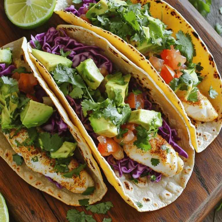 Für diese köstlichen Koriander-Limetten-Fischtacos benötigst du frische und einfache Zutaten. Hier sind die Hauptzutaten: - 450 g weiße Fischfilets (z.B. Kabeljau oder Tilapia) - 2 Esslöffel Olivenöl - Saft von 2 Limetten (plus Limettenstücke zum Servieren) - 1 Tasse frischer Koriander, gehackt - 8 kleine Maistortillas Diese Zutaten bringen den Geschmack des Meeres direkt auf deinen Teller. Die Gewürze machen den Unterschied in diesem Rezept. Du brauchst: - 1 Teelöffel Chili-Pulver - 1 Teelöffel Kreuzkümmel - 1 Teelöffel Knoblauchpulver - 1 Teelöffel Zwiebelpulver - Salz und Pfeffer nach Geschmack Diese Gewürze verleihen dem Fisch ein wunderbares Aroma. Das Olivenöl hilft, die Gewürze gleichmäßig zu verteilen und sorgt für eine schöne Bräunung. Die Toppings bringen Farbe und Textur zu deinen Tacos. Hier sind die besten Optionen: - 1 Tasse geraspelter Rotkohl - 1 Avocado, in Scheiben geschnitten - ½ Tasse gewürfelte Tomaten - ¼ Tasse saure Sahne oder griechischer Joghurt (optional) Diese Toppings sorgen für einen frischen und knackigen Biss. Du kannst die Tacos mit Limettenscheiben garnieren, um den Geschmack zu intensivieren. Für das vollständige Rezept, schau dir bitte [Full Recipe] an. Zuerst bereiten wir den Fisch vor. Nehmen Sie die Fischfilets und legen Sie sie in eine Schüssel. Mischen Sie Chili-Pulver, Kreuzkümmel, Knoblauchpulver, Zwiebelpulver, Salz und Pfeffer in einer kleinen Schüssel. Reiben Sie diese Gewürzmischung gleichmäßig auf beiden Seiten der Fischfilets. Dies gibt dem Fisch viel Geschmack. Lassen Sie die Gewürze etwas einziehen. Jetzt erhitzen Sie Olivenöl in einer Pfanne bei mittlerer bis hoher Hitze. Wenn das Öl heiß ist, fügen Sie die Fischfilets hinzu. Braten Sie den Fisch etwa 3-4 Minuten auf jeder Seite. Der Fisch sollte zart sein und leicht auseinanderfallen. Pressen Sie während des Garens den Saft von einer Limette über den Fisch. Nehmen Sie den Fisch dann vom Herd und lassen Sie ihn eine Minute ruhen. Während der Fisch ruht, können Sie die Tortillas vorbereiten. Nehmen Sie eine separate Pfanne und erhitzen Sie sie bei mittlerer Hitze. Legen Sie jede Maistortilla einzeln in die Pfanne. Erwärmen Sie sie etwa 30 Sekunden auf jeder Seite. Sie sollten weich und biegsam sein. So bleiben die Tacos knackig und frisch. Jetzt ist es Zeit, die Tacos zu bauen! Zerreißen Sie den Fisch in große Stücke. Nehmen Sie die warmen Tortillas und verteilen Sie die zerkleinerten Fischstücke gleichmäßig darauf. Fügen Sie dann geraspelten Rotkohl, gewürfelte Tomaten und Avocadoscheiben hinzu. Toppen Sie alles mit einem großen Löffel frischem Koriander. So sieht es nicht nur gut aus, sondern schmeckt auch toll. Zum Schluss träufeln Sie den restlichen Limettensaft über die Tacos. Dies bringt einen frischen Geschmack. Wenn Sie möchten, können Sie einen Klecks saure Sahne oder griechischen Joghurt obenauf geben. Das macht die Tacos noch cremiger. Ihre Cilantro Lime Fish Tacos sind jetzt bereit zum Genießen! Für das vollständige Rezept schauen Sie sich die [Full Recipe] an. Um die perfekten Fischtacos zu machen, achte auf die Qualität des Fisches. Frischer Fisch macht den Unterschied. Wähle weiße Fischfilets wie Kabeljau oder Tilapia. Diese Fische haben einen milden Geschmack und eignen sich gut für Tacos. Achte darauf, das Fischfilet gleichmäßig zu würzen. So bekommst du einen tollen Geschmack in jedem Biss. Marinieren ist der Schlüssel zu mehr Geschmack. Mische Olivenöl, Limettensaft und deine Gewürze in einer Schüssel. Lege die Fischfilets in die Marinade und lasse sie mindestens 20 Minuten ziehen. So ziehen die Aromen gut ein. Wenn du mehr Zeit hast, lasse den Fisch sogar länger marinieren. Das Resultat wird köstlicher sein. Die Präsentation deiner Tacos zählt! Stelle die Tacos auf eine bunte Platte. Garniere sie mit frischem Koriander und Limettenstücken. Das sieht nicht nur schön aus, sondern macht auch Lust auf mehr. Verwende verschiedene Toppings, wie Avocadoscheiben und geraspelten Rotkohl. Diese Farben und Texturen machen deine Tacos noch ansprechender. Für das vollständige Rezept, siehe [Full Recipe]. {{image_4}} Sie können verschiedene Fische für Ihre Tacos verwenden. Kabeljau und Tilapia sind beliebt. Sie sind zart und nehmen Gewürze gut auf. Auch Lachs oder Forelle sind gute Optionen. Diese Fische haben einen reicheren Geschmack. Achten Sie darauf, frischen Fisch zu wählen. So wird Ihr Taco noch besser. Wenn Sie eine vegetarische oder vegane Option möchten, probieren Sie Tofu oder Jackfruit. Tofu ist vielseitig und nimmt den Geschmack gut auf. Jackfruit hat eine fleischige Textur, die viele anzieht. Marinieren Sie diese Zutaten mit den gleichen Gewürzen wie den Fisch. So bleibt der Geschmack stark und frisch. Die Toppings machen Ihre Tacos aufregend. Frischer Koriander und Limettensaft sind ein Muss. Sie bringen Frische und Geschmack. Probieren Sie auch Mango-Salsa oder eingelegte rote Zwiebeln. Diese bringen Süße und einen tollen Crunch. Für einen extra Kick fügen Sie Chipotle-Sauce hinzu. Sie sorgt für eine rauchige Note. Sie können die Tacos nach Ihrem Geschmack anpassen. So wird jede Zubereitung einzigartig und lecker. Für das vollständige Rezept besuchen Sie die [Full Recipe]. Um Reste zu lagern, legen Sie die Tacos in einen luftdichten Behälter. Trennen Sie die Zutaten. So bleibt der Fisch frisch. Der Rotkohl und die Avocado sollten separat sein. Lagern Sie alles im Kühlschrank. So halten die Reste etwa 2 Tage. Das Einfrieren ist eine gute Option. Wickeln Sie die Tacos fest in Folie ein. Legen Sie sie in einen Gefrierbeutel. Sie können die Tacos bis zu 3 Monate einfrieren. Denken Sie daran, die Füllungen vorher zu trennen. So bleibt alles frisch und lecker. Zum Aufwärmen der Reste, verwenden Sie eine Pfanne. Erhitzen Sie die Pfanne ohne Öl. Fügen Sie die Fischstücke hinzu und erwärmen Sie sie kurz. Die Tortillas können in der Pfanne oder Mikrowelle erwärmt werden. Achten Sie darauf, sie nicht zu lange zu erhitzen. So bleiben sie weich und lecker. Um die Tacos schärfer zu machen, füge einfach mehr Chili-Pulver hinzu. Du kannst auch frische Jalapeños in die Tacos geben. Wenn du es noch schärfer magst, probiere eine scharfe Sauce. Diese Tipps bringen mehr Hitze in deine Tacos. Ja, du kannst die Tortillas durch Salatblätter ersetzen. So erhältst du eine glutenfreie Option. Auch Reis- oder Mais-Tortillas sind gute Alternativen. Experimentiere mit verschiedenen Optionen, um deine perfekte Taco-Basis zu finden. Du kannst die Fischmarinade bis zu zwei Stunden im Voraus vorbereiten. Die Tortillas und die Toppings lassen sich gut ein paar Stunden vorher vorbereiten. So sparst du Zeit, wenn du die Tacos servierst. Zu deinen Fischtacos passen viele Beilagen gut. Probiere mexikanischen Reis oder schwarze Bohnen. Ein frischer Salat mit Limettendressing ergänzt die Tacos perfekt. Auch ein guacamole Dip ist eine tolle Wahl. In diesem Artikel habe ich die wichtigsten Punkte für Koriander-Limetten-Fischtacos behandelt. Wir haben die Zutaten geschnackt, die Zubereitung in einfachen Schritten erklärt und Tipps für perfekte Tacos gegeben. Ich hoffe, ihr könnt nun leckere Fischtacos zaubern, die Freunde beeindrucken. Denkt immer an Variationen und Lagerung, um das Beste aus dem Gericht herauszuholen. Probiert verschiedene Fische und Toppings aus, um euren eigenen Stil zu finden. Es macht Spaß, kreativ zu sein!