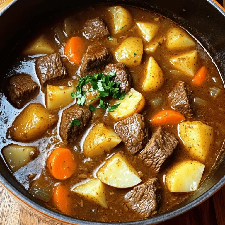 Für einen leckeren Rindfleischeintopf benötigst du einige wichtige Zutaten. Diese sind: - 680 g Rindfleisch (Schulter), in 2,5 cm große Würfel geschnitten - 960 ml Rinderbrühe - 2 große Karotten, in Scheiben geschnitten - 2 mittlere Kartoffeln, gewürfelt - 1 große Zwiebel, grob gehackt - 3 Knoblauchzehen, fein gehackt - 2 Esslöffel Tomatenmark Diese Zutaten sind die Basis für einen herzhaften Geschmack. Das Rindfleisch gibt die Tiefe, während die Karotten und Kartoffeln für die Süße sorgen. Die richtige Würze macht den Eintopf besonders. Hier sind die Gewürze, die du brauchst: - 1 Teelöffel getrockneter Thymian - 1 Teelöffel Paprika (geräuchert oder süß, nach Wahl) - 2 Lorbeerblätter - Salz und Pfeffer nach Geschmack Die Gewürze geben deinem Eintopf einen tollen Duft und Geschmack. Thymian und Paprika harmonieren perfekt mit dem Rindfleisch. Um den Eintopf gut zuzubereiten, empfehle ich folgendes Zubehör: - Ein großer Topf oder Schmortopf - Ein Holzlöffel zum Rühren - Ein scharfes Messer zum Schneiden Mit diesem Zubehör bereitest du die Zutaten einfach und schnell vor. Es macht das Kochen noch leichter. Für die vollständige Anleitung und Zubereitung, schau dir das [Full Recipe] an. Zuerst wählst du gutes Rindfleisch. Ich empfehle Schulter, da es zart und saftig wird. Schneide das Fleisch in 2,5 cm große Würfel. Das sorgt für eine gleichmäßige Garzeit. Würze die Stücke mit Salz und Pfeffer. Das hilft, den Geschmack zu intensivieren. Erhitze 2 Esslöffel Olivenöl in einem großen Topf. Das Öl sollte heiß sein, um das Fleisch gut anzubraten. Brate die Rindfleischwürfel in Chargen an. Jedes Stück sollte etwa 5-7 Minuten braten, bis es goldbraun ist. Nimm das Fleisch dann aus dem Topf. In demselben Topf kommen nun die gehackte Zwiebel und der Knoblauch. Die Zwiebel wird weich und aromatisch in etwa 3-5 Minuten. Rühre dann 2 Esslöffel Tomatenmark, 1 Teelöffel getrockneten Thymian und 1 Teelöffel Paprika ein. Lass es eine Minute kochen, damit sich die Aromen entfalten. Jetzt gibst du das angebratene Rindfleisch zurück in den Topf. Füge die Karotten, Kartoffeln und Lorbeerblätter hinzu. Gieße 960 ml Rinderbrühe hinein und bringe alles zum Kochen. Sobald es kocht, reduziere die Hitze und decke den Topf ab. Lass den Eintopf für 1,5 bis 2 Stunden köcheln. Rühre gelegentlich um, damit nichts anbrennt. Am Ende musst du die Lorbeerblätter entfernen. Probiere den Eintopf und passe die Würze mit Salz und Pfeffer an. Garniere mit frischer Petersilie. So sieht der Eintopf nicht nur gut aus, er schmeckt auch besser. Für mehr Details, schaue dir das [Full Recipe] an. Ein häufiger Fehler ist, das Rindfleisch nicht richtig anzubraten. Brate es in Chargen an. So wird es gleichmäßig braun. Ein weiterer Fehler ist, nicht genug Flüssigkeit zu nutzen. Achte darauf, die Rinderbrühe vollständig hinzuzufügen. Schmecke den Eintopf erst zum Schluss ab. So kannst du die Aromen besser kontrollieren. Um den Geschmack zu intensivieren, füge etwas Rotwein hinzu. Ein Schuss Essig kann die Aromen ebenfalls verstärken. Nutze frische Kräuter wie Thymian oder Rosmarin, um das Aroma zu heben. Du kannst auch geräuchertes Paprika verwenden, um eine rauchige Note zu erzielen. Die Kochzeit kann variieren. Bei zärtlichem Fleisch koche den Eintopf länger. Überprüfe das Fleisch nach 1,5 Stunden. Es sollte weich sein. Wenn du weniger Zeit hast, erhöhe die Hitze leicht. Achte dabei auf die Flüssigkeit, damit nichts anbrennt. Die richtige Kochzeit macht den Unterschied für einen perfekten Eintopf. {{image_4}} Wenn Sie eine vegetarische Variante des Rindfleischeintopfs möchten, sind viele Optionen verfügbar. Sie können Rindfleisch durch Pilze, Tofu oder Seitan ersetzen. Diese Zutaten geben dem Eintopf eine schöne Textur und Geschmack. Verwenden Sie Gemüsebrühe, um den Eintopf noch reichhaltiger zu machen. Fügen Sie auch Bohnen oder Linsen hinzu, um die Proteinquelle zu erhöhen. Diese Alternativen sind gesund und lecker. Um Ihren Eintopf noch bunter zu gestalten, fügen Sie weitere Gemüsesorten hinzu. Erbsen, Sellerie oder Kürbis sind tolle Ergänzungen. Sie bringen Farbe und Nährstoffe in den Eintopf. Auch grüne Bohnen oder Paprika können eine schöne Abwechslung bieten. Experimentieren Sie mit verschiedenen Kombinationen, um Ihren perfekten Eintopf zu finden. Die Gewürze machen den Eintopf besonders. Neben Thymian und Paprika können Sie auch Rosmarin oder Kümmel verwenden. Sie geben dem Gericht einen einzigartigen Geschmack. Auch eine Prise Cayennepfeffer kann für etwas Schärfe sorgen. Probieren Sie verschiedene Kombinationen aus, um Ihre persönliche Note zu finden. Das macht das Kochen noch spannender. Für das vollständige Rezept besuchen Sie [Full Recipe]. Um deinen Rindfleischeintopf frisch zu halten, lass ihn zuerst abkühlen. Gib den Eintopf dann in einen luftdichten Behälter. Er bleibt im Kühlschrank etwa drei bis vier Tage frisch. Wenn du ihn länger aufbewahren möchtest, friere ihn ein. Verwende gefriergeeignete Behälter oder Beutel. So bleibt er bis zu drei Monate haltbar. Beim Aufwärmen ist es wichtig, die richtige Methode zu wählen. Du kannst den Eintopf in einem Topf auf dem Herd erwärmen. Füge etwas Wasser oder Brühe hinzu, um die Konsistenz zu verbessern. Alternativ kannst du die Mikrowelle nutzen. Stelle sicher, dass der Eintopf gleichmäßig heiß wird. Rühre ihn dabei um, um heiße Stellen zu vermeiden. Die Haltbarkeit des Rindfleischeintopfs hängt von der Lagerung ab. Im Kühlschrank hält er sich drei bis vier Tage. Im Gefrierschrank kann er bis zu drei Monate bleiben. Achte darauf, vor dem Essen auf Geruch und Aussehen zu prüfen. Wenn etwas seltsam aussieht oder riecht, wirf es weg. Sicherheit geht vor! Ein Rindfleischeintopf braucht etwa 1,5 bis 2 Stunden zum Kochen. Diese Zeit ist wichtig. So wird das Fleisch schön zart. Du kochst bei niedriger Hitze, damit die Aromen gut durchziehen. Wenn du es eilig hast, kannst du den Eintopf auch im Schnellkochtopf zubereiten. Dort dauert es nur etwa 30 bis 40 Minuten. Ja, du kannst das Rezept für mehr Portionen anpassen. Verdopple einfach die Mengen der Zutaten. Achte darauf, dass der Topf groß genug ist. Wenn du mehr Brühe brauchst, füge einfach etwas mehr Rinderbrühe hinzu. Die Kochzeit bleibt meist gleich. Probiere den Eintopf und passe die Gewürze nach deinem Geschmack an. Um Rindfleisch zart zu machen, gibt es einige Tricks. Brate das Fleisch zuerst scharf an. Das gibt Geschmack und hilft, das Fleisch saftig zu halten. Lasse es dann langsam köcheln. Mit niedriger Hitze wird das Fleisch weich. Du kannst auch etwas Säure wie Rotwein oder Essig hinzufügen. Das hilft ebenfalls, das Fleisch zart zu machen. Für die besten Ergebnisse folge dem Full Recipe. Zusammenfassend haben wir die wichtigsten Zutaten für einen Rindfleischeintopf gezeigt. Wir haben die Schritt-für-Schritt-Anleitung behandelt und Ihnen Tipps gegeben, um Fehler zu vermeiden. Variationen ermöglichen es Ihnen, kreativ zu sein und den Eintopf anzupassen. Außerdem haben wir besprochen, wie Sie ihn richtig aufbewahren. Kochen kann Spaß machen und leicht sein. Probieren Sie verschiedene Ideen aus, um Ihren perfekten Eintopf zu finden. Kochen ist eine tolle Art, Geschmack und Freude zu teilen. Viel Spaß beim Ausprobieren!