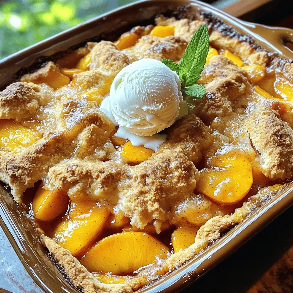Für den ultimativen Pfirsich-Cobbler benötigst du frische, saftige Zutaten. Hier sind die Hauptzutaten: - 4 große reife Pfirsiche, geschält und in Scheiben geschnitten - 1 Tasse granulierten Zucker, aufgeteilt - 1 Esslöffel Zitronensaft - 1 Teelöffel Vanilleextrakt - 1 Tasse Weizenmehl (all-purpose flour) - 1 Esslöffel Backpulver - 1/2 Teelöffel Salz - 1 Tasse Milch - 1/2 Tasse ungesalzene Butter, geschmolzen - 1 Teelöffel gemahlener Zimt - 1/2 Teelöffel Muskatnuss - 1 Tasse brauner Zucker - 1/4 Tasse Wasser Diese Zutaten schaffen die perfekte Basis für einen köstlichen Cobbler. Du brauchst einige Küchenutensilien, um deinen Cobbler zuzubereiten. Hier ist eine Liste: - Eine große Schüssel zum Mischen - Eine separate Schüssel für den Teig - Ein Messbecher für die Flüssigkeiten - Ein Esslöffel und ein Teelöffel zum Abmessen - Ein Schneebesen oder Löffel zum Rühren - Eine gefettete Auflaufform (ca. 23x33 cm oder 9x13 Zoll) - Ein Ofen, um den Cobbler zu backen Mit diesen Utensilien bist du gut ausgestattet. Die Auswahl der besten Pfirsiche macht einen großen Unterschied. Hier sind meine Tipps: - Wähle reife Pfirsiche, die leicht nachgeben, wenn du sie drückst. - Achte auf eine schöne, gleichmäßige Farbe ohne grüne Stellen. - Der Duft sollte süß und aromatisch sein. - Verwende frische Pfirsiche, wenn möglich. Sie haben den besten Geschmack. Mit diesen Tipps findest du die besten Pfirsiche für deinen Cobbler. Wenn du mehr über die Zubereitung erfahren möchtest, schaue dir das Full Recipe an. Beginne mit den Pfirsichen. Du brauchst vier große, reife Pfirsiche. Schäle sie und schneide sie in dünne Scheiben. Das macht die Pfirsiche süßer und zarter. In einer großen Schüssel mische die Pfirsiche mit 1/2 Tasse Zucker, einem Esslöffel Zitronensaft und einem Teelöffel Vanilleextrakt. Rühre vorsichtig um. Lass die Mischung fünf bis zehn Minuten stehen. Dadurch ziehen die Aromen gut ein. Jetzt ist es Zeit für den Teig. Nimm eine separate Schüssel. Vermische dort eine Tasse Weizenmehl, einen Esslöffel Backpulver, 1/2 Teelöffel Salz, die verbleibenden 1/2 Tasse Zucker, einen Teelöffel Zimt und 1/2 Teelöffel Muskatnuss. Rühre alles gut um. Füge dann eine Tasse Milch hinzu. Rühre, bis der Teig glatt ist. Schließlich gieße die geschmolzene Butter hinein. Mische alles gut, bis es flüssig und gleichmäßig ist. Heize deinen Ofen auf 190°C vor. Fette eine Auflaufform gut ein und gieße den Teig hinein. Mische die Pfirsiche nicht mit dem Teig. Lege sie einfach oben drauf. Gieße die Pfirsichmischung gleichmäßig über den Teig. Das Fruchtwasser wird in den Teig eindringen. In einer kleinen Schüssel vermische 1 Tasse braunen Zucker mit 1/4 Tasse Wasser. Diese Mischung träufelst du über die Pfirsiche. Jetzt kommt der Spaß! Backe den Cobbler für 40 bis 45 Minuten. Er ist fertig, wenn er goldbraun ist und ein Zahnstocher sauber herauskommt. Lass ihn kurz abkühlen, bevor du ihn servierst. Für eine extra Leckerei serviere ihn warm mit Vanilleeis oder Schlagsahne. Schmeckt einfach himmlisch! Beim Backen eines Pfirsich-Cobblers gibt es einige häufige Fehler. Einer der größten Fehler ist, die Pfirsiche nicht richtig vorzubereiten. Achte darauf, die Pfirsiche zu schälen und in gleichmäßige Scheiben zu schneiden. So garen sie gleichmäßig. Ein weiterer Fehler ist, den Teig zu stark zu rühren. Halte es einfach und mische nur, bis alles verbunden ist. Wenn du den Teig zu lange rührst, wird er zäh. Um den perfekten Teig zu machen, beginne mit den trockenen Zutaten. Mische das Mehl, Backpulver, Salz und Zucker gut zusammen. Dies sorgt für eine gleichmäßige Verteilung. Füge dann die Milch hinzu, aber rühre nicht zu viel. Der Teig sollte klumpig sein. Die geschmolzene Butter wird zuletzt hinzugefügt. Diese gibt dem Teig einen leckeren Geschmack und eine schöne Textur. Serviere den Cobbler warm, direkt aus dem Ofen. Ein Klecks Schlagsahne oder eine Kugel Vanilleeis ist perfekt dazu. Die Kombination von warmem Cobbler und kaltem Eis ist himmlisch. Du kannst auch frische Minzblätter als Garnitur verwenden. Das gibt dem Dessert einen frischen Touch. Wenn du mehr über die Zubereitung erfahren möchtest, schaue dir das [Full Recipe] an. {{image_4}} Wenn Sie keine Pfirsiche haben, probieren Sie Äpfel oder Beeren. Äpfel bringen eine süß-säuerliche Note. Sie sind perfekt, wenn Sie eine herzhaftere Option suchen. Für Beeren, wie Himbeeren oder Heidelbeeren, verwenden Sie frische oder gefrorene. Sie machen das Dessert fruchtig und bunt. Mixen Sie verschiedene Früchte für einen tollen Geschmack. Für eine vegane Version können Sie Milch durch Pflanzenmilch ersetzen. Verwenden Sie auch pflanzliche Butter. Glutenfreie Mehle, wie Mandelmehl oder Reismehl, sind gute Alternativen. Achten Sie darauf, dass alle Zutaten glutenfrei sind. So genießen alle Ihr leckeres Dessert. Toppings machen den Cobbler noch besser. Servieren Sie ihn mit Vanilleeis oder Schlagsahne. Beide Optionen bringen eine cremige Textur. Fügen Sie Zimt oder Muskatnuss als zusätzlichen Geschmack hinzu. Frische Minze als Garnitur sorgt für eine schöne Präsentation. Diese kleinen Extras machen das Dessert besonders lecker. Lagern Sie den Pfirsich-Cobbler in einem luftdichten Behälter. Sie können eine Glas- oder Plastikschüssel verwenden. Stellen Sie sicher, dass der Cobbler vollständig abgekühlt ist, bevor Sie ihn abdecken. So bleibt die Textur weich und lecker. Wenn Sie keinen Behälter haben, wickeln Sie ihn in Frischhaltefolie. Um den Cobbler wieder warm zu machen, heizen Sie den Ofen auf 180°C vor. Legen Sie den Cobbler in eine Auflaufform und decken Sie ihn mit Aluminiumfolie ab. So wird er gleichmäßig warm, ohne zu trocken zu werden. Lassen Sie ihn etwa 15 bis 20 Minuten im Ofen. Sie können ihn auch in der Mikrowelle aufwärmen, aber dann dauert es nur 1 bis 2 Minuten. Im Kühlschrank hält der Pfirsich-Cobbler etwa 3 bis 5 Tage. Wenn Sie ihn länger aufbewahren möchten, können Sie ihn einfrieren. Wickeln Sie ihn gut ein und legen Sie ihn in einen gefrierfesten Behälter. So bleibt er bis zu 3 Monate frisch. Lassen Sie ihn vor dem Servieren im Kühlschrank auftauen. Die Zubereitung des ultimativen Pfirsich-Cobblers dauert etwa 15 Minuten. Das Backen dauert etwa 40 bis 45 Minuten. Insgesamt sollten Sie also rund eine Stunde einplanen. In dieser Zeit können Sie den köstlichen Duft von frisch gebackenem Cobbler genießen. Ja, gefrorene Pfirsiche sind eine gute Option. Sie sparen Zeit und sind oft ganzjährig verfügbar. Achten Sie darauf, die gefrorenen Pfirsiche vorher aufzutauen und gut abtropfen zu lassen. So bleibt der Cobbler nicht zu nass. Servieren Sie den Cobbler warm. Ein Klecks Schlagsahne oder eine Kugel Vanilleeis bringt den Geschmack perfekt zur Geltung. Garnieren Sie mit einem frischen Minzblatt für eine hübsche Präsentation. So wird Ihr Dessert zum echten Hingucker! Zusammenfassend haben wir die besten Zutaten und Schritte für einen perfekten Pfirsich-Cobbler besprochen. Ich habe dir auch Tipps gegeben, um häufige Fehler zu vermeiden. Variationen wie vegane Optionen und andere Früchte bieten dir kreative Möglichkeiten. Achte auf die richtige Lagerung und Wiedererwärmung für den besten Genuss. Der ultimative Pfirsich-Cobbler wird immer ein Hit sein. Probier die Rezepte aus und genieße die Leckereien, die du selbst gemacht hast!