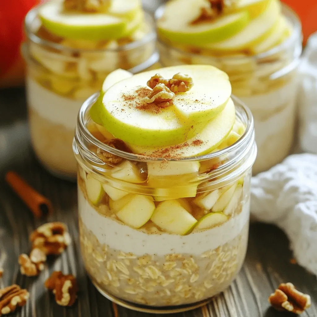 Hier sind die Zutaten, die du für die Apfel-Zimt Über Nacht Haferflocken benötigst: - 1 Tasse Haferflocken (zarte oder grobe) - 1 ½ Tassen Mandelmilch (oder Milch deiner Wahl) - 1 mittelgroßer Apfel, gewürfelt - 1 Teelöffel gemahlener Zimt - 2 Esslöffel Ahornsirup - 1 Esslöffel Chiasamen - ¼ Tasse griechischer Joghurt (optional) - ¼ Tasse Nüsse (Walnüsse oder Pekannüsse), grob gehackt - Eine Prise Salz - Appfelscheiben und eine Prise Zimt zur Dekoration Die Auswahl der Zutaten ist wichtig, um den besten Geschmack zu erzielen. Die Haferflocken geben dir eine gute Basis. Mandelmilch macht die Mischung cremig. Äpfel und Zimt bringen den typischen Geschmack. Ahornsirup fügt eine süße Note hinzu, die den Zimt und die Äpfel ergänzt. Chiasamen helfen, die Konsistenz zu verbessern und sind gesund. Wenn du mehr Cremigkeit magst, füge griechischen Joghurt hinzu. Nüsse geben einen tollen Crunch. Eine Prise Salz hebt die Aromen hervor und bringt alles zusammen. Du kannst auch die Äpfel mit Zimt dekorieren, um dein Frühstück hübsch zu machen. Für das vollständige Rezept, schau dir die Apfel-Zimt Über Nacht Haferflocken an. Es ist einfach, lecker und perfekt für ein schnelles Frühstück! Mische die Haferflocken, Mandelmilch, Chiasamen, Zimt, Ahornsirup und Salz. Achte darauf, alles gründlich zu vermengen. Die richtige Mischung ist wichtig für den Geschmack. Ich empfehle, eine große Schüssel zu verwenden. So hast du genug Platz, um alles gut zu vermischen. Vorsichtig die gewürfelten Äpfel unterheben. Das gibt eine frische Note. Wenn du magst, kannst du auch griechischen Joghurt einrühren. Dadurch wird die Mischung noch cremiger und leckerer. Ich liebe es, wenn die Äpfel gleichmäßig verteilt sind. So hast du in jedem Bissen etwas von ihrem guten Geschmack. Teile die Mischung gleichmäßig in Schraubgläser oder Behälter auf. Achte darauf, dass die Gläser gut verschlossen sind. Stelle die Haferflocken über Nacht in den Kühlschrank. So zieht alles gut durch und die Aromen verbinden sich. Wenn du keine Zeit hast, lass sie mindestens 4 Stunden kühlen. Am Morgen sind sie bereit zum Genießen! Für das vollständige Rezept schaue bitte hier: [Full Recipe]. Um die perfekte Konsistenz für deine Overnight Oats zu erzielen, benutze etwas mehr Mandelmilch. Dies hilft, die Mischung leicht und cremig zu halten. Achte darauf, alle Zutaten gut zu vermischen. So nehmen die Haferflocken die Flüssigkeit optimal auf. Für eine schöne Präsentation empfehle ich, klare Gläser zu nutzen. Diese zeigen die schönen Schichten deiner Mischung. Du kannst die Oats auch mit frischen Apfelscheiben und einer Prise Zimt garnieren. So wirken sie noch appetitlicher. Die Menge an Ahornsirup kannst du nach deinem Geschmack anpassen. Wenn du weniger Süße magst, verwende weniger. Alternativen wie Honig oder Agavendicksaft sind ebenfalls toll. Sie geben einen anderen, aber leckeren Geschmack. {{image_4}} Du kannst mit vielen Früchten spielen. Birnen passen gut und bringen eine süße Note. Bananen geben ein cremiges Gefühl und zusätzliche Süße. Beeren wie Heidelbeeren oder Himbeeren fügen Frische hinzu. Achte darauf, saisonale Früchte zu verwenden. Im Sommer sind Pfirsiche oder Nektarinen lecker. Im Herbst kannst du Birnen und Äpfel kombinieren. Das macht deine Overnight Oats bunt und gesund. Wenn du mehr Protein möchtest, füge griechischen Joghurt hinzu. Das macht deine Oats cremiger und sättigender. Eine weitere Möglichkeit ist, Proteinpulver einzurühren. Wähle dein Lieblingspulver und mische es gut unter. So hast du ein kraftvolles Frühstück, das dir Energie gibt. Das ist besonders wichtig, wenn du viel vorhast. Wenn du pflanzlich leben möchtest, gibt es viele Optionen. Verwende Joghurt auf pflanzlicher Basis. Es gibt tolle Sorten aus Kokosnuss oder Soja. Auch bei der Milch kannst du variieren. Mandelmilch, Hafermilch oder Cashewmilch sind gute Alternativen. Diese Optionen sind lecker und gesund. Sie passen perfekt zu deinem Rezept. Du findest das vollständige Rezept für die Apfel-Zimt Über Nacht Haferflocken im Artikel. Die Overnight Oats sind bis zu fünf Tage im Kühlschrank haltbar. Ich empfehle, sie in luftdichten Behältern zu lagern. So bleiben sie frisch und lecker. Beschrifte die Behälter mit dem Datum, um die Haltbarkeit im Blick zu behalten. So vergisst du nicht, sie rechtzeitig zu genießen. Du kannst die Overnight Oats am Sonntagabend vorbereiten. Teile die Mischung gleichmäßig in Portionen auf. Das macht dein Frühstück schnell und einfach. Verwende kleine Gläser oder Behälter mit Deckel. So hast du die perfekte Portion für jeden Morgen. Wenn du eine größere Menge zubereitest, kannst du die Mischung auch einfrieren. Achte darauf, die Mischung in gefriergeeigneten Behältern zu lagern. So bleibt die Konsistenz beim Auftauen gut. Zum Essen einfach die Portion über Nacht in den Kühlschrank stellen. Am nächsten Morgen sind sie bereit zum Genießen. Die Overnight Oats halten sich bis zu fünf Tage im Kühlschrank. Lagere sie in einem luftdichten Behälter. So bleiben sie frisch und lecker. Achte darauf, dass die Zutaten gut gemischt sind. Wenn du frisches Obst hinzufügst, esse es am besten innerhalb von zwei Tagen. So vermeidest du matschige Texturen. Ja, du kannst die Overnight Oats warm genießen. Erwärme sie einfach in der Mikrowelle für 30 Sekunden. Rühre danach gut um und überprüfe die Temperatur. Wenn du magst, füge etwas mehr Milch hinzu. So wird die Mischung schön cremig. Warm serviert, ist es wie ein Frühstücksbrei. Du kannst viele Milchalternativen nutzen. Mandelmilch ist beliebt, aber auch Hafermilch oder Kokosmilch sind lecker. Tierische Milch, wie Kuhmilch oder Ziegenmilch, funktioniert ebenfalls. Denke daran, dass der Geschmack je nach Milchvariante leicht variiert. Probiere verschiedene Optionen aus, um deinen Favoriten zu finden. Ja, Overnight Oats sind sehr gesund. Haferflocken sind reich an Ballaststoffen und geben dir viel Energie. Äpfel fügen Vitamine und Antioxidantien hinzu. Chiasamen bringen gesunde Fette und Proteine mit. Diese Zutaten unterstützen deine Verdauung und halten dich lange satt. Ein tolles Frühstück für einen guten Start in den Tag. Um Zucker zu reduzieren, nutze weniger Ahornsirup oder lasse ihn weg. Stattdessen kannst du frisches Obst verwenden, um Süße zu erreichen. Banane oder Datteln sind gute Alternativen. Auch Zimt bringt natürlichen Geschmack hinzu. So bleibt dein Frühstück gesund und lecker. Du findest das vollständige Rezept für „Apfel-Zimt Über Nacht Haferflocken“ im Artikel. Dort sind alle Schritte und Zutaten aufgelistet. Die Übernacht-Haferflocken sind einfach zuzubereiten und nahrhaft. Wir haben die Zutaten, die Zubereitung und viele tolle Variationen behandelt. Du kannst sie für jeden Geschmack anpassen und im Kühlschrank gut aufbewahren. Denk daran, verschiedene Früchte und Süßungsmittel auszuprobieren. So wird dein Frühstück nie langweilig. Probiere es gleich aus und genieße gesunde, leckere und praktische Mahlzeiten.