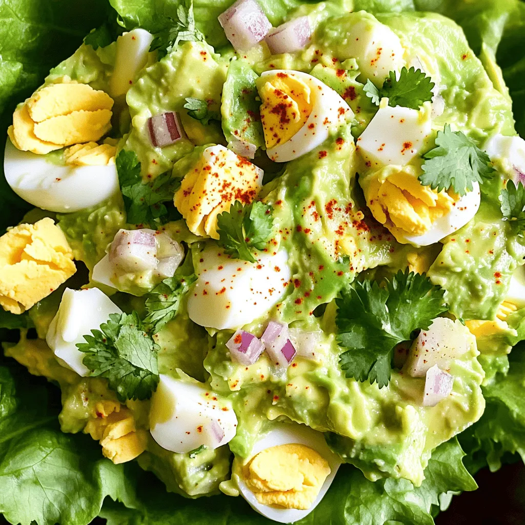 Für diesen leckeren Avocado-Ei-Salat brauchst du folgende Zutaten: - 4 große Eier, hartgekocht - 1 reife Avocado, geschält und entkernt - 2 Esslöffel griechischer Joghurt (oder Mayonnaise für einen reichhaltigeren Geschmack) - 1 Esslöffel Dijon-Senf - 1 Esslöffel Zitronensaft - 1/4 Tasse rote Zwiebel, fein gehackt - 1/4 Tasse frischer Koriander oder Dill, gehackt - Salz und Pfeffer nach Geschmack - Optional: eine Prise rote Pfefferflocken für Schärfe Wenn du keinen griechischen Joghurt magst, kannst du Mayonnaise verwenden. Sie gibt dem Salat einen reichhaltigen Geschmack. Dijon-Senf ist auch nicht die einzige Wahl. Einfacher Senf funktioniert gut, wenn du es milder magst. Die Zutaten in diesem Salat sind nicht nur lecker, sondern auch gesund. Eier liefern hochwertige Proteine und Vitamine. Avocados sind reich an gesunden Fetten, die gut für dein Herz sind. Rote Zwiebeln bieten Antioxidantien und helfen, das Immunsystem zu stärken. Hier sind einige Nährwertangaben für eine Portion (ungefähr 1/4 des Rezepts): - Kalorien: ca. 180 kcal - Fett: 12 g (davon gesunde Fette aus der Avocado) - Eiweiß: 8 g - Kohlenhydrate: 10 g Das macht diesen Salat zu einer nahrhaften Wahl, die dich lange satt hält. Um die Eier vorzubereiten, beginne mit dem Kochen. Lege die Eier in einen Topf mit kaltem Wasser. Schalte den Herd ein und bringe das Wasser zum Kochen. Wenn das Wasser kocht, decke den Topf ab und nimm ihn vom Herd. Lass die Eier 12 bis 14 Minuten ziehen. Danach lege die Eier in ein Eisbad. Dies hilft, die Eier schnell abzukühlen. Wenn sie kalt sind, schäle die Eier vorsichtig. Um die Schale leichter zu entfernen, klopfe die Eier leicht auf der Arbeitsfläche. Das macht das Schälen einfacher. Jetzt ist es Zeit, die Avocado zu zerdrücken. Nimm eine reife Avocado, schneide sie auf und entferne den Kern. Verwende eine Gabel, um das Fruchtfleisch in einer großen Schüssel zu zerdrücken. Achte darauf, dass die Avocado cremig, aber leicht stückig bleibt. Füge nun die gehackten hartgekochten Eier zur zerdrückten Avocado hinzu. Mische dann den griechischen Joghurt, Dijon-Senf und Zitronensaft unter die Mischung. Rühre alles gut um. Danach kommen die feingehackte rote Zwiebel und die frischen Kräuter dazu. Würze mit Salz, Pfeffer und optional mit roten Pfefferflocken. Mische alles vorsichtig, damit die Eier nicht zerdrückt werden. Für die Präsentation gibt es viele Ideen. Du kannst den Salat auf einem Bett aus frischen Salatblättern anrichten. Eine andere tolle Option ist, den Salat in einer halbierten Avocado zu servieren. Dies sieht nicht nur gut aus, sondern schmeckt auch frisch. Du kannst den Salat auch mit zusätzlichen Kräutern oder einer Prise Paprika garnieren. Das gibt dem Gericht mehr Farbe und Geschmack. Der Avocado-Ei-Salat passt gut zu einem leichtem Brot oder als Beilage zu Grillgerichten. Er ist einfach und lecker. Wenn du mehr über die Zubereitung erfahren möchtest, schau dir das Full Recipe an. Die Wahl der Avocado ist wichtig. Achte auf die Farbe und die Festigkeit. Eine reife Avocado hat eine dunkle, grüne Haut. Sie sollte sich leicht drücken lassen, aber nicht matschig sein. Wenn sie zu fest ist, lass sie bei Raumtemperatur reifen. Um die Reifung zu stoppen, lege die Avocado in den Kühlschrank. So bleibt sie frisch. Ein häufiger Fehler ist es, überreife Avocados zu verwenden. Diese haben oft braune Stellen und sind ungenießbar. Ein weiterer Fehler ist, die Avocado zu stark zu zerdrücken. Das macht den Salat breiig. Stattdessen sollte die Avocado cremig, aber leicht stückig sein. Achte darauf, die Eier nicht zu lange zu kochen. Sonst werden sie gummiartig. Halte dich an die Kochzeit für perfekte Ergebnisse. {{image_4}} Du kannst deinen Avocado-Ei-Salat ganz einfach aufpeppen. Füge Lachs hinzu, um mehr Geschmack und Protein zu bekommen. Feta-Käse ist eine weitere tolle Option. Er bringt eine salzige Note und passt gut zur Creme der Avocado. Auch saisonale Gemüsesorten sind eine großartige Wahl. Ersetze die rote Zwiebel durch frische Radieschen im Frühling oder füge im Sommer süße Kirschtomaten hinzu. Diese Variationen halten deinen Salat frisch und spannend. Wenn du vegan bist oder eine Glutenunverträglichkeit hast, gibt es einfache Anpassungen. Ersetze die Eier durch Kichererbsen für eine pflanzliche Proteinquelle. Für die cremige Textur kannst du Cashewcreme oder eine Avocado-Dip-Basis verwenden. Verwende glutenfreies Brot oder Salat, um deinen Salat zu servieren. Achte darauf, dass alle anderen Zutaten auch allergikerfreundlich sind. So kannst du sicherstellen, dass jeder deinen leckeren Salat genießen kann. Um den Avocado-Ei-Salat frisch zu halten, bewahre ihn in einem luftdichten Behälter auf. Stelle sicher, dass der Behälter gut verschlossen ist. So bleibt der Geschmack erhalten. Der Salat hält sich im Kühlschrank etwa 2 bis 3 Tage. Nach dieser Zeit kann die Avocado braun werden. Das ist normal, aber der Geschmack kann leiden. Wenn du eine schöne grüne Farbe möchtest, füge etwas Zitronensaft hinzu. Wenn du den Salat länger aufbewahren möchtest, kannst du ihn auch einfrieren. Fülle den Salat in einen gefrierfesten Behälter. Lass etwas Platz für die Ausdehnung. Nach dem Auftauen kann die Konsistenz etwas anders sein. Die Avocado kann matschig werden. Du kannst den Salat nach dem Auftauen mit frischen Kräutern oder Gewürzen aufpeppen. So schmeckt er wieder frisch. Für das vollständige Rezept, schau dir den Abschnitt "Full Recipe" an. Avocado-Ei-Salat bleibt im Kühlschrank etwa 2 bis 3 Tage frisch. Die Zutaten sind leicht verderblich, besonders die Avocado. Um die Haltbarkeit zu verlängern, bewahre den Salat in einem luftdichten Behälter auf. Vermeide, ihn mit dem Löffel direkt aus dem Behälter zu entnehmen. So bleibt die Oberfläche unberührt. Ja, du kannst den Avocado-Ei-Salat im Voraus zubereiten. Mache ihn einen Tag vorher für eine Feier oder ein Picknick. Lagere ihn gut im Kühlschrank. Achte jedoch darauf, die Avocado erst kurz vor dem Servieren hinzuzufügen. So bleibt die Farbe frisch und der Geschmack lebendig. Ja, dieser Salat ist gesund. Die Hauptzutaten sind nährstoffreich. Eier liefern Protein und Vitamine. Avocados sind reich an gesunden Fetten und Ballaststoffen. Sie fördern die Herzgesundheit und die Verdauung. Joghurt bringt Probiotika ins Spiel, die gut für den Bauch sind. Insgesamt ist dieser Salat eine nahrhafte Wahl. Du kannst den Avocado-Ei-Salat einfach würzen. Verwende Salz und Pfeffer nach Geschmack. Für mehr Geschmack füge frische Kräuter wie Koriander oder Dill hinzu. Ein Spritzer Zitronensaft bringt Frische. Für etwas Schärfe, probiere eine Prise rote Pfefferflocken. Experimentiere mit deinen Lieblingsgewürzen. So machst du den Salat ganz nach deinem Geschmack. Der Avocado-Ei-Salat ist einfach und sehr lecker. Wir haben die Hauptzutaten, Nährstoffe und die Zubereitung besprochen. Sie wissen jetzt, wie man Eier kocht und Avocados mischt. Denken Sie an die Tipps zur Auswahl reifer Avocados. Vermeiden Sie gängige Fehler, um den perfekten Salat zu machen. Variieren Sie mit zusätzlichen Zutaten für Abwechslung. Ob im Kühlschrank oder eingefroren, dieser Salat bleibt frisch. Genießen Sie diesen Salat allein oder als Beilage!