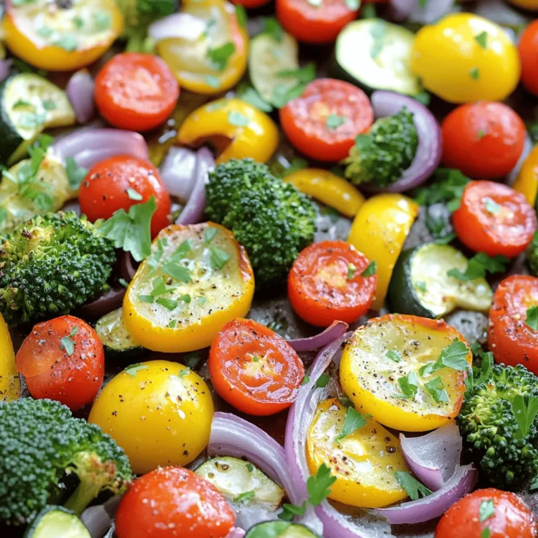- 1 Tasse Kirschtomaten, halbiert - 1 Paprika (beliebige Farbe), in Stücke geschnitten - 1 mittelgroße Zucchini, in Scheiben geschnitten - 1 mittelgroße gelbe Zucchini, in Scheiben geschnitten - 1 rote Zwiebel, in Spalten geschnitten - 2 Tassen Brokkoliröschen Diese bunten Gemüse bringen viel Geschmack und Farbe auf den Tisch. Kirschtomaten sind süß und saftig. Paprika gibt es in vielen Farben. Zucchini ist zart und frisch. Die rote Zwiebel sorgt für eine milde Schärfe. Brokkoli ist knackig und gesund. - 3 Esslöffel Olivenöl - 2 Teelöffel Knoblauchpulver - 1 Teelöffel geräuchertes Paprikapulver - 1 Teelöffel getrockneter Oregano - Salz und Pfeffer nach Geschmack Olivenöl hilft, das Gemüse schön zu rösten. Knoblauchpulver bringt einen tollen Geschmack. Geräuchertes Paprikapulver gibt dem Gericht eine rauchige Note. Oregano passt gut zu Gemüse und bringt mediterrane Aromen. Salz und Pfeffer würzen alles perfekt. - Frische Petersilie zum Garnieren - Weitere Gewürzvariationen Frische Petersilie macht das Gericht schöner und frischer. Du kannst auch andere Gewürze ausprobieren. Experimentiere mit Thymian oder Kurkuma. So wird dein geröstetes Gemüse immer wieder neu und spannend. Für das komplette Rezept schau dir die vollständige Anleitung an. Heize deinen Ofen auf 220°C (425°F) vor. Dies sorgt für eine gute Röstung. Lege ein großes Backblech mit Backpapier aus. Das macht die Reinigung einfach und schnell. Nimm eine große Schüssel. Füge die Kirschtomaten, Paprika, Zucchini, gelbe Zucchini, rote Zwiebel und Brokkoli hinzu. Schneide das Gemüse in gleichmäßige Stücke. So garen sie gleichmäßig. Beträufle das Gemüse mit Olivenöl. Füge Knoblauchpulver, geräuchertes Paprikapulver, Oregano, Salz und Pfeffer hinzu. Mische alles gut durch. Das Gemüse soll gleichmäßig mit Öl und Gewürzen bedeckt sein. Verteile das Gemüse gleichmäßig auf dem Backblech. Achte darauf, dass die Stücke genügend Platz haben. Röste das Gemüse im Ofen für 20-25 Minuten. Wende das Gemüse nach der Hälfte der Zeit. So wird es gleichmäßig gar und schön knusprig. Wenn das Gemüse zart und leicht karamellisiert ist, ist es fertig. Lass es ein paar Minuten abkühlen, bevor du es servierst. Du kannst es mit frisch gehackter Petersilie garnieren. Für die vollständige Anleitung sieh dir das [Full Recipe] an. Um Gemüse gleichmäßig zu garen, schneide ich sie in gleich große Stücke. Wenn die Stücke unterschiedlich groß sind, garen sie nicht gleichmäßig. Achte darauf, dass sie etwa 2 bis 3 cm groß sind. So werden sie schön zart und lecker. Für knusprige Ergebnisse lege ich das Gemüse in einer einzigen Schicht auf das Blech. Wenn die Stücke übereinander liegen, dampfen sie statt zu rösten. Wende das Gemüse nach der Hälfte der Garzeit. So wird es von allen Seiten knusprig und goldbraun. Ich liebe es, mit Gewürzen zu experimentieren. Du kannst die Kräuter und Gewürze nach deinem Geschmack anpassen. Probiere frischen Thymian oder Rosmarin für einen anderen Geschmack. Auch Chili oder Zimt können interessante Akzente setzen. Bei meiner lebendigen Blechpfanne mit geröstetem Gemüse findest du viele Möglichkeiten. Schau dir das [Full Recipe] an und entdecke neue Ideen! {{image_4}} Eine einfache Möglichkeit, Ihr Gericht zu verbessern, ist die Ergänzung von Proteinen. Sie können Hühnchen, Tofu oder Kichererbsen hinzufügen. Hühnchen bringt einen vollen Geschmack. Tofu ist eine gute pflanzliche Wahl. Kichererbsen fügen einen nussigen Geschmack hinzu und sind nährstoffreich. Diese Proteine machen Ihre Mahlzeit sättigender. Nutzen Sie die Saisonalität der Zutaten. Jedes Jahr gibt es frisches Gemüse. Im Frühling sind Spargel und Erbsen lecker. Im Sommer finden Sie Tomaten und Zucchini. Im Herbst sind Kürbis und Rüben toll. Im Winter können Sie Wurzelgemüse wie Karotten und Sellerie wählen. So bleibt Ihr Gericht abwechslungsreich und spannend. Experimentieren Sie mit verschiedenen Geschmacksrichtungen. Asiatische Variationen können Sojasauce und Ingwer enthalten. Mediterrane Geschmäcker nutzen Oliven, Feta und Zitronen. Mexikanische Variationen können mit Chili und Limette gewürzt sein. Diese Kombinationen bringen neue Ideen in Ihre Blechpfanne. Nutzen Sie die Full Recipe als Grundlage für Ihre kreativen Variationen. Geröstetes Gemüse ist einfach zu lagern. Lassen Sie das Gemüse zuerst abkühlen. Dann legen Sie es in einen luftdichten Behälter. Im Kühlschrank bleibt es für drei bis fünf Tage frisch. Für längere Aufbewahrung können Sie das Gemüse einfrieren. Nutzen Sie gefriergeeignete Behälter oder Beutel. So bleibt der Geschmack auch nach dem Einfrieren erhalten. Das Wiedererwärmen kann einfach sein. Der Ofen ist die beste Wahl. Heizen Sie ihn auf 180°C vor. Legen Sie das Gemüse auf ein Backblech und erwärmen Sie es für 10 bis 15 Minuten. So bleibt es knusprig. Die Mikrowelle ist schneller, kann aber das Gemüse weich machen. Wenn Sie die Mikrowelle nutzen, stellen Sie die Leistung auf mittel. Erwärmen Sie das Gemüse in kurzen Intervallen. Geröstetes Gemüse bleibt frisch, wenn Sie es richtig lagern. Im Kühlschrank hält es sich drei bis fünf Tage. Gefrorenes Gemüse kann bis zu drei Monate haltbar sein. Achten Sie darauf, das Gemüse gut zu verpacken, um Gefrierbrand zu vermeiden. Überprüfen Sie regelmäßig das Gemüse. Wenn es schlecht riecht oder die Farbe ändert, entsorgen Sie es sofort. Die Zubereitung von geröstetem Gemüse dauert etwa 35 Minuten. Die Vorbereitung braucht 10 Minuten. Das Rösten im Ofen dauert 20 bis 25 Minuten. Achte darauf, das Gemüse nach der Hälfte der Zeit umzurühren. So wird es gleichmäßig gar und karamellisiert. Ja, gefrorenes Gemüse ist eine tolle Option! Es ist praktisch und oft bereits gewaschen und geschnitten. Achte darauf, das Gemüse vor dem Rösten gut abzutropfen. So wird es knusprig und nicht matschig. Du kannst auch die Garzeit leicht anpassen, da gefrorenes Gemüse länger braucht. Die besten Gemüse sind Kirschtomaten, Paprika, Zucchini und Brokkoli. Du kannst auch Karotten, Blumenkohl oder Spargel hinzufügen. Achte darauf, saisonales Gemüse zu wählen. Das sorgt für frischen Geschmack und mehr Nährstoffe. Ja, dieses Rezept ist vegan! Alle Zutaten sind pflanzlich. Verwende Olivenöl, Gemüse und Gewürze ohne tierische Produkte. Du kannst das Rezept einfach genießen, ohne dir Sorgen um tierische Inhaltsstoffe zu machen. Geröstetes Gemüse ist einfach und lecker. Wir brauchten Kirschtomaten, Paprika und Brokkoli. Mit Olivenöl und Gewürzen schmeckt es großartig. Die Anleitung zeigt, wie du alles vorbereitest und röstest. Du erhältst knusprige Ergebnisse, wenn du das Gemüse richtig schneidest. Experimentiere mit verschiedenen Gewürzen und saisonalem Gemüse. Lagere Reste im Kühlschrank oder Gefrierfach für später. Dieses Gericht ist vegan und passt zu jedem Essen. Mach es dir einfach und genieße die Vielfalt!