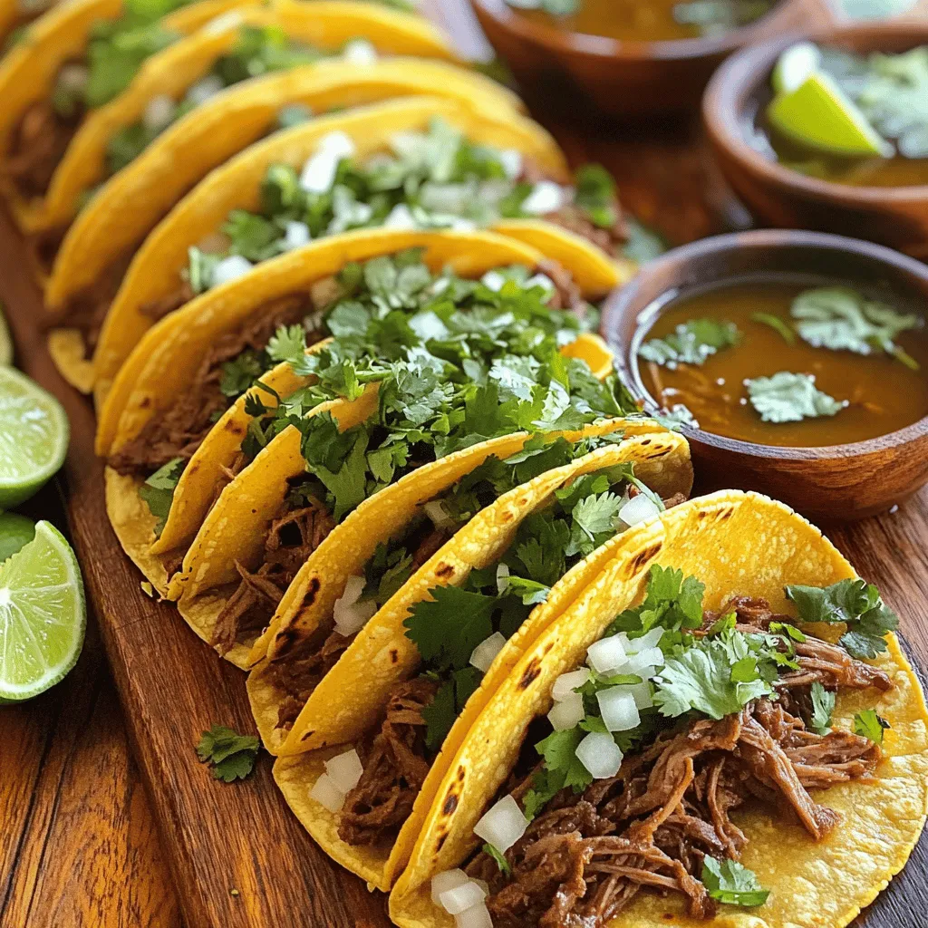 Für Birria Street Tacos brauchst du frische und hochwertige Zutaten. Hier sind die Hauptzutaten: - 900 g Rinderbrust (Chuck Roast), in Stücke geschnitten - 450 g Rinderkeule (Beef Shank) - 4 getrocknete Guajillo-Chilis, ohne Kerne und Stiele - 2 getrocknete Pasilla-Chilis, ohne Kerne und Stiele - 4 Knoblauchzehen, fein gehackt - 1 mittelgroße Zwiebel, gewürfelt - 1 Esslöffel Apfelessig - 1 Teelöffel Kreuzkümmel - 1 Teelöffel Oregano - 1/2 Teelöffel schwarzer Pfeffer - Salz nach Geschmack - 950 ml Rinderbrühe - 12 kleine Maistortillas Die Rinderbrust und Rinderkeule geben den Tacos den vollen Geschmack. Die getrockneten Chilis bringen die richtige Würze. Die Gewürze sind wichtig für den Geschmack. Hier sind die wesentlichen Gewürze: - Kreuzkümmel: Gibt einen warmen, erdigen Geschmack. - Oregano: Verleiht Frische und Tiefe. - Schwarzer Pfeffer: Fügt Schärfe hinzu. - Salz: Bringt alle Aromen zusammen. Die Kombination dieser Gewürze sorgt für ein tolles Geschmackserlebnis. Du kannst sie nach deinem Geschmack anpassen. Die Garnierungen machen die Tacos besonders lecker. Nutze diese Zutaten: - Gehackte Zwiebeln - Frischer Koriander - Limettenspalten Die gehackten Zwiebeln sorgen für Crunch. Der Koriander bringt Frische. Die Limettenspalten geben den Tacos einen spritzigen Kick. Diese einfachen Zutaten machen einen großen Unterschied. Für das vollständige Rezept schau dir die [Full Recipe] an. Zuerst rösten Sie die Guajillo- und Pasilla-Chilis. Nehmen Sie eine trockene Pfanne und erhitzen Sie sie bei mittlerer Hitze. Rösten Sie die Chilis für 1-2 Minuten, bis sie duften. Achten Sie darauf, dass sie nicht verbrennen. Danach geben Sie die Chilis in eine Schüssel. Bedecken Sie sie mit heißem Wasser und lassen Sie sie 20 Minuten einweichen. So werden sie weich und bereit für die Soße. Sobald die Chilis gut eingeweicht sind, lassen Sie sie abtropfen. Geben Sie die Chilis in einen Mixer. Fügen Sie Knoblauch, Zwiebel, Apfelessig, Kreuzkümmel, Oregano, schwarzen Pfeffer und Salz hinzu. Gießen Sie eine Tasse Rinderbrühe dazu. Pürieren Sie alles, bis die Mischung glatt ist. Diese Soße gibt den Tacos ihren tollen Geschmack. Erhitzen Sie Öl in einem großen Topf oder Bräter bei mittlerer bis hoher Hitze. Fügen Sie die Rinderbrust- und Rinderkeulenstücke hinzu. Braten Sie sie von allen Seiten an, bis sie goldbraun sind. Das dauert etwa 5-7 Minuten. Diese goldene Kruste ist wichtig für den Geschmack. - Zutaten kombinieren: Gießen Sie die pürierte Soße über das angebratene Fleisch. Fügen Sie die restliche Rinderbrühe hinzu. Bringen Sie alles zum Kochen. Reduzieren Sie die Hitze und decken Sie den Topf ab. Lassen Sie das Ganze 2 Stunden lang sanft köcheln. So wird das Fleisch zart und saftig. - Fleisch zerkleinern: Nehmen Sie das Fleisch nach dem Kochen aus dem Topf. Benutzen Sie zwei Gabeln, um das Fleisch zu zerkleinern. Geben Sie es zurück in den Topf, damit es die Aromen aufnehmen kann. - Tortillas erwärmen: Nehmen Sie eine andere Pfanne und erhitzen Sie die Maistortillas bei mittlerer Hitze. Machen Sie das einzeln, für etwa 30 Sekunden auf jeder Seite. So werden die Tortillas warm und biegsam. - Tacos zusammenstellen: Nehmen Sie eine warme Tortilla und fügen Sie das zerkleinerte Birria-Fleisch hinzu. Garnieren Sie sie mit gehackten Zwiebeln und Koriander. Für mehr Geschmack können Sie die Tacos in die Brühe dippen. - Servieren: Servieren Sie die Tacos mit Limettenspalten. Diese bringen einen frischen Kick. Genießen Sie Ihre Birria Street Tacos! In der [Full Recipe] finden Sie alle Schritte noch einmal zusammengefasst. Die Wahl der Chilis ist sehr wichtig. Guajillo- und Pasilla-Chilis sind ideal. Diese Chilis geben dem Gericht Tiefe und Wärme. Achte darauf, dass die Chilis frisch und nicht brüchig sind. Röste sie leicht in einer Pfanne, um die Aromen zu intensivieren. Der Röstprozess macht die Chilis weich und bringt ihre Süße hervor. Um zartes Fleisch zu bekommen, ist die Wahl des Cuts entscheidend. Rinderbrust und Rinderkeule sind perfekt. Diese Teile enthalten genug Fett, um das Fleisch saftig zu halten. Koche das Fleisch langsam bei niedriger Hitze. So wird das Bindegewebe weich und das Fleisch lässt sich leicht zerkleinern. Lass das Fleisch nach dem Kochen ruhen, bevor du es zerkleinerst. Die Präsentation macht viel aus. Serviere die Tacos auf einem Holzbrett oder einer Platter. Stelle kleine Schalen mit Brühe bereit, damit die Gäste dippen können. Garnieren mit frischen Zwiebeln, Koriander und Limettenspalten sorgt für zusätzlichen Geschmack. Für den letzten Schliff, erwärme die Tortillas vor dem Füllen. So bleiben sie weich und biegsam. Mehr Tipps findest du im Full Recipe. {{image_4}} Für eine vegetarische oder vegane Version der Birria-Tacos können wir einige einfache Anpassungen vornehmen. Statt Rindfleisch nutzen wir Jackfruit oder Pilze. Diese Zutaten haben eine ähnliche Textur und nehmen die Aromen gut auf. Achten Sie darauf, die Chilis und Gewürze wie im Originalrezept zu verwenden. So bleibt der Geschmack intensiv und köstlich. Wenn Sie glutenfrei essen möchten, verwenden Sie einfach glutenfreie Tortillas. Mais-Tortillas sind eine großartige Wahl. Sie sind weich und leicht und passen perfekt zu den Aromen der Birria. Achten Sie darauf, dass alle Gewürze und Brühen glutenfrei sind. So können Sie die Tacos ohne Sorgen genießen. Die Wahl der Tortillas kann das Geschmackserlebnis stark beeinflussen. Neben klassischen Maistortillas können auch Weizentortillas genutzt werden. Diese sind weicher und haben einen süßeren Geschmack. Experimentieren Sie mit verschiedenen Sorten, wie etwa Tortillas aus Süßkartoffeln oder Rote Bete, um Ihrem Gericht eine besondere Note zu verleihen. Das Ziel ist es, die Birria-Tacos an Ihren Geschmack und Ihre Bedürfnisse anzupassen. Weitere Informationen finden Sie im Full Recipe. Um Birria Street Tacos frisch zu halten, lagere die Reste in einem luftdichten Behälter. Achte darauf, das Fleisch und die Tortillas getrennt zu halten. Das verhindert, dass die Tortillas weich werden. Du kannst auch die Brühe in einem eigenen Behälter aufbewahren. So bleibt der Geschmack erhalten. Die Tacos halten sich im Kühlschrank etwa 3 bis 4 Tage. Wenn du die Tacos länger aufbewahren willst, friere sie besser ein. Im Gefrierfach bleiben sie bis zu 3 Monate frisch. Achte darauf, sie gut zu verpacken, damit sie keinen Frostgeschmack annehmen. Um die Reste aufzuwärmen, erhitze die Brühe in einem Topf bei mittlerer Hitze. Füge das zerkleinerte Fleisch hinzu, wenn die Brühe heiß ist. Lass es einige Minuten köcheln, bis es warm ist. Erwärme die Tortillas separat in einer Pfanne. So bleiben sie weich und lecker. Du kannst die Tacos auch in der Pfanne kurz anbraten, um sie knusprig zu machen. Die Zubereitung von Birria Street Tacos dauert insgesamt etwa 2 Stunden und 30 Minuten. Dies umfasst eine Vorbereitungszeit von 30 Minuten. Das Fleisch muss für 2 Stunden sanft köcheln, damit es zart wird. Diese Zeit ist wichtig für den Geschmack. Ja, Sie können Birria Street Tacos im Voraus zubereiten. Sie können das Fleisch und die Brühe einen Tag vorher zubereiten. Lagern Sie beides im Kühlschrank. Vor dem Servieren müssen Sie das Fleisch nur aufwärmen. So sparen Sie Zeit, wenn Gäste kommen. Die besten Birria Tacos finden Sie oft in kleinen Restaurants oder Food Trucks. - Vor- und Nachteile der verschiedenen Restaurants: - Restaurants: Sie bieten oft eine gemütliche Atmosphäre. Die Portionsgrößen sind meist groß. Der Nachteil ist, dass die Wartezeiten länger sein können. - Food Trucks: Diese sind oft schneller und bieten frische Tacos. Sie sind meist günstiger. Aber die Sitzmöglichkeiten sind oft begrenzt. - Besonders empfehlenswerte Food Trucks: - Suchen Sie nach Food Trucks, die auf Birria spezialisiert sind. Oft haben sie ein gutes Preis-Leistungs-Verhältnis und frische Zutaten. Fragen Sie nach den Tacos, die am beliebtesten sind. Hier finden Sie echte, leckere Aromen. Birria Street Tacos sind reich an Geschmack und ideal für jeden Anlass. Wir haben die Hauptzutaten, Gewürze und Garnierungen besprochen. Die Schritt-für-Schritt-Anleitung macht die Zubereitung leicht. Tipps und Tricks helfen dir, die besten Ergebnisse zu erzielen. Denk an Variationen für jeden Geschmack, auch für Vegetarier. Bewahre deine Tacos richtig auf, um ihren Geschmack zu genießen. Du kannst sie vorbereiten und speichern, sodass du immer leckere Tacos bereit hast. Starte jetzt und genieße das Kochen dieser köstlichen Tacos!