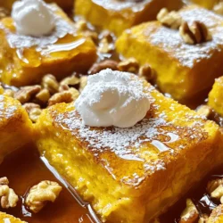 - 1 Laib altbackenes Brioche- oder Challahbrot - 1 Tasse Kürbispüree - 4 große Eier Für diesen Kürbisgewürz-Toastauflauf sind die Hauptzutaten einfach und lecker. Das alte Brot gibt dem Auflauf eine schöne Textur. Ich empfehle, das Brot in kleine Würfel zu schneiden. Das Kürbispüree bringt nicht nur Geschmack, sondern auch eine tolle Farbe. Die Eier sorgen dafür, dass alles gut zusammenhält. - 2 Tassen Milch - 1 Teelöffel Vanilleextrakt Milch ist wichtig für die cremige Basis. Du kannst Vollmilch oder Mandelmilch verwenden. Der Vanilleextrakt fügt einen süßen, warmen Geschmack hinzu. Zusammen machen diese flüssigen Zutaten den Auflauf besonders reichhaltig. - 1/2 Tasse brauner Zucker - 2 Teelöffel Kürbiskuchengewürz - 1/2 Teelöffel Zimt - 1/4 Teelöffel Salz Die Gewürze sind der Schlüssel zu diesem Rezept. Brauner Zucker sorgt für eine süße Karamellnote. Das Kürbiskuchengewürz bringt die typischen Aromen des Herbstes. Zimt und Salz runden den Geschmack ab. Diese Mischung verstärkt den Kürbisgeschmack und macht den Auflauf unwiderstehlich. Für das vollständige Rezept, schau dir bitte den Abschnitt "Full Recipe" an. Heize deinen Backofen auf 175°C vor. Dies stellt sicher, dass der Auflauf gleichmäßig gart. In einer großen Schüssel verquirle die Eiermilch-Zutaten. Du benötigst das Kürbispüree, die Eier, die Milch, den braunen Zucker, den Vanilleextrakt, das Kürbiskuchengewürz, den Zimt und das Salz. Rühre alles gut um, bis die Mischung glatt und cremig ist. Schneide das Brot in kleine Würfel. Füge die Brotwürfel zur Eiermilch hinzu und hebe sie vorsichtig unter. Stelle sicher, dass alle Stücke gut benetzt sind. Gieße die gesamte Mischung in die vorbereitete Auflaufform. Verteile das Brot gleichmäßig, damit jeder Bissen köstlich wird. Decke die Auflaufform mit Aluminiumfolie ab. Lass sie mindestens 30 Minuten ruhen, am besten über Nacht im Kühlschrank. So kann das Brot die Eiermilch gut aufnehmen. Entferne danach die Folie und backe den Auflauf für 30 bis 35 Minuten. Achte darauf, dass der Auflauf fest und goldbraun ist. Lass ihn vor dem Servieren ein paar Minuten abkühlen. So wird er perfekt zum Schneiden. Ich lade dich ein, das Rezept [Full Recipe] auszuprobieren und die herbstliche Köstlichkeit zu genießen! Wie lange das Brot einweichen? Lass das Brot mindestens 30 Minuten in der Eiermilch stehen. Am besten über Nacht. So saugt es die Mischung gut auf. Tipps zum Rühren der Mischung Rühre die Eiermilch langsam mit einem Schneebesen. Achte darauf, dass du die Brotwürfel nicht zerdrückst. Sie sollen ganz bleiben. Verwendung von frisch gemahlenen Gewürzen Nutze frisch gemahlenen Zimt oder Muskatnuss. Das gibt dem Auflauf einen tollen Geschmack. Ein wenig frischer Ingwer kann auch nicht schaden. Ergänzende Zutaten Füge ein paar getrocknete Cranberries oder Äpfel hinzu. Sie bringen noch mehr Süße und Frische in das Gericht. Präsentationstipps Serviere den Auflauf auf schönen Tellern. Streue etwas Puderzucker darüber. Ein Klecks Schlagsahne macht das Ganze perfekt. Serviervorschläge mit Ahornsirup Gieße warmen Ahornsirup großzügig über jeden Teller. Das harmoniert wunderbar mit dem Kürbisgeschmack. Probier es aus! {{image_4}} Für die Kürbisgewürz-Toastauflauf gibt es viele Anpassungen. Wenn du Milch vermeiden möchtest, nutze Mandelmilch oder Hafermilch. Diese Optionen sind leicht und geben einen tollen Geschmack. Für Leute mit Nussallergien kannst du die Walnüsse oder Pekannüsse weglassen. Stattdessen kannst du Sonnenblumenkerne verwenden. Sie fügen Knusprigkeit hinzu, ohne Allergien auszulösen. Du kannst die Gewürze nach deinem Geschmack anpassen. Mehr Zimt oder Muskatnuss gibt dem Auflauf einen stärkeren Geschmack. Wenn du es süßer magst, füge etwas mehr braunen Zucker hinzu. Eine weitere tolle Idee ist, Trockenfrüchte wie Rosinen oder Cranberries hinzuzufügen. Diese sorgen für einen fruchtigen Biss und Farbe im Gericht. Du kannst diesen Auflauf auch als Dessert servieren. Einfach mit etwas Schlagsahne oder einem Klecks Joghurt toppen. Das macht ihn besonders lecker. Wenn du ihn zum Frühstück servierst, denke an verschiedene Beilagen. Ahornsirup ist klassisch, aber frisches Obst oder Joghurts sind tolle Alternativen. Diese geben dem Gericht eine frische Note und machen es noch köstlicher. Für mehr Details sieh dir das [Full Recipe] an! Um den Kürbisgewürz-Toastauflauf frisch zu halten, solltest du ihn im Kühlschrank aufbewahren. Lege ihn in einen luftdichten Behälter. So bleibt er bis zu drei Tage lecker. Du kannst ihn auch in Stücke schneiden und in Frischhaltefolie wickeln. So hast du immer eine Portion griffbereit. Wenn du bereit bist, deinen Auflauf wieder zu genießen, gibt es einfache Methoden zum Aufwärmen. Heize deinen Ofen auf 175°C (350°F) vor. Lege die gewünschten Stücke auf ein Backblech. Decke sie mit Aluminiumfolie ab, damit sie nicht austrocknen. Backe sie für etwa 15-20 Minuten, bis sie warm sind. Du kannst auch die Mikrowelle nutzen. Erhitze die Stücke in der Mikrowelle für 30-60 Sekunden. Wenn du den Auflauf länger aufbewahren möchtest, kannst du ihn einfrieren. Lasse ihn zuerst vollständig abkühlen. Schneide dann den Auflauf in Portionen. Wickele jede Portion in Frischhaltefolie und lege sie in einen Gefrierbeutel. So bleibt der Geschmack bis zu zwei Monate erhalten. Zum Auftauen lege die Portionen über Nacht in den Kühlschrank. Danach kannst du sie wie oben beschrieben aufwärmen. Du kannst verschiedene Pürees nutzen, wenn du kein Kürbispüree hast. Süßkartoffelpüree ist eine großartige Wahl. Es hat einen ähnlichen Geschmack und eine schöne Textur. Auch Apfelmus kann funktionieren. Es bringt eine süße Note. Einige andere gute Optionen sind: - Zucchinipüree - Karottenpüree - Banane (aber das wird den Geschmack verändern) Jede dieser Alternativen wird den Auflauf lecker machen. Ja, das Rezept kann leicht vegan sein! Hier sind einige einfache Tipps für die Umstellung: - Verwende pflanzliche Milch, wie Mandel- oder Hafermilch. - Ersetze die Eier durch Leinsamen oder Chiasamen. Mische einen Esslöffel mit drei Esslöffeln Wasser für ein Ei. - Wähle einen pflanzlichen Zucker oder Sirup, um den braunen Zucker zu ersetzen. Mit diesen Änderungen bleibt der Geschmack großartig und du hast eine tolle vegane Option. Für eine perfekte Ergänzung servierst du den Auflauf mit frischem Obst. Äpfel oder Birnen sind ideal. Du kannst auch etwas Joghurt dazugeben. Ein Klecks Schlagsahne macht es noch festlicher. Hier sind ein paar weitere Ideen: - Gehackte Nüsse für den Crunch - Ein Spritzer Ahornsirup für die Süße - Ein Hauch von Zimt für extra Geschmack Diese Beilagen machen dein Frühstück noch leckerer! Durch das Rezept haben wir die wichtigsten Zutaten und Schritte zum perfekten Kürbisbrot behandelt. Du hast gelernt, wie du deine Mischung zubereitest und sie optimal backst. Die Tipps helfen dir, den Geschmack zu intensivieren und das Gericht an deine Vorlieben anzupassen. Egal, wie du es servierst, die Variationen und Aufbewahrungshinweise bieten viele Optionen. Am Ende hast du ein leckeres und vielseitiges Gericht, das sich gut lagern und aufwärmen lässt. Du kannst kreativ sein und das Rezept ganz nach deinem Geschmack anpassen.