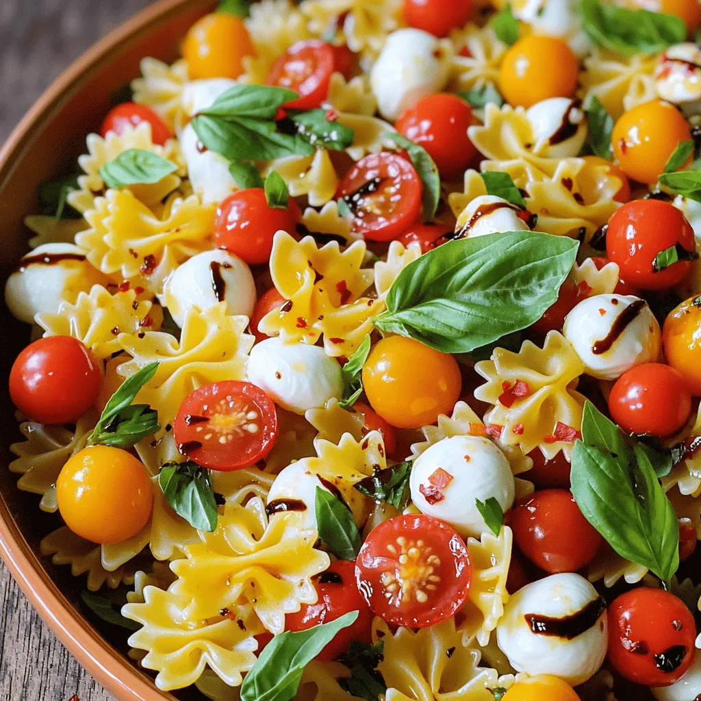Für einen leckeren Caprese Pasta Salad benötigst du diese Zutaten: - 225 g (ca. 2 Tassen) Farfalle oder Fusilli Pasta - 250 g Kirschtomaten, halbiert - 250 g Mini-Mozzarellakugeln (Bocconcini) - 1 Tasse frische Basilikumblätter, zerrissen - 3 Esslöffel natives Olivenöl extra - 1 Esslöffel Balsamico-Glasur - 1 Knoblauchzehe, fein gehackt - Salz und Pfeffer nach Geschmack - ¼ Teelöffel rote Chiliflocken (optional) Jede Zutat bringt gesunde Nährstoffe. Die Pasta liefert dir Kohlenhydrate für Energie. Kirschtomaten sind reich an Vitaminen und Antioxidantien. Mozzarella bietet Protein und Calcium. Basilikum hat entzündungshemmende Eigenschaften. Olivenöl ist gut für dein Herz. Knoblauch kann das Immunsystem stärken. So ist dieser Salat nicht nur lecker, sondern auch gesund! Manchmal hast du vielleicht nicht alle Zutaten. Hier sind einige Alternativen: - Statt Farfalle oder Fusilli kannst du auch Penne oder Spaghetti verwenden. - Wenn du keine Kirschtomaten hast, nimm normale Tomaten und schneide sie klein. - Für Mozzarella sind Feta oder Ziegenkäse gute Optionen. - Basilikum kannst du durch Petersilie oder Rucola ersetzen. - Verwende andere Essigsorten, wenn du keinen Balsamico hast. Apfelessig funktioniert gut. - Statt Chiliflocken kannst du frisch gehackte Chili verwenden, wenn du es schärfer magst. Mit diesen Zutaten und Alternativen wird dein Caprese Pasta Salad frisch und einfach zubereitet. Damit bist du gut gerüstet, um eine köstliche Mahlzeit zu zaubern! Beginne mit einem großen Topf. Fülle ihn mit Wasser und füge etwas Salz hinzu. Bring das Wasser zum Kochen. Gib die Pasta hinein und koche sie al dente. Das dauert meist etwa 8 bis 10 Minuten, je nach Sorte. Wenn die Pasta fertig ist, gieße sie in ein Sieb ab. Spüle sie sofort mit kaltem Wasser ab. So stoppst du den Garprozess. Lass die Pasta in der Schüssel etwas abkühlen. Für das Dressing nimm eine kleine Schüssel. Gib das Olivenöl und die Balsamico-Glasur hinein. Füge die fein gehackte Knoblauchzehe hinzu. Würze mit Salz und Pfeffer. Wenn du es schärfer magst, füge auch die roten Chiliflocken hinzu. Mische alles gut mit einem kleinen Schneebesen oder einer Gabel. Das Dressing muss gut vermischt sein, damit alle Aromen zusammenkommen. Jetzt ist es Zeit, die Salatzutaten zu kombinieren. Nimm die abgekühlte Pasta und gib sie in eine große Schüssel. Füge die halbierten Kirschtomaten und die Mini-Mozzarellakugeln hinzu. Zerrisse die frischen Basilikumblätter und streue sie darüber. Gieße das Dressing gleichmäßig über die Zutaten. Vermenge alles vorsichtig mit einem großen Löffel. Achte darauf, dass alle Zutaten gut mit dem Dressing bedeckt sind. Schmecke den Salat ab und passe die Gewürze nach deinem Geschmack an. Wenn du Zeit hast, lasse den Salat für 30 Minuten im Kühlschrank ruhen. So ziehen die Aromen besser ein. Serviere den Salat in einer großen Schüssel oder auf einem schönen Teller. Du kannst ihn auch in Einmachgläsern anrichten für ein Picknick! Um den Caprese Pasta Salad besonders aromatisch zu machen, nutzen Sie frische Zutaten. Wählen Sie reife Kirschtomaten, da sie süßer sind. Achten Sie auf qualitativ hochwertige Mozzarella-Kugeln. Diese sollten cremig und weich sein. Frisches Basilikum bringt einen tollen Duft. Reiben Sie etwas Zitronenschale darüber für extra Frische. Das Dressing ist wichtig. Verwenden Sie gutes Olivenöl und hochwertigen Balsamico. Ein wenig Knoblauch rundet den Geschmack ab. Ein häufiger Fehler ist, die Pasta zu lange zu kochen. Sie sollte al dente sein. Eine andere Falle ist die Verwendung von zu viel Dressing. Ein leichtes Ankleiden ist besser, um die Aromen zu betonen. Achten Sie darauf, die Zutaten gut zu vermengen, aber nicht zu zerdrücken. Lassen Sie den Salat nicht zu lange stehen, da die Tomaten Flüssigkeit abgeben. Kühlen Sie den Salat nur kurz, um die Aromen zu bewahren. Die Präsentation macht einen großen Unterschied. Servieren Sie den Salat in einer großen Schüssel. Fügen Sie einige ganze Basilikumblätter oben drauf hinzu. Ein Spritzer Balsamico-Glasur als Garnitur macht ihn noch schöner. Für ein Picknick können Sie den Salat in Einmachgläsern anrichten. Das sieht toll aus und ist praktisch. So bleibt er frisch und ist einfach zu transportieren. {{image_4}} Um Caprese Pasta Salad vegan zu machen, tauschen Sie die Mini-Mozzarellakugeln gegen pflanzliche Alternativen aus. Es gibt viele tolle vegane Käsesorten, die gut schmecken. Sie können auch Cashewkäse verwenden, um eine cremige Note zu erzielen. Achten Sie darauf, dass das Dressing ebenfalls vegan ist. Wählen Sie einen Balsamico ohne tierische Produkte. Um mehr Geschmack in den Salat zu bringen, können Sie einige zusätzliche Zutaten hinzufügen. Gegrillte Zucchini oder Paprika geben einen tollen Grillgeschmack. Oliven oder Artischockenherzen fügen eine salzige Note hinzu. Für einen scharfen Kick können Sie einige rote Zwiebeln oder Jalapeños hinzufügen. Diese Zutaten machen den Salat noch interessanter und abwechslungsreicher. Wenn Sie spezielle Ernährungsbedürfnisse haben, können Sie das Rezept anpassen. Für glutenfreie Optionen verwenden Sie glutenfreie Pasta. Wenn Sie auf Kohlenhydrate achten, probieren Sie Zucchini-Nudeln oder Blumenkohlreis. Diese Alternativen sind leicht und lecker. Achten Sie bei Allergien auf die Zutaten, besonders bei Nüssen oder Soja. Mit diesen Variationen bleibt der Caprese Pasta Salad frisch und spannend. Für das vollständige Rezept schauen Sie sich die [Full Recipe] an. Der Caprese Pasta Salad bleibt im Kühlschrank etwa 3 bis 5 Tage frisch. Das hängt jedoch von den Zutaten ab. Frische Tomaten und Basilikum verlieren schnell ihre Qualität. Wenn Sie den Salat länger aufbewahren, sind diese Zutaten weniger frisch. Lagern Sie den Salat in einem luftdichten Behälter. Dies hilft, Feuchtigkeit und Gerüche zu vermeiden. Stellen Sie sicher, dass er gut gekühlt ist, um die Frische zu bewahren. Vermeiden Sie direkte Sonneneinstrahlung oder Wärmequellen. Haben Sie Reste? Mischen Sie den Salat mit etwas frischem Olivenöl und Balsamico. So bleibt der Geschmack lebendig. Sie können auch die Reste in eine Wrap-Füllung verwandeln. Der Salat schmeckt auch gut auf einem Sandwich. Seien Sie kreativ! Du kannst den Caprese Pasta Salad bis zu zwei Tage im Voraus zubereiten. So bleibt der Geschmack frisch. Stelle sicher, dass du den Salat im Kühlschrank aufbewahrst. Die Aromen ziehen in dieser Zeit gut durch. Wenn du ihn vor dem Servieren kühlst, wird er noch besser. Einfrieren ist nicht die beste Idee. Der Salat enthält frische Zutaten wie Tomaten und Basilikum. Diese verlieren beim Einfrieren ihre Textur. Stattdessen empfehle ich, den Salat frisch zuzubereiten. So genießt du die beste Qualität und den besten Geschmack. Der Caprese Pasta Salad ist vielseitig. Er passt gut zu vielen Beilagen. Hier sind einige Vorschläge: - Gegrilltes Hähnchen - Pesto-Brot - Antipasti-Platte - Knoblauchbrot - Gegrilltes Gemüse Diese Optionen ergänzen den Salat perfekt und sorgen für ein tolles Essen. Du kannst auch einen leichten Dip oder eine Suppe dazu servieren. So wird dein Menü abwechslungsreich und lecker. Der Caprese Pasta Salad vereint frische Zutaten und einfachen Genuss. Wir haben die Hauptzutaten durchleuchtet und wertvolle Nährstoffe hervorgehoben. Zudem haben wir Ersatzstoffe empfohlen. Die Schritt-für-Schritt-Anleitung macht die Zubereitung leicht. Wir haben Tipps gegeben, um den Salat besonders lecker zu machen. Variationen ermöglichen Anpassungen für jeden Geschmack. Schließlich findest du wichtige Infos zur Lagerung. Nutze diese Hinweise, um deinen Salat erfolgreich zuzubereiten und frisch zu halten. Guten Appetit!