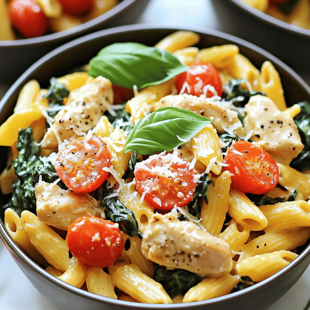 - 450 g Hähnchenbrustfilets - 225 g ungekochte Penne-Pasta - 240 ml Schlagsahne Die Hauptzutaten sind einfach und lecker. Die Hähnchenbrust macht das Gericht proteinreich. Die Penne-Pasta sorgt für eine tolle Textur. Die Schlagsahne fügt die Cremigkeit hinzu, die wir lieben. Du kannst auch mehr Sahne hinzufügen, wenn du es noch cremiger magst. - Salz und Pfeffer nach Geschmack - 1 Teelöffel italienische Kräuter - 4 Knoblauchzehen Gewürze sind der Schlüssel zu jedem Gericht. Salz und Pfeffer bringen den Geschmack hervor. Die italienischen Kräuter verleihen einen tollen Duft. Knoblauch gibt dem Gericht eine besondere Note. Frisch gehackter Knoblauch ist am besten. Er bringt mehr Aroma in die Sauce. - 150 g Kirschtomaten - 150 g frischer Spinat - Frisches Basilikum (optional) Frische Zutaten machen das Gericht lebendig. Kirschtomaten bringen Süße und Farbe. Spinat ist gesund und gibt eine schöne grüne Farbe. Frisches Basilikum ist eine tolle Garnitur. Es fügt einen frischen Geschmack hinzu und sieht schön aus. Diese Zutaten machen deine Pasta lebendig und lecker. Für das vollständige Rezept schaue dir die [Full Recipe] an. - Zuerst würze die Hähnchenbrustfilets mit Salz und Pfeffer. - Erhitze das Olivenöl in einem großen Topf bei mittlerer Hitze. - Brate die Hähnchenstücke 5-7 Minuten lang, bis sie goldbraun sind. - Nimm die Hähnchenstücke aus dem Topf und stelle sie beiseite. - Gib den fein gehackten Knoblauch und die italienischen Kräuter in den Topf. - Brate sie für etwa eine Minute an, bis sie duften. - Füge die Hühnerbrühe hinzu und bringe sie zum Kochen. - Gib die ungekochte Penne-Pasta in den Topf und rühre gut um. - Koche die Pasta etwa 10 Minuten lang, bis sie al dente ist. - Jetzt kommen die halbierten Kirschtomaten und der frische Spinat dazu. - Rühre die Schlagsahne und das Hähnchen unter die Pasta. - Streue den geriebenen Parmesan darüber und rühre gut um. - Lass alles 1-2 Minuten kochen, bis die Sauce cremig ist. Mit dieser Schritt-für-Schritt-Anleitung zauberst du schnell ein leckeres Gericht. Für die detaillierte Anleitung schaue dir das [Full Recipe] an. - Koche die Pasta al dente, sie sollte bissfest sein. - Rühre die Pasta häufig um. So klebt sie nicht zusammen. - Wähle eine Brühe, die viel Geschmack bringt. Hühnerbrühe ist ideal. - Verfeinere die Sauce mit zusätzlicher Sahne. Das macht sie reichhaltiger. - Lass den Parmesan schmelzen. So wird die Sauce schön cremig. - Garniere die Pasta mit frischem Basilikum. Das sieht toll aus. - Streue etwas Parmesan darüber, um das Gericht zu verfeinern. - Serviere die Pasta in flachen Schalen. So kommt die Farbe gut zur Geltung. Für das vollständige Rezept schaue dir die [Full Recipe] an. {{image_4}} Wenn du eine vegetarische Version machen möchtest, kannst du das Hähnchen durch Gemüse oder Tofu ersetzen. Das gibt dir viel Spielraum für Geschmack. Du kannst Zucchini, Paprika oder sogar Auberginen verwenden. Diese Gemüse geben deinem Gericht eine frische Note und passen gut zur cremigen Sauce. Wenn du Tofu verwendest, achte darauf, ihn gut zu würzen, damit er den vollen Geschmack aufnimmt. Für eine schärfere Variante kannst du ganz einfach Chiliflocken oder frische Chilis hinzufügen. Diese geben deinem Gericht einen tollen Kick. Du kannst auch scharfe Soßen verwenden, um den Geschmack zu intensivieren. Probiere es mit Sriracha oder einer anderen Lieblingssauce. Das bringt eine aufregende Schärfe und macht das Gericht noch interessanter. Die Wahl der Pasta kann ebenfalls einen großen Unterschied machen. Du kannst verschiedene Pastaarten verwenden, wie Fusilli oder Farfalle. Diese Formen halten die Sauce gut und sehen toll auf dem Teller aus. Wenn du Gluten meiden möchtest, gibt es auch glutenfreie Alternativen. Diese sind heutzutage in vielen Geschäften erhältlich und passen gut zu diesem Rezept. So kannst du das Gericht genießen, egal welche Diät du befolgst. - Kühlschrank: In einem luftdichten Behälter aufbewahren - Haltbarkeit: 3-4 Tage Ich empfehle, die Reste nach dem Essen schnell in den Kühlschrank zu stellen. So bleiben die Aromen frisch. Wenn du die Reste in einem luftdichten Behälter aufbewahrst, vermeidest du, dass die Pasta austrocknet. Die Pasta hält sich dann etwa 3 bis 4 Tage. - Mikrowelle oder Herd verwenden - Mit etwas Brühe oder Sahne auflockern vor dem Erwärmen Um die Reste wieder warm zu machen, kannst du die Mikrowelle oder den Herd nutzen. Ich finde, der Herd macht die Pasta leckerer. Füge etwas Brühe oder Sahne hinzu, um die Sauce wieder cremig zu machen. So bleibt der Geschmack fast wie frisch zubereitet. Die Zubereitungszeit beträgt nur 10 Minuten. Die gesamte Zeit für das Gericht ist 25 Minuten. So schnell hast du ein leckeres Essen auf dem Tisch. Ja, du kannst die Pasta im Voraus machen. Beachte jedoch, dass die Textur leiden kann. Die Pasta wird weicher und weniger knackig. Es ist am besten, sie frisch zu genießen. Ja, du kannst die Pasta portionsweise einfrieren. Achte darauf, die Reste gut zu verpacken. Die Konsistenz kann sich ändern, wenn du sie wieder aufwärmst. Sie wird vielleicht nicht so cremig sein wie frisch zubereitet. Diese Anleitung zeigt dir, wie du ein schmackhaftes Hähnchen-Pasta-Gericht zubereitest. Wir haben die Zutaten durchgegangen, die Zubereitung Schritt für Schritt erklärt und nützliche Tipps gegeben. Egal, ob du es vegetarisch oder schärfer magst, du kannst Variationen ausprobieren. Vergiss nicht, die Reste richtig zu lagern, damit du sie später genießen kannst. Der Prozess ist einfach und die Ergebnisse sind köstlich. Viel Spaß beim Kochen und guten Appetit!