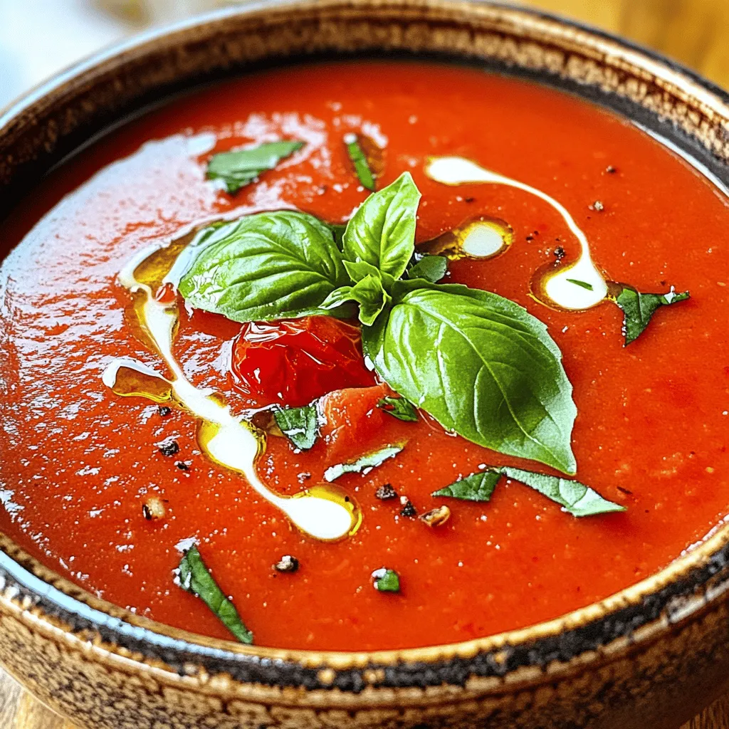 - 6 reife Rindersteaktomaten, geviertelt - 1 Kopf Knoblauch, Zehen getrennt und geschält - 1 große Zwiebel, gewürfelt - 3 Esslöffel Olivenöl - 2 Tassen Gemüsebrühe - 1 Teelöffel getrockneter Basilikum - 1 Teelöffel Zucker (optional, zur Regulierung der Säure) - Salz und Pfeffer nach Geschmack - Frische Basilikumblätter zur Garnitur - Sahne oder Joghurt (optional, zum Servieren) Die Wahl der richtigen Zutaten macht einen großen Unterschied. Frische Tomaten geben der Suppe Geschmack und Süße. Verwende reife Rindersteaktomaten, da sie saftig und aromatisch sind. Achte darauf, dass der Knoblauch fest ist und keine dunklen Flecken hat. Frischer Knoblauch sorgt für einen tollen Geschmack. Bei der Zwiebel, wähle eine große, die süß oder mild ist. Olivenöl sollte hochwertig sein, da es die Aromen hebt. Wenn du Tomaten kaufst, achte darauf, dass sie fest sind und einen starken Duft haben. Dies zeigt, dass sie reif sind. Drücke leicht auf die Tomaten; sie sollten etwas nachgeben, aber nicht zu weich sein. Für den Knoblauch, wähle Köpfe, die schwer sind und keine Schalenfehler haben. Wenn du die Knoblauchzehen schälst, achte darauf, dass sie nicht grün sind. Diese können bitter schmecken. So hast du die besten Zutaten für deine geröstete Knoblauch-Tomaten-Suppe. Du findest das Rezept in der Full Recipe. Heizen Sie Ihren Ofen auf 200 °C vor. Nehmen Sie die Tomaten und schneiden Sie sie in Viertel. Trennen Sie die Knoblauchzehen und schälen Sie diese. Legen Sie die Tomaten und den Knoblauch gleichmäßig auf ein Backblech. Beträufeln Sie die Mischung mit zwei Esslöffeln Olivenöl. Streuen Sie etwas Salz und Pfeffer darüber. Rösten Sie alles im Ofen für 25 bis 30 Minuten. Die Tomaten sollten weich und karamellisiert sein. Der Knoblauch wird zart und süß. Erhitzen Sie einen Esslöffel Olivenöl in einem großen Topf. Fügen Sie die gewürfelte Zwiebel hinzu. Sautieren Sie sie für 5 bis 7 Minuten, bis sie weich und durchsichtig ist. Geben Sie die gerösteten Tomaten und den Knoblauch in den Topf. Gießen Sie die Gemüsebrühe in den Topf. Rühren Sie getrockneten Basilikum und Zucker ein. Lassen Sie die Mischung 15 bis 20 Minuten köcheln. Pürieren Sie die Suppe mit einem Stabmixer, bis sie glatt ist. Schmecken Sie die Suppe mit Salz und Pfeffer ab. Jetzt ist die Suppe bereit zum Servieren. Genießen Sie das Wohlfühlessen! Für das vollständige Rezept besuchen Sie bitte [Full Recipe]. Um die Aromen in Ihrer Suppe zu verstärken, verwenden Sie frische Zutaten. Reife Tomaten bringen den besten Geschmack. Rösten Sie den Knoblauch gut, bis er weich und süß ist. Diese Röstaromen geben der Suppe Tiefe. Fügen Sie getrocknete Kräuter hinzu, um die Aromen zu intensivieren. Lassen Sie die Suppe nach dem Kochen einige Minuten ziehen. So verbinden sich die Geschmäcker besser. Die Konsistenz Ihrer Suppe hängt von Ihrem Geschmack ab. Für eine cremige Suppe pürieren Sie alles gut. Mögen Sie es stückig? Pürieren Sie nur teilweise. Wenn die Suppe zu dick ist, fügen Sie etwas Gemüsebrühe hinzu. Für mehr Cremigkeit können Sie Sahne oder Joghurt unterrühren. Achten Sie darauf, die Suppe gut abzuschmecken, bevor Sie sie servieren. Servieren Sie die Suppe heiß in tiefen Tellern. Garnieren Sie sie mit frischen Basilikumblättern. Ein Schuss Sahne oder Joghurt macht sie noch leckerer. Dazu passen knuspriges Brot oder ein leichter Salat. Diese Kombination macht das Gericht zu einem echten Wohlfühlessen. Probieren Sie auch, geröstete Kichererbsen als Topping zu verwenden. Sie geben einen schönen Crunch. {{image_4}} Diese Suppe ist von Natur aus glutenfrei und vegan. Sie brauchen keine speziellen Zutaten. Verwenden Sie einfach frisches Gemüse und Olivenöl. So bleibt die Suppe leicht und gesund. Wenn Sie eine noch reichhaltigere Textur wünschen, fügen Sie etwas Kokosmilch hinzu. Das gibt einen tollen Geschmack. Um den Geschmack zu intensivieren, fügen Sie geräucherte Paprika oder eine Prise Cayennepfeffer hinzu. Diese Gewürze bringen mehr Tiefe in die Suppe. Sie können auch frische Kräuter wie Oregano oder Thymian verwenden. Sie geben der Suppe einen neuen Twist. Auch geröstete rote Paprika oder Karotten sind gute Ergänzungen. Nutzen Sie saisonales Gemüse, um die Suppe anzupassen. Im Herbst passen Kürbiswürfel gut dazu. Im Sommer können Sie Zucchini oder Paprika hinzufügen. Diese Variationen halten die Suppe frisch und spannend. Experimentieren Sie mit verschiedenen Kräutern, um neue Geschmäcker zu entdecken. So wird jede Tasse zu einem neuen Erlebnis. Lagern Sie die Suppe in einem luftdichten Behälter. Stellen Sie sicher, dass der Behälter sauber ist. Kühlen Sie die Suppe schnell ab, bevor Sie sie in den Kühlschrank stellen. Dies hilft, Bakterien zu vermeiden. Die Suppe bleibt frisch für etwa 4 bis 5 Tage im Kühlschrank. Achten Sie darauf, sie gut abzudecken. Überprüfen Sie vor dem Essen immer den Geruch und die Farbe. Um die Suppe wieder aufzuwärmen, verwenden Sie einen Topf oder die Mikrowelle. Erhitzen Sie sie langsam, damit sie gleichmäßig warm wird. Wenn Sie die Suppe einfrieren möchten, füllen Sie sie in gefriergeeignete Beutel. Lassen Sie etwas Platz für die Ausdehnung. Die Suppe bleibt bis zu 3 Monate im Gefrierfach. Achten Sie darauf, sie im Kühlschrank über Nacht aufzutauen, bevor Sie sie wieder aufwärmen. Um die beste Suppe zu machen, rösten Sie frische Tomaten und Knoblauch. Das Rösten bringt den natürlichen Geschmack hervor. Verwenden Sie reife Rindersteaktomaten für den besten Geschmack. Nach dem Rösten, mischen Sie die Zutaten mit Zwiebeln und Brühe. Lassen Sie die Suppe köcheln, damit sich die Aromen verbinden. Pürieren Sie alles, um eine glatte Textur zu erhalten. Abschmecken und nach Belieben würzen. Für das gesamte Rezept schauen Sie bitte hier: [Full Recipe]. Ja, frische Kräuter sind eine tolle Ergänzung. Sie bringen mehr Geschmack und Frische. Basilikum passt besonders gut zur Suppe. Fügen Sie frische Blätter kurz vor dem Servieren hinzu. Sie können auch Petersilie oder Thymian ausprobieren. Diese Kräuter geben der Suppe eine neue Dimension. Zu dieser Suppe passen viele Beilagen. Ein knuspriges Baguette ist perfekt, um die Suppe aufzutunken. Auch ein einfacher gemischter Salat ist eine gute Wahl. Wenn Sie etwas Herzhaftes wollen, probieren Sie gegrillten Käse. Diese Kombinationen machen das Essen noch schöner und sättigender. Ja, die Suppe ist sehr gesund. Sie enthält frisches Gemüse und keine schweren Zutaten. Tomaten sind reich an Vitaminen und Antioxidantien. Knoblauch hat viele gesundheitliche Vorteile, wie die Stärkung des Immunsystems. Diese Suppe ist leicht und nährstoffreich. Sie ist ideal für jede Mahlzeit, besonders an kalten Tagen. Diese Anleitung zeigt dir, wie du eine köstliche geröstete Knoblauch-Tomaten-Suppe zubereitest. Wir haben die besten Zutaten, Tipps zur Zubereitung und Lagerung behandelt. Du kannst die Suppe anpassen und variieren, um neue Geschmäcker zu entdecken. Diese Suppe ist einfach, gesund und perfekt für jede Gelegenheit. Nutze die Tipps, um deine eigene Note einzubringen und Freude beim Kochen zu haben. So wird jede Suppe ein Hit!