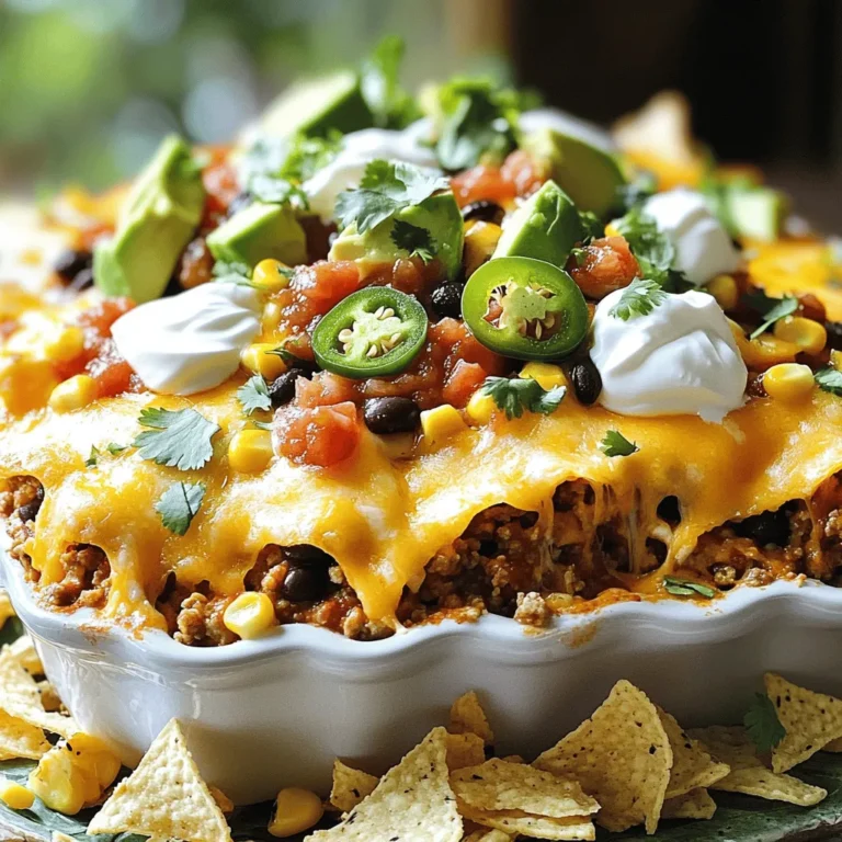 Für einen großartigen Käsebeladenen Nachoauflauf brauchen Sie: - 450 g Rinderhack oder Putenhack - 1 Packung Taco-Gewürzmischung - 1 Dose (425 g) schwarze Bohnen, abgewaschen und abgetropft - 1 Dose (425 g) Mais, abgetropft - 1 Glas (450 g) Salsa - 2 Tassen Tortilla-Chips, zerdrückt - 2 Tassen geriebener Cheddar-Käse - 1 Tasse Sauerrahm Diese Zutaten sind die Basis für den Auflauf. Das Hackfleisch bringt die Fülle. Die Bohnen und der Mais sorgen für einen tollen Biss. Salsa gibt dem Gericht eine zusätzliche Geschmackstiefe. Sie können Ihren Auflauf noch spezieller machen mit: - 120 g in Scheiben geschnittene Jalapeños (frisch oder eingelegt) - 1/4 Tasse frisch gehackter Koriander (zum Garnieren) - 1 Avocado, gewürfelt (zum Garnieren) Jalapeños geben einen tollen Schärfekick. Koriander und Avocado bringen Frische und Farbe. Diese Zutaten sind nicht nur lecker, sie machen das Gericht auch schöner. Nutzen Sie die [Full Recipe] für eine einfache Zubereitung. Heize deinen Ofen auf 175°C vor. Das sorgt für eine gleichmäßige Wärme. Nimm eine große Pfanne und stelle sie auf mittlere Hitze. Gib das Rinder- oder Putenhackfleisch hinein. Brate das Fleisch, bis es gut gebräunt ist. Achte darauf, überschüssiges Fett abtropfen zu lassen. Füge dann die Taco-Gewürzmischung, die schwarzen Bohnen, den Mais und die Salsa hinzu. Rühre alles gut um und koche es für fünf Minuten weiter. Auf diese Weise vermischen sich die Aromen perfekt. Jetzt kommt der spaßige Teil: die Schichtung! Nimm eine Auflaufform und lege die Hälfte der zerdrückten Tortilla-Chips gleichmäßig auf den Boden. Über die Chips verteilst du die Hälfte der Fleischmischung. Streue dann die Hälfte des geriebenen Cheddar-Käses darüber. Wiederhole diesen Vorgang mit den restlichen Zutaten. So erhältst du einen leckeren und gut gefüllten Auflauf. Bedecke die Auflaufform mit Aluminiumfolie. Backe den Auflauf im vorgeheizten Ofen für 20 Minuten. Nach dieser Zeit entfernst du die Folie und backst den Auflauf weitere 10 Minuten. Der Käse sollte nun sprudelnd und goldbraun sein. Nimm den Auflauf aus dem Ofen und gib einen Klecks Sauerrahm und die Jalapeños obenauf. Garnieren kannst du den Auflauf mit frisch gehacktem Koriander und gewürfelter Avocado. Das gibt einen frischen Kick! Du findest die vollständige Anleitung im [Full Recipe]. - Übermäßige Flüssigkeit in der Mischung: Zu viel Flüssigkeit kann den Auflauf matschig machen. Achte darauf, die Bohnen und den Mais gut abtropfen zu lassen. Wenn du Salsa verwendest, wähle eine dickere Sorte. Das sorgt für mehr Struktur. - Ungleichmäßige Schichtung der Zutaten: Schichte die Zutaten gleichmäßig. Beginne mit einer Schicht Chips, dann Fleisch und Käse. Eine gute Schichtung hilft, dass alles gleichmäßig gart. Wenn eine Schicht dicker ist, kann der Auflauf ungleichmäßig backen. - Tipps zur optimalen Käseverwendung: Verwende frischen, geriebenen Käse. Der schmilzt besser als bereits vorgeriebener Käse. Mische verschiedene Käsesorten wie Cheddar und Monterey Jack für mehr Geschmack. - Alternative Zutaten für zusätzliche Aromen: Experimentiere mit anderen Zutaten. Füge schwarze Oliven oder gewürfelte Paprika hinzu. Du kannst auch einen Hauch von Limettensaft für Frische geben. Sogar eine Prise Kreuzkümmel kann das Aroma heben. Wenn du es scharf magst, probiere Jalapeños oder scharfe Saucen. {{image_4}} Für einen leckeren, fleischlosen Genuss können Sie das Fleisch durch pflanzliche Optionen ersetzen. Tofu oder Linsen sind tolle Alternativen. Diese Zutaten fügen Protein hinzu und machen das Gericht herzhaft. Es gibt auch viele vegetarische Tortilla-Chips. Diese sind oft ohne tierische Produkte. So bleibt Ihr Auflauf frisch und lecker, auch ohne Fleisch. Möchten Sie etwas mehr Würze? Fügen Sie scharfe Saucen hinzu. Diese geben dem Auflauf einen tollen Kick. Sie können auch mit verschiedenen Käsesorten experimentieren. Cheddar, Gouda oder sogar Feta bringen neue Geschmäcker. Jede Käsesorte hat ihren eigenen Charakter. So wird Ihr Loaded Nacho Casserole immer spannend und einzigartig. Für die vollständige Rezeptanleitung schauen Sie sich bitte das [Full Recipe] an. Die Lagerung von Resten ist wichtig, um die Frische zu bewahren. Bewahren Sie den Käsebeladenen Nachoauflauf in einem luftdichten Behälter auf. So bleibt er im Kühlschrank bis zu drei Tage gut. Teilen Sie den Auflauf in Portionen auf. Das macht das Essen einfacher. Wenn Sie mehr Zeit haben, frieren Sie die Reste ein. Nutzen Sie gefriergeeignete Behälter oder Beutel. Vergessen Sie nicht, das Datum aufzuschreiben. So wissen Sie, wie lange er schon eingefroren ist. Der Auflauf kann bis zu drei Monate im Gefrierfach bleiben. Um den Auflauf wiederzuwärmen, gibt es zwei gute Methoden. Die erste ist der Ofen. Heizen Sie ihn auf 175°C vor. Stellen Sie den Auflauf in eine Auflaufform. Bedecken Sie ihn mit Folie, um ein Austrocknen zu verhindern. Backen Sie ihn 20 Minuten lang. Die zweite Methode ist die Mikrowelle. Legen Sie ein Stück Auflauf auf einen Teller. Decken Sie es mit einem feuchten Papiertuch ab. Erwärmen Sie es in kurzen Intervallen. So bleibt die Textur weich und lecker. Achten Sie darauf, die Temperatur regelmäßig zu prüfen. So vermeiden Sie, dass der Auflauf zu heiß wird. So genießen Sie jeden Bissen Ihres Loaded Nacho Casserole! Sie können verschiedene Käsesorten nutzen. Cheddar ist klassisch, aber probieren Sie auch Gouda oder Mozzarella. Diese Käsesorten schmelzen gut und bieten einen tollen Geschmack. Fügen Sie auch etwas Feta oder Blauschimmelkäse hinzu für eine besondere Note. Mischen Sie die Käsesorten, um mehr Tiefe zu schaffen. So wird Ihr Nachoauflauf noch leckerer. Ja, Sie können Bohnen ganz einfach ersetzen. Versuchen Sie, Linsen oder Quinoa zu verwenden. Diese Optionen sind proteinreich und gesund. Auch gebratene Champignons passen gut. Sie geben dem Gericht einen herzhaften Geschmack. Für mehr Biss können Sie auch Paprika oder Zucchini hinzufügen. Diese Änderungen machen Ihr Gericht spannend und abwechslungsreich. Die Reste können im Kühlschrank bis zu drei Tage aufbewahrt werden. Stellen Sie sicher, dass Sie sie in einem luftdichten Behälter lagern. Für längere Lagerung können Sie den Auflauf einfrieren. Im Gefrierschrank hält er bis zu drei Monate. Erwärmen Sie die Reste im Ofen für die beste Textur. So bleibt der Käse schön schmelzig und die Chips knusprig. Zusammenfassend bietet der Käsebeladene Nachoauflauf viele leckere Optionen. Wir haben über die Hauptzutaten gesprochen, wie Hackfleisch, Bohnen und Käse. Du hast gelernt, wie man ihn richtig zubereitet, schichtet und bäckt. Denke daran, häufige Fehler zu vermeiden und mit Aromen zu experimentieren. Du kannst den Auflauf sogar vegetariert machen. Nimm dir die Zeit, um Reste gut zu lagern. So bleibt der Genuss lange erhalten. Viel Spaß beim Kochen und Experimentieren!