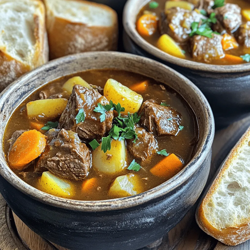 - 900 g Rindfleisch (zum Beispiel Schulter) - 1 Liter Rinderbrühe - 300 g Karotten - 300 g Kartoffeln - 150 g Sellerie - 1 mittelgroße Zwiebel - 4 Knoblauchzehen - 2 Esslöffel Tomatenmark - 1 Esslöffel Worcestershire Sauce - 2 Teelöffel getrockneter Thymian - 1 Teelöffel geräucherter Paprika - 1 Lorbeerblatt - Salz und Pfeffer - 2 Esslöffel Olivenöl - Frische Petersilie zum Garnieren Um den besten Geschmack zu erreichen, wähle frische Zutaten. Das Rindfleisch sollte gut marmoriert sein. Das macht das Fleisch zart und saftig. Karotten und Kartoffeln geben dem Eintopf eine süße Note. Sellerie fügt einen tollen Crunch hinzu. Die Gewürze sind wichtig für den Charakter des Eintopfs. Thymian und Lorbeerblatt bringen Tiefe. Geräucherter Paprika gibt eine angenehme Rauchnote. Wenn du magst, kannst du die Gewürze nach deinem Geschmack anpassen. Ich empfehle, die frische Petersilie erst kurz vor dem Servieren hinzuzufügen. So bleibt die Farbe schön und frisch. Du findest das gesamte Rezept im Full Recipe. Zuerst schneidest du das Rindfleisch in 2,5 cm große Würfel. Nimm dazu ein scharfes Messer. Achte darauf, dass die Stücke gleich groß sind. So garen sie gleichmäßig. Jetzt bereitest du das Gemüse vor. Schneide die Karotten in Scheiben. Würfle die Kartoffeln in kleine Stücke. Hacke die Zwiebel und den Sellerie fein. Vergiss nicht, den Knoblauch ebenfalls zu hacken. Erhitze in einem großen Topf 2 Esslöffel Olivenöl bei mittelhoher Hitze. Wenn das Öl heiß ist, gib das gewürzte Rindfleisch hinein. Brate die Würfel etwa 5-7 Minuten an, bis sie goldbraun sind. Wende das Fleisch, damit es gleichmäßig bräunt. Nimm das angebratene Fleisch aus dem Topf und stelle es beiseite. Jetzt gib die gehackte Zwiebel, den Knoblauch und den Sellerie in den Topf. Brate sie für 3-4 Minuten, bis die Zwiebel glasig ist. Füge dann das Tomatenmark, die Worcestershire Sauce, den geräucherten Paprika und den Thymian hinzu. Rühre alles für 2 Minuten gut um. Gib nun das angebratene Rindfleisch zurück in den Topf. Füge die Rinderbrühe, das Lorbeerblatt, die Karotten und die Kartoffeln hinzu. Rühre alles gut durch, damit sich die Zutaten vermischen. Bringe den Eintopf zum Kochen. Reduziere die Hitze und decke den Topf ab. Lass den Eintopf für 2 Stunden köcheln. Rühre gelegentlich um. Das Fleisch wird zart und die Aromen entfalten sich. - Fleisch richtig anbraten: Beginne mit Rindfleischwürfeln und würze sie gut. Brate sie in heißem Olivenöl an. Das gibt dem Fleisch eine schöne Kruste. Achte darauf, dass du die Stücke nicht überfüllst. So bräunen sie gleichmäßig und werden zart. - Wie man die Aromen intensiviert: Füge die Zwiebeln und den Knoblauch erst nach dem Anbraten des Fleisches hinzu. Lass sie in dem Fett anbraten, bis sie weich sind. Das bringt die Aromen richtig zur Geltung. Du kannst auch etwas Tomatenmark und Gewürze früher hinzufügen. So entfalten sie ihren vollen Geschmack. - Wie den Eintopf anrichten: Serviere den Eintopf in rustikalen Schalen. Das gibt eine gemütliche Atmosphäre. Du kannst eine Scheibe frisches, knuspriges Brot an die Seite legen. Das sorgt für einen schönen Kontrast. - Beilagen und Getränke, die gut passen: Ein einfacher grüner Salat passt sehr gut. Auch ein Glas Rotwein bringt die Aromen hervor. Achte darauf, dass der Wein fruchtig ist. So ergänzt er den Geschmack des Eintopfs. - Hexenhafte Serviertipps: Verwende frische Petersilie für die Garnitur. Das sieht frisch und einladend aus. Du kannst auch kleine Kürbisse oder getrocknete Blumen als Dekoration verwenden. Das bringt etwas Magie auf den Tisch. {{image_4}} Für die vegetarische Version des Witch’s Cauldron Beef Stew kann man das Rindfleisch einfach durch eine Mischung von Gemüse ersetzen. Hier sind einige gute Optionen: - 300 g Pilze (z.B. Champignons) für einen herzhaften Geschmack - 300 g Zucchini, in Würfel geschnitten - 300 g Kichererbsen oder Linsen für Protein - 200 g Süßkartoffeln, gewürfelt für eine süße Note Diese Zutaten geben dem Eintopf eine neue Textur und Frische. Du kannst auch mehr Kräuter und Gewürze hinzufügen, um den Geschmack zu verstärken. Die Gewürze machen einen großen Unterschied im Eintopf. Du kannst saisonale Gewürze wählen, um den Geschmack zu variieren. Hier sind einige Ideen: - Im Herbst: Füge einen Teelöffel Zimt oder Muskatnuss hinzu. - Im Winter: Verwende frischen Ingwer für eine warme Note. - Im Frühling: Nutze frische Kräuter wie Basilikum oder Dill. - Im Sommer: Verwende leichtes Currypulver für einen frischen Kick. Experimentiere mit diesen Gewürzen, um deinen Eintopf zu verfeinern und ihn an die Jahreszeit anzupassen. Das Rezept für den Witch’s Cauldron Beef Stew lässt sich leicht an verschiedene Küchen anpassen. Hier sind ein paar Ideen: - Für einen mexikanischen Twist: Füge Jalapeños und Kreuzkümmel hinzu. - Für eine asiatische Note: Verwende Sojasauce und Ingwer. - Für einen italienischen Eintopf: Füge italienische Kräuter und Parmesan hinzu. Diese internationalen Zutaten machen deinen Eintopf einzigartig und spannend. Probiere sie aus und finde deinen Favoriten! Um deinen Witch’s Cauldron Beef Stew optimal zu lagern, lass ihn zuerst auf Raumtemperatur abkühlen. Fülle den Eintopf dann in einen luftdichten Behälter. Im Kühlschrank hält er sich für etwa drei bis vier Tage. Wenn du mehr Zeit brauchst, friere den Eintopf in Portionen ein. Verwende dafür gefriergeeignete Beutel oder Behälter. So bleibt er bis zu drei Monate frisch. Die Haltbarkeit deines Eintopfs hängt von der Lagerung ab. Im Kühlschrank bleibt er drei bis vier Tage gut. Wenn du ihn einfrierst, kann er bis zu drei Monate lang halten. Achte darauf, beim Auftauen den Eintopf im Kühlschrank langsam auftauen zu lassen. So bleibt der Geschmack und die Textur besser erhalten. Zum Wiederaufwärmen gibt es einige einfache Tricks. Erhitze den Eintopf in einem Topf bei mittlerer Hitze. Rühre regelmäßig um, um ein Anbrennen zu vermeiden. Füge etwas Brühe oder Wasser hinzu, wenn der Eintopf zu dick ist. Du kannst auch Mikrowelle nutzen, aber achte darauf, ihn in Abständen zu rühren. So wird er gleichmäßig warm. Ja, du kannst das Rindfleisch ersetzen. Eine gute Wahl sind Lammwürfel oder Hähnchen. Auch Tofu oder Seitan sind tolle Optionen für Veganer. Diese Alternativen bringen ihren eigenen Geschmack und Textur. Die Kochzeit kann sich jedoch ändern. Hähnchen braucht weniger Zeit, etwa 30 bis 40 Minuten. Die gesamte Zubereitung dauert etwa 2 Stunden und 15 Minuten. Die Vorbereitungszeit beträgt etwa 15 Minuten. Danach köchelt der Eintopf für 2 Stunden. Das gibt dem Fleisch und Gemüse Zeit, gut zusammenzuwirken. Wenn der Eintopf zu dick ist, füge einfach etwas Brühe hinzu. Rühre gut um, bis die gewünschte Konsistenz erreicht ist. Du kannst auch Wasser verwenden, wenn du keine Brühe hast. Wenn du mehr Gemüse hast, kann das auch helfen. Das gesamte Rezept für den Hexenkessel Rindfleisch Eintopf findest du im Full Recipe. Dort sind alle Zutaten und Schritte genau beschrieben. Zusammenfassend behandelt dieser Beitrag die Zubereitung eines leckeren Rindfleisch Eintopfs. Wir haben die Hauptzutaten und Gewürze durchgegangen. Außerdem erkläre ich, wie man die Zutaten richtig vorbereitet und kocht. Tipps zur perfekten Zubereitung und Variationen für jeden Geschmack machen das Rezept vielseitig. Jetzt liegt es an dir. Probiere das Rezept aus und genieße die Ergebnisse!