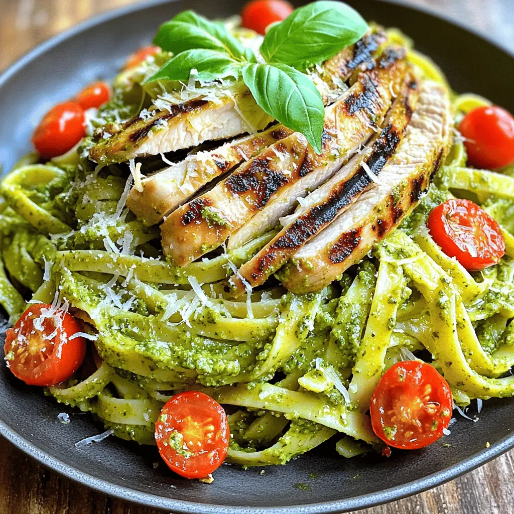 Für ein leckeres Gericht brauchst du: - 2 Hähnchenbrustfilets ohne Knochen und Haut - 225 g Pasta (Fettuccine oder Penne) - 240 ml frisches Basilikum-Pesto (selbstgemacht oder gekauft) - 150 g Kirschtomaten, halbiert - 50 g geriebener Parmesan-Käse - 30 ml Olivenöl - 1 Teelöffel Knoblauchpulver - Salz und Pfeffer nach Geschmack - Frische Basilikumblätter zur Garnierung Diese Zutaten machen das Gericht frisch und geschmackvoll. Du kannst die Qualität der Zutaten nutzen, um das Essen noch besser zu machen. Um diese Pasta zuzubereiten, brauchst du: - Einen Grill oder eine Grillpfanne - Einen großen Topf für die Pasta - Ein Sieb zum Abtropfen der Pasta - Eine große Schüssel zum Mischen - Ein scharfes Messer zum Schneiden Diese Utensilien helfen dir, alles einfach und schnell zu machen. Stelle sicher, dass du alles bereit hast, bevor du beginnst. Pesto ist der Schlüssel zu diesem Rezept. Du kannst es auf zwei Arten machen: 1. Hausgemachtes Pesto: Mische frisches Basilikum, Knoblauch, Pinienkerne, Parmesan und Olivenöl in einem Mixer. Das gibt dir ein intensives Aroma. 2. Gekauftes Pesto: Wenn du keine Zeit hast, ist gekauftes Pesto eine gute Wahl. Achte auf die Zutatenliste. Wähle ein Produkt mit frischen Kräutern und wenig Zusatzstoffen. Egal, welche Option du wählst, Pesto gibt der Pasta den besonderen Kick. Du wirst den Unterschied sofort schmecken! Probiere es aus, um zu sehen, was dir besser gefällt. Schau dir die [Full Recipe] an, um alle Schritte zu sehen. Zuerst heizen Sie den Grill auf mittelhohe Hitze vor. Nehmen Sie die Hähnchenbrustfilets und reiben Sie sie mit Olivenöl ein. Streuen Sie dann das Knoblauchpulver, Salz und Pfeffer darauf. Dies sorgt für tollen Geschmack. Grillen Sie die Hähnchenbrust etwa 6-7 Minuten pro Seite. Achten Sie darauf, dass die Innentemperatur 75 °C erreicht. Nach dem Grillen lassen Sie das Hähnchen fünf Minuten ruhen. Danach schneiden Sie es in Streifen. In einem großen Topf bringen Sie gesalzenes Wasser zum Kochen. Fügen Sie die Pasta hinzu und kochen Sie sie nach Packungsanweisung. Ziel ist es, die Pasta al dente zu haben. Wenn sie fertig ist, lassen Sie die Pasta abtropfen. Bewahren Sie jedoch 120 ml des Nudelwassers auf. Dieses Wasser hilft, die Pasta später cremig zu machen. Geben Sie die gekochte Pasta in eine große Schüssel. Fügen Sie das frische Basilikum-Pesto hinzu und vermengen Sie alles gut. Wenn die Pasta zu trocken aussieht, geben Sie nach und nach das reservierte Nudelwasser dazu. Fügen Sie dann die halbierten Kirschtomaten und den geriebenen Parmesan hinzu. Heben Sie alles sanft unter, damit die Zutaten gut verteilt sind. Legen Sie schließlich die Hähnchenstreifen oben auf die Pasta. Garnieren Sie das Gericht mit frischen Basilikumblättern und eventuell mehr Parmesan. Für das perfekte Aussehen servieren Sie die Pasta in tiefen Tellern. Um ein saftiges Hähnchen zu grillen, ist die Temperatur wichtig. Heizen Sie den Grill auf mittelhohe Hitze vor. Reiben Sie die Hähnchenbrust mit Olivenöl, Knoblauchpulver, Salz und Pfeffer ein. Grillen Sie die Brustfilets für etwa 6-7 Minuten pro Seite. Der Kern sollte 75 °C erreichen. Lassen Sie das Hähnchen nach dem Grillen 5 Minuten ruhen. So bleibt der Saft im Fleisch. Die Konsistenz des Pestos ist entscheidend. Ein gutes Pesto sollte cremig, aber nicht zu dick sein. Wenn Ihre Pasta trocken aussieht, fügen Sie nach und nach das reservierte Nudelwasser hinzu. Beginnen Sie mit 30 ml und testen Sie die Konsistenz. Mischen Sie, bis das Pesto gleichmäßig verteilt ist. So bleibt Ihre Pasta schön feucht und lecker. Die Präsentation macht viel aus. Servieren Sie die Pasta in tiefen Tellern. Legen Sie die gegrillten Hähnchenstreifen obenauf. Dekorieren Sie das Gericht mit einem frischen Basilikumblatt. Ein Spritzer Olivenöl sorgt für den letzten Schliff. Verwenden Sie auch etwas geriebenen Parmesan für einen farblichen Kontrast. So sieht Ihr Gericht nicht nur gut aus, es schmeckt auch noch besser! {{image_4}} Wenn Sie kein Fleisch essen, können Sie das Hähnchen einfach weglassen. Stattdessen können Sie Tofu oder gegrillte Auberginen verwenden. Diese Optionen sind lecker und gesund. Eine weitere Idee ist, Kichererbsen hinzuzufügen. Sie geben einen tollen Biss und viele Proteine. So bleibt das Gericht nahrhaft und sättigend. Sie können die Pasta auch mit verschiedenen Gemüsesorten anpassen. Zucchini, Brokkoli oder Spinat passen gut zu Pesto. Sie bringen frische Farben und viel Geschmack. Einfach das Gemüse in der Pfanne anbraten oder dämpfen, bevor Sie es zur Pasta geben. So wird Ihr Gericht noch bunter und gesünder. Es gibt viele Pastasorten, die gut mit Pesto harmonieren. Sie können Fusilli, Farfalle oder sogar Vollkornpasta verwenden. Jede Sorte hat ihren eigenen Charakter. Das macht Ihr Gericht spannend. Experimentieren Sie mit den Texturen und Formen, um das perfekte Geschmackserlebnis zu finden. Probieren Sie verschiedene Kombinationen aus, um Ihre Lieblingsversion zu entdecken. Für das genaue Rezept schauen Sie sich die Full Recipe an. Wenn du Reste von der gegrillten Hühnchen-Pesto-Pasta hast, bewahre sie im Kühlschrank auf. Stelle sicher, dass die Reste vollständig abgekühlt sind, bevor du sie in den Kühlschrank gibst. So bleiben die Aromen frisch. Du kannst die Reste bis zu drei Tage aufbewahren. Benutze luftdichte Behälter, um deine Reste zu lagern. Glasbehälter sind ideal, da sie die Gerüche nicht aufnehmen. Plastikbehälter sind leicht und praktisch. Achte darauf, dass sie gut verschlossen sind, um ein Austrocknen der Pasta zu verhindern. Um die Frische der Pasta zu erhalten, füge das Pesto erst bei der Erwärmung hinzu. So bleibt die Konsistenz des Pestos angenehm. Wenn du die Reste aufwärmst, benutze eine Pfanne. Füge etwas Wasser oder Olivenöl hinzu, um die Pasta nicht austrocknen zu lassen. So schmeckt das Gericht fast wie frisch zubereitet. Gegrilltes Hühnchen bleibt im Kühlschrank bis zu drei Tage frisch. Achte darauf, es in einem luftdichten Behälter zu lagern. Es kann auch eingefroren werden. In diesem Fall hält es bis zu drei Monate. Um das beste Ergebnis zu erzielen, erwärmst du es langsam im Ofen oder in der Mikrowelle. Ja, du kannst Pesto im Voraus machen. Es bleibt im Kühlschrank etwa eine Woche frisch. Du kannst auch eine große Menge zubereiten und in kleinen Portionen einfrieren. Pesto eignet sich gut zum Einfrieren. Verwende Eiswürfelformen, um kleine Portionen zu machen. So hast du immer frisches Pesto zur Hand. Um die Zubereitungszeit zu verkürzen, koche das Wasser vorher in einem Wasserkocher. So sparst du Zeit beim Kochen der Pasta. Du kannst auch die Pasta einweichen, bevor du sie kochst. Das verkürzt die Kochzeit um einige Minuten. Halte immer die Packungsanweisung im Blick für die beste Konsistenz. In diesem Blogbeitrag habe ich Ihnen die besten Zutaten für gegrillte Hühnchen-Pesto-Pasta gezeigt. Sie haben gelernt, wie Sie Hähnchen grillen, Pasta kochen und alles richtig anrichten. Tipps zur perfekten Pesto-Konsistenz und Präsentation helfen Ihnen, Ihr Gericht zu verfeinern. Vergessen Sie nicht, Ihre Reste richtig zu lagern, um die Frische zu bewahren. Experimentieren Sie mit Variationen, um das Gericht nach Ihrem Geschmack anzupassen. Genießen Sie es, Ihre eigene Pasta zu kreieren!