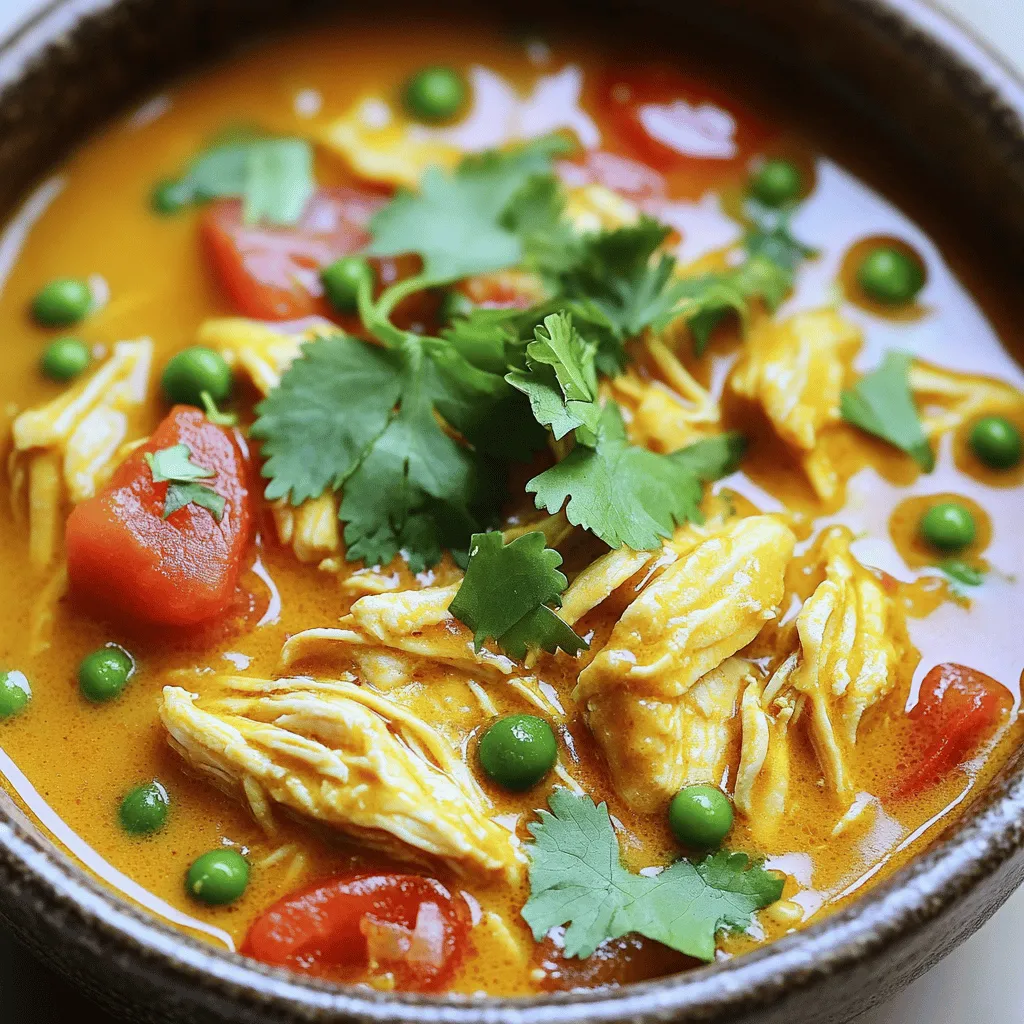 Für dieses einfache Slow Cooker Hähnchen Curry benötigen Sie folgende Hauptzutaten: - 4 Hähnchenschenkel ohne Knochen und Haut - 1 Dose (400 ml) Kokosmilch - 240 ml Hühnerbrühe - 1 Tasse gewürfelte Tomaten (aus der Dose oder frisch) - 1 Tasse grüne Erbsen (frisch oder gefroren) - 1 Zwiebel, grob gehackt - 3 Knoblauchzehen, fein gehackt Diese Zutaten bilden die Basis für ein leckeres und cremiges Curry, das einfach zuzubereiten ist. Um das Curry geschmackvoller zu machen, fügen Sie folgende Gewürze hinzu: - 2 Esslöffel Currypulver - 1 Esslöffel frisch geriebener Ingwer - Salz und Pfeffer nach Geschmack Currypulver bringt eine Mischung aus verschiedenen Gewürzen mit. Der Ingwer sorgt für eine frische Note. Salz und Pfeffer helfen, den Geschmack zu verstärken. Die Wahl der Zutaten ist wichtig für ein gutes Curry. Achten Sie auf Folgendes: - Verwenden Sie frisches Hähnchen für den besten Geschmack. - Wählen Sie hochwertige Kokosmilch ohne Zusatzstoffe. - Frische Tomaten bringen mehr Geschmack als Dosenware. Wenn Sie frische Zutaten verwenden, wird Ihr Curry noch besser. Diese Tipps helfen Ihnen, ein tolles Gericht zu kochen. Für das vollständige Rezept schauen Sie sich das [Full Recipe] an. Beginnen Sie mit dem Hähnchen. Würzen Sie die Hähnchenschenkel großzügig mit Salz und Pfeffer. Nehmen Sie eine Pfanne und erhitzen Sie das Olivenöl bei mittlerer Hitze. Braten Sie die Hähnchenschenkel 2-3 Minuten pro Seite an. Sie sollten leicht gebräunt sein. Dieser Schritt ist zwar optional, doch er bringt mehr Geschmack ins Gericht. Jetzt fügen Sie die angebratenen Hähnchenschenkel in den Slow Cooker. Geben Sie die Kokosmilch, Hühnerbrühe, Currypulver, geriebenen Ingwer, gehackte Zwiebel, Knoblauch und gewürfelte Tomaten hinzu. Rühren Sie alles gut um. Achten Sie darauf, dass die Zutaten gleichmäßig verteilt sind. Decken Sie den Slow Cooker ab. Lassen Sie das Curry 6-8 Stunden auf niedriger Stufe oder 3-4 Stunden auf hoher Stufe kochen. Wenn Sie gefrorene Erbsen verwenden, fügen Sie diese in den letzten 30 Minuten hinzu. Nach der Kochzeit nehmen Sie die Hähnchenschenkel heraus. Zerkleinern Sie das Hähnchen mit zwei Gabeln und geben Sie es zurück in den Slow Cooker. Rühren Sie alles gut um. Schmecken Sie das Curry ab und passen Sie die Würze nach Bedarf an. Um das beste Curry zu machen, achte auf die frischen Zutaten. Frischer Ingwer bringt viel Geschmack. Verwende gute Currypulver für ein starkes Aroma. Lass das Curry lange genug kochen, damit die Gewürze gut ziehen können. Probier das Curry vor dem Servieren. So kannst du die Gewürze anpassen. Für eine leichtere Version nimm Hähnchenbrust statt Hähnchenschenkel. Du kannst auch die Kokosmilch mit fettarmer Milch oder Brühe ersetzen. Füge mehr Gemüse hinzu, wie Paprika oder Karotten, um die Nährstoffe zu erhöhen. Achte beim Würzen auf weniger Salz. Frische Kräuter wie Koriander sind gesunde Geschmacksträger. Ein Slow Cooker ist das wichtigste Werkzeug für dieses Rezept. Er sorgt für gleichmäßiges Garen. Benötigst du auch eine gute Pfanne zum Anbraten der Hähnchenschenkel. Ein Schneidebrett und ein scharfes Messer machen die Vorbereitung einfacher. Halte eine große Rührschüssel bereit, um die Zutaten gut zu vermischen. {{image_4}} Wenn du eine vegetarische oder vegane Option suchst, ersetze das Hähnchen. Du kannst Kichererbsen oder Tofu verwenden. Diese Zutaten sind reich an Protein und passen gut zu Currys. Einfach die Kichererbsen oder den Tofu in den Slow Cooker geben. Die Zubereitung bleibt gleich, und du bekommst ein leckeres Gericht. Möchtest du dein Curry süßer? Füge etwas Honig oder eine Banane hinzu. Diese Zutaten bringen eine schöne Süße ins Gericht. Wenn du es scharf magst, gib mehr Currypulver oder frische Chili hinzu. Du kannst auch etwas Cayennepfeffer verwenden. So passt das Curry perfekt zu deinem Geschmack. Beilagen machen dein Curry noch besser. Reis ist die klassische Wahl. Er nimmt die Soße gut auf und ergänzt die Aromen. Du kannst auch Naan-Brot oder Quinoa servieren. Frisches Gemüse, wie Gurkensalat oder Karottensalat, bringt zusätzliche Frische. Diese Beilagen machen dein Essen bunt und lecker. Bewahren Sie das Curry in einem luftdichten Behälter auf. So bleibt es frisch. Lassen Sie das Curry abkühlen, bevor Sie es in den Kühlschrank stellen. Es hält sich 3 bis 4 Tage im Kühlschrank. Wenn Sie nach dem Kochen Reste haben, genießen Sie sie später. Das Curry lässt sich gut einfrieren. Füllen Sie es in einen gefrierfesten Behälter. Achten Sie darauf, etwas Platz zu lassen, da das Curry beim Gefrieren expandiert. Sie können das Curry bis zu 3 Monate einfrieren. Zum Auftauen stellen Sie es einfach über Nacht in den Kühlschrank. Erwärmen Sie es dann langsam in einem Topf. Reste sind eine tolle Möglichkeit, Zeit zu sparen. Sie können das Curry wieder aufwärmen. Fügen Sie frische Kräuter oder etwas Joghurt hinzu, um den Geschmack aufzufrischen. Verwenden Sie Reste in Wraps oder auf Reis. So genießen Sie das leckere Eintopfgericht auf verschiedene Arten. Um das beste Slow Cooker Hähnchen Curry zu machen, folgen Sie diesen Schritten: - Würzen Sie die Hähnchenschenkel mit Salz und Pfeffer. - Braten Sie sie kurz in Olivenöl an. - Kombinieren Sie dann alle Zutaten im Slow Cooker. - Kochen Sie es 6-8 Stunden auf niedriger Stufe. - Zerkleinern Sie das Hähnchen nach dem Kochen und mischen Sie es wieder. Diese Schritte sorgen für einen tiefen Geschmack und zarte Hähnchenstücke. Ja, Sie können andere Fleischsorten verwenden. Rind oder Lamm passen gut zu diesem Curry. - Für Rindfleisch: Verwenden Sie Rinderbrust oder Rinderhack. - Für Lamm: Wählen Sie Lammkeule oder Lammkoteletts. Denken Sie daran, die Kochzeit eventuell anzupassen, je nach Fleischsorte. Sie können das Curry bis zu 3 Tage im Kühlschrank aufbewahren. Lagern Sie es in einem luftdichten Behälter. - Wenn Sie es länger aufbewahren möchten, frieren Sie es ein. - Das Curry hält sich bis zu 3 Monate im Gefrierfach. Lassen Sie es im Kühlschrank aufteilen und aufwärmen, wenn Sie es essen möchten. Ja, Sie können das Curry schärfer machen. - Fügen Sie frische Chilis oder Cayennepfeffer hinzu. - Beginnen Sie mit einer kleinen Menge und passen Sie es nach Ihrem Geschmack an. So machen Sie das Gericht nach Ihrem eigenen Geschmack spannend. Zu diesem Curry passen viele Beilagen gut. - Reis ist die klassischste Wahl. - Naan-Brot ist auch sehr beliebt. - Sie können auch einen frischen Salat oder Gemüse servieren. Diese Beilagen ergänzen das Curry und machen das Essen köstlicher. In diesem Blogbeitrag haben wir die Hauptzutaten und die Zubereitung eines köstlichen Slow Cooker Hähnchen Currys behandelt. Wir haben auch Tipps gegeben, wie du die Qualität der Zutaten verbesserst und das Gericht an deinen Geschmack anpasst. Verwende frische Zutaten und achte auf die Kochzeit. Du kannst auch Variationen ausprobieren, um dein Curry zu verändern. Denke daran, Reste richtig zu lagern. Mit diesen einfachen Schritten kannst du ein leckeres Curry zaubern und deine Kochkünste erweitern. Jetzt bist du bereit, loszulegen!