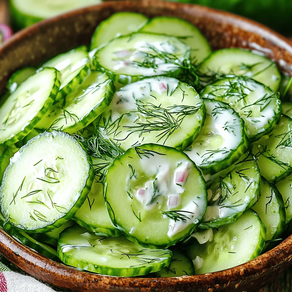 - 2 große Gurken - 1 Tasse griechischer Joghurt - 2 Esslöffel Mayonnaise Die Hauptzutaten für diesen Salat sind einfach und frisch. Gurken bringen einen knackigen Biss. Griechischer Joghurt gibt dem Salat eine cremige Basis. Die Mayonnaise fügt zusätzliche Reichhaltigkeit hinzu. - 1 Esslöffel Apfelessig - 2 Esslöffel frischer Dill - 1 Knoblauchzehe Die weiteren Zutaten sind wichtig für den Geschmack. Apfelessig sorgt für eine leichte Säure. Frischer Dill bringt ein würziges Aroma. Knoblauch fügt einen zusätzlichen Kick hinzu, der gut zu Gurken passt. - 1 Teelöffel Zucker - Salz und Pfeffer - 1/4 rote Zwiebel Die Gewürze machen den Salat besonders. Ein Teelöffel Zucker kann die Säure ausgleichen. Salz und Pfeffer bringen die Aromen zur Geltung. Rote Zwiebel fügt eine süße Note hinzu, falls gewünscht. Du kannst die Zwiebel aber auch weglassen. Das sind alle Zutaten, die du für deinen cremigen Gurken-Dill-Salat brauchst. Für die ganze Zubereitung schau dir bitte die Full Recipe an. Zuerst schälen Sie die Gurken. Verwenden Sie einen Gemüseschäler für beste Ergebnisse. Schneiden Sie die Gurken dann in dünne Runden. Legen Sie diese Runden in eine große Schüssel. Während die Gurken ruhen, bereiten Sie die Dressingzutaten vor. Sie benötigen griechischen Joghurt, Mayonnaise, Apfelessig, Dill und Knoblauch. Messen Sie alles genau ab. Das hilft, den Geschmack perfekt zu treffen. Jetzt kommt der kreative Teil! Geben Sie den griechischen Joghurt in eine Rührschüssel. Fügen Sie die Mayonnaise hinzu. Mischen Sie dann den Apfelessig, den gehackten Dill und den Knoblauch dazu. Verrühren Sie alles gründlich mit einem Schneebesen. Achten Sie darauf, dass keine Klumpen bleiben. Das Dressing sollte schön cremig sein. Probieren Sie es dann. Fügen Sie nach Geschmack Salz, Pfeffer oder Zucker hinzu. Gießen Sie das fertig gemachte Dressing über die Gurken. Wenn Sie möchten, können Sie auch die rote Zwiebel dazugeben. Mischen Sie alles vorsichtig. Ziel ist es, die Gurken gleichmäßig mit dem Dressing zu überziehen. Lassen Sie den Salat für mindestens 30 Minuten im Kühlschrank. So verbinden sich die Aromen gut. Der Salat schmeckt am besten kalt! Für das vollständige Rezept, klicken Sie hier: [Full Recipe]. Um frische Gurken zu erkennen, achte auf die Farbe. Sie sollten leuchtend grün sein. Drucke leicht auf die Schale. Sie sollte fest und knusprig sein. Vermeide Gurken mit weichen Stellen oder dunklen Flecken. Die richtige Schnitttechnik ist wichtig. Schneide die Gurken in dünne Scheiben. So geben sie mehr Saft ab. Du kannst sie auch in Stifte schneiden. Das sieht schön aus und ist lecker. Du kannst verschiedene Joghurtarten verwenden. Griechischer Joghurt ist dick und cremig. Du kannst auch ungesüßten Joghurt oder Sauerrahm verwenden. Jeder gibt dem Dressing einen anderen Geschmack. Anpassungen der Gewürze sind ebenfalls möglich. Füge mehr Dill oder Zitronensaft hinzu. Probiere auch ein wenig Senf oder Paprika. So machst du das Dressing interessanter und einzigartig. Dieser Salat passt gut zu vielen Gerichten. Serviere ihn als Beilage zu gegrilltem Fleisch oder Fisch. Er ist auch lecker zu Sandwiches oder Wraps. Für besondere Anlässe kannst du den Salat hübsch anrichten. Lege die Gurken auf einen großen Teller. Gib das Dressing darüber und streue etwas frischen Dill oben drauf. Dies macht das Gericht ansprechend und einladend. Für die vollständige Zubereitung, siehe das [Full Recipe]. {{image_4}} Um einen mediterranen Twist zu geben, füge Feta-Käse hinzu. Der salzige Feta ergänzt die Gurken gut. Du kannst auch schwarze Oliven und kleine Tomaten hinzufügen. Diese Zutaten bringen mehr Geschmack und Farbe in den Salat. Für eine vegane Variante verwende pflanzliche Joghurtalternativen. Du kannst Soja- oder Kokosjoghurt nehmen. Lass die Mayonnaise ganz weg. Das macht den Salat leicht und gesund. Für mehr Geschmack kannst du frischen Schnittlauch oder Petersilie hinzufügen. Diese Kräuter bringen frische Noten in den Salat. Du kannst auch etwas Senf oder Zitronensaft hinzufügen. Das gibt dem Dressing einen besonderen Kick. Wie lange hält der Salat? Der cremige Gurken-Dill-Salat bleibt frisch für etwa 3 bis 4 Tage im Kühlschrank. Um die Frische zu bewahren, benutze einen luftdichten Behälter. Das verhindert, dass der Salat austrocknet oder Gerüche aufnimmt. Tipps zur Frischeerhaltung: Wenn du den Salat länger frisch halten möchtest, lagere die Gurken separat. Mische das Dressing erst kurz vor dem Servieren. So bleiben die Gurken knackig und der Salat ist immer frisch. Ist das möglich? Es ist nicht ideal, den Gurken-Dill-Salat einzufrieren. Die Gurken verlieren beim Einfrieren ihre Textur und werden matschig. Vorgehensweise und Hinweise: Wenn du dennoch ein Stück einfrieren möchtest, mache dies ohne das Dressing. Lege die Gurken in einen Behälter und friere sie ein. Du kannst sie dann in Suppen oder Smoothies verwenden. Wie weit im Voraus kann man vorbereiten? Du kannst die Zutaten bis zu 24 Stunden im Voraus vorbereiten. Schneide die Gurken, Zwiebeln und Dill und lagere sie im Kühlschrank. Beste Zeitpunkt für den Verzehr: Der Salat schmeckt am besten, wenn du ihn 30 Minuten nach der Zubereitung servierst. So können die Aromen gut durchziehen. Verwende das [Full Recipe], um die Schritte zu wiederholen und neue Ideen zu sammeln. Der Gurken-Dill-Salat bleibt frisch für 2 bis 3 Tage im Kühlschrank. Um die Haltbarkeit zu verlängern, lagern Sie ihn in einem luftdichten Behälter. Vermeiden Sie, ihn mit warmen Lebensmitteln zu mischen. Stellen Sie sicher, dass der Salat gut gekühlt bleibt. Wenn Sie Wasser sehen, lassen Sie ihn einfach abtropfen. Ja, Sie können den Salat ganz leicht vegan machen. Verwenden Sie pflanzlichen Joghurt anstelle von griechischem Joghurt. Es gibt viele gute Marken, die cremigen veganen Joghurt anbieten. Für die Mayonnaise wählen Sie eine vegane Option. So bleibt der Geschmack lecker und frisch. Der Gurken-Dill-Salat passt gut zu vielen Gerichten. Servieren Sie ihn mit gegrilltem Gemüse oder Brot. Auch gegrilltes Hähnchen oder Fisch sind tolle Begleiter. Wenn Sie es einfach halten möchten, genießen Sie ihn mit einem Stück frischem Baguette. Um das Dressing aufzupeppen, fügen Sie frischen Zitronensaft hinzu. Ein Spritzer Zitrone bringt Frische hinein. Auch Gewürze wie Paprika oder Senf können helfen. Experimentieren Sie mit Kräutern wie Schnittlauch oder Petersilie. So machen Sie das Dressing noch interessanter. Für das gesamte Rezept, schauen Sie sich die Full Recipe an. In diesem Blogbeitrag haben wir alle Zutaten und Schritte für einen leckeren Gurken-Dill-Salat durchgenommen. Du hast gelernt, wie du frische Gurken gewählt und das Dressing zubereitet. Auch Variationen und Tipps zur Lagerung wurden behandelt. Denke daran, den Salat frisch zu halten und nach Geschmack anzupassen. Probiere die verschiedenen Varianten aus und gestalte den Salat nach deinen Vorlieben. Guten Appetit!