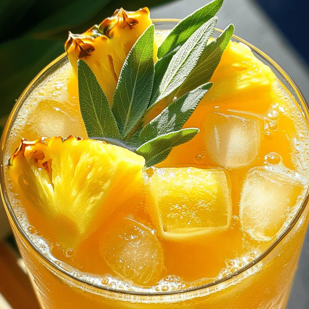 Für die Ananas-Salbei-Limonade brauchst du folgende Hauptzutaten: - 2 Tassen frische Ananasstücke - 1/2 Tasse frischer Zitronensaft (ca. 4 Zitronen) - 1/4 Tasse Honig oder Agavensirup (nach Geschmack anpassen) - 1 Tasse frische Salbeiblätter - 4 Tassen Wasser - Eiswürfel - Zusätzliche Salbeiblätter und Ananasscheiben zur Dekoration Diese Zutaten sind frisch und leicht zu finden. Die Ananas bringt Süße und Frische. Der Zitronensaft sorgt für einen tollen, saftigen Geschmack. Der Salbei fügt ein schönes, kräuteriges Aroma hinzu. Die Mengen in diesem Rezept sind für 4 bis 6 Portionen. Du kannst die Menge leicht anpassen. Wenn du mehr Limonade willst, verdopple einfach die Zutaten. Wenn du weniger möchtest, halbiere sie. Du kannst auch die Süße anpassen. Magst du es süßer? Füge mehr Honig hinzu. Willst du es weniger süß? Nimm weniger. Die Zutaten in dieser Limonade sind nicht nur lecker, sondern auch gesund. - Ananas ist reich an Vitaminen und Antioxidantien. Sie kann die Verdauung fördern. - Zitronensaft hilft, das Immunsystem zu stärken. Er ist voll von Vitamin C. - Salbei hat entzündungshemmende Eigenschaften. Er kann helfen, den Hals zu beruhigen. - Honig bietet natürliche Süße und hat antibakterielle Eigenschaften. Durch den Genuss dieser Limonade tust du dir etwas Gutes. Sie ist erfrischend und gesund. Du kannst die Limonade auch einfach genießen, während du die Sonne draußen genießt. Diese Ananas-Salbei-Limonade ist ein perfektes Sommergetränk. Wenn du die vollständige Zubereitung sehen möchtest, schau dir das Full Recipe an. Beginne, indem du zwei Tassen frische Ananasstücke nimmst. Diese geben der Limonade ihren süßen Geschmack. Füge dann eine halbe Tasse frischen Zitronensaft hinzu. Das sind etwa vier Zitronen. Presse die Zitronen gut aus, um den Saft zu bekommen. Ein Mixer ist jetzt dein bester Freund. Gib die Ananasstücke, den Zitronensaft und eine Tasse Wasser in den Mixer. Mixe alles gut, bis es ganz glatt ist. Jetzt kommt der spannende Teil! Nimm einen mittelgroßen Topf und fülle ihn mit drei Tassen Wasser. Erhitze das Wasser, bis es kocht. Wenn das Wasser kocht, füge eine Tasse frische Salbeiblätter hinzu. Reduziere die Hitze und lasse es köcheln. Lass die Blätter etwa zehn Minuten ziehen. So entfalten die Blätter ihr volles Aroma. Nachdem der Salbei-Tee fertig ist, nimm ein feines Sieb. Seiht den Tee in einen großen Krug ab, um die Blätter zu entfernen. Jetzt ist es Zeit, die Ananas-Mischung hinzuzufügen! Gieße die glatte Ananas-Mischung in den Krug mit dem Salbei-Wasser. Rühre gut um, damit sich die Zutaten verbinden. Probiere die Limonade. Wenn sie nicht süß genug ist, füge mehr Honig oder Agavensirup hinzu. Lass die Limonade mindestens 30 Minuten im Kühlschrank stehen, damit sie gut kühl wird. Jetzt hast du die perfekte Ananas-Salbei-Limonade! Du kannst diesen [Full Recipe] für mehr Details finden. Um die perfekte Süße zu erreichen, probiere Honig oder Agavensirup. Diese Süßstoffe geben der Limonade ein feines Aroma. Beginne mit einer kleinen Menge und passe sie nach deinem Geschmack an. Manchmal mag ich es, die Süße leicht zu halten, besonders an heißen Tagen. Frische Kräuter bringen den besten Geschmack. Ich empfehle, frische Salbeiblätter zu verwenden. Sie geben der Limonade eine tolle Tiefe. Wenn frische Blätter nicht verfügbar sind, kannst du auch getrocknete verwenden. Die Menge sollte jedoch halbiert werden, da getrocknete Kräuter stärker sind. Die Limonade sollte mindestens 30 Minuten kühlen. So verbinden sich die Aromen gut. Du kannst sie auch länger im Kühlschrank lassen, wenn du Zeit hast. Serviere die Limonade in hohen Gläsern mit Eiswürfeln. Dekoriere sie mit zusätzlichen Salbeiblättern und Ananasscheiben für einen tollen Look. Wenn du es magst, probiere die Limonade mit einem Spritzer Mineralwasser für einen spritzigen Effekt. {{image_4}} Die Ananas-Salbei-Limonade schmeckt köstlich, egal ob mit oder ohne Alkohol. Für eine alkoholfreie Variante bleibt das Rezept gleich. Sie können einfach die Limonade pur genießen. Für eine alkoholische Option fügen Sie etwas Rum oder Wodka hinzu. Beginnen Sie mit einem Schuss, dann probieren Sie die Limonade. Passen Sie die Menge nach Ihrem Geschmack an. Es gibt viele Möglichkeiten, den Geschmack zu variieren. Statt frischer Ananas können Sie auch Ananassaft verwenden. Wenn Sie keine Salbeiblätter finden, probieren Sie Minze oder Basilikum. Diese Kräuter bringen frische Aromen. Sie können auch Limetten oder Grapefruit für einen anderen Zitrusgeschmack hinzufügen. Experimentieren Sie, um Ihre perfekte Mischung zu finden! Im Sommer können Sie frische Früchte nutzen, um die Limonade zu verfeinern. Beeren wie Erdbeeren oder Himbeeren passen gut dazu. Im Herbst können Sie einen Spritzer Apfelsaft hinzufügen. Für den Winter sind Granatäpfel eine tolle Wahl. Jede Frucht bringt ihre eigene Note in die Limonade. So bleibt Ihr Getränk das ganze Jahr über spannend. Für das vollständige Rezept der Ananas-Salbei-Limonade schauen Sie sich die [Full Recipe] an. Um die Ananas-Salbei-Limonade frisch zu halten, verwende einen luftdichten Krug. Das hilft, sie vor Gerüchen im Kühlschrank zu schützen. Stelle sicher, dass die Limonade gut abgedeckt ist, um den Geschmack zu bewahren. Die Limonade bleibt im Kühlschrank etwa drei bis fünf Tage frisch. Nach dieser Zeit kann der Geschmack schwächer werden. Achte darauf, die Limonade vor dem Servieren gut zu schütteln, falls sich Ablagerungen bilden. Die Zutaten können kreativ wiederverwendet werden. Die Salbeiblätter kannst du in anderen Cocktails oder Tees nutzen. Übrig gebliebene Ananas kann in Smoothies oder Obstsalaten Verwendung finden. Damit sparst du Lebensmittel und schaffst neue, leckere Gerichte. Um Ananas-Salbei-Limonade zu machen, beginne ich mit frischen Ananasstücken. Ich püriere zwei Tassen Ananas mit 1/2 Tasse frischem Zitronensaft. Dann füge ich 1/4 Tasse Honig oder Agavensirup und 1 Tasse Wasser hinzu. Ich mixe alles gut. Dann koche ich 3 Tassen Wasser und gebe frische Salbeiblätter dazu. Nach zehn Minuten ziehe ich die Blätter ab. Ich mische den Salbei-Tee mit dem Ananas-Mix. Die Limonade kommt für 30 Minuten in den Kühlschrank. Jetzt ist sie bereit zum Servieren! Ja, du kannst andere Früchte verwenden! Mango oder Pfirsich passen gut. Du könntest auch Beeren wie Erdbeeren oder Himbeeren probieren. Wenn du eine Mischung magst, kombiniere verschiedene Früchte. Das macht die Limonade bunt und lecker. Experimentiere mit deinen Lieblingsfrüchten. Sei kreativ und finde deinen eigenen Geschmack! Die besten Garnierungen sind frische Salbeiblätter und Ananasscheiben. Diese bringen Farbe und Duft. Du kannst auch Limettenscheiben oder Minze verwenden. Diese Kräuter und Früchte machen die Limonade noch schöner. Sie sehen toll aus und schmecken frisch. Garnierungen sind der letzte Schliff für dein Getränk! Die Ananas-Salbei-Limonade ist einfach und lecker. Wir haben die Hauptzutaten und deren Vorteile besprochen. Der Schritt-für-Schritt-Prozess macht es leicht, sie herzustellen. Tipps und Tricks helfen, die perfekte Mischung zu finden. Variationen erweitern den Geschmack, während Lagerinformationen die Haltbarkeit sichern. Mit diesen Ideen können Sie die Limonade nach Ihrem Geschmack anpassen. Probieren Sie es aus, und genießen Sie erfrischende Momente.