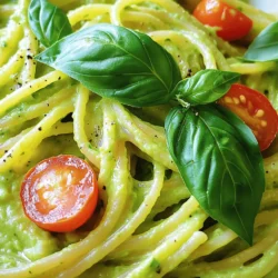 - 2 reife Avocados - 2 Knoblauchzehen - 1/4 Tasse frische Basilikumblätter - 1/4 Tasse Zitronensaft - 1/3 Tasse Olivenöl - 225 g Vollkorn-Spaghetti - Salz, schwarzer Pfeffer und optional rote Pfefferflocken Die Hauptzutaten für cremige Avocado-Pasta sind einfach und frisch. Du brauchst zwei reife Avocados. Sie sollten weich sein, wenn du sie drückst. Knoblauch gibt der Sauce einen tollen Geschmack. Wir verwenden zwei Knoblauchzehen, die du fein hackst. Frische Basilikumblätter bringen eine schöne Note. Du benötigst eine viertel Tasse davon. Der Zitronensaft sorgt für Frische und gibt einen tollen Kontrast. Eine viertel Tasse ist genug. Olivenöl macht die Sauce cremig. Hier verwenden wir ein Drittel Tasse. Vollkorn-Spaghetti sind gesund und sättigend. 225 Gramm reichen für vier Portionen. Vergiss nicht, Salz und schwarzen Pfeffer hinzuzufügen, um den Geschmack zu verstärken. Rote Pfefferflocken sind optional, aber sie bringen eine schöne Schärfe. - Frische Basilikumblätter - Kirschtomaten Für die Garnitur brauchst du frische Basilikumblätter. Sie sehen toll aus und schmecken auch gut. Kirschtomaten sind eine leckere Ergänzung. Halbiere sie, bevor du sie anrichtest. Sie bringen Farbe auf den Teller und sind süß im Geschmack. Alle Zutaten zusammen machen deine cremige Avocado-Pasta zu einem Genuss. Für das vollständige Rezept schau dir die Sektion "Full Recipe" an. Zuerst koche ich die Vollkorn-Spaghetti in einem großen Topf mit kochendem, gesalzenem Wasser. Es ist wichtig, die Spaghetti bis zur gewünschten Bissfestigkeit zu garen. Ich empfehle, die Anweisungen auf der Verpackung zu befolgen. Vor dem Abgießen der Spaghetti bewahre ich etwa 1 Tasse des Nudelwassers auf. Dieses Wasser hilft später, die Sauce zu verdünnen. Für die Avocadosauce gebe ich die reifen Avocados, den gehackten Knoblauch, frische Basilikumblätter, Zitronensaft und Olivenöl in eine Küchenmaschine. Ich mixe die Zutaten, bis sie eine glatte, cremige Konsistenz haben. Sollte die Mischung zu dick sein, füge ich nach und nach etwas von dem aufbewahrten Nudelwasser hinzu. So erreiche ich die perfekte Konsistenz für die Sauce. Sobald die Spaghetti gekocht sind, gebe ich sie zurück in den Topf bei sehr niedriger Hitze. Dann gieße ich die cremige Avocadosauce über die Pasta. Ich mische alles gut durch, damit die Sauce die Spaghetti gleichmäßig umhüllt. Wenn nötig, füge ich weiteres Nudelwasser hinzu, um die Sauce zu lockern. Zum Schluss würze ich die Mischung mit Salz und schwarzem Pfeffer. Abschließend serviere ich die Pasta sofort, garniert mit frischen Basilikumblättern und halbierten Kirschtomaten. So sieht das Gericht nicht nur schön aus, sondern schmeckt auch frisch und lecker. Um die beste Avocado zu finden, drücken Sie leicht auf die Schale. Sie sollte weich, aber nicht matschig sein. Eine reife Avocado hat eine dunkle, matte Haut. Meiden Sie grüne, harte Früchte. Lagern Sie reife Avocados bei Raumtemperatur. Wenn sie reif sind, stellen Sie sie in den Kühlschrank. So bleiben sie länger frisch. Für die Sauce verwenden Sie frisches Olivenöl und Zitronensaft. Diese geben Geschmack und helfen, die Creme glatt zu machen. Wenn die Sauce zu dick ist, fügen Sie etwas Nudelwasser hinzu. Das Wasser macht die Sauce cremig und hilft, sie gut zu verteilen. Achten Sie darauf, die Sauce nicht zu wässrig zu machen. Passen Sie die Dicke nach Ihrem Wunsch an. Garnituren machen Ihr Gericht besonders. Verwenden Sie frische Basilikumblätter für Farbe und Geschmack. Kirschtomaten bringen Frische und Süße. Sie können auch geröstete Nüsse oder Käse hinzufügen. Servieren Sie die Pasta in einer großen Schüssel oder auf Tellern. Das sieht schön aus und macht Eindruck bei Gästen. Probieren Sie diese Tipps aus, um Ihre cremige Avocado-Pasta zu verfeinern. Für das komplette Rezept schauen Sie sich die [Full Recipe] an. {{image_4}} Für diese cremige Avocado Pasta brauchen Sie keine tierischen Produkte. Statt Parmesan verwenden Sie einfach Hefeflocken. Diese geben einen tollen Käsegeschmack ohne Milch. Anstelle von Olivenöl können Sie auch Avocadoöl ausprobieren. Es passt gut zu diesem Gericht. Zusätzlich können Sie mehr Gemüse hinzufügen. Brokkoli oder Spinat sind gute Optionen. Einfach in der Pfanne kurz anbraten und dann zur Pasta geben. So wird das Gericht noch bunter und gesünder. Wenn Sie glutenfrei essen, probieren Sie Zucchini-Nudeln oder Reisnudeln. Diese Alternativen schmecken frisch und leicht. Sie können auch glutenfreie Spaghetti verwenden. Diese gibt es in vielen Supermärkten. Achten Sie darauf, die Kochzeit entsprechend anzupassen. Für ein schnelles Rezept mit glutenfreien Zutaten, kochen Sie die Zucchini-Nudeln kurz in Wasser. Dann mischen Sie sie mit der Avocadosauce. So erhalten Sie eine leckere und gesunde Mahlzeit. Möchten Sie mehr Geschmack? Fügen Sie frische Kräuter hinzu. Petersilie, Oregano oder Schnittlauch passen gut zu diesem Gericht. Sie geben der Pasta eine neue Note. Wenn Sie es gerne herzhaft mögen, können Sie geröstete Nüsse dazugeben. Walnüsse oder Pinienkerne sind eine gute Wahl. Diese geben der Pasta einen knackigen Biss. Für eine besondere Note können Sie auch etwas Feta darüber streuen. Der salzige Käse passt gut zu den Aromen der Avocado. So wird Ihre Pasta noch köstlicher. Entdecken Sie verschiedene Variationen dieser cremigen Avocado Pasta. Sie werden überrascht sein, wie viel Spaß das Kochen macht! - Kühlschrank oder Gefrierschrank? Bewahre die Reste im Kühlschrank auf. Sie bleiben dort frisch. Die Avocado-Sauce kann im Gefrierschrank einfrieren, aber die Textur kann sich ändern. - Haltbarkeit der Zutaten Die Reste halten sich im Kühlschrank etwa 2 bis 3 Tage. Achte darauf, die Sauce gut abzudecken, damit sie nicht braun wird. - Beste Methoden zum Erhitzen Erhitze die Pasta in einer Pfanne bei niedriger Hitze. Füge etwas Nudelwasser hinzu, um die Sauce geschmeidig zu halten. - Vermeidung von Matsche Vermeide die Mikrowelle. Sie macht die Pasta matschig. Erwärme die Reste sanft, um die cremige Textur zu bewahren. - Neue Rezepte kreieren Nutze die Sauce für Sandwiches oder als Dip. Sie passt gut zu frischem Gemüse oder Brot. - Kreativen Umgang mit Reste Mische die Sauce in einem Salat oder auf einer Pizza. So genießt du die Reste auf neue Weise. Für das vollständige Rezept besuche bitte den Abschnitt "Full Recipe". Die cremige Avocado-Pasta bleibt bis zu drei Tage im Kühlschrank frisch. Um die Qualität zu erhalten, bewahre die Pasta in einem luftdichten Behälter auf. Achte darauf, dass die Avocados nicht braun werden. Ein Spritzer Zitronensaft kann helfen. Ja, du kannst die Pasta bis zu 24 Stunden im Voraus zubereiten. Koche die Spaghetti und bereite die Avocadosauce vor. Lagere alles getrennt im Kühlschrank. Mische die Zutaten kurz vor dem Servieren. So bleibt die Pasta frisch und die Sauce cremig. Ja, diese Pasta ist vegan. Die Hauptzutaten sind reife Avocados, Knoblauch, Basilikum, Zitronensaft und Olivenöl. Du kannst sie auch anpassen, wenn du spezielle Diäten hast. Die Zutaten sind rein pflanzlich und gesund. Ja, du kannst Guacamole verwenden, aber es hat Vor- und Nachteile. Guacamole ist oft gewürzt, was den Geschmack verändert. Die Textur kann auch dicker sein. Frische Avocados bieten mehr Kontrolle über den Geschmack und die Konsistenz. Es lohnt sich, beide Ansätze auszuprobieren. Die cremige Avocado-Pasta ist einfach und lecker. Die Hauptzutaten sind reife Avocados, frischer Basilikum und Vollkorn-Spaghetti. Die Anleitung hilft dir Schritt für Schritt, alles zuzubereiten. Ich gab Tipps, um die Sauce perfekt zu machen und die Pasta kreativ zu garnieren. Es gibt auch viele Variationen, wie vegane oder glutenfreie Optionen. Denke daran, Reste richtig aufzubewahren. So bleibt dein Essen frisch und schmackhaft. Probiere es aus und erlebe, wie vielseitig Avocado sein kann.