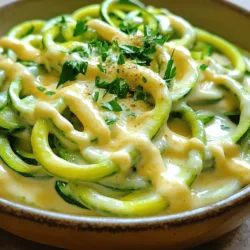 Die Hauptzutaten für Zucchini Noodle Alfredo sind einfach und frisch. Hier sind die Zutaten, die Sie benötigen: - 2 mittelgroße Zucchini, spiralförmig in Nudeln geschnitten - 250 ml Schlagsahne - 100 g geriebener Parmesan - 2 Esslöffel ungesalzene Butter - 3 Knoblauchzehen, fein gehackt - 1/2 Teelöffel Muskatnuss - Salz und Pfeffer nach Geschmack - Frische Petersilie, gehackt (zum Garnieren) Diese Zutaten sind leicht zu finden. Die Zucchini sind die Basis und geben der Speise eine frische Note. Um Ihr Gericht noch besser zu machen, können Sie einige zusätzliche Zutaten verwenden: - Eine Prise Chili für etwas Schärfe - Zitronensaft für mehr Frische - Pinienkerne oder Walnüsse für Crunch Diese Zutaten sind optional, aber sie bringen neuen Geschmack und Textur in Ihr Gericht. Die Auswahl der besten Zucchini ist wichtig. Hier sind einige Tipps, die Ihnen helfen: - Wählen Sie Zucchini, die fest und glatt sind. - Achten Sie auf eine gleichmäßige Farbe ohne dunkle Flecken. - Kleinere Zucchini sind meist süßer und zarter. Frische Zucchini machen Ihr Gericht geschmackvoller. Wenn Sie diese Tipps befolgen, wird Ihre Zucchini Noodle Alfredo köstlich und ein Hit bei allen. Für das komplette Rezept schauen Sie sich bitte die [Full Recipe] an. Um Zucchini-Nudeln zu machen, brauchen Sie frische Zucchini. Nehmen Sie eine Zucchini und schneiden Sie die Enden ab. Benutzen Sie einen Spiralschneider oder einen Gemüseschäler. Die Zucchini wird in lange, dünne Nudeln geschnitten. Je dünner die Nudeln, desto schneller garen sie später. Wenn Sie wenig Zeit haben, können Sie auch fertige Zucchininudeln kaufen. Jetzt bereiten wir die Sauce vor. Nehmen Sie eine große Pfanne und stellen Sie sie auf mittlere Hitze. Geben Sie zwei Esslöffel ungesalzene Butter in die Pfanne. Warten Sie, bis die Butter schmilzt. Fügen Sie dann drei fein gehackte Knoblauchzehen hinzu. Braten Sie den Knoblauch für ein bis zwei Minuten an. Er sollte duften, aber nicht braun werden. Gießen Sie nun 250 ml Schlagsahne in die Pfanne. Rühren Sie gut um und bringen Sie die Mischung sanft zum Köcheln. Fügen Sie nach und nach 100 g geriebenen Parmesan hinzu. Rühren Sie kontinuierlich, bis der Käse schmilzt. Jetzt kommen 1/2 Teelöffel Muskatnuss, Salz und Pfeffer nach Geschmack dazu. Lassen Sie die Sauce für zwei bis drei Minuten köcheln, bis sie dick wird. Fügen Sie die Zucchini-Nudeln in die Pfanne. Schwenken Sie alles gut durch, damit die Nudeln die Sauce aufnehmen. Kochen Sie die Mischung zwei bis vier Minuten. Die Nudeln sollten weich, aber noch bissfest sein. Nehmen Sie die Pfanne vom Herd. Rühren Sie alles noch einmal gut durch. Für das vollständige Rezept, schauen Sie bitte [hier](Full Recipe). Um die beste Sauce zu bekommen, achte auf die Schlagsahne. Sie sollte frisch sein. Verwende auch echten Parmesan. Dieser Käse schmilzt besser und sorgt für einen vollen Geschmack. Beginne mit mittlerer Hitze, wenn du die Butter schmilzt. Füge den Knoblauch hinzu, bevor die Butter bräunt. Rühre die Schlagsahne gut ein. Das hilft, Klumpen zu vermeiden. Lass die Sauce leicht köcheln, damit sie eindickt. Rühre weiter, um die Konsistenz zu verbessern. Zucchini kann viel Wasser enthalten. Das kann deine Sauce wässrig machen. Um dies zu verhindern, salze die Zucchini vor der Zubereitung. Lass sie etwa 10 Minuten stehen. Das Salz zieht Wasser heraus. Danach tupfe die Zucchini mit einem Küchentuch trocken. Alternativ kannst du die Zucchini auch kurz in einer Pfanne anbraten, um das Wasser zu reduzieren. So bleiben die Nudeln knackig. Die Präsentation macht das Essen noch besser. Serviere die Zucchini-Nudeln in einer flachen Schüssel. Gieße etwas extra Sauce darüber. Das sieht toll aus. Streue frisch gehackte Petersilie darüber für mehr Farbe. Du kannst auch mehr Parmesan hinzufügen. Wenn du es noch bunter magst, füge ein paar Kirschtomaten hinzu. Das macht das Gericht nicht nur schön, sondern auch lecker! {{image_4}} Um eine vegane Zucchini Noodle Alfredo zu machen, ersetze die Schlagsahne. Nutze stattdessen Kokosnussmilch oder Cashewcreme. Diese Alternativen geben der Sauce eine cremige Textur. Für den Käse-Ersatz kannst du Hefeflocken verwenden. Sie geben einen käsigen Geschmack ohne tierische Produkte. Die gute Nachricht: Die klassische Alfredo-Sauce ist oft glutenfrei. Achte nur darauf, dass die verwendeten Zutaten auch wirklich glutenfrei sind. Du kannst auch glutenfreie Pasta verwenden, falls du mehr als nur Zucchini-Nudeln magst. Das macht das Gericht für viele geeignet. Es gibt viele Möglichkeiten, deine Zucchini Noodle Alfredo zu verfeinern. Füge frische Kräuter wie Basilikum oder Oregano hinzu. Das bringt mehr Geschmack. Auch gebratene Pilze oder Spinat passen super dazu. Für einen extra Kick kannst du etwas Zitronensaft oder Chiliflocken hinzufügen. Experimentiere mit diesen Zutaten und finde deine Lieblingskombination. Es ist wichtig, die Reste der Zucchini-Nudeln richtig zu lagern. Lassen Sie die Nudeln und die Sauce zuerst abkühlen. Dann geben Sie sie in einen luftdichten Behälter. Trennen Sie die Nudeln von der Sauce, um die beste Textur zu erhalten. Lagern Sie sie im Kühlschrank. So bleiben die Reste frisch und lecker. Verzehren Sie die Reste innerhalb von 2-3 Tagen. Für das Aufwärmen gibt es einfache Schritte. Nehmen Sie die Zucchini-Nudeln und die Alfredo-Sauce aus dem Kühlschrank. Geben Sie die Nudeln in eine Pfanne bei mittlerer Hitze. Fügen Sie etwas Wasser oder Sahne hinzu, um sie nicht zu trocken zu machen. Rühren Sie die Nudeln gut um, bis sie warm sind. Fügen Sie dann die Sauce hinzu und kochen Sie alles für 2-3 Minuten. So bleiben die Nudeln zart und schmackhaft. Die Alfredo-Sauce hat ihre eigene Haltbarkeit. Wenn Sie die Sauce separat lagern, bleibt sie bis zu 5 Tage frisch. Achten Sie darauf, sie in einem luftdichten Behälter zu lagern. Überprüfen Sie die Sauce vor der Verwendung auf Geruch oder Farbe. Wenn sie schlecht riecht oder aussieht, entsorgen Sie sie. Verwenden Sie die Sauce in anderen Gerichten, um sie zu nutzen. So verschwenden Sie nichts. Zucchini-Nudeln bleiben im Kühlschrank etwa 3 bis 5 Tage frisch. Lagern Sie sie in einem luftdichten Behälter. Achten Sie darauf, dass sie trocken sind. Feuchtigkeit kann sie schnell verderben lassen. Wenn sie matschig oder braun werden, ist es Zeit, sie wegzuwerfen. Um die Haltbarkeit zu verlängern, können Sie sie auch einfrieren. Gefrorene Zucchini-Nudeln halten bis zu 3 Monate. Ja, Sie können auch andere Gemüse verwenden. Karotten oder Süßkartoffeln sind tolle Alternativen. Mit einem Spiralschneider können Sie diese Gemüse in Nudeln verwandeln. Kürbis ist eine weitere optionale Wahl. Diese Gemüsenudeln haben unterschiedliche Geschmäcker und Texturen. Experimentieren Sie mit verschiedenen Sorten, um neue Gerichte zu entdecken. Zu Zucchini Noodle Alfredo passen viele Beilagen. Ein frischer grüner Salat ergänzt die Cremigkeit des Gerichts. Gegrilltes Hähnchen oder Garnelen sind ebenfalls gute Partner. Sie fügen Protein hinzu und machen das Essen sättigender. Knoblauchbrot ist eine weitere beliebte Wahl, ideal zum Dippen in die Sauce. Wenn Sie es schärfer mögen, probieren Sie etwas Chili oder Pfeffer. Für das vollständige Rezept und weitere Tipps, siehe [Full Recipe]. Zucchini Noodle Alfredo ist einfach und lecker. Wir haben die besten Zutaten und Schritte durchgenommen. Du hast gelernt, wie man Zucchini in Nudeln verwandelt und eine cremige Sauce zubereitet. Auch Tipps für die perfekte Konsistenz und kreative Variationen wurden behandelt. Nutze die Reste richtig und wärm sie auf, um das vollste Geschmackserlebnis zu genießen. Dieses Rezept zeigt, dass gesunde Gerichte köstlich sein können. Probiere es selbst aus und mache es zu deinem neuen Liebling!