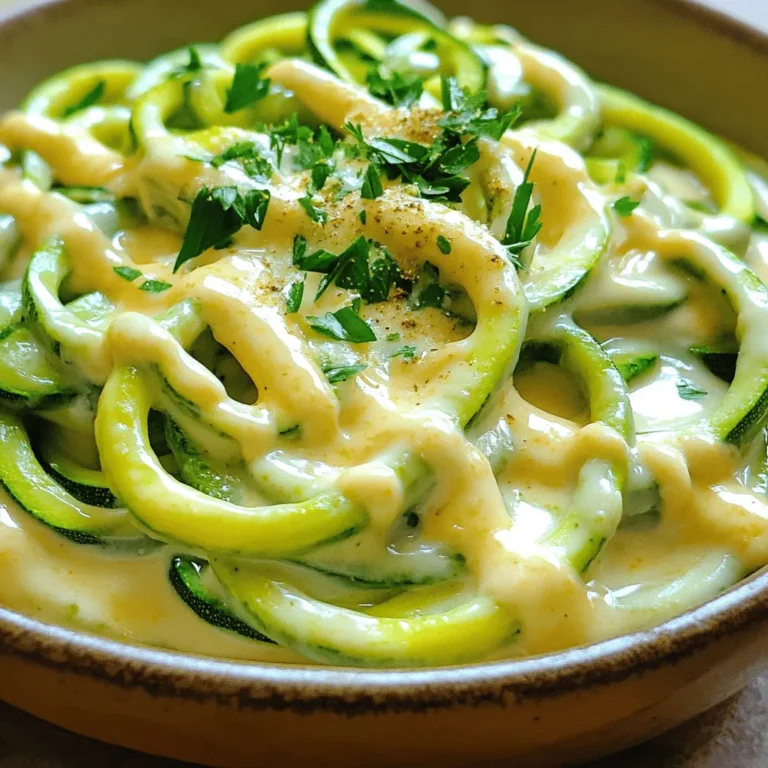 Die Hauptzutaten für Zucchini Noodle Alfredo sind einfach und frisch. Hier sind die Zutaten, die Sie benötigen: - 2 mittelgroße Zucchini, spiralförmig in Nudeln geschnitten - 250 ml Schlagsahne - 100 g geriebener Parmesan - 2 Esslöffel ungesalzene Butter - 3 Knoblauchzehen, fein gehackt - 1/2 Teelöffel Muskatnuss - Salz und Pfeffer nach Geschmack - Frische Petersilie, gehackt (zum Garnieren) Diese Zutaten sind leicht zu finden. Die Zucchini sind die Basis und geben der Speise eine frische Note. Um Ihr Gericht noch besser zu machen, können Sie einige zusätzliche Zutaten verwenden: - Eine Prise Chili für etwas Schärfe - Zitronensaft für mehr Frische - Pinienkerne oder Walnüsse für Crunch Diese Zutaten sind optional, aber sie bringen neuen Geschmack und Textur in Ihr Gericht. Die Auswahl der besten Zucchini ist wichtig. Hier sind einige Tipps, die Ihnen helfen: - Wählen Sie Zucchini, die fest und glatt sind. - Achten Sie auf eine gleichmäßige Farbe ohne dunkle Flecken. - Kleinere Zucchini sind meist süßer und zarter. Frische Zucchini machen Ihr Gericht geschmackvoller. Wenn Sie diese Tipps befolgen, wird Ihre Zucchini Noodle Alfredo köstlich und ein Hit bei allen. Für das komplette Rezept schauen Sie sich bitte die [Full Recipe] an. Um Zucchini-Nudeln zu machen, brauchen Sie frische Zucchini. Nehmen Sie eine Zucchini und schneiden Sie die Enden ab. Benutzen Sie einen Spiralschneider oder einen Gemüseschäler. Die Zucchini wird in lange, dünne Nudeln geschnitten. Je dünner die Nudeln, desto schneller garen sie später. Wenn Sie wenig Zeit haben, können Sie auch fertige Zucchininudeln kaufen. Jetzt bereiten wir die Sauce vor. Nehmen Sie eine große Pfanne und stellen Sie sie auf mittlere Hitze. Geben Sie zwei Esslöffel ungesalzene Butter in die Pfanne. Warten Sie, bis die Butter schmilzt. Fügen Sie dann drei fein gehackte Knoblauchzehen hinzu. Braten Sie den Knoblauch für ein bis zwei Minuten an. Er sollte duften, aber nicht braun werden. Gießen Sie nun 250 ml Schlagsahne in die Pfanne. Rühren Sie gut um und bringen Sie die Mischung sanft zum Köcheln. Fügen Sie nach und nach 100 g geriebenen Parmesan hinzu. Rühren Sie kontinuierlich, bis der Käse schmilzt. Jetzt kommen 1/2 Teelöffel Muskatnuss, Salz und Pfeffer nach Geschmack dazu. Lassen Sie die Sauce für zwei bis drei Minuten köcheln, bis sie dick wird. Fügen Sie die Zucchini-Nudeln in die Pfanne. Schwenken Sie alles gut durch, damit die Nudeln die Sauce aufnehmen. Kochen Sie die Mischung zwei bis vier Minuten. Die Nudeln sollten weich, aber noch bissfest sein. Nehmen Sie die Pfanne vom Herd. Rühren Sie alles noch einmal gut durch. Für das vollständige Rezept, schauen Sie bitte [hier](Full Recipe). Um die beste Sauce zu bekommen, achte auf die Schlagsahne. Sie sollte frisch sein. Verwende auch echten Parmesan. Dieser Käse schmilzt besser und sorgt für einen vollen Geschmack. Beginne mit mittlerer Hitze, wenn du die Butter schmilzt. Füge den Knoblauch hinzu, bevor die Butter bräunt. Rühre die Schlagsahne gut ein. Das hilft, Klumpen zu vermeiden. Lass die Sauce leicht köcheln, damit sie eindickt. Rühre weiter, um die Konsistenz zu verbessern. Zucchini kann viel Wasser enthalten. Das kann deine Sauce wässrig machen. Um dies zu verhindern, salze die Zucchini vor der Zubereitung. Lass sie etwa 10 Minuten stehen. Das Salz zieht Wasser heraus. Danach tupfe die Zucchini mit einem Küchentuch trocken. Alternativ kannst du die Zucchini auch kurz in einer Pfanne anbraten, um das Wasser zu reduzieren. So bleiben die Nudeln knackig. Die Präsentation macht das Essen noch besser. Serviere die Zucchini-Nudeln in einer flachen Schüssel. Gieße etwas extra Sauce darüber. Das sieht toll aus. Streue frisch gehackte Petersilie darüber für mehr Farbe. Du kannst auch mehr Parmesan hinzufügen. Wenn du es noch bunter magst, füge ein paar Kirschtomaten hinzu. Das macht das Gericht nicht nur schön, sondern auch lecker! {{image_4}} Um eine vegane Zucchini Noodle Alfredo zu machen, ersetze die Schlagsahne. Nutze stattdessen Kokosnussmilch oder Cashewcreme. Diese Alternativen geben der Sauce eine cremige Textur. Für den Käse-Ersatz kannst du Hefeflocken verwenden. Sie geben einen käsigen Geschmack ohne tierische Produkte. Die gute Nachricht: Die klassische Alfredo-Sauce ist oft glutenfrei. Achte nur darauf, dass die verwendeten Zutaten auch wirklich glutenfrei sind. Du kannst auch glutenfreie Pasta verwenden, falls du mehr als nur Zucchini-Nudeln magst. Das macht das Gericht für viele geeignet. Es gibt viele Möglichkeiten, deine Zucchini Noodle Alfredo zu verfeinern. Füge frische Kräuter wie Basilikum oder Oregano hinzu. Das bringt mehr Geschmack. Auch gebratene Pilze oder Spinat passen super dazu. Für einen extra Kick kannst du etwas Zitronensaft oder Chiliflocken hinzufügen. Experimentiere mit diesen Zutaten und finde deine Lieblingskombination. Es ist wichtig, die Reste der Zucchini-Nudeln richtig zu lagern. Lassen Sie die Nudeln und die Sauce zuerst abkühlen. Dann geben Sie sie in einen luftdichten Behälter. Trennen Sie die Nudeln von der Sauce, um die beste Textur zu erhalten. Lagern Sie sie im Kühlschrank. So bleiben die Reste frisch und lecker. Verzehren Sie die Reste innerhalb von 2-3 Tagen. Für das Aufwärmen gibt es einfache Schritte. Nehmen Sie die Zucchini-Nudeln und die Alfredo-Sauce aus dem Kühlschrank. Geben Sie die Nudeln in eine Pfanne bei mittlerer Hitze. Fügen Sie etwas Wasser oder Sahne hinzu, um sie nicht zu trocken zu machen. Rühren Sie die Nudeln gut um, bis sie warm sind. Fügen Sie dann die Sauce hinzu und kochen Sie alles für 2-3 Minuten. So bleiben die Nudeln zart und schmackhaft. Die Alfredo-Sauce hat ihre eigene Haltbarkeit. Wenn Sie die Sauce separat lagern, bleibt sie bis zu 5 Tage frisch. Achten Sie darauf, sie in einem luftdichten Behälter zu lagern. Überprüfen Sie die Sauce vor der Verwendung auf Geruch oder Farbe. Wenn sie schlecht riecht oder aussieht, entsorgen Sie sie. Verwenden Sie die Sauce in anderen Gerichten, um sie zu nutzen. So verschwenden Sie nichts. Zucchini-Nudeln bleiben im Kühlschrank etwa 3 bis 5 Tage frisch. Lagern Sie sie in einem luftdichten Behälter. Achten Sie darauf, dass sie trocken sind. Feuchtigkeit kann sie schnell verderben lassen. Wenn sie matschig oder braun werden, ist es Zeit, sie wegzuwerfen. Um die Haltbarkeit zu verlängern, können Sie sie auch einfrieren. Gefrorene Zucchini-Nudeln halten bis zu 3 Monate. Ja, Sie können auch andere Gemüse verwenden. Karotten oder Süßkartoffeln sind tolle Alternativen. Mit einem Spiralschneider können Sie diese Gemüse in Nudeln verwandeln. Kürbis ist eine weitere optionale Wahl. Diese Gemüsenudeln haben unterschiedliche Geschmäcker und Texturen. Experimentieren Sie mit verschiedenen Sorten, um neue Gerichte zu entdecken. Zu Zucchini Noodle Alfredo passen viele Beilagen. Ein frischer grüner Salat ergänzt die Cremigkeit des Gerichts. Gegrilltes Hähnchen oder Garnelen sind ebenfalls gute Partner. Sie fügen Protein hinzu und machen das Essen sättigender. Knoblauchbrot ist eine weitere beliebte Wahl, ideal zum Dippen in die Sauce. Wenn Sie es schärfer mögen, probieren Sie etwas Chili oder Pfeffer. Für das vollständige Rezept und weitere Tipps, siehe [Full Recipe]. Zucchini Noodle Alfredo ist einfach und lecker. Wir haben die besten Zutaten und Schritte durchgenommen. Du hast gelernt, wie man Zucchini in Nudeln verwandelt und eine cremige Sauce zubereitet. Auch Tipps für die perfekte Konsistenz und kreative Variationen wurden behandelt. Nutze die Reste richtig und wärm sie auf, um das vollste Geschmackserlebnis zu genießen. Dieses Rezept zeigt, dass gesunde Gerichte köstlich sein können. Probiere es selbst aus und mache es zu deinem neuen Liebling!