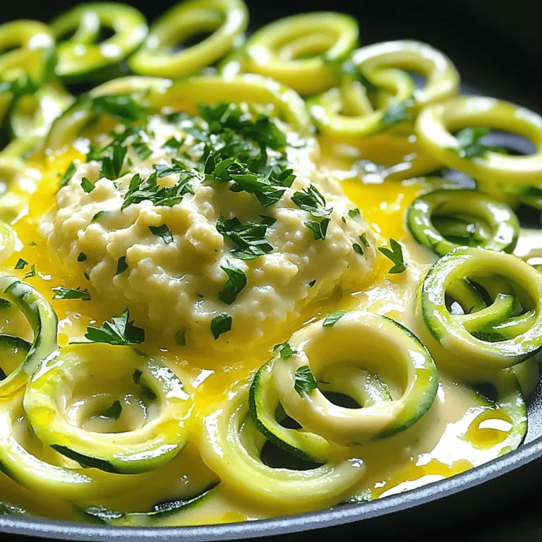 Die Hauptzutaten für Zucchini Noodle Alfredo sind frisch und gesund. Hier ist, was du brauchst: - 4 mittelgroße Zucchinis, spiralisiert zu Nudeln - 1 Tasse Blumenkohlröschen - 1 Tasse ungesüßte Mandelmilch - 3 Esslöffel Nährhefe - 2 Esslöffel Olivenöl - 2 Knoblauchzehen, fein gehackt - 1 Esslöffel Zitronensaft - Salz und Pfeffer nach Geschmack - Frische Petersilie, gehackt (zur Garnierung) Diese Zutaten geben dir den vollen Geschmack. Zucchini sind leicht und gesund. Blumenkohl bringt eine cremige Textur. Mandelmilch macht die Sauce sanft. Nährhefe gibt einen leckeren, käsigen Geschmack. Knoblauch sorgt für ein tolles Aroma. Diese Zutaten bieten viele Nährstoffe. Zucchini ist reich an Vitaminen und Mineralien. Sie hat wenig Kalorien und viel Wasser. Das hilft dir, hydriert zu bleiben. Blumenkohl ist voller Ballaststoffe. Er unterstützt die Verdauung und gibt dir ein sattes Gefühl. Mandelmilch ist eine gute Quelle für gesunde Fette. Sie enthält auch Vitamin E, das gut für die Haut ist. Nährhefe ist eine großartige Quelle für B-Vitamine. Diese sind wichtig für die Energieproduktion. Knoblauch kann das Immunsystem stärken und Entzündungen reduzieren. Wähle Zucchini, die fest und glänzend sind. Vermeide Zucchini mit dunklen Flecken oder Druckstellen. Lagere sie im Kühlschrank, um sie frisch zu halten. Blumenkohl sollte weiß und kompakt sein. Vermeide Blätter, die braun oder welk sind. Lagere auch Blumenkohl im Kühlschrank, um seine Frische zu bewahren. Wenn du die Zucchini und den Blumenkohl richtig auswählst und lagerst, bleibt dein Gericht lecker und gesund. Du kannst sie auch vorher zubereiten. So sparst du Zeit beim Kochen. Schau dir das vollständige Rezept an, um mehr über die Zubereitung zu erfahren! Zuerst müssen wir die Zucchini und den Blumenkohl vorbereiten. Für die Zucchini verwenden wir vier mittelgroße Zucchinis. Spiralisiere sie mit einem Spiralschneider. So entstehen schöne, lange Nudeln. Für den Blumenkohl nehmen wir eine Tasse Blumenkohlröschen. Schneide die Röschen klein, damit sie gleichmäßig garen. Kochen wir nun einen großen Topf mit Wasser. Wenn das Wasser kocht, fügen wir die Blumenkohlröschen hinzu. Lass sie für etwa 5-7 Minuten kochen, bis sie zart sind. Gieße sie dann ab und stelle sie beiseite. Jetzt kommen wir zur Alfredo-Sauce. Nimm die gekochten Blumenkohlröschen und gebe sie in einen Mixer. Füge eine Tasse ungesüßte Mandelmilch, drei Esslöffel Nährhefe, zwei Esslöffel Olivenöl, zwei fein gehackte Knoblauchzehen, einen Esslöffel Zitronensaft sowie eine Prise Salz und Pfeffer hinzu. Mix die Mischung, bis sie glatt und cremig ist. Schmecke die Sauce ab und füge bei Bedarf mehr Salz oder Pfeffer hinzu. Diese Sauce wird die Basis für unser Gericht. Jetzt kommen wir zu den Zucchini-Nudeln. In einer großen Pfanne erhitzen wir die spiralisierten Zucchini-Nudeln bei mittlerer Hitze. Brate sie für etwa 2-3 Minuten an, bis sie leicht weich, aber noch al dente sind. Reduziere die Hitze und gieße die cremige Alfredo-Sauce über die Zucchini-Nudeln. Rühre vorsichtig um, damit die Nudeln gleichmäßig mit der Sauce bedeckt sind. Lass das Ganze für weitere 2-3 Minuten auf dem Herd, bis die Sauce gut durchgewärmt ist. Serviere das Gericht sofort. Garniere es mit frisch gehackter Petersilie. So wird dein Zucchini Noodle Alfredo ein Genuss für jeden Tag! Wenn du mehr Details brauchst, schau dir das [Full Recipe] an. Um Zeit zu sparen, bereiten Sie die Zutaten im Voraus vor. Spiralisieren Sie die Zucchini am Morgen oder am Vorabend. Lagern Sie sie in einem luftdichten Behälter. Kochen Sie den Blumenkohl gleichzeitig mit den Zucchini. So sind alle Zutaten schnell bereit. Nutzen Sie einen Hochleistungsmixer für die Sauce. Je schneller die Sauce glatt wird, desto schneller können Sie essen. Die Zucchini Noodle Alfredo ist vielseitig. Fügen Sie frische Kräuter wie Basilikum oder Oregano hinzu. Ein Hauch von Muskatnuss gibt der Sauce Tiefe. Experimentieren Sie mit Chili-Flocken für etwas Schärfe. Sie können auch geriebenen Parmesan oder Pecorino hinzufügen, um den Geschmack zu intensivieren. Seien Sie kreativ und passen Sie die Gewürze nach Ihrem Geschmack an. Ein häufiger Fehler ist das Überkochen der Zucchini-Nudeln. Kochen Sie sie nur 2-3 Minuten. So bleiben sie al dente und knackig. Wenn sie zu lange kochen, werden sie matschig. Lassen Sie die Zucchini-Nudeln vor dem Anrichten gut abtropfen, um überschüssige Flüssigkeit zu vermeiden. So bleibt die Sauce schön cremig und haftet besser. {{image_4}} Wenn du eine vegane Version von Zucchini Noodle Alfredo zubereiten möchtest, ist das ganz einfach. Die Basis bleibt gleich, aber wir tauschen einige Zutaten aus. Du kannst die Mandelmilch verwenden, die wir schon im Rezept haben. Diese gibt der Sauce eine tolle Cremigkeit. Für den Käsegeschmack ist Nährhefe perfekt. Sie gibt einen käsigen Geschmack, ohne Milchprodukte zu nutzen. Zusätzlich kannst du mehr Gemüse hinzufügen. Zum Beispiel Spinat oder Brokkoli. Das macht das Gericht noch bunter und gesünder. Wenn du auf Gluten achtest, ist Mandelmilch eine gute Wahl. Aber es gibt auch andere Optionen. Du kannst Sojamilch oder Hafermilch verwenden. Beide sind glutenfrei und passen gut zu diesem Rezept. Achte darauf, ungesüßte Varianten zu wählen. So bleibt der Geschmack der Alfredo-Sauce klar und frisch. Um das Gericht proteinreicher zu machen, kannst du Hühnchen oder Garbanzos hinzufügen. Hühnchen passt gut, wenn du es magst. Einfach das Hühnchen braten und in Stücke schneiden. Wenn du es vegan halten möchtest, wähle Garbanzos. Diese geben dir eine tolle Textur und viel Protein. Du kannst sie einfach in die Pfanne mit den Zucchini-Nudeln geben. Für die besten Ergebnisse, kombiniere die Zutaten gut. So wird jeder Biss lecker und nahrhaft. Reste der Zucchini-Nudeln sind leicht zu lagern. Lassen Sie die Nudeln auf Raumtemperatur abkühlen. Dann füllen Sie sie in einen luftdichten Behälter. So bleiben sie frisch. Ich empfehle, die Nudeln und die Sauce getrennt aufzubewahren. So bleibt die Textur besser. Um die Zucchini-Nudeln aufzuwärmen, nutzen Sie eine Pfanne. Erhitzen Sie sie bei niedriger Temperatur. Fügen Sie einen kleinen Spritzer Wasser hinzu. Dies hilft, die Nudeln nicht auszutrocknen. Rühren Sie die Nudeln sanft um. Wenn die Sauce auch erwärmt werden soll, machen Sie es in einer separaten Pfanne. Mischen Sie die Nudeln und die Sauce erst kurz vor dem Servieren. Die Reste halten sich im Kühlschrank bis zu drei Tage. Für längere Lagerung können Sie die Nudeln einfrieren. Verpacken Sie sie in einem gefrierfesten Behälter. So bleiben sie bis zu zwei Monate frisch. Tiefgefrorene Zucchini-Nudeln können direkt in die Pfanne gegeben werden. Sie brauchen nur etwas mehr Zeit zum Kochen. Achten Sie darauf, die Sauce frisch zuzubereiten. So bleibt der Geschmack optimal. Für die vollständige Zubereitung schauen Sie sich das [Full Recipe] an. Um die Sauce dicker zu machen, gibt es einige einfache Wege. Füge mehr Nährhefe hinzu. Das gibt der Sauce einen köstlichen Geschmack und eine dickere Konsistenz. Eine andere Option ist, etwas mehr Blumenkohl zu verwenden. Blumenkohl hat eine cremige Textur, die hilft. Du kannst auch einen Esslöffel Maisstärke in etwas Wasser auflösen und zur Sauce geben. Lass die Sauce ein paar Minuten köcheln, bis sie eindickt. Ja, du kannst andere Gemüsesorten verwenden. Brokkoli ist eine tolle Wahl. Er gibt Farbe und Nährstoffe. Auch Karotten können gut funktionieren. Du kannst sie in kleine Stücke schneiden oder spiralisiert verwenden. Erbsen sind auch eine gute Option für Süße und Knusprigkeit. Sei kreativ und mische, was dir gefällt! Für Zucchini Noodle Alfredo sind einige Beilagen sehr gut. Ein frischer grüner Salat passt immer gut dazu. Er bringt einen tollen Crunch und Farbe. Auch geröstete Kichererbsen sind eine tolle Ergänzung. Sie sind knusprig und voll von Proteinen. Knoblauchbrot ist ein weiterer Hit. Es ergänzt die Sauce perfekt. Du kannst auch gebratenes Gemüse servieren, um die Aromen zu verstärken. Zucchini-Nudeln mit Alfredo-Sauce bieten viele Vorteile. Wir haben die Zutaten besprochen und ihre Nährstoffe hervorgehoben. Du hast gelernt, wie du Zucchini und Blumenkohl auswählen und lagern kannst. Die Schritt-für-Schritt-Anleitung hilft dir beim Kochen. Mit unseren Tipps kannst du Zeit sparen und deine Gerichte anpassen. Probiere verschiedene Variationen aus, um neue Geschmäcker zu entdecken. Denke an die Aufbewahrung und Aufwärmoptionen für deine Reste. Jetzt bist du bereit, leckere Zucchini-Nudeln zu genießen!