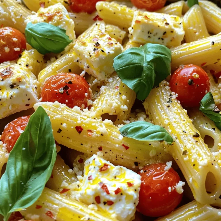 - 200g Penne-Pasta - 200g Feta-Käse (Block) - 2 Tassen Kirschtomaten, halbiert Die Hauptzutaten sind einfach und frisch. Die Penne-Pasta ist ideal, weil sie die Sauce gut aufnimmt. Der Feta-Käse wird beim Backen weich und cremig. Kirschtomaten bringen eine süße Note und eine schöne Farbe ins Gericht. - 4 Knoblauchzehen, fein gehackt - 1 Teelöffel getrockneter Oregano - 60ml extra natives Olivenöl Knoblauch gibt viel Geschmack. Oregano bringt eine mediterrane Note. Olivenöl sorgt für eine schöne Textur und hilft, alles zusammenzubringen. Diese Gewürze sind einfach zu finden und machen das Gericht besonders. - Frische Basilikumblätter - Geriebener Parmesan Basilikum ist frisch und aromatisch. Es gibt dem Gericht Farbe und Geschmack. Parmesan kann optional hinzugefügt werden, um es noch reichhaltiger zu machen. Du kannst beides nach deinem Geschmack anpassen. Wenn du mehr über die Zubereitung erfahren möchtest, schau dir das Full Recipe an. Zuerst heize deinen Ofen auf 200°C vor. Stelle sicher, dass er die richtige Temperatur erreicht. Während der Ofen heiß wird, kannst du die Tomatenmischung zubereiten. Nimm eine große Auflaufform und füge die halbierten Kirschtomaten hinzu. Füge den fein gehackten Knoblauch, den getrockneten Oregano und die roten Pfefferflocken hinzu. Gieße das Olivenöl darüber und würze mit Salz und Pfeffer. Mische alles gut, bis die Tomaten gleichmäßig bedeckt sind. Setze nun den Block Feta-Käse in die Mitte der Tomatenmischung. Träufle einen Esslöffel Olivenöl über den Feta. Schiebe die Auflaufform in den vorgeheizten Ofen. Backe die Mischung etwa 30 Minuten lang. Die Tomaten sollten aufplatzen und der Feta goldbraun und weich sein. Während die Feta-Pasta im Ofen ist, koche die Penne-Pasta. Folge den Anweisungen auf der Packung, bis die Pasta al dente ist. Danach abtropfen und beiseite stellen. Wenn der Feta und die Tomaten fertig sind, nimm die Auflaufform aus dem Ofen. Verwende eine Gabel, um den Feta zu zerbröseln. Mische ihn mit den Tomaten, bis eine cremige Sauce entsteht. Jetzt kommt die Pasta ins Spiel! Gib die gekochte Penne-Pasta in die Auflaufform und vermenge alles gut. Achte darauf, dass die Pasta gleichmäßig mit der Sauce bedeckt ist. Garniere das Gericht mit frischen Basilikumblättern. Nach Belieben kannst du geriebenen Parmesan hinzufügen. Jetzt ist deine Baked Feta Pasta bereit zum Servieren! Um die Sauce perfekt zu machen, bräune den Feta richtig. Wenn du ihn 30 Minuten backst, wird er weich und lecker. Er sollte goldbraun werden, damit er gut schmilzt. Achte darauf, die Pasta al dente zu kochen. Das bedeutet, sie sollte noch einen leichten Biss haben. So bleibt die Pasta beim Mischen mit der Sauce perfekt. Du kannst Zeit sparen, indem du die Zutaten im Voraus vorbereitest. Schneide die Kirschtomaten und hacke den Knoblauch vorher. So ist alles bereit, wenn du mit dem Kochen beginnst. Außerdem nutze die Backzeit effizient. Während der Feta und die Tomaten im Ofen sind, koche die Pasta. So sparst du viel Zeit und alles ist gleichzeitig fertig. Vermeide es, zu viel oder zu wenig Öl zu verwenden. Das kann die Sauce zu fettig oder zu trocken machen. Halte dich an die Menge im Rezept. Achte auch auf die Temperatur beim Backen. Wenn der Ofen zu heiß ist, kann der Feta verbrennen. Ein guter Ofen sollte auf 200°C (400°F) eingestellt sein, um die besten Ergebnisse zu erzielen. Für das vollständige Rezept, schau dir die Überbackene Feta-Pasta-Extravaganz an. {{image_4}} Für eine vegetarische Option kannst du den Feta einfach durch pflanzlichen Käse ersetzen. Viele Marken bieten köstliche Alternativen. Du kannst auch zusätzliche Gemüsesorten wie Zucchini, Paprika oder Spinat hinzufügen. Diese geben mehr Geschmack und Farbe. So bleibt das Gericht frisch und gesund. Wenn du glutenfrei kochen möchtest, wähle glutenfreie Pasta-Sorten. Es gibt viele leckere Optionen auf dem Markt. Diese Pasta hat oft eine ähnliche Textur und schmeckt großartig. Achte beim Kochen darauf, die Anweisungen auf der Verpackung zu befolgen. Um dein Gericht proteinreicher zu machen, füge Hähnchen oder Garnelen hinzu. Koche das Fleisch vorher in der Pfanne, bevor du es zur Mischung gibst. Du kannst auch Bohnen oder Kichererbsen verwenden, um die Proteinzufuhr zu erhöhen. Diese Zutaten sind gesund und machen dein Gericht sättigender. Für eine vollständige Anleitung schau dir das [Full Recipe] an. Um die Reste deines Baked Feta Pasta gut zu lagern, gehe so vor: - Kühlschranklagerung: Lass die Pasta zuerst auf Raumtemperatur abkühlen. Fülle dann die Reste in einen luftdichten Behälter. Im Kühlschrank bleibt die Pasta für 3 bis 5 Tage frisch. - Gefrieroptionen und -methoden: Du kannst die Reste auch einfrieren. Gib die abgekühlte Pasta in einen gefrierfesten Behälter oder einen Gefrierbeutel. So bleibt sie bis zu 3 Monate haltbar. Wie lange ist das Gericht haltbar? Im Kühlschrank hält die Baked Feta Pasta 3 bis 5 Tage. Im Gefrierfach bleibt sie bis zu 3 Monate genießbar. Achte darauf, die Reste gut abzudecken. Um die Pasta wieder warm zu machen, probiere diese Methoden: - Methoden zur Aufwärmung: Die beste Methode ist, die Pasta im Ofen bei 180°C für etwa 15 Minuten zu erwärmen. Alternativ kannst du sie in der Mikrowelle bei niedriger Leistung aufwärmen. - Verhindern von Trockenheit: Um Trockenheit zu verhindern, füge einen kleinen Spritzer Olivenöl oder etwas Brühe hinzu, während du die Pasta erhitzt. So bleibt die Sauce cremig und lecker. Ja, du kannst die Feta-Pasta im Voraus zubereiten. Das macht die Planung einfacher. Du kannst die Tomatenmischung und den Feta schon einen Tag vorher vorbereiten. Lagere sie in einem luftdichten Behälter im Kühlschrank. Koche die Pasta frisch, wenn du bereit bist, das Gericht zu servieren. So bleibt die Pasta perfekt. Falls du keinen Feta hast, gibt es gute Alternativen. Du kannst Ziegenkäse oder Ricotta verwenden. Beide Käse geben einen tollen Geschmack. Wenn du eine vegane Option suchst, probiere pflanzlichen Käse. Diese Optionen bieten dir viele Wege, das Gericht zu variieren und deinen persönlichen Geschmack zu treffen. Die Schärfe der Feta-Pasta hängt von den roten Pfefferflocken ab. Du kannst die Menge ganz einfach anpassen. Wenn du es milder magst, nimm weniger oder lass sie ganz weg. Für mehr Schärfe füge einfach mehr hinzu. So kannst du die Feta-Pasta ganz nach deinem Geschmack einstellen. Zusammenfassend hast du jetzt alles, was du für die Überbackene Feta-Pasta brauchst. Wir haben die Hauptzutaten, die Schritte und nützliche Tipps besprochen. Auch Variationen und Lagerung sind wichtig. Probiere dieses Gericht unbedingt aus, es ist einfach und lecker. Denke daran, Fehler zu vermeiden und deine eigene Note hinzuzufügen. So wird deine Feta-Pasta zum Hit!
