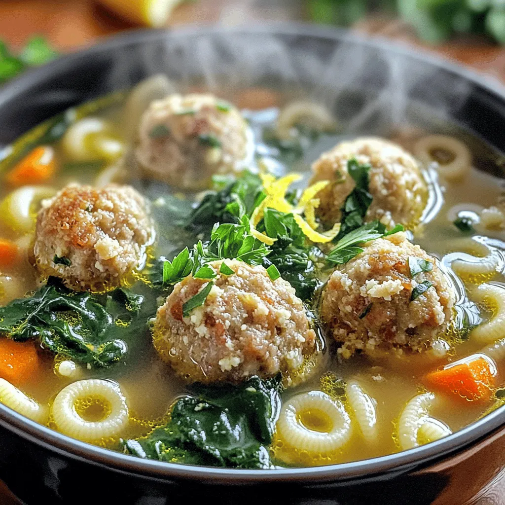 Die italienische Hochzeitssuppe hat einige wichtige Zutaten. Hier sind sie: - 450 g gemahlenes Truthahn- oder Hühnerfleisch - 50 g frisch geriebener Parmesan - 50 g Semmelbrösel - 1 großes Ei - 2 Esslöffel frische Petersilie, gehackt - 1 Teelöffel Knoblauchpulver - 2 Liter Hühnerbrühe - 1 mittelgroße Zwiebel, gehackt - 2 Karotten, gewürfelt - 2 Stangen Sellerie, gewürfelt - 150 g Acini di Pepe oder Orzo-Nudeln - 120 g frischer Spinat oder Grünkohl - Abrieb von 1 Zitrone - 1 Esslöffel Olivenöl Jede Zutat bringt ihren eigenen Geschmack in die Suppe. Das Fleisch gibt Protein und die Brühe sorgt für einen herzhaften Basisgeschmack. Die Wahl der Gewürze und Kräuter ist wichtig. Ich empfehle, frische Petersilie zu verwenden. Sie bringt Farbe und Geschmack. Knoblauchpulver gibt der Suppe einen tollen Umami-Geschmack. Salz und Pfeffer sind ebenfalls wichtig. Sie helfen, die Aromen zu verstärken. Du kannst die Zutaten anpassen. Zum Beispiel, wenn du kein Hühnerfleisch magst, nimm Rindfleisch oder sogar eine vegetarische Option. Du kannst auch das Gemüse variieren. Füge Zucchini oder Erbsen hinzu, um mehr Farbe zu bekommen. Experimentiere mit den Nudeln. Orzo ist klein und süß, aber du kannst auch andere kleine Nudeln nutzen. Für die vollständige Liste der Zubereitung, sieh dir das Full Recipe an. Um die Fleischbällchen für die italienische Hochzeitssuppe zu machen, brauchst du ein paar einfache Schritte. Nimm eine große Schüssel. Füge das gemahlene Truthahn- oder Hühnerfleisch, den frisch geriebenen Parmesan, die Semmelbrösel und das Ei hinzu. Jetzt kommt die Petersilie, das Knoblauchpulver, Salz und Pfeffer hinzu. Mische alles gut mit deinen Händen. Forme dann kleine Fleischbällchen, etwa 2,5 cm groß. Während die Fleischbällchen im Ofen sind, kannst du das Gemüse anbraten. Erhitze das Olivenöl in einem großen Topf bei mittlerer Hitze. Füge die gehackte Zwiebel, die gewürfelten Karotten und den Sellerie hinzu. Brate das Gemüse für 5 bis 7 Minuten. Es sollte weich werden und gut riechen. Jetzt ist es Zeit, die Suppe zusammenzustellen. Gieße die Hühnerbrühe in den Topf und bringe sie zum Kochen. Wenn die Brühe kocht, füge die Acini di Pepe oder Orzo-Nudeln hinzu. Koche die Nudeln nach Anleitung, normalerweise 7 bis 9 Minuten. Rühre dann den frischen Spinat oder Grünkohl ein, bis er verwelkt. Gib die gebackenen Fleischbällchen in den Topf und lasse sie für 3 bis 5 Minuten erhitzen. Zum Schluss, rühre den Abrieb von einer Zitrone ein, um einen frischen Geschmack zu bekommen. Wenn du nach einer einfachen und herzhaften Suppe suchst, ist diese italienische Hochzeitssuppe perfekt. Du kannst das gesamte Rezept für die italienische Hochzeitssuppe mit einem besonderen Twist hier finden: [Full Recipe]. Ein häufiger Fehler ist, die Fleischbällchen nicht gleichmäßig zu formen. Achte darauf, dass sie alle die gleiche Größe haben. So garen sie gleichmäßig. Ein weiterer Fehler ist, das Gemüse zu lange zu braten. Es sollte weich sein, aber nicht braun werden. Das Gemüse braucht nur 5 bis 7 Minuten in der Pfanne. Die Brühe sollte sanft köcheln, nicht sprudelnd kochen. Dadurch bleibt der Geschmack klar und frisch. Für die Nudeln ist es wichtig, die Packungsanleitung zu lesen. Normalerweise brauchen sie etwa 7 bis 9 Minuten, um al dente zu sein. Wenn du sie zu lange kochst, werden sie matschig. Ein Spritzer Zitronensaft bringt die Aromen zum Leben. Du kannst auch frische Kräuter wie Basilikum oder Thymian hinzufügen. Sie geben der Suppe einen tollen Geschmack. Experimentiere mit Salz und Pfeffer. Manchmal braucht die Suppe mehr Würze, als du denkst. Probiere einfach während des Kochens, um die perfekte Balance zu finden. {{image_4}} Wenn Sie eine vegetarische Option für die italienische Hochzeitssuppe wünschen, probieren Sie diese einfache Anpassung. Ersetzen Sie das Fleisch durch pflanzliche Proteine, wie Kichererbsen oder Linsen. Diese Zutaten fügen einen herzhaften Geschmack hinzu und machen die Suppe sättigend. Nutzen Sie auch Gemüsebrühe anstelle von Hühnerbrühe. Fügen Sie zusätzlich mehr Gemüse hinzu, wie Zucchini oder Paprika, um die Suppe noch bunter zu machen. Die italienische Hochzeitssuppe hat viele regionale Varianten. In Neapel fügen Köche oft kleine Pasteten hinzu. Diese geben der Suppe eine besondere Note. In anderen Regionen wird die Suppe mit verschiedenen Kräutern gewürzt, wie Basilikum oder Oregano. Diese Kräuter bringen frische Aromen und sind leicht zu finden. Experimentieren Sie mit diesen lokalen Zutaten, um Ihre eigene Version zu kreieren. Um die Suppe interessanter zu gestalten, können Sie einige zusätzliche Zutaten hinzufügen. Probieren Sie zum Beispiel frische Erbsen oder Bohnen für mehr Biss. Auch ein Schuss Zitronensaft kann die Aromen aufhellen und verbessern. Für einen nussigen Geschmack können Sie geröstete Pinienkerne oder Walnüsse verwenden. Diese Zutaten sorgen für eine spannende Abwechslung in jedem Löffel. Um die italienische Hochzeitssuppe frisch zu halten, stelle sie in einen luftdichten Behälter. Lass die Suppe zuerst abkühlen. Danach kannst du sie sicher im Kühlschrank lagern. So bleibt der Geschmack erhalten. Sie hält sich dort bis zu drei Tage. Achte darauf, dass du die Suppe nicht zu lange stehen lässt. Wenn du die Suppe länger aufbewahren möchtest, friere sie ein. Verwende dazu gefriergeeignete Behälter oder Beutel. Teile die Suppe in Portionen auf, damit du nur das auftauen musst, was du brauchst. So bleibt die Qualität gut. Die Suppe kann bis zu drei Monate im Gefrierfach bleiben. Um die Suppe aufzuwärmen, nimm sie aus dem Kühlschrank oder Gefrierfach. Erhitze sie in einem Topf bei mittlerer Hitze. Rühre regelmäßig um, damit sie gleichmäßig warm wird. Falls die Suppe zu dick ist, füge etwas Brühe oder Wasser hinzu. So bleibt sie cremig und lecker. Wenn du die Suppe aufwärmst, achte darauf, sie nicht zu lange zu kochen. So behält sie ihren frischen Geschmack. Die italienische Hochzeitssuppe hat eine spannende Geschichte. Sie stammt ursprünglich aus Neapel und hat ihre Wurzeln in der italienischen Tradition. Der Name kommt von Hochzeitsfeiern, bei denen diese Suppe oft serviert wurde. Sie vereint verschiedene Zutaten, die Liebe und Gemeinschaft symbolisieren. Die Kombination aus Fleischbällchen, Gemüse und Brühe macht sie besonders. Viele Familien haben eigene Rezepte, die von Generation zu Generation weitergegeben werden. Du kannst die italienische Hochzeitssuppe bis zu fünf Tage im Kühlschrank aufbewahren. Stelle sicher, dass du sie in einem luftdichten Behälter aufbewahrst. Wenn du die Suppe länger aufbewahren möchtest, friere sie ein. So bleibt der Geschmack frisch. Achte darauf, dass du die Suppe vor dem Einfrieren vollständig abkühlen lässt. So vermeidest du, dass sich Eiskristalle bilden. Ja, du kannst die Suppe im Voraus zubereiten. Das macht das Kochen am Tag der Feier einfacher. Bereite die Suppe einfach zu einem früheren Zeitpunkt zu und lagere sie im Kühlschrank. Am Tag des Servierens, erhitze die Suppe einfach auf dem Herd. Die Aromen haben Zeit, sich zu verbinden und die Suppe schmeckt oft noch besser. Du kannst auch die Fleischbällchen im Voraus machen und getrennt aufbewahren. Für das vollständige Rezept kannst du die [Full Recipe] anschauen. Eine gute italienische Hochzeitssuppe benötigt frische Zutaten und die richtige Gewürzmischung. Wir haben die Hauptzutaten zusammengefasst und einfache Kochschritte erklärt. Tipps helfen dir, häufige Fehler zu vermeiden und die besten Ergebnisse zu erzielen. Denk daran, dass Variationen die Suppe spannend halten. Sei kreativ mit den Zutaten und lass deinem Geschmack freien Lauf. Mit diesen Informationen kannst du eine leckere Suppe zubereiten, die jeden erfreut. Mach dich bereit, diese klassischen Aromen in deiner Küche zu entdecken!