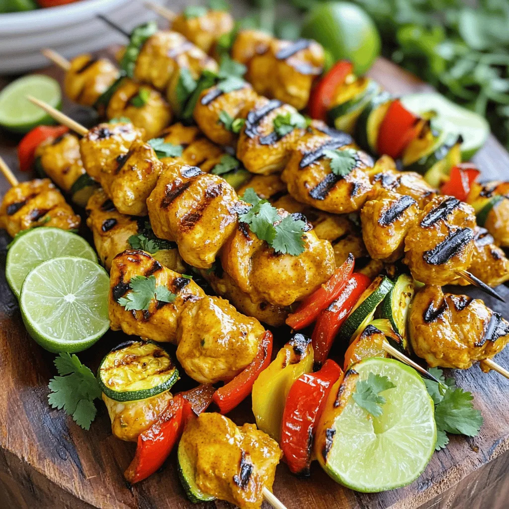 Für Thai Curry Chicken Skewers benötigen wir einige Hauptzutaten. Diese bringen den besonderen Geschmack. - Hähnchenbrust: 450 g, in mundgerechte Stücke geschnitten. - Rote Thai-Currypaste: 80 ml für die Würze. - Kokosmilch: 60 ml, sie macht die Marinade cremig. Diese Hauptzutaten sind die Basis für unser Rezept. - Fischsauce: 30 ml, sie gibt einen salzigen Geschmack. - Brauner Zucker: 15 g, für eine süße Note. - Limettensaft: 15 ml, bringt Frische in das Gericht. Diese zusätzlichen Zutaten machen die Marinade perfekt. - Rote Paprika: 1, in Stücke geschnitten für Farbe und Crunch. - Zucchini: 1, in dicke Scheiben geschnitten für zusätzlichen Geschmack. - Frischer Koriander: Zum Garnieren, er gibt ein tolles Aroma. - Limettenspalten: Zum Servieren, sie sorgen für einen frischen Kick. Mit diesen Zutaten sind die Thai Curry Chicken Skewers einfach und lecker. Du kannst die vollständige Anleitung in der [Full Recipe] finden. Um die Marinade zu machen, mische die rote Thai-Currypaste, Kokosmilch, Fischsauce, braunen Zucker und Limettensaft in einer großen Schüssel. Rühre die Mischung gut, bis sie glatt ist. Diese Marinade ist der Schlüssel zu unserem Geschmack. Lass das Hähnchen mindestens 30 Minuten marinieren. Wenn du mehr Zeit hast, marinier es bis zu 2 Stunden im Kühlschrank. So zieht der Geschmack richtig ein. Jetzt kommt der spaßige Teil. Nimm die marinierten Hähnchenstücke und stecke sie abwechselnd mit Paprika- und Zucchinistücken auf die Spieße. Achte darauf, dass die Stücke gleichmäßig verteilt sind. Du kannst Holz- oder Metallspieße verwenden. Wenn du Holzspieße nimmst, weiche sie vorher 30 Minuten in Wasser ein. Das verhindert, dass sie beim Grillen anbrennen. Heize den Grill auf mittlere Hitze vor. Wenn du eine Grillpfanne verwendest, öle sie leicht ein. Die Temperatur ist wichtig für das Grillen. Lege die Spieße auf den Grill und gare sie etwa 10-12 Minuten. Wende sie gelegentlich, damit das Hähnchen gleichmäßig gart. Es ist fertig, wenn es durchgegart ist und schöne Grillstreifen hat. Nimm die Spieße vom Grill und lass sie ein paar Minuten ruhen. So bleibt das Hähnchen saftig. Garniere die Spieße mit frischem Koriander und serviere sie mit Limettenspalten. Diese geben einen frischen Pfiff. Für das komplette Rezept, schau dir den [Full Recipe] an. Die Marinade macht den Unterschied. Sie verfeinert die Aromen und bringt den Geschmack hervor. Ich empfehle, die Marinade gut zu vermischen. Verwende rote Thai-Currypaste, Kokosmilch, Fischsauce, braunen Zucker und Limettensaft. Diese Zutaten sorgen für eine tolle Mischung. Lasse das Hähnchen mindestens 30 Minuten marinieren. Besser ist es, wenn du es zwei Stunden im Kühlschrank lässt. So zieht der Geschmack richtig ein. Grillen kann einfach sein, wenn du einige Techniken kennst. Wenn du eine Grillpfanne benutzt, öle sie leicht ein. Das hilft, das Hähnchen nicht kleben zu lassen. Stelle auch sicher, dass der Grill heiß genug ist. Die Spieße sollten nicht zu schnell garen. Wende sie alle paar Minuten, um gleichmäßige Grillstreifen zu bekommen. So bleibt das Hähnchen saftig und zart. Das Anrichten macht Spaß und gibt deinem Gericht den letzten Schliff. Lege die Spieße auf einen großen Teller. Bestreue sie mit frischem Koriander. Die Limettenspalten um die Spieße sorgen für einen schönen Look. Sie sind auch perfekt zum Drücken über dem Hähnchen. Als Beilage passen Reis oder frisches Gemüse. So hast du ein tolles, komplettes Gericht. {{image_4}} Wenn du ein vegetarisches Gericht möchtest, kannst du das Hähnchen leicht ersetzen. Probiere Tofu oder Gemüse. Hier sind einige gute Optionen: - Zucchini - Paprika - Auberginen - Pilze Für eine vegane Marinade kannst du die Fischsauce weglassen. Nutze stattdessen Sojasauce oder Tamari. Diese geben einen tollen Geschmack. Eine einfache Marinade enthält auch: - 80 ml rote Thai-Currypaste - 60 ml Kokosmilch - 15 g brauner Zucker - 15 ml Limettensaft Das Schöne an diesem Rezept ist die Flexibilität bei den Gewürzen. Du kannst verschiedene Currypasten verwenden, um den Geschmack zu variieren. Probiere grüne oder gelbe Currypaste für einen anderen Geschmack. Zusätzlich kannst du frische Kräuter wie: - Basilikum - Minze Diese Kräuter bringen Frische und einen neuen Flair zu deinen Spießen. Wenn du keinen Grill hast, kannst du die Spieße auch im Ofen zubereiten. Heize den Ofen auf 200 Grad vor. Lege die Spieße auf ein Backblech und backe sie 15-20 Minuten. Wende sie einmal, damit sie gleichmäßig garen. Wenn du grillst, achte darauf, die Spieße regelmäßig zu wenden. So bleiben sie saftig und bekommen schöne Grillstreifen. Wie lange sind die Spieße haltbar? Die Spieße sind im Kühlschrank bis zu drei Tage haltbar. Lagere sie in einem luftdichten Behälter. So bleiben sie frisch und lecker. Einfrieren vor oder nach dem Grillen? Du kannst die Spieße vor dem Grillen einfrieren. Das hilft, die Aromen zu bewahren. Alternativ kannst du sie auch nach dem Grillen einfrieren. Tipps zum Auftauen und Wiedererwärmen: - Lasse die gefrorenen Spieße über Nacht im Kühlschrank auftauen. - Du kannst sie auch in der Mikrowelle auftauen. - Zum Wiedererwärmen die Spieße in einer Pfanne oder im Ofen leicht anbraten. Ideen zur weiteren Verwendung von Resten: Du kannst die Reste in Salaten oder in Wraps verwenden. Sie sind auch lecker in einer Reis- oder Nudelpfanne. Rezeptvorschläge für Reste: - Mache ein Curry mit den Resten und Gemüse. - Füge die Hähnchenreste zu einer Suppe hinzu. Für das vollständige Rezept schau dir die [Full Recipe] an. Du solltest die Spieße mindestens 30 Minuten marinieren. Das gibt dem Hähnchen Zeit, die Aromen aufzunehmen. Wenn du mehr Zeit hast, marinier die Spieße bis zu 2 Stunden. Je länger, desto besser der Geschmack. Du kannst auch verschiedene Marinade-Optionen ausprobieren, um mehr Vielfalt zu bekommen. Kümmere dich um die Balance zwischen den Zutaten. Zu viel Currypaste kann die anderen Aromen überdecken. Ja, du kannst die Spieße auch im Ofen zubereiten. Heize den Ofen auf 200 Grad Celsius vor. Lege die Spieße auf ein Backblech und backe sie 15 bis 20 Minuten. Wende die Spieße einmal während des Garens. Der Grill gibt den Spießen eine schöne Rauchigkeit. Der Ofen bietet mehr Kontrolle über die Temperatur. Beide Methoden sind lecker, aber der Grill bringt mehr Geschmack. Die besten Beilagen sind Reis oder ein frischer Salat. Jasminreis passt perfekt zu den Aromen. Ein einfacher Gurkensalat sorgt für Frische. Du kannst auch einen Dip aus Erdnüssen oder eine süße Chilisauce zubereiten. Diese Beilagen ergänzen die würzigen Spieße gut. Experimentiere mit verschiedenen Beilagen, um deinen perfekten Teller zu finden. Die Wurzeln dieses Rezepts liegen in Thailand. Thai-Küche ist bekannt für ihre Balance von süß, sauer, salzig und scharf. Currygerichte sind ein fester Bestandteil der thailändischen Esskultur. Die Verwendung von frischen Zutaten und Kräutern macht die Gerichte einzigartig. Dieses Rezept vereint Tradition und moderne Kochtechniken. Es bringt die Aromen Thailands in deine Küche. Fischsauce ist ein Schlüsselbestandteil in vielen thailändischen Rezepten. Sie fügt Tiefe und Umami hinzu. Wenn du keine Fischsauce verwenden möchtest, probiere Sojasauce oder eine vegane Option. Diese Alternativen können den Geschmack verändern, aber sie sind ebenfalls lecker. Teste verschiedene Optionen, um herauszufinden, was dir am besten schmeckt. Zusammenfassend bietet dieser Beitrag eine klare Anleitung für Thai Curry Chicken Skewers. Wir haben die Hauptzutaten, die Marinade und die Grilltechnik betrachtet. Außerdem besprachen wir Tipps und Varianten, um das Rezept anzupassen. Die Lagerungshinweise helfen, Reste optimal zu verwerten. Experimentieren Sie mit Gewürzen und Beilagen. Thai Curry Chicken Skewers sind nicht nur lecker, sondern auch vielseitig. Genießen Sie die Aromen und machen Sie sie zu Ihrem neuen Gericht!