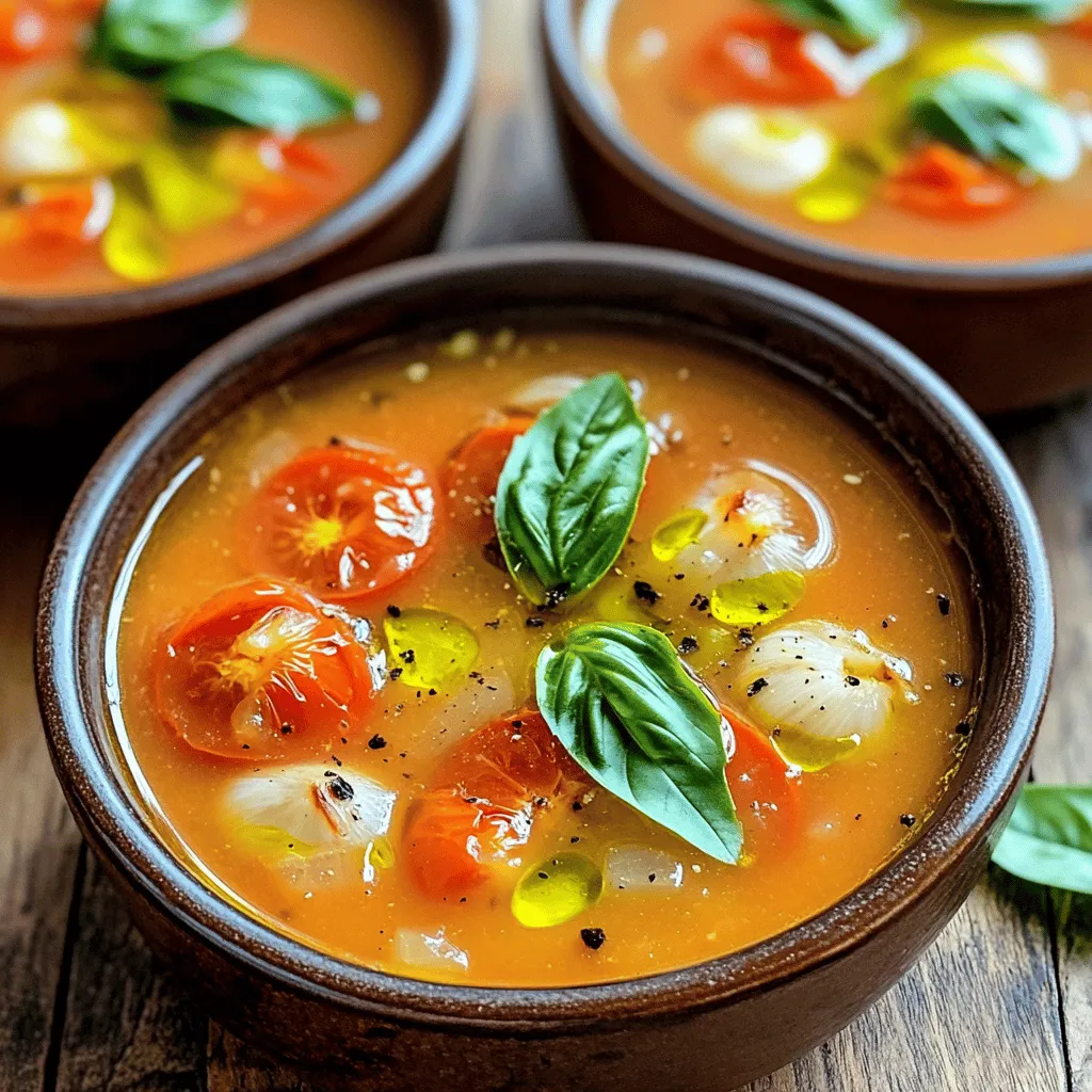 - 900 g reife Tomaten, geviertelt - 1 mittelgroße Zwiebel, grob gehackt - 4 Knoblauchzehen, ungeschält Ich liebe es, mit frischen Zutaten zu arbeiten. Die Tomaten sind das Herzstück dieser Suppe. Wählen Sie reife und saftige Tomaten. Das macht den Geschmack besser. Die Zwiebel fügt Süße hinzu, während der Knoblauch für Tiefe sorgt. Beide Zutaten sind wichtig für den Gesamtgeschmack. - 2 Esslöffel Olivenöl - Salz und Pfeffer nach Geschmack - 1 Teelöffel getrockneter Oregano - 1 Esslöffel Balsamico-Essig Die Gewürze sind der Schlüssel zu einer leckeren Suppe. Olivenöl bringt Fülle. Es hilft auch, die Aromen zu mischen. Salz und Pfeffer machen die Suppe lebendig. Der getrocknete Oregano gibt einen kräuterigen Touch. Balsamico-Essig fügt eine besondere Säure hinzu, die die Süße der Tomaten ausgleicht. - 750 ml Gemüsebrühe - 1 Tasse frische Basilikumblätter, grob gehackt - 120 ml Schlagsahne (optional für zusätzliche Cremigkeit) Die Gemüsebrühe gibt der Suppe ihren Körper. Sie ist die Basis, die alles zusammenhält. Frisches Basilikum bringt ein Aroma, das die Suppe frisch macht. Wenn Sie eine cremigere Suppe mögen, fügen Sie die Schlagsahne hinzu. Sie macht die Suppe reichhaltiger und samtiger. Für das vollständige Rezept und die Zubereitung besuchen Sie bitte den Abschnitt [Full Recipe]. - Ofen auf 200 °C vorheizen - Gemüse auf einem Backblech anrichten Zuerst heize deinen Ofen auf 200 °C vor. Das ist wichtig für das Rösten. Nimm ein großes Backblech und richte die Zutaten darauf an. Du brauchst 900 g reife Tomaten, 1 mittelgroße Zwiebel und 4 ungeschälte Knoblauchzehen. Das Gemüse soll gleichmäßig verteilt sein, damit es gut röstet. - Gemüse mit Olivenöl und Gewürzen vermengen - Rösten im Ofen für 30-35 Minuten Jetzt kommt der spannende Teil: Rösten! Beträufle das Gemüse mit 2 Esslöffeln Olivenöl. Würze es mit Salz, Pfeffer und 1 Teelöffel getrocknetem Oregano. Mische alles gut. Das Gemüse sollte schön überzogen sein. Nun schiebe das Backblech in den Ofen. Lass es dort für 30-35 Minuten. Die Tomaten werden weich und karamellisiert. - Geröstetes Gemüse mit Brühe und Balsamico kombinieren - Pürieren und abschmecken Sobald das Gemüse fertig ist, nimm das Backblech aus dem Ofen. Lass es ein paar Minuten abkühlen. Drücke dann die Knoblauchzehen aus ihrer Haut. Alle Zutaten kommen jetzt in einen großen Topf. Füge 750 ml Gemüsebrühe und 1 Esslöffel Balsamico-Essig hinzu. Koche alles bei mittlerer Hitze für 10-15 Minuten. Die Aromen verbinden sich. Jetzt kannst du die Suppe pürieren. Nutze dafür einen Stabmixer, bis sie glatt ist. Wenn du es cremiger magst, rühre 120 ml Schlagsahne ein. Probiere die Suppe und passe die Gewürze an. Das ist wichtig für den perfekten Geschmack. Für das vollständige Rezept kannst du die [Full Recipe] ansehen. Um das Aroma der Suppe zu verbessern, nutze frischen Basilikum. Frischer Basilikum bringt einen lebhaften Geschmack. Trockenes Basilikum hat weniger Duft und Geschmack. Du kannst auch die Gewürze anpassen. Probiere mehr Salz oder Pfeffer, um den Geschmack zu intensivieren. Ein Spritzer Zitronensaft kann auch helfen. Für die perfekte Konsistenz nutze einen Stabmixer. Stelle sicher, dass du die Suppe gut pürierst. So wird sie schön cremig und glatt. Wenn du es besonders cremig magst, füge Schlagsahne hinzu. Rühre die Schlagsahne nach dem Pürieren ein. Das macht die Suppe reichhaltiger und voller Geschmack. Die Präsentation macht viel aus. Serviere die Suppe in schönen Schüsseln. Garniere sie mit frischen Basilikumblättern. Ein Spritzer Olivenöl oben drauf sieht toll aus und schmeckt gut. Kombiniere die Suppe mit knusprigem Brot. Das gibt ein tolles Esserlebnis. Für mehr Abwechslung kannst du auch Käse darüber streuen. {{image_4}} Wenn du die Schlagsahne weglässt, kannst du die Suppe vegan machen. Stattdessen nutze eine pflanzliche Sahne. Kokosnusscreme gibt einen tollen Geschmack. Auch Hafer- oder Sojasahne sind gute Alternativen. Achte darauf, dass die Gemüsebrühe glutenfrei ist. Viele Brühen enthalten Weizen oder andere Glutenquellen. Lies die Zutatenliste sorgfältig, um sicherzugehen. Du kannst auch andere Gemüsesorten hinzufügen. Karotten und Paprika geben einen süßen Geschmack. Für mehr Farbe kannst du Zucchini oder Spinat verwenden. Gewürze wie Kreuzkümmel oder Chili können die Suppe aufpeppen. Nach dem Kochen lasse die Suppe abkühlen. Fülle sie dann in einen luftdichten Behälter. Stelle den Behälter in den Kühlschrank. Die Suppe bleibt so frisch für etwa 3 bis 5 Tage. Vor dem Servieren einfach aufwärmen. Willst du die Suppe länger aufbewahren? Dann friere sie ein! Fülle die abgekühlte Suppe in gefriergeeignete Beutel oder Behälter. Lasse etwas Platz für die Ausdehnung. So bleibt die Suppe bis zu 3 Monate haltbar. Um die Suppe aufzutauen, lege sie in den Kühlschrank oder tau sie in der Mikrowelle auf. Die Haltbarkeit der Suppe hängt von der Lagerung ab. Im Kühlschrank bleibt sie 3 bis 5 Tage frisch. Wenn du sie einfrierst, kannst du sie bis zu 3 Monate genießen. Achte darauf, die Suppe vor dem Verzehr gut zu prüfen. Bei unangenehmem Geruch oder Aussehen solltest du sie nicht essen. Die Zubereitung der gerösteten Tomaten-Basilikum-Suppe dauert insgesamt etwa 55 Minuten. - Vorbereitungszeit: 10 Minuten - Kochzeit: 45 Minuten In diesen 45 Minuten rösten die Tomaten, Zwiebeln und Knoblauch im Ofen. Danach köchelt die Suppe noch 10 bis 15 Minuten, um die Aromen zu verbinden. Ja, du kannst die Suppe im Voraus zubereiten. Koche sie einfach und lass sie abkühlen. - Fülle die Suppe in einen luftdichten Behälter. - Stelle sie in den Kühlschrank. Du kannst die Suppe bis zu drei Tage lang aufbewahren. Wenn du sie servieren willst, erwärme sie auf dem Herd oder in der Mikrowelle. Diese Suppe schmeckt besonders gut mit verschiedenen Beilagen. Hier sind einige Empfehlungen: - Knuspriges Brot: Es ist perfekt zum Eintunken. - Gegrillter Käse: Die Kombination ist klassisch und sättigend. - Ein einfacher Salat: Frische Blätter bringen einen tollen Kontrast. Die Suppe ist vielseitig und harmoniert gut mit vielen Gerichten. Es gibt viele Möglichkeiten, sie zu genießen! Zusammenfassend zeigt dieses Rezept, wie einfach es ist, eine leckere Tomaten-Basilikum-Suppe zu machen. Mit frischen Zutaten und wenigen Schritten zaubern Sie ein gesundes Gericht. Denken Sie daran, die Gewürze nach Ihrem Geschmack anzupassen. Nutzen Sie frische Kräuter für mehr Aroma. Denken Sie daran, die Suppe richtig zu lagern. Auch vegane und glutenfreie Varianten sind möglich. Genießen Sie die Suppe pur oder mit einem Stück Brot. So haben Sie ein tolles Gericht für jede Gelegenheit.