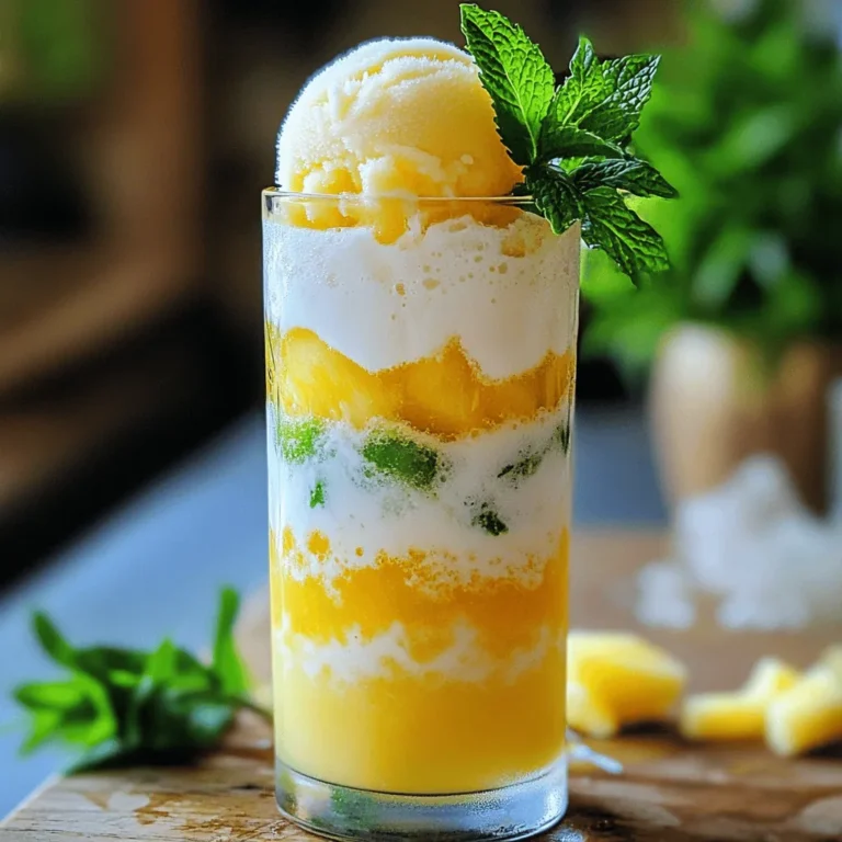 Um einen perfekten Coconut Pineapple Soda Float zu machen, brauchst du einige frische Zutaten. Hier sind die Hauptbestandteile: - 1 Tasse Kokosmilch - 1 Tasse frischer Ananassaft - 2 Tassen Sprudelwasser oder Zitronen-Limetten-Limonade - 2 Tassen Ananas-Sorbet - 1 Esslöffel Honig (optional, für zusätzliche Süße) - Frische Minzblätter zur Dekoration - Zerstoßenes Eis (optional) Die Kokosmilch gibt dem Float seine cremige Textur. Der frische Ananassaft bringt eine süße, fruchtige Note. Du kannst auch Sprudelwasser oder Zitronen-Limetten-Limonade verwenden, um einen spritzigen Effekt zu erzielen. Zusätzlich zu den Hauptzutaten gibt es viele Möglichkeiten zur Dekoration. Du kannst die Minzblätter für den frischen Geschmack verwenden. Zerstoßenes Eis kann dem Getränk mehr Kälte verleihen. Ein Spritzer frischer Limette kann die Aromen noch lebhafter machen. Experimentiere gerne mit anderen Toppings wie gerösteter Kokosnuss oder frischen Ananasstücken. Für den besten Geschmack ist es wichtig, frische Zutaten zu wählen. Achte darauf, dass die Kokosmilch cremig und ohne Zusatzstoffe ist. Der Ananassaft sollte frisch gepresst oder 100% natürlich sein. Vermeide Säfte mit Zuckerzusatz. Für das Sorbet wähle eine Marke, die echte Früchte verwendet. So schmeckt dein Coconut Pineapple Soda Float noch besser. Um die Kokos-Ananas-Mischung zu machen, benötigst du eine große Rührschüssel. Gieße die Kokosmilch und den frischen Ananassaft in die Schüssel. Wenn du es süßer magst, füge einen Esslöffel Honig hinzu. Verquirle alles gut mit einem Schneebesen. Die Mischung sollte glatt und einheitlich sein. Diese Basis gibt deinem Soda Float viel Geschmack. Jetzt kommt der spannende Teil! Nimm ein hohes Glas oder ein Float-Glas. Wenn du magst, fülle es mit zerstoßenem Eis. Gieße die Hälfte der Kokos-Ananas-Mischung in das Glas. Dann nimm 1-2 große Portionen Ananas-Sorbet und setze sie vorsichtig oben auf die Mischung. Gieße langsam Sprudelwasser oder Zitronen-Limetten-Limonade über das Sorbet. Du wirst das Sprudeln sehen! Fülle das Glas weiter mit der Kokos-Ananas-Mischung, bis es fast voll ist. Lass Platz für mehr Sorbet. Setze eine letzte Portion Sorbet oben drauf. Jetzt ist es Zeit zu dekorieren! Nimm frische Minzblätter und lege sie auf dein Getränk. Das sieht schön aus und gibt zusätzlichen Geschmack. Du kannst den Soda Float mit einem bunten Strohhalm servieren. Das macht das Trinken noch mehr Spaß! Dieser Float ist perfekt für heiße Tage oder Feiern. Wenn du mehr Details zum Rezept willst, schau dir das Full Recipe an. Um den perfekten Coconut Pineapple Soda Float zu machen, beachte diese Punkte: - Kokosmilch wählen: Achte auf die Qualität. Vollfette Kokosmilch gibt den besten Geschmack. - Frischer Ananassaft: Nutze frischen Saft für mehr Aroma. Vermeide Konzentrat. - Sprudelwasser: Verwende eine spritzige Limonade. Das bringt mehr Leben in dein Getränk. - Eis richtig verwenden: Zerstoßenes Eis macht den Float erfrischend. Es sorgt für eine kühle Textur. Hast du spezielle Ernährungsbedürfnisse? Hier sind einige Anpassungen: - Vegan: Die meisten Zutaten sind schon vegan. Achte auf den Honig und nutze Agavendicksaft. - Glutenfrei: Alle Zutaten sind glutenfrei. Das macht es einfach für jeden. - Zuckerarm: Verwende weniger Honig oder lasse ihn ganz weg. Nutze eine zuckerfreie Limonade. Um den Geschmack zu verstärken, probiere diese Tipps: - Zusätzliche Früchte: Füge frische Ananasstücke hinzu. Das bringt mehr Frische. - Minze: Zerdrücke etwas frische Minze in der Grundmischung. Das sorgt für eine interessante Note. - Kokosraspeln: Streue ungesüßte Kokosraspeln obendrauf. Sie geben einen tollen Crunch und Geschmack. Mit diesen Tipps und Tricks machst du deinen Coconut Pineapple Soda Float zu einem echten Hit! Schau dir auch das Full Recipe an, um alle Schritte zu sehen. {{image_4}} Du kannst verschiedene Eissorten für deinen Coconut Pineapple Soda Float verwenden. Vanilleeis passt gut dazu. Es fügt eine cremige Textur hinzu. Mango- oder Limettensorbet sind auch tolle Optionen. Diese Geschmäcker bringen eine neue Note in dein Getränk. Experimentiere mit verschiedenen Sorten, um deinen Favoriten zu finden. Für den Float kannst du auch andere Variationen ausprobieren. Füge zum Beispiel mehr Kokosmilch hinzu. Das macht den Drink noch cremiger. Wenn du den Ananasgeschmack intensivieren möchtest, nutze frische Ananasstücke. Diese geben dem Float einen fruchtigen Kick. Du kannst auch Kokosraspeln als Garnitur verwenden, um den Kokosgeschmack zu verstärken. Der Coconut Pineapple Soda Float ist ein toller Sommerdrink. Du kannst ihn für Feste oder Grillpartys anpassen. Füge etwas Rum hinzu für eine Cocktail-Version. Im Herbst kannst du Zimt oder Muskatnuss hinzufügen. Diese Gewürze bringen Wärme und ein tolles Aroma. Im Winter kannst du den Float mit heißer Schokolade kombinieren. Das sorgt für einen köstlichen, schaumigen Genuss. Wenn du Sorbet übrig hast, bewahre es in einem luftdichten Behälter auf. So bleibt es frisch. Lege einen dünnen Löffel in den Behälter, um die Luft abzuleiten. Das Sorbet bleibt so lange cremig und lecker. Kokosmilch sollte im Kühlschrank aufbewahrt werden, nachdem du sie geöffnet hast. Sie bleibt dort etwa fünf bis sieben Tage frisch. Ananassaft sollte ebenfalls kühl gelagert werden. Achte darauf, den Saft in einem geschlossenen Container aufzubewahren. So bleibt der Geschmack erhalten. Um Zeit zu sparen, kannst du die Kokos-Ananas-Mischung einen Tag im Voraus zubereiten. Stelle sie einfach in den Kühlschrank. Das Sorbet kann auch im Voraus portioniert werden. So kannst du schnell einen erfrischenden Soda Float zubereiten, wann immer du Lust darauf hast. Wenn du keine Kokosmilch hast, probiere Mandelmilch oder Hafermilch. Diese Pflanzenmilch gibt einen anderen Geschmack. Du kannst auch Vollmilch verwenden, wenn du kein veganes Rezept brauchst. Achte darauf, dass die Wahl gut mit dem Ananassaft harmoniert. Ja, du kannst den Soda Float ohne Zucker machen. Verwende ungesüßten Ananassaft und lasse den Honig weg. Du kannst auch etwas Stevia oder ein anderes Süßungsmittel hinzufügen. So bleibt das Getränk frisch und gesund, ohne den Zucker. Der Coconut Pineapple Soda Float schmeckt am besten frisch. Wenn du Reste hast, bewahre sie im Kühlschrank auf. Sie bleiben etwa 1 Tag lang gut. Das Sorbet kann schmelzen und die Sprudeligkeit geht verloren. Daher ist es besser, ihn gleich zu genießen. Der Coconut Pineapple Soda Float ist einfach zuzubereiten und schmeckt köstlich. Wir haben die besten Zutaten, die Zubereitung und einige hilfreiche Tipps und Tricks betrachtet. Ob du ihn für eine Feier oder einfach zum Genuss machst, diese Idee ist vielseitig und anpassbar. Experimentiere mit verschiedenen Aromen und Garnierungen, um deinen perfekten Soda Float zu finden. Dieser Drink wird sicher bei jedem gut ankommen. Nutze die Lagerungstipps, um Reste frisch zu halten und genieße jeden Schluck!