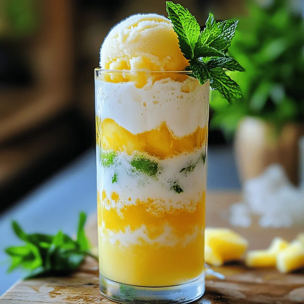 Um einen perfekten Coconut Pineapple Soda Float zu machen, brauchst du einige frische Zutaten. Hier sind die Hauptbestandteile: - 1 Tasse Kokosmilch - 1 Tasse frischer Ananassaft - 2 Tassen Sprudelwasser oder Zitronen-Limetten-Limonade - 2 Tassen Ananas-Sorbet - 1 Esslöffel Honig (optional, für zusätzliche Süße) - Frische Minzblätter zur Dekoration - Zerstoßenes Eis (optional) Die Kokosmilch gibt dem Float seine cremige Textur. Der frische Ananassaft bringt eine süße, fruchtige Note. Du kannst auch Sprudelwasser oder Zitronen-Limetten-Limonade verwenden, um einen spritzigen Effekt zu erzielen. Zusätzlich zu den Hauptzutaten gibt es viele Möglichkeiten zur Dekoration. Du kannst die Minzblätter für den frischen Geschmack verwenden. Zerstoßenes Eis kann dem Getränk mehr Kälte verleihen. Ein Spritzer frischer Limette kann die Aromen noch lebhafter machen. Experimentiere gerne mit anderen Toppings wie gerösteter Kokosnuss oder frischen Ananasstücken. Für den besten Geschmack ist es wichtig, frische Zutaten zu wählen. Achte darauf, dass die Kokosmilch cremig und ohne Zusatzstoffe ist. Der Ananassaft sollte frisch gepresst oder 100% natürlich sein. Vermeide Säfte mit Zuckerzusatz. Für das Sorbet wähle eine Marke, die echte Früchte verwendet. So schmeckt dein Coconut Pineapple Soda Float noch besser. Um die Kokos-Ananas-Mischung zu machen, benötigst du eine große Rührschüssel. Gieße die Kokosmilch und den frischen Ananassaft in die Schüssel. Wenn du es süßer magst, füge einen Esslöffel Honig hinzu. Verquirle alles gut mit einem Schneebesen. Die Mischung sollte glatt und einheitlich sein. Diese Basis gibt deinem Soda Float viel Geschmack. Jetzt kommt der spannende Teil! Nimm ein hohes Glas oder ein Float-Glas. Wenn du magst, fülle es mit zerstoßenem Eis. Gieße die Hälfte der Kokos-Ananas-Mischung in das Glas. Dann nimm 1-2 große Portionen Ananas-Sorbet und setze sie vorsichtig oben auf die Mischung. Gieße langsam Sprudelwasser oder Zitronen-Limetten-Limonade über das Sorbet. Du wirst das Sprudeln sehen! Fülle das Glas weiter mit der Kokos-Ananas-Mischung, bis es fast voll ist. Lass Platz für mehr Sorbet. Setze eine letzte Portion Sorbet oben drauf. Jetzt ist es Zeit zu dekorieren! Nimm frische Minzblätter und lege sie auf dein Getränk. Das sieht schön aus und gibt zusätzlichen Geschmack. Du kannst den Soda Float mit einem bunten Strohhalm servieren. Das macht das Trinken noch mehr Spaß! Dieser Float ist perfekt für heiße Tage oder Feiern. Wenn du mehr Details zum Rezept willst, schau dir das Full Recipe an. Um den perfekten Coconut Pineapple Soda Float zu machen, beachte diese Punkte: - Kokosmilch wählen: Achte auf die Qualität. Vollfette Kokosmilch gibt den besten Geschmack. - Frischer Ananassaft: Nutze frischen Saft für mehr Aroma. Vermeide Konzentrat. - Sprudelwasser: Verwende eine spritzige Limonade. Das bringt mehr Leben in dein Getränk. - Eis richtig verwenden: Zerstoßenes Eis macht den Float erfrischend. Es sorgt für eine kühle Textur. Hast du spezielle Ernährungsbedürfnisse? Hier sind einige Anpassungen: - Vegan: Die meisten Zutaten sind schon vegan. Achte auf den Honig und nutze Agavendicksaft. - Glutenfrei: Alle Zutaten sind glutenfrei. Das macht es einfach für jeden. - Zuckerarm: Verwende weniger Honig oder lasse ihn ganz weg. Nutze eine zuckerfreie Limonade. Um den Geschmack zu verstärken, probiere diese Tipps: - Zusätzliche Früchte: Füge frische Ananasstücke hinzu. Das bringt mehr Frische. - Minze: Zerdrücke etwas frische Minze in der Grundmischung. Das sorgt für eine interessante Note. - Kokosraspeln: Streue ungesüßte Kokosraspeln obendrauf. Sie geben einen tollen Crunch und Geschmack. Mit diesen Tipps und Tricks machst du deinen Coconut Pineapple Soda Float zu einem echten Hit! Schau dir auch das Full Recipe an, um alle Schritte zu sehen. {{image_4}} Du kannst verschiedene Eissorten für deinen Coconut Pineapple Soda Float verwenden. Vanilleeis passt gut dazu. Es fügt eine cremige Textur hinzu. Mango- oder Limettensorbet sind auch tolle Optionen. Diese Geschmäcker bringen eine neue Note in dein Getränk. Experimentiere mit verschiedenen Sorten, um deinen Favoriten zu finden. Für den Float kannst du auch andere Variationen ausprobieren. Füge zum Beispiel mehr Kokosmilch hinzu. Das macht den Drink noch cremiger. Wenn du den Ananasgeschmack intensivieren möchtest, nutze frische Ananasstücke. Diese geben dem Float einen fruchtigen Kick. Du kannst auch Kokosraspeln als Garnitur verwenden, um den Kokosgeschmack zu verstärken. Der Coconut Pineapple Soda Float ist ein toller Sommerdrink. Du kannst ihn für Feste oder Grillpartys anpassen. Füge etwas Rum hinzu für eine Cocktail-Version. Im Herbst kannst du Zimt oder Muskatnuss hinzufügen. Diese Gewürze bringen Wärme und ein tolles Aroma. Im Winter kannst du den Float mit heißer Schokolade kombinieren. Das sorgt für einen köstlichen, schaumigen Genuss. Wenn du Sorbet übrig hast, bewahre es in einem luftdichten Behälter auf. So bleibt es frisch. Lege einen dünnen Löffel in den Behälter, um die Luft abzuleiten. Das Sorbet bleibt so lange cremig und lecker. Kokosmilch sollte im Kühlschrank aufbewahrt werden, nachdem du sie geöffnet hast. Sie bleibt dort etwa fünf bis sieben Tage frisch. Ananassaft sollte ebenfalls kühl gelagert werden. Achte darauf, den Saft in einem geschlossenen Container aufzubewahren. So bleibt der Geschmack erhalten. Um Zeit zu sparen, kannst du die Kokos-Ananas-Mischung einen Tag im Voraus zubereiten. Stelle sie einfach in den Kühlschrank. Das Sorbet kann auch im Voraus portioniert werden. So kannst du schnell einen erfrischenden Soda Float zubereiten, wann immer du Lust darauf hast. Wenn du keine Kokosmilch hast, probiere Mandelmilch oder Hafermilch. Diese Pflanzenmilch gibt einen anderen Geschmack. Du kannst auch Vollmilch verwenden, wenn du kein veganes Rezept brauchst. Achte darauf, dass die Wahl gut mit dem Ananassaft harmoniert. Ja, du kannst den Soda Float ohne Zucker machen. Verwende ungesüßten Ananassaft und lasse den Honig weg. Du kannst auch etwas Stevia oder ein anderes Süßungsmittel hinzufügen. So bleibt das Getränk frisch und gesund, ohne den Zucker. Der Coconut Pineapple Soda Float schmeckt am besten frisch. Wenn du Reste hast, bewahre sie im Kühlschrank auf. Sie bleiben etwa 1 Tag lang gut. Das Sorbet kann schmelzen und die Sprudeligkeit geht verloren. Daher ist es besser, ihn gleich zu genießen. Der Coconut Pineapple Soda Float ist einfach zuzubereiten und schmeckt köstlich. Wir haben die besten Zutaten, die Zubereitung und einige hilfreiche Tipps und Tricks betrachtet. Ob du ihn für eine Feier oder einfach zum Genuss machst, diese Idee ist vielseitig und anpassbar. Experimentiere mit verschiedenen Aromen und Garnierungen, um deinen perfekten Soda Float zu finden. Dieser Drink wird sicher bei jedem gut ankommen. Nutze die Lagerungstipps, um Reste frisch zu halten und genieße jeden Schluck!