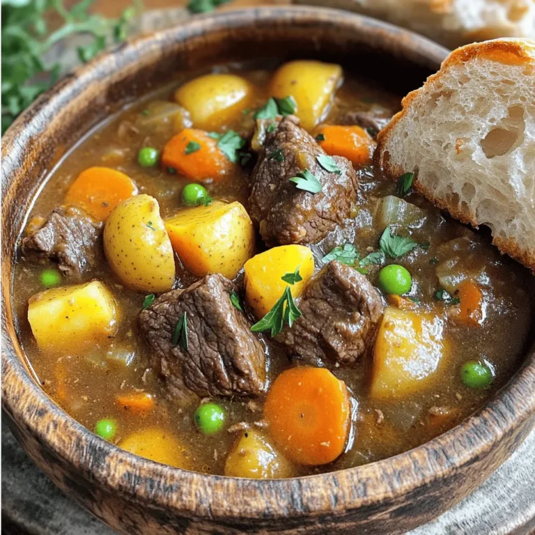 Für einen herzhaften Rinder-Eintopf brauchen Sie frische Zutaten. Beginnen wir mit dem Rinderbraten und Gemüse: - 900 g Rinderbraten, in 2,5 cm große Würfel geschnitten - 4 mittlere Karotten, grob gehackt - 3 Kartoffeln, gewürfelt - 1 Zwiebel, fein gehackt - 3 Knoblauchzehen, zerdrückt - 1 Liter Rinderbrühe - 1 Esslöffel Tomatenmark - 2 Teelöffel getrockneter Thymian - 1 Teelöffel getrockneter Rosmarin - 2 Lorbeerblätter - Salz und Pfeffer nach Geschmack - 2 Esslöffel Olivenöl - 150 g tiefgefrorene Erbsen - Frische Petersilie zur Garnitur Die Kombination dieser Zutaten sorgt für einen vollen Geschmack. Der Rinderbraten gibt reichlich Saft ab. Die Karotten und Kartoffeln fügen Süße und Textur hinzu. Gewürze wie Thymian und Rosmarin machen das Gericht besonders aromatisch. Um den Eintopf richtig zuzubereiten, benötigen Sie einige Küchengeräte und Kochutensilien: - Ein großer Topf oder Schmortopf - Schneidebrett - Scharfes Messer - Holzlöffel oder Kochlöffel - Messbecher und Löffel Diese Utensilien helfen Ihnen, die Zutaten einfach vorzubereiten. Ein großer Topf ist wichtig, damit alles gut kochen kann. Frisches Gemüse und hochwertiges Rindfleisch sind die Schlüssel zu einem leckeren Eintopf. Für die genaue Zubereitung schauen Sie sich das [Full Recipe] an. - Rindfleisch anbraten: Beginne mit 900 g Rinderbraten. Schneide das Fleisch in 2,5 cm große Würfel. Erhitze 2 Esslöffel Olivenöl in einem großen Topf. Würze das Fleisch mit Salz und Pfeffer. Brate die Würfel portionsweise an. Achte darauf, dass sie rundum braun sind. Das dauert etwa 5 Minuten pro Charge. Nimm das Fleisch aus dem Topf und stelle es beiseite. - Gemüse zubereiten: Füge nun 1 fein gehackte Zwiebel in den Topf. Brate sie 3-4 Minuten, bis sie glasig wird. Dann füge 3 zerdrückte Knoblauchzehen hinzu. Brate alles eine weitere Minute an, bis der Knoblauch duftet. Jetzt kommen 4 grob gehackte Karotten und 3 gewürfelte Kartoffeln in den Topf. Vermische alles gut. - Zutaten kombinieren und kochen: Gib das angebratene Rindfleisch zurück in den Topf. Füge 1 Liter Rinderbrühe, 1 Esslöffel Tomatenmark, 2 Teelöffel getrockneten Thymian, 1 Teelöffel getrockneten Rosmarin und 2 Lorbeerblätter hinzu. Bringe die Mischung zum Kochen. - Hitze reduzieren und köcheln lassen: Sobald es kocht, reduziere die Hitze. Decke den Topf ab und lasse alles 1,5 bis 2 Stunden lang köcheln. Rühre gelegentlich um und überprüfe die Konsistenz des Eintopfs. In den letzten 10 Minuten füge 150 g tiefgefrorene Erbsen hinzu. Schmecke mit Salz und Pfeffer ab. Entferne die Lorbeerblätter vor dem Servieren. Du kannst das Rezept für diesen herzhaften Eintopf im [Full Recipe] nachlesen. Richtiges Würzen ist der Schlüssel zu einem großartigen Eintopf. Ich empfehle, das Rindfleisch mit Salz und Pfeffer gut zu würzen. Das hebt den Geschmack. Verwenden Sie frische Kräuter, wenn möglich. Diese geben dem Eintopf Tiefe und Aroma. Beim Anbraten des Fleisches sollten Sie es in kleinen Portionen machen. So bräunt es gleichmäßig. Nutzen Sie ein großes, schweres Kochgeschirr. Das hilft, die Hitze gleichmäßig zu verteilen. Lassen Sie das Fleisch bei hoher Hitze anbraten. Es sollte eine schöne Kruste bilden. Diese Kruste bringt tollen Geschmack. Zeitmanagement ist wichtig beim Kochen. Bereiten Sie alle Zutaten vor, bevor Sie anfangen. So geht es schneller und leichter. Wenn der Eintopf kocht, reduzieren Sie die Hitze. Lassen Sie ihn langsam köcheln. Das macht das Fleisch zart und saftig. Überprüfen Sie den Eintopf nach etwa einer Stunde. Rühren Sie gelegentlich um. So verhindern Sie, dass etwas am Boden anbrennt. Wenn Sie die Zeit richtig nutzen, wird Ihr Eintopf perfekt. Für weitere Details schauen Sie sich das [Full Recipe] an. {{image_4}} Wenn Sie eine fleischlose Option wünschen, probieren Sie Tofuwürfel. Sie geben dem Eintopf eine tolle Textur. Nutzen Sie Gemüsebrühe statt Rinderbrühe. Das sorgt für einen vollen Geschmack. Fügen Sie viel Gemüse hinzu, wie Karotten, Sellerie und Paprika. Diese machen das Gericht bunt und nahrhaft. So bleibt der Eintopf herzhaft und sättigend. Um den Eintopf interessanter zu machen, können Sie saisonales Gemüse hinzufügen. Im Herbst passen Kürbis oder Süßkartoffeln gut. Im Frühling sind frische Erbsen oder Spargel lecker. Gewürze können ebenfalls den Geschmack verändern. Ein Hauch von Paprika oder Kümmel kann neue Aromen bringen. Experimentieren Sie mit frischen Kräutern wie Thymian oder Rosmarin. Sie machen den Eintopf noch frischer und aromatischer. Um deinen Eintopf frisch zu halten, achte auf diese Tipps: - Lass den Eintopf zuerst abkühlen. - Fülle ihn in luftdichte Behälter. - Stelle den Behälter in den Kühlschrank. - Der Eintopf hält sich dort 3 bis 4 Tage. Das richtige Lagern hilft, die Aromen zu bewahren. So kannst du die köstlichen Reste genießen. Wenn du den Eintopf länger aufbewahren möchtest, kannst du ihn einfrieren. Folge diesen Schritten: - Teile den Eintopf in Portionen auf. - Fülle die Portionen in gefriergeeignete Behälter oder Beutel. - Beschrifte die Behälter mit Datum und Inhalt. - Friere den Eintopf für bis zu 3 Monate ein. Um den Eintopf wieder aufzuwärmen, gehe so vor: - Lasse den Eintopf über Nacht im Kühlschrank auftauen. - Erhitze ihn in einem Topf bei mittlerer Hitze. - Rühre gelegentlich um, bis er heiß ist. Ein gut gefrorener Eintopf bleibt schmackhaft und nahrhaft. Du kannst ihn schnell genießen, wann immer du Lust darauf hast. Sie können den Rindfleischeintopf bis zu vier Tage im Kühlschrank aufbewahren. Stellen Sie sicher, dass er gut abgedeckt ist. Für eine längere Lagerung frieren Sie ihn ein. Im Gefrierfach hält er bis zu drei Monate. Lassen Sie den Eintopf vor dem Servieren im Kühlschrank auftauen. Ja, Sie können den Eintopf im Slow Cooker machen. Braten Sie das Fleisch zuerst in einer Pfanne an. Geben Sie dann alle Zutaten in den Slow Cooker. Stellen Sie ihn auf die niedrige Stufe und lassen Sie ihn etwa acht Stunden kochen. So wird das Fleisch zart und die Aromen vermischen sich gut. Zu diesem Eintopf passen viele Beilagen gut. Servieren Sie ihn mit frischem, knusprigem Brot zum Dippen. Auch ein einfacher grüner Salat ergänzt das Gericht. Wenn Sie etwas Herzhaftes wollen, probieren Sie Kartoffelpüree oder Polenta. Diese Beilagen machen das Essen noch schmackhafter. Zusammenfassend haben wir die besten Zutaten für einen Eintopf und eine Schritt-für-Schritt-Anleitung betrachtet. Von der Auswahl des Rinderbratens bis zu den raffinierten Tipps zur perfekten Konsistenz – du bist nun gut vorbereitet. Denke daran, dass Variationen und Anpassungen dein Gericht einzigartig machen können. Die richtige Lagerung sorgt dafür, dass dein Eintopf lange frisch bleibt. Mit diesen Tipps wirst du stets ein leckerer Eintopfkoch sein. Viel Spaß beim Ausprobieren!
