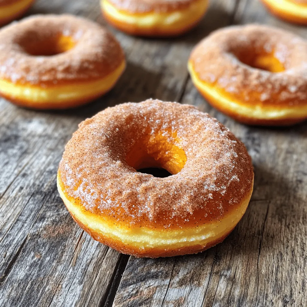 Die Zutaten für die gebackenen Kürbisgewürz-Donuts sind einfach und leicht zu finden. Hier ist, was du brauchst: - 1 Tasse Kürbispüree aus der Dose - 1/2 Tasse Zucker (Kristallzucker) - 1/2 Tasse brauner Zucker, fest gepackt - 1/4 Tasse Pflanzenöl - 2 große Eier - 1 Teelöffel Vanilleextrakt - 1 1/2 Tassen Weizenmehl (Type 550) - 1 Teelöffel Backpulver - 1 Teelöffel Natron - 1 Teelöffel gemahlener Zimt - 1/2 Teelöffel gemahlene Muskatnuss - 1/2 Teelöffel gemahlener Ingwer - 1/4 Teelöffel Salz - 1/4 Teelöffel gemahlene Nelken Jede Zutat bringt ihren eigenen Geschmack und Textur in die Donuts. Das Kürbispüree sorgt für Feuchtigkeit und eine schöne Farbe. Die Gewürze geben den Donuts den typischen Herbstgeschmack. Wenn du die besten Zutaten auswählst, wird dein Rezept noch besser. Hier sind einige Tipps: - Kürbispüree: Verwende immer echtes Kürbispüree aus der Dose. Es ist einfach und hat den besten Geschmack. - Zucker: Mischungen aus Kristallzucker und braunem Zucker ergeben eine schöne Süße. Der braune Zucker gibt eine leichte Karamellnote. - Mehl: Weizenmehl (Type 550) gibt den Donuts Struktur. Achte darauf, dass es frisch ist. - Gewürze: Verwende frische Gewürze, um den besten Geschmack zu erzielen. Gemahlene Gewürze verlieren oft ihre Kraft. Wenn du spezielle Diäten hast, gibt es tolle Anpassungen: - Glutenfrei: Ersetze das Weizenmehl durch eine glutenfreie Mehlmischung. Achte darauf, dass die Mischung Backpulver enthält. - Vegan: Tausche die Eier gegen eine Mischung aus 1/4 Tasse Apfelmus oder 1 Esslöffel Leinsamenmehl mit 2,5 Esslöffel Wasser. Das hält die Donuts feucht. Mit diesen Tipps kannst du die gebackenen Kürbisgewürz-Donuts anpassen und trotzdem köstlich genießen. Wenn du das vollständige Rezept sehen möchtest, schau dir den Abschnitt oben an. Heizen Sie Ihren Ofen auf 175°C vor. Dies sorgt für gleichmäßiges Backen. Fetten Sie jetzt Ihre Donut-Form leicht ein. Ein wenig Öl hilft, dass die Donuts nicht kleben bleiben. Verwenden Sie ein Pinsel oder ein Stück Küchenpapier für das Öl. Stellen Sie die Form bereit, damit Sie schnell arbeiten können. In einer großen Schüssel geben Sie das Kürbispüree, den Kristallzucker, den braunen Zucker, das Pflanzenöl, die Eier und den Vanilleextrakt. Verwenden Sie einen Schneebesen, um alles gut zu vermischen. Es sollte eine glatte und gleichmäßige Mischung entstehen. Dies ist die Basis für die feuchte Mischung. Achten Sie darauf, keine Klumpen zu haben. Ein gut vermischtes Ergebnis macht die Donuts saftig. In einer anderen Schüssel kommen die trockenen Zutaten zusammen. Mischen Sie das Weizenmehl, das Backpulver, das Natron, den Zimt, die Muskatnuss, den Ingwer, das Salz und die Nelken. Rühren Sie sie gut durch. Diese Mischung gibt den Donuts ihren tollen Geschmack. Fügen Sie die trockenen Zutaten nach und nach zur feuchten Mischung hinzu. Rühren Sie vorsichtig, bis alles kombiniert ist. Übermixen Sie nicht, sonst werden die Donuts zäh. Nun löffeln Sie den Teig gleichmäßig in die vorbereitete Donut-Form. Füllen Sie jede Mulde etwa zu 2/3. Dies gibt den Donuts Platz zum Aufgehen. Backen Sie die Donuts im vorgeheizten Ofen für 12 bis 15 Minuten. Prüfen Sie nach 12 Minuten mit einem Zahnstocher, ob sie fertig sind. Stecken Sie den Zahnstocher in die Mitte eines Donuts. Wenn er sauber herauskommt, sind sie bereit. Lassen Sie die Donuts 5 Minuten in der Form abkühlen. Danach legen Sie sie auf ein Kuchengitter, um vollständig abzukühlen. Dies hilft, die perfekte Textur zu erreichen. Für eine köstliche Garnitur können Sie die warmen Donuts in Zimt und Zucker wälzen oder mit einer einfachen Glasur bestreichen. So werden sie noch leckerer! Für das volle Rezept, schauen Sie sich die vollständige Anleitung an. Um übermischte Teigmischungen zu vermeiden, mischen Sie die Zutaten sanft. Wenn Sie die trockenen Zutaten zu den nassen hinzufügen, rühren Sie nur so lange, bis alles gerade so vermischt ist. Kleine Klumpen sind okay. Übermischen macht die Donuts zäh statt fluffig. Achten Sie darauf, den Teig nicht zu lange zu bearbeiten. Nach dem Backen sind die Donuts warm und weich. Wälzen Sie sie sofort in einer Mischung aus Zimt und Zucker. Das gibt einen tollen Geschmack und eine süße Kruste. Nehmen Sie einen großen Behälter, um die Donuts gleichmäßig zu bedecken. So bleibt der Zimt-Zucker gut haften. Ich finde, das macht jeden Bissen besonders lecker. Nutzen Sie ein Kuchengitter, um die Donuts abzukühlen. Legen Sie die Donuts vorsichtig auf das Gitter, nachdem sie aus der Form kommen. Das Gitter lässt Luft zirkulieren und verhindert, dass die Donuts matschig werden. Sie kühlen gleichmäßiger, und die Textur bleibt perfekt. Warten Sie, bis sie vollständig abgekühlt sind, bevor Sie sie dekorieren oder genießen. {{image_4}} Baked Pumpkin Donuts bieten viele Möglichkeiten. Sie können die klassische Mischung anpassen. Fügen Sie ein paar Esslöffel Kakaopulver hinzu, um eine schokoladige Note zu erhalten. Für einen vanilligen Geschmack, verwenden Sie Vanilleextrakt oder sogar ein paar Tropfen Vanillearoma. Diese Variationen bringen neue Geschmäcker in die Donuts und machen sie noch interessanter. Ein einfaches Rezept kann durch Glasuren lebendiger werden. Zartbitterglasur ist eine tolle Wahl. Sie können sie leicht aus Puderzucker und Kakaopulver machen. Karamellsoße ist auch eine leckere Option. Tauchen Sie die warmen Donuts in die Soße oder träufeln Sie sie darüber. Für extra Crunch sind geröstete Nüsse oder Schokoladenstückchen eine großartige Ergänzung. Diese Donuts sind perfekt für Feste. Für Halloween können Sie sie mit orangefarbenem Zuckerguss dekorieren. Fügen Sie ein paar Süßigkeiten als Topping hinzu. Für das Erntedankfest streuen Sie Zimt und Zucker über die Donuts. Das gibt einen saisonalen Touch. Diese kleinen Anpassungen machen die Donuts festlich und besonders. Für das vollständige Rezept schauen Sie sich das [Full Recipe] an. Lagern Sie gebackene Kürbisdonuts bei Raumtemperatur oder im Kühlschrank. Bei Raumtemperatur lege ich die Donuts in einen luftdichten Behälter. So bleiben sie frisch und weich. Im Kühlschrank halten sie sich länger, aber sie können etwas trocken werden. Wenn Sie die Donuts kühler lagern, wickeln Sie sie gut ein. Gebackene Kürbisdonuts sind bei Raumtemperatur etwa 2 bis 3 Tage haltbar. Im Kühlschrank bleiben sie etwa 5 bis 7 Tage frisch. Achten Sie darauf, die Donuts gut abzudecken, um Austrocknen zu vermeiden. Wenn sie anfangen, trocken zu werden, sind sie nicht mehr so lecker. Um den besten Geschmack zu erhalten, heizen Sie die Donuts leicht auf. Legen Sie sie einfach für etwa 10 bis 15 Sekunden in die Mikrowelle. Das macht sie warm und weich. Sie können auch den Ofen benutzen. Legen Sie die Donuts auf ein Backblech und wärmen Sie sie bei 175°C für 5 Minuten auf. So schmecken sie fast frisch gebacken! Für das vollständige Rezept, schauen Sie sich das Rezept für die gebackenen Kürbisgewürz-Donuts an und genießen Sie jeden Bissen! Gebackene Kürbisdonuts bleiben frisch, wenn Sie sie richtig lagern. Bei Raumtemperatur sind sie etwa 2 bis 3 Tage haltbar. Lagern Sie sie in einem luftdichten Behälter. Im Kühlschrank halten sie bis zu einer Woche. Achten Sie darauf, sie gut abzudecken, um Austrocknung zu vermeiden. Ja, Sie können die Donuts einfrieren. Lassen Sie sie zuerst vollständig abkühlen. Wickeln Sie jeden Donut in Frischhaltefolie ein und legen Sie sie in einen Gefrierbeutel. So bleiben sie bis zu 3 Monate frisch. Zum Aufwärmen, lassen Sie sie bei Raumtemperatur auftauen oder erwärmen Sie sie kurz in der Mikrowelle. Ja, Sie können Kürbispüree selbst machen. Schneiden Sie einen frischen Kürbis in Hälften und entfernen Sie die Kerne. Backen Sie die Hälften bei 190°C, bis sie weich sind. Dann das Fruchtfleisch mit einer Gabel zerdrücken oder pürieren. Sie können das Püree direkt verwenden oder in Portionen einfrieren. Es gibt viele Möglichkeiten, den Teig zu variieren. Fügen Sie Schokoladenstückchen, Nüsse oder Trockenfrüchte hinzu. Sie können auch Gewürze wie Muskat oder Ingwer anpassen, um andere Aromen zu erzeugen. Experimentieren Sie mit verschiedenen Zuckersorten oder Fetten, um den Geschmack zu verändern. Die gebackenen Kürbisgewürz-Donuts sind einfach zuzubereiten und köstlich. Wir haben die besten Zutaten, die Zubereitung und Nützliches für spezielle Diäten behandelt. Mit Tipps zum Backen und dem richtigen Abkühlen sind deine Donuts perfekt. Variationen wie Glasuren und saisonale Ideen sorgen für Abwechslung. Denke an die Lagerung, damit sie frisch bleiben. Ich hoffe, du fühlst dich inspiriert, diese Donuts auszuprobieren. Sie sind ein Genuss, der bei jedem Anlass gut ankommt. Viel Spaß beim Backen!