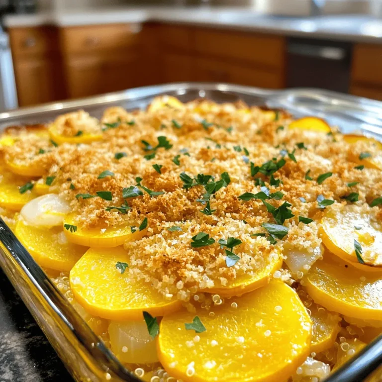 Um eine köstliche Gelunger Yellow Squash Casserole zuzubereiten, brauchen Sie: - 4 mittelgroße Zucchini, in Scheiben geschnitten - 1 Zwiebel, fein gehackt - 2 Knoblauchzehen, zerdrückt - 1 Tasse gekochte Quinoa - 1 Tasse geriebener Käse (Cheddar oder eine Mischung) - 1/2 Tasse saure Sahne - 1/2 Tasse Milch - 2 große Eier - 1 Teelöffel Salz - 1/2 Teelöffel schwarzer Pfeffer - 1/2 Teelöffel Paprika - 1 Tasse Semmelbrösel (für das Topping) - 2 Esslöffel Olivenöl - Frische Petersilie, gehackt (zum Garnieren) Wählen Sie frische Zucchini, die fest und glänzend sind. Achten Sie darauf, dass sie keine weichen Stellen haben. Der Käse sollte frisch gerieben sein, um einen besseren Geschmack zu bieten. Verwenden Sie hochwertige Eier; sie machen einen großen Unterschied. Für die beste Quinoa, suchen Sie nach der hellen, glitzernden Sorte. Diese gibt Ihnen die beste Textur. Kaufen Sie auch frische Kräuter, da sie das Gericht lebendig machen. Zucchini ist kalorienarm und reich an Wasser. Sie enthält viele Vitamine, wie Vitamin C und K. Quinoa bietet Protein und Ballaststoffe, was gut für die Verdauung ist. Käse liefert Calcium, wichtig für starke Knochen. Eier sind eine gute Proteinquelle und enthalten wichtige Nährstoffe wie Vitamin D. Diese Kombination macht das Gericht nicht nur lecker, sondern auch gesund. Zuerst sammeln Sie alle Zutaten. Das macht die Arbeit einfacher. Sie brauchen: - 4 mittelgroße Zucchini, in Scheiben geschnitten - 1 Zwiebel, fein gehackt - 2 Knoblauchzehen, zerdrückt - 1 Tasse gekochte Quinoa - 1 Tasse geriebener Käse (Cheddar oder eine Mischung) - 1/2 Tasse saure Sahne - 1/2 Tasse Milch - 2 große Eier - 1 Teelöffel Salz - 1/2 Teelöffel schwarzer Pfeffer - 1/2 Teelöffel Paprika - 1 Tasse Semmelbrösel (für das Topping) - 2 Esslöffel Olivenöl - Frische Petersilie, gehackt (zum Garnieren) Heizen Sie den Ofen auf 175°C vor. Das sorgt für ein gleichmäßiges Backen. Stellen Sie außerdem sicher, dass Sie eine gefettete Auflaufform bereit haben. In einer großen Pfanne erhitzen Sie das Olivenöl bei mittlerer Hitze. Fügen Sie die Zwiebel hinzu und braten Sie sie für 3-4 Minuten. Die Zwiebel sollte weich werden. Dann kommt der zerdrückte Knoblauch dazu. Braten Sie ihn für eine weitere Minute. Er wird schnell duften! Jetzt geben Sie die Zucchini in die Pfanne. Braten Sie sie 5-7 Minuten, bis sie zart sind, aber noch etwas knackig. Nehmen Sie die Pfanne vom Herd. In einer großen Schüssel kombinieren Sie die gekochte Quinoa, die Zucchini-Mischung, den Käse, die saure Sahne, die Milch, die Eier, das Salz, den Pfeffer und die Paprika. Mischen Sie alles gut. Übertragen Sie die Mischung in die gefettete Auflaufform. Streuen Sie die Semmelbrösel mit einem Esslöffel Olivenöl darüber. Das gibt eine knusprige Kruste. Backen Sie den Auflauf für 25-30 Minuten. Die Oberseite sollte goldbraun sein. Lassen Sie den Auflauf nach dem Backen 5 Minuten abkühlen. Garnieren Sie ihn mit frischer Petersilie. Für die vollständige Anleitung schauen Sie sich das Rezept an. Ein häufiger Fehler ist, die Zucchini zu lange zu kochen. Sie sollten weich, aber noch knackig sein. Wenn sie zu weich sind, werden sie matschig. Achten Sie darauf, die Zwiebel nicht zu verbrennen. Eine goldene Farbe bringt den besten Geschmack. Fügen Sie frische Kräuter wie Thymian oder Basilikum hinzu. Diese Kräuter geben dem Auflauf einen schönen Duft. Sie können auch etwas Speck oder Schinken für mehr Geschmack einmischen. Für eine scharfe Note, probieren Sie rote Pfefferflocken. Servieren Sie den Auflauf frisch aus dem Ofen. Lassen Sie ihn etwas abkühlen, damit er sich setzen kann. So bleibt er zusammen und sieht besser aus. Dieses Gericht passt gut zu einem grünen Salat oder frischem Brot. Wenn Sie Gäste haben, ist es perfekt für ein Abendessen. Es bringt Farbe und Geschmack auf den Tisch. Für das vollständige Rezept besuchen Sie bitte den Abschnitt "Vollständiges Rezept". {{image_4}} Wenn Sie eine vegetarische Version machen möchten, ersetzen Sie die Quinoa. Sie können stattdessen Reis oder Linsen verwenden. Diese Optionen fügen Textur und Geschmack hinzu. Auch mehr Gemüse ist eine tolle Idee! Denken Sie an Paprika, Spinat oder Champignons. All diese Zutaten passen gut zu Zucchini und Käse. Für eine glutenfreie Variante nutzen Sie glutenfreie Semmelbrösel. Diese finden Sie in vielen Geschäften. Alternativ können Sie auch gemahlene Mandeln verwenden. Diese geben einen nussigen Geschmack und eine knusprige Textur. Achten Sie darauf, dass alle anderen Zutaten auch glutenfrei sind, besonders die Brühe oder die Soßen. Um Ihren Auflauf noch interessanter zu machen, fügen Sie zusätzliche Zutaten hinzu. Überlegen Sie, etwas Feta-Käse für einen salzigen Kick hinzuzufügen. Oder probieren Sie frische Kräuter wie Basilikum oder Thymian. Sie können auch Nüsse, wie Walnüsse oder Mandeln, für extra Crunch verwenden. Diese Zutaten machen Ihr Gericht einzigartig und lecker. Für das vollständige Rezept besuchen Sie bitte den [Full Recipe] Link. Um deinen Yellow Squash Casserole frisch zu halten, lagerst du ihn am besten in einem luftdichten Behälter. Die meisten Aufläufe bleiben so länger gut. Lass den Auflauf vor dem Einlagern auf Raumtemperatur abkühlen. So vermeidest du Kondenswasser, das den Auflauf matschig macht. Wenn du deinen Auflauf wieder aufwärmst, nutze den Ofen. Heize ihn auf 175°C (350°F) vor. Lege den Auflauf in eine Auflaufform und decke ihn leicht mit Folie ab. So bleibt er saftig. Backe ihn etwa 15 bis 20 Minuten, bis er heiß ist. Du kannst auch die Mikrowelle nutzen, aber achte darauf, ihn nicht zu lange zu erhitzen. Im Kühlschrank hält sich der Auflauf bis zu fünf Tage. Stelle sicher, dass er gut verpackt ist. Im Gefrierschrank kannst du ihn bis zu drei Monate aufbewahren. Wenn du ihn einfrierst, schneide ihn in Portionen. So kannst du ihn leichter auftauen und aufwärmen. Achte darauf, ihn in einem gefriergeeigneten Behälter zu lagern. Der Auflauf bleibt im Kühlschrank bis zu 3 Tage frisch. Achte darauf, ihn in einem luftdichten Behälter zu lagern. Wenn du ihn länger aufbewahren möchtest, friere ihn ein. Im Gefrierschrank bleibt er bis zu 2 Monate genießbar. Lass ihn vor dem Aufwärmen im Kühlschrank auftauen. Ja, du kannst Zucchini gut durch anderes Gemüse ersetzen. Gemüse wie Auberginen oder Paprika passen gut. Auch Brokkoli oder Blumenkohl sind leckere Alternativen. Diese Gemüsesorten haben eine ähnliche Textur und nehmen die Aromen gut auf. Probiere verschiedene Kombinationen aus, um deinen Lieblingsgeschmack zu finden. Der Auflauf schmeckt toll mit verschiedenen Beilagen. Eine frische grüne Salatbeilage ergänzt das Gericht gut. Du kannst auch knuspriges Brot servieren, das die Aromen aufnimmt. Reis oder Quinoa sind ebenfalls gute Optionen. Experimentiere mit verschiedenen Beilagen, um dein Essen zu bereichern. Für mehr Inspiration schaue dir das [Full Recipe] an. Der Blog-Beitrag hat alle wichtigen Punkte für einen gelungenen Auflauf abgedeckt. Wir haben die Zutaten sowie ihre Auswahl und Nährstoffe besprochen. Dann gab ich eine Schritt-für-Schritt-Anleitung zum Zubereiten und Backen. Tipps haben Fehler vermieden und Variationen gezeigt. Die Aufbewahrung wurde ebenfalls erklärt. Denken Sie daran, kreativ mit den Zutaten zu sein. Genießen Sie den Auflauf frisch oder aufgewärmt. Viel Spaß beim Ausprobieren!