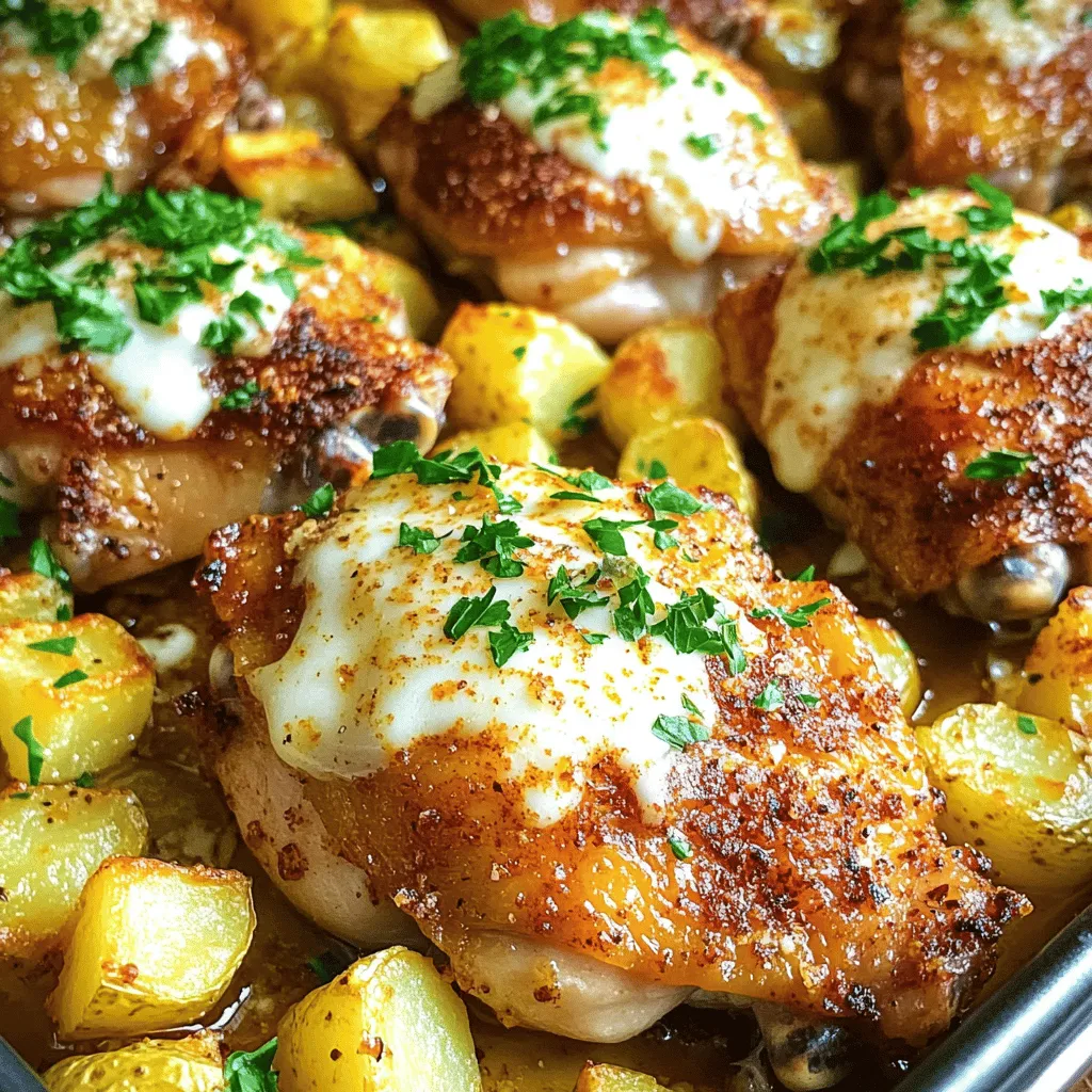 Für ein köstliches Knoblauch-Parmesan-Hühnchen benötigst du: - 4 Hühnchenschenkel (mit Knochen und Haut für mehr Geschmack) - 4 mittelgroße goldene Kartoffeln, in Würfel geschnitten - 4 Esslöffel Olivenöl - 4 Knoblauchzehen, gehackt - ½ Tasse geriebener Parmesan-Käse Diese Zutaten geben dem Gericht einen tollen Geschmack. Die Hühnchenschenkel sorgen für Saftigkeit. Die goldenen Kartoffeln fügen eine schöne Textur hinzu. Für die richtige Würze brauchst du: - 1 Teelöffel getrocknete italienische Kräuter (Oregano, Thymian, Basilikum) - 1 Teelöffel Paprika - Salz und Pfeffer nach Geschmack Die italienischen Kräuter bringen Aroma. Paprika fügt eine leichte Süße hinzu. Salz und Pfeffer verstärken den Geschmack. Wähle die richtigen Kartoffeln für dein Gericht. Goldene Kartoffeln sind ideal. Sie sind cremig und lecker. Achte darauf, dass die Kartoffeln fest sind und keine grünen Stellen haben. Vermeide Kartoffeln mit weichen Stellen oder Keimen. Sie sind nicht frisch und können nach dem Kochen unangenehm schmecken. So bereitest du dein Knoblauch-Parmesan-Hühnchen mit Kartoffeln zu. Du findest die vollständige Anleitung in der [Full Recipe]. Heize deinen Ofen auf 220°C vor. Das ist wichtig, damit das Hühnchen schön knusprig wird. Lege ein großes Backblech mit Backpapier aus. Das macht das Aufräumen nach dem Kochen viel einfacher. Nimm 4 mittelgroße goldene Kartoffeln und schneide sie in Würfel. In einer großen Schüssel vermischst du die Kartoffeln mit 2 Esslöffeln Olivenöl. Füge 2 gehackte Knoblauchzehen hinzu. Dann kommen Salz, Pfeffer und die Hälfte des geriebenen Parmesan-Käses dazu. Rühre alles gut um, bis die Kartoffeln gleichmäßig beschichtet sind. Lege die Mischung auf eine Seite des Backblechs. Jetzt ist das Hühnchen dran. Nimm 4 Hühnchenschenkel und lege sie in die gleiche Schüssel. Beträufle die Hühnchen mit 2 Esslöffeln Olivenöl. Füge die getrockneten Kräuter, Paprika und die restlichen 2 gehackten Knoblauchzehen hinzu. Mische alles gut, damit die Gewürze das Hühnchen umhüllen. Vergiss nicht, auch mit Salz und Pfeffer zu würzen. Lege die Hühnchenschenkel mit der Hautseite nach oben auf die andere Seite des Backblechs. Streue den restlichen Parmesan-Käse gleichmäßig darüber. Jetzt kannst du das Blech in den Ofen schieben! Schau dir auch die [Full Recipe] an, um alle Schritte zu sehen. Um die Haut des Hühnchens knusprig zu machen, gibt es einige einfache Tricks. Zuerst ist die Wahl des Hühnchens wichtig. Verwende Schenkel mit Haut und Knochen, da sie mehr Geschmack haben. Trockne die Haut gut ab, bevor du sie würzt. Das hilft, die Feuchtigkeit zu reduzieren. Beträufle das Hühnchen mit Olivenöl. Das Öl hilft, die Haut schön knusprig zu machen. Backe das Hühnchen bei hoher Temperatur, etwa 220°C. Die Hitze sorgt dafür, dass die Haut bräunt und knusprig wird. Du kannst die Gewürze nach deinem Geschmack anpassen. Probiere verschiedene Kräuter wie Rosmarin oder Thymian. Paprika verleiht dem Hühnchen eine schöne Farbe und einen milden Geschmack. Für mehr Schärfe füge etwas Cayennepfeffer hinzu. Du kannst auch Gemüse wie Karotten oder Zucchini hinzufügen. Diese geben dem Gericht mehr Farbe und Nährstoffe. Experimentiere mit verschiedenen Käsesorten, wie feta oder Gouda, um neue Aromen zu entdecken. Timing ist entscheidend für das perfekte Garen. Stelle sicher, dass dein Ofen vorgeheizt ist. Die optimale Temperatur liegt bei 220°C. Backe das Hühnchen für 30 bis 35 Minuten. Es sollte goldbraun und knusprig sein. Überprüfe die Innentemperatur des Hühnchens mit einem Thermometer. Sie sollte 74°C erreichen. Die Kartoffeln sollten außen knusprig und innen zart sein. So gelingt dein Knoblauch Parmesan Hühnchen und Kartoffeln einfach und lecker. Für das gesamte Rezept, sieh dir die [Full Recipe] an. {{image_4}} Wenn du Hühnchen nicht magst, probiere andere Proteine. Du kannst Hähnchenbrust oder Putenbrust verwenden. Diese sind leicht und lecker. Für eine herzhaftere Option, nimm Schweinefleisch oder Lamm. Du kannst auch Fisch wie Lachs oder Forelle verwenden. Achte darauf, die Garzeit anzupassen, da Fisch schneller gart. Für eine vegetarische Variante kannst du Gemüse verwenden. Süßkartoffeln, Karotten und Paprika sind tolle Optionen. Schneide das Gemüse in gleichmäßige Stücke, damit sie gleichmäßig garen. Mische das Gemüse mit den gleichen Gewürzen wie im Rezept. So erhältst du einen ähnlichen Geschmack wie beim Hühnchen. Du kannst auch Tofu oder Tempeh hinzufügen, um mehr Protein zu bekommen. Wenn du spezielle diätetische Bedürfnisse hast, gibt es viele Anpassungen. Für eine glutenfreie Option, stelle sicher, dass die Gewürze glutenfrei sind. Du kannst auch die Kartoffeln durch Blumenkohl ersetzen. Das ist kalorienärmer und gesund. Wenn du eine ketogene Diät machst, verwende mehr Käse und weniger Kartoffeln. Das sorgt für einen leckeren Geschmack ohne viele Kohlenhydrate. Für alle Varianten gilt: Halte die Grundsätze des Rezepts im Hinterkopf, um das beste Ergebnis zu erzielen. Du kannst die Zubereitung und die Garzeit entsprechend anpassen, um deine Lieblingsvarianten zu machen. So wird das Gericht immer spannend und lecker! Wenn du mehr über das ursprüngliche Rezept erfahren möchtest, schau dir das [Full Recipe] an. Um die Reste von Knoblauch Parmesan Hühnchen und Kartoffeln frisch zu halten, lagere sie in einem luftdichten Behälter. Achte darauf, dass der Behälter gut verschlossen ist. Stelle ihn dann in den Kühlschrank. So bleiben die Aromen erhalten und die Lebensmittel frisch. Die Reste sind im Kühlschrank bis zu drei Tage haltbar. Wenn du sie länger aufbewahren möchtest, friere sie ein. Im Gefrierfach bleiben sie bis zu drei Monate gut. Achte darauf, die Reste gut zu verpacken, damit sie nicht austrocknen. Um die Reste aufzuwärmen, nutze den Ofen für die besten Ergebnisse. Heize den Ofen auf 180°C (350°F) vor. Lege die Reste auf ein Backblech und wärme sie für etwa 15-20 Minuten. So werden die Kartoffeln wieder knusprig und das Hühnchen bleibt saftig. Du kannst auch die Mikrowelle verwenden, aber die Textur wird nicht so gut. Das Hühnchen muss 30 bis 35 Minuten im Ofen garen. Die Haut sollte goldbraun und knusprig sein. Die Innentemperatur des Hühnchens sollte 74°C (165°F) erreichen. Dies stellt sicher, dass das Fleisch zart und saftig bleibt. Ja, frische Kräuter sind eine tolle Wahl. Sie bringen mehr Geschmack in das Gericht. Du kannst frische Petersilie, Thymian oder Basilikum nutzen. Achte darauf, die frischen Kräuter am Ende hinzuzufügen, um ihren Duft zu bewahren. Zu diesem Gericht passen viele Beilagen. Ein einfacher grüner Salat ist frisch und leicht. Auch gedämpftes Gemüse wie Brokkoli oder grüne Bohnen sind eine gute Wahl. Wenn du etwas Herzhaftes willst, probiere frisches Brot oder ein cremiges Kartoffelpüree. Das Rezept für Knoblauch-Parmesan-Hühnchen ist einfach und köstlich. Du hast gelernt, die besten Zutaten auszuwählen und wie du die Kartoffeln richtig vorbereitest. Außerdem weißt du nun, wie du die Hühnchenhaut knusprig machst und verschiedene Varianten ausprobierst. Es ist toll, wenn du dein Gericht an deine Bedürfnisse anpasst. Denke daran, die Reste richtig zu lagern, um ihren Geschmack zu bewahren. Experimentiere und genieße jede Biss!