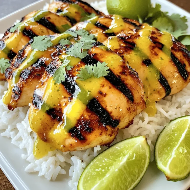 Für dieses Gericht brauchen Sie: - 4 Hähnchenbrustfilets, ohne Knochen und Haut - 1 Tasse Kokosmilch - Zeste und Saft von 2 Limetten - 2 Esslöffel Honig - 2 Knoblauchzehen, fein gehackt - 1 Teelöffel gemahlener Ingwer - 1 Teelöffel Salz - ½ Teelöffel schwarzer Pfeffer - 1 Esslöffel Olivenöl - Frische Korianderblätter zur Garnitur Diese Zutaten sind frisch und lecker. Sie bringen den Geschmack von tropischen Stränden auf den Teller. Um das Gericht zu verfeinern, können Sie hinzufügen: - Chili für etwas Schärfe - Grüner Zwiebel für mehr Geschmack - Paprika für eine bunte Note - Erdnüsse für einen Crunch Diese Zutaten geben dem Gericht mehr Tiefe. So wird Ihr Kokos-Limetten-Hähnchen noch spannender. Die Marinade ist der Schlüssel zu diesem Rezept. Sie ist einfach, aber voller Geschmack. - Kokosmilch sorgt für Cremigkeit. - Limette gibt Frische und einen tollen Kick. - Honig bringt eine süße Note. - Knoblauch und Ingwer fügen Tiefe hinzu. Wenn Sie die Marinade gut mischen, bekommt das Hähnchen viel Aroma. Lassen Sie es mindestens 30 Minuten ziehen. So wird der Geschmack intensiver. Um das volle Rezept zu erhalten, schauen Sie sich die [Full Recipe] an. Um das Hähnchen perfekt zu marinieren, nehme ich eine große Schüssel. Ich vermische die Kokosmilch, die Limettenzeste, den Limettensaft, den Honig, den gehackten Knoblauch, den gemahlenen Ingwer, das Salz und den schwarzen Pfeffer gut miteinander. Diese Mischung ist die Basis für unseren Geschmack. Danach lege ich die Hähnchenbrustfilets in die Schüssel. Ich sorge dafür, dass sie vollständig von der Marinade umhüllt sind. Dann decke ich die Schüssel mit Frischhaltefolie ab. Ich lasse das Hähnchen mindestens 30 Minuten und bis zu 2 Stunden im Kühlschrank. Je länger das Hähnchen mariniert, desto besser wird der Geschmack. Ich heize meinen Grill oder eine Grillpfanne auf mittelhohe Hitze vor. Bevor ich das Hähnchen lege, bestreiche ich die Grillfläche mit Olivenöl. So bleibt das Hähnchen nicht kleben. Dann nehme ich die Hähnchenbrustfilets aus der Marinade und lasse die überschüssige Marinade abtropfen. Ich lege das Hähnchen für etwa 6-7 Minuten auf jede Seite auf den Grill. Ich achte darauf, dass die Innentemperatur 165°F (75°C) erreicht. Das sorgt dafür, dass das Fleisch durchgegart ist und saftig bleibt. Während das Hähnchen grillt, erhitze ich die restliche Marinade in einem kleinen Topf bei mittlerer Hitze. Ich lasse sie leicht köcheln. Nach etwa 5 Minuten dickt die Marinade leicht ein. Sobald das Hähnchen fertig ist, nehme ich es vom Grill und lasse es etwa 5 Minuten ruhen. So setzen sich die Säfte im Hähnchen. Danach richte ich das Hähnchen an, beträufle es mit der eingedickten Marinade und garniere es mit frischen Korianderblättern. Für mehr Details und eine genaue Anleitung, siehe die Full Recipe. Um die beste Marinade für Kokos-Limetten-Hähnchen zu machen, achte auf die Balance. Kombiniere die Kokosmilch mit dem Limettensaft und der Zeste. Der Honig bringt eine süße Note. Die Knoblauchzehen und der Ingwer geben einen tollen Geschmack. Lasse das Hähnchen mindestens 30 Minuten marinieren. Für mehr Geschmack kannst du es auch bis zu 2 Stunden im Kühlschrank lassen. So zieht das Aroma besser ein. Grillen ist eine Kunst. Heize den Grill gut vor, damit das Hähnchen gleichmäßig gart. Benutze Olivenöl auf der Grillfläche, um ein Ankleben zu verhindern. Drehe das Hähnchen nur einmal, um saftige Stücke zu bekommen. Die Innentemperatur sollte 165°F (75°C) erreichen. So ist das Hähnchen sicher und lecker. Lass es nach dem Grillen kurz ruhen. Das hilft, die Säfte zu erhalten. Die Präsentation ist wichtig! Serviere das Hähnchen auf einem Bett aus Kokosreis. Das sieht nicht nur gut aus, sondern schmeckt auch toll. Garniere es mit Limettenspalten und frischem Koriander. Ein lebhaftes, tropisches Aussehen macht das Gericht besonders. Du kannst auch die eingedickte Marinade darüber träufeln. So wird das Essen noch schmackhafter und einladender. {{image_4}} Wenn Sie keinen Grill haben, können Sie Ihr Kokos-Limetten-Hähnchen im Ofen zubereiten. Heizen Sie den Ofen auf 200 Grad Celsius vor. Legen Sie die marinierten Hähnchenbrustfilets in eine Auflaufform. Gießen Sie die restliche Marinade darüber. Decken Sie die Form mit Alufolie ab und backen Sie das Hähnchen 25 Minuten lang. Entfernen Sie die Folie und backen Sie weitere 10 Minuten, bis das Hähnchen goldbraun ist. So bleibt das Hähnchen saftig und zart. Um das Gericht bunter und gesünder zu machen, fügen Sie Gemüse hinzu. Paprika, Zucchini und Brokkoli harmonieren gut mit dem Geschmack von Kokos und Limette. Schneiden Sie das Gemüse in Stücke und mischen Sie es in die Marinade. Lassen Sie alles zusammen marinieren. Dann geben Sie das Gemüse mit dem Hähnchen in die Auflaufform oder auf den Grill. So erhalten Sie eine vollständige und farbenfrohe Mahlzeit. Für eine pflanzliche Option können Sie Tofu verwenden. Wählen Sie festen Tofu und schneiden Sie ihn in Stücke. Marinieren Sie ihn wie das Hähnchen und grillen Sie ihn 5-7 Minuten pro Seite. Fisch wie Lachs oder Garnelen passt ebenfalls gut. Marinieren Sie die Meeresfrüchte ebenfalls und grillen Sie sie. Achten Sie darauf, die Garzeiten anzupassen, da Fisch schneller zubereitet ist. Diese Varianten sorgen für Abwechslung und bringen neue Aromen in Ihr Gericht. Wenn Sie Reste vom Kokos-Limetten-Hähnchen haben, sollten Sie diese zügig lagern. Lassen Sie das Hähnchen zuerst auf Raumtemperatur abkühlen. Danach packen Sie es in einen luftdichten Behälter. So bleibt das Fleisch frisch. Ein guter Tipp ist es, die Marinade separat aufzubewahren, um den Geschmack zu erhalten. Um das Hähnchen wieder aufzuwärmen, heizen Sie den Ofen auf 160 °C vor. Legen Sie das Hähnchen auf ein Backblech und decken Sie es mit Alufolie ab. So bleibt das Fleisch saftig. Erwärmen Sie es für etwa 15 bis 20 Minuten. Achten Sie darauf, das Hähnchen nicht zu lange zu erhitzen, damit es nicht austrocknet. Im Kühlschrank hält sich das Kokos-Limetten-Hähnchen bis zu drei Tage. Achten Sie darauf, es gut verpackt zu lagern. Im Gefrierfach können Sie das Hähnchen bis zu drei Monate aufbewahren. Zum Einfrieren ist es am besten, das Hähnchen in Portionen zu teilen. So können Sie perfekt portionieren und auftauen. Marinieren Sie das Hähnchen mindestens 30 Minuten. So zieht der Geschmack gut ein. Für ein besseres Ergebnis empfehle ich, es bis zu 2 Stunden zu marinieren. Je länger, desto intensiver wird der Geschmack. Achten Sie darauf, das Hähnchen im Kühlschrank zu lagern, damit es frisch bleibt. Ja, Sie können die Kokosmilch ersetzen. Verwenden Sie Mandelmilch oder Sojamilch. Diese Alternativen geben einen anderen Geschmack, aber sie sind lecker. Wenn Sie den Kokosgeschmack mögen, bleibt Kokosmilch die beste Wahl. Sie sorgt für einen tropischen Flair in Ihrem Gericht. Kokosreis ist eine großartige Beilage. Er ergänzt die Aromen perfekt. Auch ein frischer Salat mit Limetten-Dressing passt gut. Sie können auch gebratenes Gemüse oder Quinoa hinzufügen. Diese Optionen sorgen für ein ausgewogenes Essen. Schauen Sie sich auch andere Rezepte aus meiner Sammlung an, um neue Ideen zu finden! Diese Anleitung hat Ihnen die Hauptzutaten, Zubereitung und Tipps für Kokos-Limetten-Hähnchen gezeigt. Sie wissen nun, wie man einfach köstliches Hähnchen zaubert. Denken Sie daran, mit verschiedenen Zutaten zu experimentieren. So erhalten Sie neue Geschmäcker. Bewahren Sie Reste richtig auf und verwenden Sie sie für weitere Mahlzeiten. Mit diesem Wissen kochen Sie oft ein leckeres Gericht. Genießen Sie das Essen und die Freude, die es mit sich bringt!