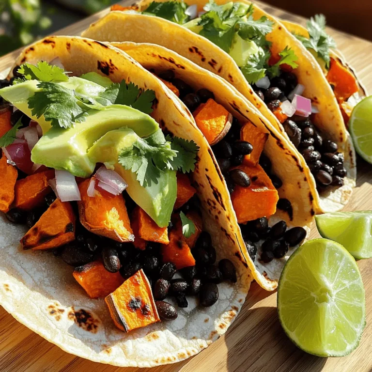 Für diese leckeren Tacos brauchst du einige Hauptzutaten. Sie sind einfach zu finden und machen den Geschmack großartig. Hier ist, was du benötigst: - 2 mittelgroße Süßkartoffeln, geschält und gewürfelt - 1 Dose (425 g) schwarze Bohnen, abgetropft und abgespült - 8 kleine Maistortillas Die Süßkartoffeln geben eine süße Note. Die schwarzen Bohnen fügen Protein hinzu und machen die Tacos sättigend. Die Gewürze und das Öl bringen den Geschmack auf die nächste Stufe. Hier sind die Zutaten, die du brauchst: - 1 Esslöffel Olivenöl - 1 Teelöffel geräuchertes Paprikapulver - 1 Teelöffel gemahlener Kreuzkümmel - 1/2 Teelöffel Chilipulver - Salz und Pfeffer nach Geschmack Das Olivenöl hilft beim Rösten der Süßkartoffeln. Die Gewürze geben den Tacos einen tollen Geschmack. Toppings machen die Tacos noch besser. Du kannst sie nach deinem Geschmack anpassen. Hier sind einige Vorschläge: - 1 Avocado, in Scheiben geschnitten - 1/2 Tasse gewürfelte rote Zwiebel - Frischer Koriander, gehackt (zum Garnieren) - Limettenspalten (zum Servieren) Die Avocado bringt eine cremige Textur. Die Zwiebel und der Koriander geben Frische. Limettensaft macht die Tacos lebendig. Du kannst die Tacos nach dem Rezept [Full Recipe] zusammenstellen. Zuerst heize deinen Ofen auf 220°C vor. Dann schäle die Süßkartoffeln und schneide sie in kleine Würfel. In einer großen Schüssel vermischst du die Süßkartoffeln mit einem Esslöffel Olivenöl. Füge geräuchertes Paprikapulver, Kreuzkümmel, Chilipulver, Salz und Pfeffer hinzu. Mische alles gut, bis die Würfel gleichmäßig beschichtet sind. Verteile die gewürzten Süßkartoffeln auf einem Backblech. Röste sie 20 bis 25 Minuten, bis sie zart sind. Wende sie zur Hälfte der Zeit, damit sie gleichmäßig garen. Während die Süßkartoffeln im Ofen sind, kannst du die schwarzen Bohnen zubereiten. Nimm eine kleine Pfanne und erhitze die Bohnen bei mittlerer Hitze. Das dauert etwa fünf Minuten. Rühre die Bohnen gelegentlich um, damit sie gleichmäßig warm werden. Würze sie nach deinem Geschmack mit Salz und Pfeffer. Wenn die Bohnen warm sind, stelle sie beiseite. Jetzt kommt der spaßige Teil! Nimm die Maistortillas und erwärme sie in einer Pfanne für 30 Sekunden auf jeder Seite. Das macht sie weich und leicht biegsam. Nimm eine Tortilla und lege einen großen Löffel der gerösteten Süßkartoffeln darauf. Füge dann einen Löffel der warmen schwarzen Bohnen hinzu. Garniere die Tacos mit Avocadoscheiben, gewürfelter roter Zwiebel und frischem Koriander. Zum Schluss serviere die Tacos mit Limettenspalten. Diese kannst du über die Füllung drücken, um einen frischen Geschmack zu bekommen. Für das vollständige Rezept schau dir die Anleitung an. Um die Süßkartoffeln perfekt zu rösten, schneide sie gleichmäßig in kleine Würfel. So garen sie gleichmäßig und werden schön zart. Verwende viel Olivenöl, um eine goldene Farbe zu erreichen. Achte darauf, die Süßkartoffeln auf einem Blech gut zu verteilen. Lass genug Platz zwischen den Würfeln. Sie sollten sich nicht überlappen. Wende sie nach der Hälfte der Garzeit. So werden sie von allen Seiten schön knusprig. Du kannst das Grundrezept leicht aufpeppen. Füge mehr Gewürze hinzu, wie Knoblauchpulver oder frischen Koriander. Auch eine Prise Zimt kann den Geschmack der Süßkartoffeln verbessern. Experimentiere mit verschiedenen Chilisorten, um die Schärfe anzupassen. Limettensaft bringt Frische in die Tacos. Er kann kurz vor dem Servieren über die gefüllten Tacos gegeben werden. So wird der Geschmack noch intensiver. Wenn du Reste hast, kannst du die Tacos einfach aufwärmen. Du kannst sie in der Mikrowelle oder in einer Pfanne aufwärmen. In der Mikrowelle dauert es nur 30 Sekunden. In der Pfanne erwärmst du sie bei mittlerer Hitze für ein paar Minuten. Achte darauf, dass sie nicht zu trocken werden. Du kannst auch frische Zutaten wie Avocado oder Koriander hinzufügen. Das bringt neuen Geschmack und Frische. Wenn du die Tacos neu zusammenstellen möchtest, erwärme die Süßkartoffeln und Bohnen separat. So bleiben sie frisch. Für das vollständige Rezept, schau dir das [Full Recipe] an. {{image_4}} Du kannst dein Taco-Rezept ganz leicht vegan machen. Die Süßkartoffeln und schwarzen Bohnen sind bereits pflanzlich. Du kannst auch pflanzliche Joghurts oder Avocado für die Cremigkeit hinzufügen. Wenn du mehr Geschmack möchtest, probiere einen veganen Käse. Er schmilzt gut und gibt den Tacos eine tolle Note. Wenn du mehr Protein willst, füge Quinoa oder Tofu hinzu. Beides ist nahrhaft und passt gut zu den Tacos. Quinoa ist leicht und hat einen guten Biss. Tofu kannst du würzen und anbraten. So wird er knusprig und lecker. Du kannst auch Linsen verwenden, wenn du etwas anderes probieren möchtest. Das Schöne an Tacos ist, dass du kreativ sein kannst. Probiere statt Süßkartoffeln auch Kürbis oder Zucchini. Sie geben den Tacos eine neue Textur. Paprika oder Spinat sind auch tolle Optionen. Wenn du es scharf magst, füge Jalapeños hinzu. Sie bringen einen tollen Kick in die Füllung. Diese Variationen machen deine Tacos immer wieder spannend. Für das vollständige Rezept schaue dir die [Full Recipe] an. Um Reste der Süßkartoffel-Schwarze Bohnen Tacos gut zu lagern, benutze einen luftdichten Behälter. Stelle sicher, dass die Tacos abgekühlt sind, bevor du sie aufbewahrst. Du kannst die Füllung auch getrennt von den Tortillas lagern. So bleiben die Tortillas frisch und knusprig. Die Reste halten sich bis zu drei Tage im Kühlschrank. Achte darauf, die Tacos wieder gut zu verschließen, um ein Austrocknen zu vermeiden. Wenn du sie länger aufbewahren möchtest, kannst du die Füllung auch einfrieren. Du kannst die Reste kreativ verwenden. Hier sind ein paar Ideen: - Burrito: Verwandle die Füllung in einen Burrito, indem du sie in eine große Tortilla wickelst. - Salat: Mische die Füllung in einen frischen Salat für ein leichtes Mittagessen. - Nachos: Lege die Füllung auf Tortilla-Chips und überbacke sie mit Käse für einen leckeren Snack. Für das gesamte Rezept, schau dir das [Full Recipe] an. Ja, du kannst andere Bohnen verwenden. Kidneybohnen oder Pinto-Bohnen sind gute Alternativen. Sie bringen einen eigenen Geschmack mit. Diese Bohnen sind einfach zu finden und oft schon vorgekocht. Achte darauf, sie gut abzutropfen und abzuspülen. So vermeidest du zusätzliche Flüssigkeit in den Tacos. Um deine Tacos schärfer zu machen, füge mehr Chilipulver hinzu. Du kannst auch frische Jalapeños oder andere scharfe Paprika verwenden. Wenn du es richtig heiß magst, probiere eine scharfe Salsa oder einen Spritzer scharfe Soße. Achte darauf, die Schärfe langsam zu steigern, damit es nicht überwältigend wird. Ja, diese Tacos sind glutenfrei, wenn du Maistortillas verwendest. Achte darauf, dass die Tortillas speziell als glutenfrei gekennzeichnet sind. Die anderen Zutaten sind ebenfalls glutenfrei. Du kannst also sicher sein, dass du ein leckeres und sicheres Gericht genießt. Diese Tacos sind einfach lecker und gesund. Wir haben die besten Zutaten, Zubereitungsschritte und nützliche Tipps besprochen. Außerdem kannst du mit Variationen und optimale Lagerung das Beste aus deinen Tacos herausholen. Egal, ob du sie vegan machst oder mit zusätzlichem Protein füllst, diese Tacos sind vielfältig. Denke daran, dass gute Aufbewahrung die Haltbarkeit erhöht. Experimentiere mit den Rezeptideen, um deine Tacos zu verbessern. Du wirst sie lieben!