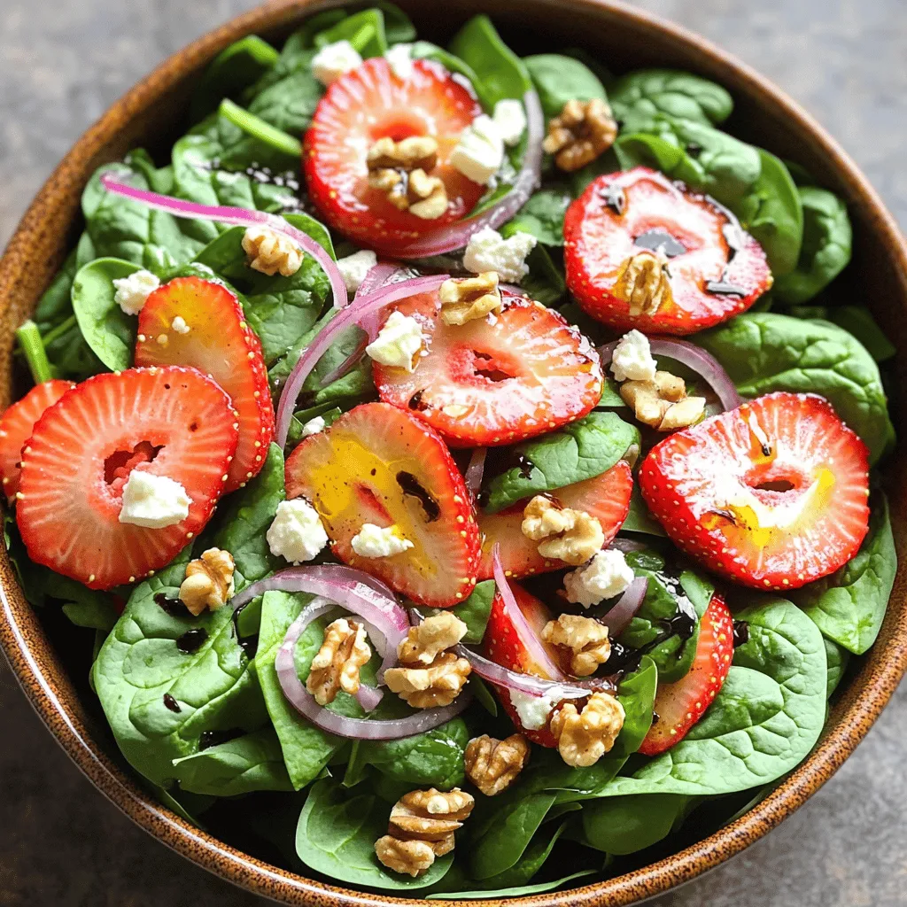- Frische Spinatblätter - Erdbeeren - Feta-Käse - Walnüsse oder Pekannüsse - Rote Zwiebel - Balsamico-Essig - Olivenöl - Honig - Salz und Pfeffer Um diesen köstlichen Spinatsalat zu machen, brauchst du frische Zutaten. Beginne mit den Spinatblättern. Sie sind die Basis und bringen viel Geschmack. Wähle knackige, grüne Blätter aus. Erdbeeren geben dem Salat eine süße Note. Achte darauf, dass sie reif und saftig sind. Schneide sie in Scheiben, damit sie gut im Salat verteilt sind. Feta-Käse bringt eine salzige, cremige Textur. Zerbröckle ihn, bevor du ihn hinzufügst. Dies hilft, den Geschmack gleichmäßig zu verteilen. Nüsse geben dem Salat einen tollen Crunch. Walnüsse sind eine gute Wahl, aber Pekannüsse sind süßer. Du kannst die Nüsse grob hacken, damit sie gut in den Salat passen. Die rote Zwiebel sorgt für einen scharfen Kontrast. Schneide sie dünn, damit ihr Geschmack nicht zu stark ist. Das Dressing ist einfach, aber wichtig. Du brauchst Balsamico-Essig für eine fruchtige Säure. Olivenöl macht es cremig, während Honig eine süße Note hinzufügt. Vergiss das Salz und den Pfeffer nicht! Sie runden den Geschmack ab. Für das vollständige Rezept, schau dir die Anleitung unter [Full Recipe] an. Zuerst waschen Sie die frischen Spinatblätter. Lassen Sie sie gut abtropfen. Schneiden Sie dann die Erdbeeren in dünne Scheiben. Nehmen Sie 1/2 Tasse Feta-Käse und zerbröckeln Sie ihn. Grob hacken Sie 1/4 Tasse Walnüsse oder Pekannüsse. Diese Nüsse geben dem Salat einen schönen Crunch. Geben Sie die Spinatblätter und die Erdbeeren in eine große Schüssel. Mischen Sie alles sanft. Fügen Sie den zerbröckelten Feta-Käse und die Walnüsse hinzu. Rühren Sie die Mischung vorsichtig um. Sie wollen, dass jeder Bissen die süßen Erdbeeren und den salzigen Feta hat. Für das Dressing mischen Sie 2 Esslöffel Balsamico-Essig, 1 Esslöffel Olivenöl, 1 Teelöffel Honig, Salz und Pfeffer in einer kleinen Schüssel. Rühren Sie alles gut um. Gießen Sie das Dressing über den Salat kurz vor dem Servieren. Tossieren Sie den Salat, um das Dressing gleichmäßig zu verteilen. Probieren Sie den Salat und passen Sie das Würzen nach Ihrem Geschmack an. Für das vollständige Rezept besuchen Sie [Full Recipe]. Um den besten Spinatsalat zuzubereiten, sollten Sie frische Spinatblätter wählen. Suchen Sie nach tiefgrünen Blättern ohne braune Flecken. Diese Blätter sind knackig und voller Geschmack. Waschen Sie sie gut, um Schmutz zu entfernen. Wählen Sie auch reife Erdbeeren. Sie sollten rot und saftig sein. Drücken Sie sie leicht, um sicherzustellen, dass sie fest sind. Frische Erdbeeren bringen die Süße in den Salat. Balsamico-Essig ist ein beliebter Dressing-Bestandteil. Sie können jedoch auch andere Essigsorten verwenden. Apfelessig oder Zitronensaft geben frische Aromen. Experimentieren Sie mit Olivenöl und verschiedenen Kräutern. Fügen Sie Gewürze hinzu, um das Dressing zu verbessern. Eine Prise Knoblauchpulver oder Senf gibt dem Dressing mehr Tiefe. Auch frische Kräuter wie Basilikum oder Dill passen gut. Dieser Salat passt gut zu vielen Gerichten. Servieren Sie ihn mit gegrilltem Hähnchen für eine herzhaftere Mahlzeit. Auch zu Fisch oder Pasta schmeckt der Salat lecker. Für besondere Anlässe können Sie den Salat schön anrichten. Nutzen Sie eine große, flache Schüssel. Garnieren Sie mit zusätzlichen Erdbeeren und Feta für eine ansprechende Optik. {{image_4}} Du kannst deinen Spinatsalat mit Erdbeeren und Feta leicht anpassen. Hier sind zwei großartige Ideen: - Avocado hinzufügen: Die cremige Textur der Avocado passt perfekt zu diesem Salat. Sie bringt gesunde Fette mit und macht ihn sättigender. - Gegrilltes Hähnchen integrieren: Wenn du eine herzhaftere Option möchtest, füge gegrilltes Hähnchen hinzu. Es bringt Protein und macht den Salat zu einer kompletten Mahlzeit. Wenn du eine vegane Version des Salats möchtest, gibt es einfache Anpassungen: - Feta-Käse durch pflanzliche Alternativen ersetzen: Es gibt viele leckere vegane Feta-Alternativen. Suche nach Produkten aus Nüssen oder Tofu für einen tollen Geschmack. - Nüsse und Samen für zusätzliche Proteine: Ersetze den Feta mit Nüssen oder füge Samen hinzu. Sonnenblumenkerne oder Kürbiskerne sind eine gute Wahl. Nutze saisonale Zutaten, um den Salat frisch und spannend zu halten: - Verwendung von saisonalem Obst: Im Sommer kannst du Pfirsiche oder Himbeeren verwenden. Im Herbst sind Äpfel oder Birnen eine schöne Ergänzung. - Anpassung an verfügbare Zutaten: Schau, was auf dem Markt frisch ist. Das macht deinen Salat nicht nur leckerer, sondern unterstützt auch lokale Bauern. Für das volle Rezept und viele weitere Tipps, schau dir die komplette Anleitung an: [Full Recipe]. Um deinen Spinat und deine Erdbeeren frisch zu halten, gibt es einige einfache Tipps. Spinat sollte im Kühlschrank in einem luftdichten Behälter aufbewahrt werden. So bleibt er länger knackig. Lege ein Papiertuch in den Behälter, um die Feuchtigkeit zu absorbieren. Erdbeeren sind empfindlicher. Lagere sie ungewaschen und in der Originalverpackung. So vermeidest du Schimmel. Wenn du den Salat für die Woche vorbereiten möchtest, schneide die Zutaten vor. Bewahre Spinat und Erdbeeren getrennt auf, um die Frische zu bewahren. Mische alles erst kurz vor dem Servieren. Für die Vinaigrette kannst du eine große Menge zubereiten. Lagere sie in einem Glas mit festem Deckel. So bleibt sie frisch und lecker. Wie lange bleibt der Salat frisch? Gut verpackt, hält er zwei bis drei Tage im Kühlschrank. Achte darauf, dass der Salat nicht matschig wird. Anzeichen von Verderb sind schlaffe Blätter und ein unangenehmer Geruch. Wenn du diese bemerkst, solltest du den Salat entsorgen. Für das vollständige Rezept, schau dir den [Full Recipe] an. Ja, du kannst den Salat im Voraus zubereiten. Bereite die Zutaten vor, aber mische sie nicht sofort. Halte die Vinaigrette separat. So bleibt der Salat frisch und knackig. Du kannst die Spinatblätter und Erdbeeren in einer Schüssel lagern. Feta und Nüsse kommen dazu, wenn du bereit bist, zu servieren. Das sorgt für den besten Geschmack und die beste Textur. Du kannst viele Nüsse oder Samen anstelle von Walnüssen verwenden. Pekannüsse geben eine süßere Note. Mandeln bieten einen knusprigen Biss. Sonnenblumenkerne sind eine gute, nussfreie Wahl. Diese Alternativen bringen eigene Geschmäcker, die gut zu diesem Salat passen. Ja, dieser Salat ist sehr gesund. Spinat ist reich an Vitaminen und Mineralstoffen. Erdbeeren sind voll von Antioxidantien und Ballaststoffen. Feta-Käse bringt Protein und Calcium. Walnüsse bieten gesunde Fette, die gut für dein Herz sind. Insgesamt ist dieser Salat eine nahrhafte Wahl. Das Rezept ergibt vier Portionen. Du kannst die Menge leicht anpassen. Wenn du mehr Gäste hast, verdopple einfach die Zutaten. Für weniger Portionen kannst du die Mengen halbieren. So kannst du die perfekte Menge für dein Essen zaubern. Zusammenfassend bietet dieser Salat eine leckere Kombination aus frischem Spinat, Erdbeeren und Feta. Ich habe die Schritte zur Zubereitung klar erklärt, von der Vorbereitung der Zutaten bis zum Anrichten. Vergessen Sie nicht, mit verschiedenen Dressings und Zutaten zu experimentieren. Dieser Salat ist vielseitig und anpassbar. Er passt ideal als Beilage oder Hauptgericht. Mit den Tipps zur Lagerung bleibt er frisch. Probieren Sie ihn aus, und genießen Sie die frische Geschmackskombination!