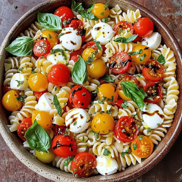 Für den einfachen Caprese Pasta Salat benötigst du frische und leckere Zutaten. Diese Zutaten sind wichtig für den Geschmack und die Frische des Salats. Hier sind die Hauptzutaten: - 225 g Rotini oder Penne-Pasta - 240 ml Kirschtomaten, halbiert - 240 ml Mozzarella-Perlen (Bocconcini) - 240 ml frische Basilikumblätter, zerrissen - 45 ml natives Olivenöl extra - 30 ml Balsamico-Glasur - 1 Zehe Knoblauch, fein gehackt - Salz und Pfeffer nach Geschmack Die Mengen sind für 4-6 Portionen ausgelegt. Das ist perfekt für ein leichtes Mittagessen oder als Beilage. Du kannst die Menge leicht anpassen, je nach Bedarf. Wenn du mehr Gäste hast, verdopple einfach die Zutaten. Wenn du einige Zutaten nicht findest, gibt es gute Alternativen. Statt Kirschtomaten kannst du auch normale Tomaten verwenden. Für den Käse sind Feta oder Ricotta tolle Optionen. Du kannst auch andere frische Kräuter wie Petersilie oder Oregano nutzen. Sei kreativ und passe den Salat deinem Geschmack an! Für das vollständige Rezept und die Zubereitung, schau dir die [Full Recipe] an. Um den Salat zu machen, beginne mit der Pasta. Nimm einen großen Topf und fülle ihn mit Wasser. Füge einen Teelöffel Salz hinzu. Bringe das Wasser zum Kochen. Wenn das Wasser kocht, gib die Pasta hinein. Folge den Anweisungen auf der Verpackung. Koche die Pasta al dente. Das bedeutet, sie sollte weich, aber noch bissfest sein. Gieße die Pasta in ein Sieb ab und spüle sie kurz unter kaltem Wasser. So stoppst du das Kochen und kühlst die Pasta ab. Während die Pasta abkühlt, bereite die anderen Zutaten vor. Nimm die Kirschtomaten und schneide sie in zwei Hälften. Das geht schnell und bringt frischen Geschmack. Zupfe die Basilikumblätter in kleinere Stücke. So geben sie mehr Aroma ab. Halbiere und zupfe alles, während die Pasta abkühlt. Halte die Zutaten bereit für den nächsten Schritt. In einer großen Schüssel vermenge die abgekühlte Pasta, die Kirschtomaten, die Mozzarella-Perlen und die zerrissenen Basilikumblätter. Das sieht bunt und einladend aus. Für das Dressing nimm eine kleine Schüssel. Mische das Olivenöl, die Balsamico-Glasur und den gehackten Knoblauch. Füge Salz und Pfeffer hinzu. Rühre alles gut durch, bis es gut vermischt ist. Gieße das Dressing über den Salat. Mische alles vorsichtig, damit die Zutaten gut bedeckt sind. Probiere den Salat. Vielleicht brauchst du etwas mehr Salz oder Pfeffer. Lass den Salat mindestens 30 Minuten im Kühlschrank ruhen. So entfalten die Aromen ihr volles Potenzial. Für die komplette Anleitung schau dir das [Full Recipe] an. Die Wahl der Pasta ist wichtig. Ich empfehle Rotini oder Penne. Diese Formen halten das Dressing gut. Kochen Sie die Pasta al dente. So bleibt sie beim Mischen knackig. Ein Spritzer Öl ins Kochwasser verhindert das Verkleben. Lassen Sie die Pasta nach dem Kochen abkühlen. Das stoppt den Garprozess und sorgt für die beste Textur. Frische Zutaten sind der Schlüssel. Kaufen Sie Kirschtomaten und Mozzarella am besten am Tag der Zubereitung. Basilikum bleibt frisch, wenn Sie die Blätter vor dem Mischen zupfen. Lagern Sie die Zutaten im Kühlschrank. So bleiben sie knackig und frisch. Verwenden Sie den Salat innerhalb von zwei Tagen. So genießen Sie den besten Geschmack. Variationen bringen neuen Schwung. Fügen Sie Avocado für Cremigkeit hinzu. Paprika bringt Farbe und Knackigkeit. Sie können auch geröstete Pinienkerne für einen nussigen Geschmack verwenden. Experimentieren Sie mit verschiedenen Käsesorten. Feta oder Ziegenkäse können tolle Alternativen sein. So wird Ihr Salat immer spannend. Für das gesamte Rezept schauen Sie sich bitte [Full Recipe] an. {{image_4}} Wenn du eine vegetarische oder vegane Option suchst, kannst du den Käse weglassen. Statt Mozzarella kannst du auch Avocado verwenden. Avocado gibt dem Salat eine cremige Konsistenz. Für eine vegane Variante, nutze eine pflanzliche Creme. Das gibt einen tollen Geschmack und ist gesund. Um den Salat nahrhafter zu machen, füge etwas Protein hinzu. Gegrilltes Hühnchen passt gut. Du kannst auch Kichererbsen verwenden, wenn du eine pflanzliche Option bevorzugst. Beide Optionen machen den Salat sättigender. So wird er zu einer vollständigen Mahlzeit. Nutze frische, saisonale Zutaten für den besten Geschmack. Im Sommer sind frische Erbsen oder Zucchini eine tolle Wahl. Im Herbst kannst du geröstete Kürbiswürfel hinzufügen. Diese Zutaten geben jedem Bissen mehr Tiefe. Wenn du die Saison berücksichtigst, wird dein Salat noch besser. Für das vollständige Rezept, schau dir [Full Recipe] an. Um den Salat frisch zu halten, kühlen Sie ihn sofort. Legen Sie ihn in eine luftdichte Schüssel. Ein gut verschlossener Behälter hilft, die Aromen zu bewahren. Stellen Sie sicher, dass der Salat vollständig abgekühlt ist, bevor Sie ihn in den Kühlschrank stellen. So bleibt er knackig und lecker. Der Easy Caprese Pasta Salad bleibt im Kühlschrank 3 bis 5 Tage frisch. Überprüfen Sie den Salat täglich. Wenn Sie Anzeichen von Verderb sehen, werfen Sie ihn weg. Für den besten Geschmack essen Sie ihn innerhalb von 3 Tagen. So genießen Sie die frischen Zutaten. Das Einfrieren von Pasta-Salat ist nicht ideal. Die Textur der Pasta kann sich verändern. Wenn Sie es dennoch versuchen möchten, verwenden Sie eine luftdichte Schüssel. Achten Sie darauf, den Salat ohne Dressing einzufrieren. Fügen Sie das Dressing erst nach dem Auftauen hinzu. So bleibt der Salat schmackhaft. Du kannst den Easy Caprese Pasta Salad bis zu drei Tage im Kühlschrank aufbewahren. Achte darauf, ihn in einem luftdichten Behälter zu lagern. So bleibt der Salat frisch und lecker. Wenn du ihn länger aufbewahren möchtest, solltest du die Tomaten und das Dressing separat aufbewahren. Das hilft, die Frische der Zutaten zu erhalten. Ja, du kannst Kirschtomaten durch andere Tomatensorten ersetzen. Du kannst normale Tomaten oder Traubentomaten verwenden. Schneide sie einfach in kleine Stücke. Der Geschmack wird etwas anders, aber die Frische bleibt. Probiere verschiedene Sorten aus und finde deinen Favoriten. Ja, es gibt viele glutenfreie Alternativen für die Pasta. Du kannst Pasta aus Reis, Mais oder Quinoa verwenden. Diese Optionen schmecken gut und haben eine ähnliche Textur. Achte beim Kochen auf die Anleitung auf der Verpackung, um die perfekte Konsistenz zu erreichen. So bleibt dein Easy Caprese Pasta Salad glutenfrei und lecker. In diesem Artikel haben wir die Zutaten und die Schritte für einen leckeren Pasta-Salat behandelt. Wir schauten uns die Mengen, Alternativen und viele Tipps an. Du kannst verschiedene Abwandlungen und Zutaten nutzen, um neue Geschmäcker zu entdecken. Denke daran, den Salat richtig aufzubewahren und frisch zu genießen. Experimentiere mit Aromen und nimm dir Zeit, deinen perfekten Pasta-Salat zu finden. Es macht Spaß, kreativ zu sein und neue Köstlichkeiten zu kreieren.