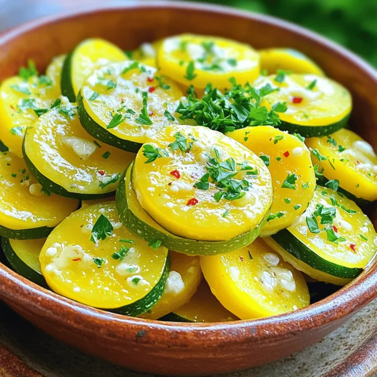 - 4 mittelgroße Zucchinis oder gelbe Kürbisse - 4 Esslöffel ungesalzene Butter - 4 Knoblauchzehen Die Hauptzutaten sind einfach und frisch. Zucchinis oder Kürbisse sind perfekt, um einen leichten Geschmack zu bieten. Die Butter bringt reichhaltige Aromen. Frischer Knoblauch sorgt für einen tollen Duft und Geschmack. - 1 Teelöffel frische Thymianblätter - 1 Teelöffel Salz - ½ Teelöffel schwarzer Pfeffer Die Gewürze sind wichtig für den Geschmack. Thymian hat einen starken, würzigen Geschmack. Salz hebt alle Aromen hervor. Pfeffer fügt eine leichte Schärfe hinzu. Diese Kombination macht das Gericht besonders lecker. - ¼ Teelöffel rote Pfefferflocken - 2 Esslöffel frisch gehackte Petersilie zur Garnitur Die optionalen Zutaten können das Gericht aufpeppen. Rote Pfefferflocken bringen mehr Würze. Petersilie sieht gut aus und gibt Frische. Du kannst diese Zutaten je nach Geschmack hinzufügen oder weglassen. Für das vollständige Rezept schau dir die Full Recipe an. Zuerst waschen Sie die Zucchinis oder gelben Kürbisse. Verwenden Sie kaltes Wasser, um Schmutz zu entfernen. Schneiden Sie das Gemüse in Halbmonde von etwa 0,6 cm Dicke. Dies sorgt für gleichmäßiges Garen. Jetzt bereiten wir den Knoblauch vor. Nehmen Sie vier Knoblauchzehen und schälen Sie sie. Hacken Sie den Knoblauch fein. Achten Sie darauf, dass die Stücke klein sind. So gibt der Knoblauch mehr Geschmack ab. Erhitzen Sie in einer großen Pfanne vier Esslöffel ungesalzene Butter. Stellen Sie die Hitze auf mittlere Stufe. Warten Sie, bis die Butter schmilzt und leicht sprudelt. Fügen Sie dann den gehackten Knoblauch in die Pfanne. Sautieren Sie den Knoblauch etwa eine Minute lang. Rühren Sie gut um, damit er nicht anbrennt. Der Knoblauch sollte aromatisch riechen. Jetzt geben Sie die geschnittenen Zucchinis in die Pfanne. Rühren Sie alles um, sodass das Gemüse gut mit der Knoblauchbutter überzogen ist. Würzen Sie das Gemüse mit einem Teelöffel Salz und einem halben Teelöffel schwarzem Pfeffer. Wenn Sie möchten, fügen Sie eine Prise rote Pfefferflocken hinzu. Kochen Sie alles für 5 bis 7 Minuten. Rühren Sie zwischendurch um, damit die Zucchini weich, aber noch knackig bleibt. Streuen Sie einen Teelöffel frische Thymianblätter über das Gemüse. Vermengen Sie alles sanft für eine weitere Minute. Dies gibt dem Gericht einen frischen Geschmack. Nehmen Sie die Pfanne vom Herd. Garnieren Sie das Gericht mit zwei Esslöffeln frisch gehackter Petersilie. Dies sieht schön aus und gibt Farbe. Servieren Sie das Knoblauch-Butter Sommergemüse in einer großen Schüssel. Träufeln Sie die restliche Knoblauchbutter darüber. Guten Appetit! Um verbrannten Knoblauch zu vermeiden, achte auf die Hitze. Schmelze die Butter bei mittlerer Hitze. Wenn der Knoblauch zu bräunen beginnt, ist es zu heiß. Rühre den Knoblauch schnell um, damit er seinen Geschmack entfaltet, ohne bitter zu werden. Für die ideale Konsistenz des Gemüses mache folgendes: Koche die Zucchini nur 5-7 Minuten. So bleibt das Gemüse knackig und behält seine schöne Farbe. Wenn du sie zu lange kochst, werden sie matschig und verlieren ihre Frische. Das Knoblauch Butter Sommergemüse passt perfekt zu gegrilltem Fleisch. Die Aromen ergänzen sich gut. Du kannst es auch als vegetarisches Hauptgericht servieren. Vielleicht mit etwas Reis oder Pasta. So wird es sättigend und lecker. Setze farbliche Akzente mit frischen Kräutern. Petersilie oder Thymian machen das Gericht lebendig. Verwende die restliche Knoblauchbutter, um das Gemüse zu überziehen. Das gibt extra Geschmack und sieht toll aus. Für mehr Inspiration, schau dir das [Full Recipe] an. {{image_4}} Du kannst das Gericht leicht anpassen. Paprika oder Auberginen sind tolle Optionen. Beide bringen Farbe und Geschmack. Erbsen oder Karotten sind ebenfalls gute Ergänzungen. Sie fügen Süße und Textur hinzu. Du kannst auch mit gefrorenen Erbsen experimentieren. Diese sind schnell zubereitet und bringen Frische. Zitronensaft gibt dem Gericht eine frische Note. Ein Spritzer kurz vor dem Servieren macht einen großen Unterschied. Du kannst auch andere Kräuter ausprobieren. Rosmarin oder Oregano passen gut. Jedes Kraut bringt einen eigenen Charakter ins Gericht. Experimentiere und finde deine Lieblingskombination. Möchtest du eine vegane Variante? Ersetze die Butter durch pflanzliche Margarine. Achte auf gute Qualität für besten Geschmack. Du kannst auch Nüsse hinzufügen. Diese geben einen tollen Crunch. Geröstete Mandeln oder Walnüsse funktionieren gut. So bleibt das Gericht lecker und knusprig. Für weitere Details und das vollständige Rezept, schau dir den [Full Recipe] an. Lagere die Reste im Kühlschrank. Verwende einen luftdichten Behälter. So bleibt das Gemüse frisch und lecker. Achte darauf, das Gemüse komplett abkühlen zu lassen, bevor du es verpackst. Das hilft, Feuchtigkeit zu vermeiden. Wenn du Reste hast, verwende sie innerhalb von zwei bis drei Tagen. Um die Reste länger zu halten, kannst du sie einfrieren. Fülle das Gemüse in einen gefrierfesten Beutel oder Behälter. Drücke die Luft heraus, um Frost zu vermeiden. So bleibt das Gericht bis zu drei Monate frisch. Im Kühlschrank hält sich das Knoblauch-Butter Sommergemüse etwa drei Tage. Die beste Methode zur Wiedererwärmung ist die Pfanne. Erhitze etwas Öl oder Butter bei mittlerer Hitze. Füge das Gemüse hinzu und rühre es gut um. So bleibt es saftig und lecker. Vermeide es, das Gemüse zu überkochen. Das könnte die zarte Textur ruinieren. Achte darauf, es nur solange zu erhitzen, bis es warm ist. Die Zubereitung dauert nur 15 Minuten. Die Vorbereitungszeit beträgt etwa 5 Minuten. Das Kochen dauert etwa 10 Minuten. So kannst du schnell ein leckeres Gericht auf den Tisch bringen. Ja, du kannst das Rezept im Voraus zubereiten. Schneide die Zucchini und den Knoblauch am Tag vorher. Bewahre sie in einem luftdichten Behälter im Kühlschrank auf. Wenn du bereit bist zu kochen, schmelze die Butter und füge die Zutaten hinzu. So sparst du Zeit beim Kochen. Das Knoblauch-Butter Sommergemüse passt gut zu vielen Gerichten. Hier sind einige Vorschläge: - Gegrilltes Hähnchen oder Steak - Reis oder Quinoa - Ein frischer Salat - Pasta mit leichtem Pesto Diese Beilagen ergänzen den Geschmack und machen dein Essen noch besser. Dieses Rezept für Knoblauch-Butter Sommergemüse ist einfach und lecker. Wir haben die Hauptzutaten wie Zucchini und Knoblauch, sowie wichtige Gewürze und optionale Zutaten besprochen. Die Schritt-für-Schritt-Anleitung macht das Kochen leicht. Tipps zur perfekten Zubereitung und kreative Varianten helfen beim Ausprobieren. Denke an die Aufbewahrung und Haltbarkeit der Reste. Probiere das Rezept aus und genieße es! Einfache, gesunde Gerichte sind immer eine gute Wahl.