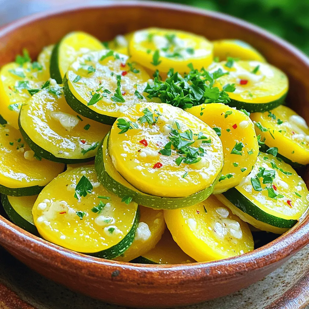 - 4 mittelgroße Zucchinis oder gelbe Kürbisse - 4 Esslöffel ungesalzene Butter - 4 Knoblauchzehen Die Hauptzutaten sind einfach und frisch. Zucchinis oder Kürbisse sind perfekt, um einen leichten Geschmack zu bieten. Die Butter bringt reichhaltige Aromen. Frischer Knoblauch sorgt für einen tollen Duft und Geschmack. - 1 Teelöffel frische Thymianblätter - 1 Teelöffel Salz - ½ Teelöffel schwarzer Pfeffer Die Gewürze sind wichtig für den Geschmack. Thymian hat einen starken, würzigen Geschmack. Salz hebt alle Aromen hervor. Pfeffer fügt eine leichte Schärfe hinzu. Diese Kombination macht das Gericht besonders lecker. - ¼ Teelöffel rote Pfefferflocken - 2 Esslöffel frisch gehackte Petersilie zur Garnitur Die optionalen Zutaten können das Gericht aufpeppen. Rote Pfefferflocken bringen mehr Würze. Petersilie sieht gut aus und gibt Frische. Du kannst diese Zutaten je nach Geschmack hinzufügen oder weglassen. Für das vollständige Rezept schau dir die Full Recipe an. Zuerst waschen Sie die Zucchinis oder gelben Kürbisse. Verwenden Sie kaltes Wasser, um Schmutz zu entfernen. Schneiden Sie das Gemüse in Halbmonde von etwa 0,6 cm Dicke. Dies sorgt für gleichmäßiges Garen. Jetzt bereiten wir den Knoblauch vor. Nehmen Sie vier Knoblauchzehen und schälen Sie sie. Hacken Sie den Knoblauch fein. Achten Sie darauf, dass die Stücke klein sind. So gibt der Knoblauch mehr Geschmack ab. Erhitzen Sie in einer großen Pfanne vier Esslöffel ungesalzene Butter. Stellen Sie die Hitze auf mittlere Stufe. Warten Sie, bis die Butter schmilzt und leicht sprudelt. Fügen Sie dann den gehackten Knoblauch in die Pfanne. Sautieren Sie den Knoblauch etwa eine Minute lang. Rühren Sie gut um, damit er nicht anbrennt. Der Knoblauch sollte aromatisch riechen. Jetzt geben Sie die geschnittenen Zucchinis in die Pfanne. Rühren Sie alles um, sodass das Gemüse gut mit der Knoblauchbutter überzogen ist. Würzen Sie das Gemüse mit einem Teelöffel Salz und einem halben Teelöffel schwarzem Pfeffer. Wenn Sie möchten, fügen Sie eine Prise rote Pfefferflocken hinzu. Kochen Sie alles für 5 bis 7 Minuten. Rühren Sie zwischendurch um, damit die Zucchini weich, aber noch knackig bleibt. Streuen Sie einen Teelöffel frische Thymianblätter über das Gemüse. Vermengen Sie alles sanft für eine weitere Minute. Dies gibt dem Gericht einen frischen Geschmack. Nehmen Sie die Pfanne vom Herd. Garnieren Sie das Gericht mit zwei Esslöffeln frisch gehackter Petersilie. Dies sieht schön aus und gibt Farbe. Servieren Sie das Knoblauch-Butter Sommergemüse in einer großen Schüssel. Träufeln Sie die restliche Knoblauchbutter darüber. Guten Appetit! Um verbrannten Knoblauch zu vermeiden, achte auf die Hitze. Schmelze die Butter bei mittlerer Hitze. Wenn der Knoblauch zu bräunen beginnt, ist es zu heiß. Rühre den Knoblauch schnell um, damit er seinen Geschmack entfaltet, ohne bitter zu werden. Für die ideale Konsistenz des Gemüses mache folgendes: Koche die Zucchini nur 5-7 Minuten. So bleibt das Gemüse knackig und behält seine schöne Farbe. Wenn du sie zu lange kochst, werden sie matschig und verlieren ihre Frische. Das Knoblauch Butter Sommergemüse passt perfekt zu gegrilltem Fleisch. Die Aromen ergänzen sich gut. Du kannst es auch als vegetarisches Hauptgericht servieren. Vielleicht mit etwas Reis oder Pasta. So wird es sättigend und lecker. Setze farbliche Akzente mit frischen Kräutern. Petersilie oder Thymian machen das Gericht lebendig. Verwende die restliche Knoblauchbutter, um das Gemüse zu überziehen. Das gibt extra Geschmack und sieht toll aus. Für mehr Inspiration, schau dir das [Full Recipe] an. {{image_4}} Du kannst das Gericht leicht anpassen. Paprika oder Auberginen sind tolle Optionen. Beide bringen Farbe und Geschmack. Erbsen oder Karotten sind ebenfalls gute Ergänzungen. Sie fügen Süße und Textur hinzu. Du kannst auch mit gefrorenen Erbsen experimentieren. Diese sind schnell zubereitet und bringen Frische. Zitronensaft gibt dem Gericht eine frische Note. Ein Spritzer kurz vor dem Servieren macht einen großen Unterschied. Du kannst auch andere Kräuter ausprobieren. Rosmarin oder Oregano passen gut. Jedes Kraut bringt einen eigenen Charakter ins Gericht. Experimentiere und finde deine Lieblingskombination. Möchtest du eine vegane Variante? Ersetze die Butter durch pflanzliche Margarine. Achte auf gute Qualität für besten Geschmack. Du kannst auch Nüsse hinzufügen. Diese geben einen tollen Crunch. Geröstete Mandeln oder Walnüsse funktionieren gut. So bleibt das Gericht lecker und knusprig. Für weitere Details und das vollständige Rezept, schau dir den [Full Recipe] an. Lagere die Reste im Kühlschrank. Verwende einen luftdichten Behälter. So bleibt das Gemüse frisch und lecker. Achte darauf, das Gemüse komplett abkühlen zu lassen, bevor du es verpackst. Das hilft, Feuchtigkeit zu vermeiden. Wenn du Reste hast, verwende sie innerhalb von zwei bis drei Tagen. Um die Reste länger zu halten, kannst du sie einfrieren. Fülle das Gemüse in einen gefrierfesten Beutel oder Behälter. Drücke die Luft heraus, um Frost zu vermeiden. So bleibt das Gericht bis zu drei Monate frisch. Im Kühlschrank hält sich das Knoblauch-Butter Sommergemüse etwa drei Tage. Die beste Methode zur Wiedererwärmung ist die Pfanne. Erhitze etwas Öl oder Butter bei mittlerer Hitze. Füge das Gemüse hinzu und rühre es gut um. So bleibt es saftig und lecker. Vermeide es, das Gemüse zu überkochen. Das könnte die zarte Textur ruinieren. Achte darauf, es nur solange zu erhitzen, bis es warm ist. Die Zubereitung dauert nur 15 Minuten. Die Vorbereitungszeit beträgt etwa 5 Minuten. Das Kochen dauert etwa 10 Minuten. So kannst du schnell ein leckeres Gericht auf den Tisch bringen. Ja, du kannst das Rezept im Voraus zubereiten. Schneide die Zucchini und den Knoblauch am Tag vorher. Bewahre sie in einem luftdichten Behälter im Kühlschrank auf. Wenn du bereit bist zu kochen, schmelze die Butter und füge die Zutaten hinzu. So sparst du Zeit beim Kochen. Das Knoblauch-Butter Sommergemüse passt gut zu vielen Gerichten. Hier sind einige Vorschläge: - Gegrilltes Hähnchen oder Steak - Reis oder Quinoa - Ein frischer Salat - Pasta mit leichtem Pesto Diese Beilagen ergänzen den Geschmack und machen dein Essen noch besser. Dieses Rezept für Knoblauch-Butter Sommergemüse ist einfach und lecker. Wir haben die Hauptzutaten wie Zucchini und Knoblauch, sowie wichtige Gewürze und optionale Zutaten besprochen. Die Schritt-für-Schritt-Anleitung macht das Kochen leicht. Tipps zur perfekten Zubereitung und kreative Varianten helfen beim Ausprobieren. Denke an die Aufbewahrung und Haltbarkeit der Reste. Probiere das Rezept aus und genieße es! Einfache, gesunde Gerichte sind immer eine gute Wahl.