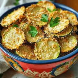 - Zucchini und ihre Auswahl: Wählen Sie frische, feste Zucchini. Sie sollten glänzend und ohne Makel sein. Dünne Zucchini sind ideal für knusprige Chips. Dickere Zucchini können wässrig sein und weniger gut knusprig werden. - Paniermehl (Panko vs. normales): Panko ist die beste Wahl. Es gibt den Chips einen tollen Crunch. Normales Paniermehl ist feiner, was weniger Knusprigkeit ergibt. Wenn Sie also den perfekten Snack wollen, entscheiden Sie sich für Panko. - Gewürze und Käseoptionen: Gewürze machen den Unterschied. Knoblauchpulver und Zwiebelpulver fügen Geschmack hinzu. Paprika gibt eine leichte Schärfe. Parmesan-Käse sorgt für eine herzhafte Note. Experimentieren Sie gerne mit anderen Käsearten wie Cheddar oder Mozzarella. So können Sie ganz neue Geschmäcker entdecken. Für das vollständige Rezept, schauen Sie sich die Anleitung zu den Krossen Zucchini-Chips aus der Heißluftfritteuse an. Um die perfekten krossen Zucchini-Chips zu machen, müssen wir zuerst die Zucchini vorbereiten. Nehmen Sie zwei mittelgroße Zucchini und schneiden Sie sie in dünne Scheiben. Die Scheiben sollten etwa 3 mm dick sein. Ein scharfes Messer oder eine Mandoline hilft dabei, gleichmäßige Stücke zu schneiden. Gleichmäßige Scheiben garen besser. Jetzt kommt die Paniermischung. In einer großen Schüssel mischen Sie eine Tasse Paniermehl, ½ Tasse geriebenen Parmesan-Käse, einen Teelöffel Knoblauchpulver, einen Teelöffel Zwiebelpulver, ½ Teelöffel Paprika, Salz und Pfeffer nach Geschmack. Diese Mischung sorgt für den köstlichen Geschmack und die knusprige Textur der Chips. Heizen Sie Ihre Heißluftfritteuse auf 190°C (375°F) vor. Dies ist wichtig, um die Zucchini gleichmäßig und knusprig zu frittieren. Nehmen Sie die Zucchini-Scheiben und träufeln Sie ¼ Tasse Olivenöl darüber oder verwenden Sie ein Sprühöl, um sie leicht zu beschichten. Wälzen Sie die Zucchini in der Paniermischung. Drücken Sie die Mischung leicht an, damit sie gut haftet. Legen Sie die panierten Zucchini-Scheiben in einer einzigen Schicht in den Korb der Heißluftfritteuse. Achten Sie darauf, nicht zu überfüllen. Frittieren Sie sie für 10-12 Minuten. Wenden Sie die Scheiben zur Hälfte der Garzeit, damit sie gleichmäßig bräunen. Die Chips sind fertig, wenn sie goldbraun und knusprig sind. Nach dem Frittieren nehmen Sie die Chips heraus und lassen Sie sie kurz abkühlen. Sie werden beim Abkühlen noch knuspriger. Für das vollständige Rezept schauen Sie sich die Anleitung an. - Temperatur und Garzeiten optimieren: Um die besten Ergebnisse zu erzielen, halte die Temperatur bei 190°C. Frittiere die Chips für 10 bis 12 Minuten. Wende sie zur Hälfte der Zeit, damit sie gleichmäßig knusprig werden. - Zucchini gleichmäßig schneiden: Dünne Scheiben sind der Schlüssel. Schneide die Zucchini in etwa 3 mm dicke Runden. Nutze eine Mandoline oder ein scharfes Messer. Gleichmäßige Stücke sorgen für eine gleichmäßige Garung und den perfekten Crunch. - Ansprechende Servierideen: Richte die Chips in einer bunten Schüssel an. Füge frische Kräuter wie Petersilie oder Basilikum hinzu. Das sieht nicht nur toll aus, sondern bringt auch Geschmack. - Dips und Beilagen zum Kombinieren: Biete Dips wie Marinara oder Ranch-Dressing an. Diese passen perfekt zu den knusprigen Chips. Halte die Beilagen einfach und lecker, um den Geschmack der Zucchini zu ergänzen. {{image_4}} Ich liebe es, mit verschiedenen Gewürzen zu experimentieren. Zum Beispiel können Sie italienische Kräuter wie Oregano oder Thymian hinzufügen. Diese Kräuter geben den Chips einen besonderen Geschmack. Auch Chili-Pulver bringt einen scharfen Kick. Probieren Sie es einfach aus! Käse kann auch variieren. Parmesan ist toll, aber Cheddar sorgt für einen anderen Geschmack. Veganer Käse ist ebenfalls eine gute Wahl. Diese Optionen machen die Chips noch besser. Für eine gesunde Option können Sie glutenfreies Paniermehl nutzen. Es schmeckt gut und macht die Chips knusprig. Viele Marken bieten glutenfreies Paniermehl an. Wenn Sie vegan sind, probieren Sie pflanzlichen Käse. Es gibt viele Sorten, die gut schmelzen. So bleiben die Chips lecker und gesund. Verwenden Sie das [Full Recipe], um Ihre perfekten Zucchini-Chips zu machen. Um die Zucchini-Chips frisch und knusprig zu halten, bewahre sie in einem luftdichten Behälter auf. Vermeide Feuchtigkeit, da sie die Chips schnell weich macht. Achte darauf, dass der Behälter vor dem Schließen trocken ist. Du kannst die Chips auch mit einem Stück Papiertuch zwischen den Schichten lagern. So bleibt die Knusprigkeit länger erhalten. Wenn die Chips etwas weich geworden sind, gibt es einen einfachen Trick. Lege sie für ein paar Minuten in die Heißluftfritteuse bei 180°C (350°F). Dies hilft, die Knusprigkeit zurückzugewinnen. Alternativ kannst du sie auch im Ofen bei niedriger Temperatur für einige Minuten aufwärmen. So schmecken sie fast wie frisch zubereitet! Ja, du kannst die Zucchini-Chips auch im Ofen zubereiten. Heize deinen Ofen auf 200°C vor. Lege die Zucchini-Scheiben auf ein Backblech, das mit Backpapier ausgelegt ist. Besprühe die Chips mit etwas Öl und streue die Paniermischung gleichmäßig darüber. Backe die Chips für 15-20 Minuten. Wende sie zur Hälfte, damit sie gleichmäßig knusprig werden. Achte darauf, sie gut im Auge zu behalten, da die Backzeit variieren kann. Die Chips bleiben etwa 3-5 Tage frisch. Lagere sie in einem luftdichten Behälter, um sie knusprig zu halten. Stelle sicher, dass sie vollständig abgekühlt sind, bevor du sie verpackst. Vermeide es, sie in den Kühlschrank zu legen, da die Feuchtigkeit die Chips weich machen kann. Wenn du die Chips länger aufbewahren möchtest, friere sie ein. So bleiben sie bis zu einem Monat haltbar. Zu Zucchini-Chips passen viele Dips gut. Hier sind einige beliebte Optionen: - Ranch-Dressing: Cremig und würzig, perfekt für den Geschmack. - Marinara-Sauce: Eine fruchtige Tomatensauce für einen italienischen Twist. - Guacamole: Die Avocado-Creme bringt eine tolle Frische. - Hummus: Für eine gesunde, proteinreiche Wahl, die super schmeckt. Du kannst auch eigene Dips kreieren, um neue Geschmäcker zu entdecken. Das vollständige Rezept für die krossen Zucchini-Chips findest du in der Rezeptbeschreibung. Dort sind alle Schritte und Zutaten genau aufgelistet, damit du gleich loslegen kannst. Zusammenfassend sind krosse Zucchini-Chips einfach zuzubereiten und gesund. Du hast erfahren, welche Hauptzutaten nötig sind und wie die Chips in wenigen Schritten zubereitet werden. Tipps zum Knusprigmachen und kreative Serviervorschläge runden das Ganze ab. Vergiss nicht, mit verschiedenen Gewürzen zu experimentieren und deine Chips richtig zu lagern. Egal, ob im Ofen oder der Heißluftfritteuse, diese Snacks sind köstlich. Mach deine Küche zur Snack-Oase!
