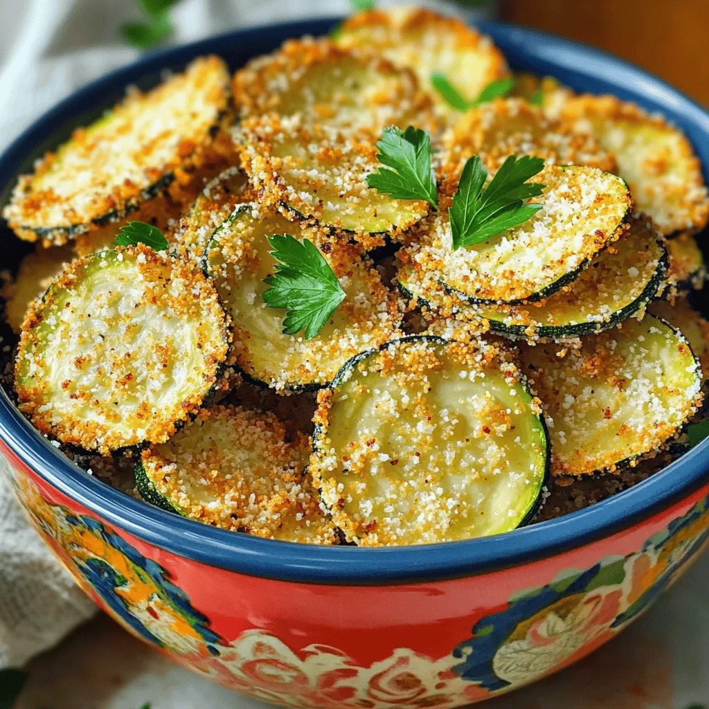 - Zucchini und ihre Auswahl: Wählen Sie frische, feste Zucchini. Sie sollten glänzend und ohne Makel sein. Dünne Zucchini sind ideal für knusprige Chips. Dickere Zucchini können wässrig sein und weniger gut knusprig werden. - Paniermehl (Panko vs. normales): Panko ist die beste Wahl. Es gibt den Chips einen tollen Crunch. Normales Paniermehl ist feiner, was weniger Knusprigkeit ergibt. Wenn Sie also den perfekten Snack wollen, entscheiden Sie sich für Panko. - Gewürze und Käseoptionen: Gewürze machen den Unterschied. Knoblauchpulver und Zwiebelpulver fügen Geschmack hinzu. Paprika gibt eine leichte Schärfe. Parmesan-Käse sorgt für eine herzhafte Note. Experimentieren Sie gerne mit anderen Käsearten wie Cheddar oder Mozzarella. So können Sie ganz neue Geschmäcker entdecken. Für das vollständige Rezept, schauen Sie sich die Anleitung zu den Krossen Zucchini-Chips aus der Heißluftfritteuse an. Um die perfekten krossen Zucchini-Chips zu machen, müssen wir zuerst die Zucchini vorbereiten. Nehmen Sie zwei mittelgroße Zucchini und schneiden Sie sie in dünne Scheiben. Die Scheiben sollten etwa 3 mm dick sein. Ein scharfes Messer oder eine Mandoline hilft dabei, gleichmäßige Stücke zu schneiden. Gleichmäßige Scheiben garen besser. Jetzt kommt die Paniermischung. In einer großen Schüssel mischen Sie eine Tasse Paniermehl, ½ Tasse geriebenen Parmesan-Käse, einen Teelöffel Knoblauchpulver, einen Teelöffel Zwiebelpulver, ½ Teelöffel Paprika, Salz und Pfeffer nach Geschmack. Diese Mischung sorgt für den köstlichen Geschmack und die knusprige Textur der Chips. Heizen Sie Ihre Heißluftfritteuse auf 190°C (375°F) vor. Dies ist wichtig, um die Zucchini gleichmäßig und knusprig zu frittieren. Nehmen Sie die Zucchini-Scheiben und träufeln Sie ¼ Tasse Olivenöl darüber oder verwenden Sie ein Sprühöl, um sie leicht zu beschichten. Wälzen Sie die Zucchini in der Paniermischung. Drücken Sie die Mischung leicht an, damit sie gut haftet. Legen Sie die panierten Zucchini-Scheiben in einer einzigen Schicht in den Korb der Heißluftfritteuse. Achten Sie darauf, nicht zu überfüllen. Frittieren Sie sie für 10-12 Minuten. Wenden Sie die Scheiben zur Hälfte der Garzeit, damit sie gleichmäßig bräunen. Die Chips sind fertig, wenn sie goldbraun und knusprig sind. Nach dem Frittieren nehmen Sie die Chips heraus und lassen Sie sie kurz abkühlen. Sie werden beim Abkühlen noch knuspriger. Für das vollständige Rezept schauen Sie sich die Anleitung an. - Temperatur und Garzeiten optimieren: Um die besten Ergebnisse zu erzielen, halte die Temperatur bei 190°C. Frittiere die Chips für 10 bis 12 Minuten. Wende sie zur Hälfte der Zeit, damit sie gleichmäßig knusprig werden. - Zucchini gleichmäßig schneiden: Dünne Scheiben sind der Schlüssel. Schneide die Zucchini in etwa 3 mm dicke Runden. Nutze eine Mandoline oder ein scharfes Messer. Gleichmäßige Stücke sorgen für eine gleichmäßige Garung und den perfekten Crunch. - Ansprechende Servierideen: Richte die Chips in einer bunten Schüssel an. Füge frische Kräuter wie Petersilie oder Basilikum hinzu. Das sieht nicht nur toll aus, sondern bringt auch Geschmack. - Dips und Beilagen zum Kombinieren: Biete Dips wie Marinara oder Ranch-Dressing an. Diese passen perfekt zu den knusprigen Chips. Halte die Beilagen einfach und lecker, um den Geschmack der Zucchini zu ergänzen. {{image_4}} Ich liebe es, mit verschiedenen Gewürzen zu experimentieren. Zum Beispiel können Sie italienische Kräuter wie Oregano oder Thymian hinzufügen. Diese Kräuter geben den Chips einen besonderen Geschmack. Auch Chili-Pulver bringt einen scharfen Kick. Probieren Sie es einfach aus! Käse kann auch variieren. Parmesan ist toll, aber Cheddar sorgt für einen anderen Geschmack. Veganer Käse ist ebenfalls eine gute Wahl. Diese Optionen machen die Chips noch besser. Für eine gesunde Option können Sie glutenfreies Paniermehl nutzen. Es schmeckt gut und macht die Chips knusprig. Viele Marken bieten glutenfreies Paniermehl an. Wenn Sie vegan sind, probieren Sie pflanzlichen Käse. Es gibt viele Sorten, die gut schmelzen. So bleiben die Chips lecker und gesund. Verwenden Sie das [Full Recipe], um Ihre perfekten Zucchini-Chips zu machen. Um die Zucchini-Chips frisch und knusprig zu halten, bewahre sie in einem luftdichten Behälter auf. Vermeide Feuchtigkeit, da sie die Chips schnell weich macht. Achte darauf, dass der Behälter vor dem Schließen trocken ist. Du kannst die Chips auch mit einem Stück Papiertuch zwischen den Schichten lagern. So bleibt die Knusprigkeit länger erhalten. Wenn die Chips etwas weich geworden sind, gibt es einen einfachen Trick. Lege sie für ein paar Minuten in die Heißluftfritteuse bei 180°C (350°F). Dies hilft, die Knusprigkeit zurückzugewinnen. Alternativ kannst du sie auch im Ofen bei niedriger Temperatur für einige Minuten aufwärmen. So schmecken sie fast wie frisch zubereitet! Ja, du kannst die Zucchini-Chips auch im Ofen zubereiten. Heize deinen Ofen auf 200°C vor. Lege die Zucchini-Scheiben auf ein Backblech, das mit Backpapier ausgelegt ist. Besprühe die Chips mit etwas Öl und streue die Paniermischung gleichmäßig darüber. Backe die Chips für 15-20 Minuten. Wende sie zur Hälfte, damit sie gleichmäßig knusprig werden. Achte darauf, sie gut im Auge zu behalten, da die Backzeit variieren kann. Die Chips bleiben etwa 3-5 Tage frisch. Lagere sie in einem luftdichten Behälter, um sie knusprig zu halten. Stelle sicher, dass sie vollständig abgekühlt sind, bevor du sie verpackst. Vermeide es, sie in den Kühlschrank zu legen, da die Feuchtigkeit die Chips weich machen kann. Wenn du die Chips länger aufbewahren möchtest, friere sie ein. So bleiben sie bis zu einem Monat haltbar. Zu Zucchini-Chips passen viele Dips gut. Hier sind einige beliebte Optionen: - Ranch-Dressing: Cremig und würzig, perfekt für den Geschmack. - Marinara-Sauce: Eine fruchtige Tomatensauce für einen italienischen Twist. - Guacamole: Die Avocado-Creme bringt eine tolle Frische. - Hummus: Für eine gesunde, proteinreiche Wahl, die super schmeckt. Du kannst auch eigene Dips kreieren, um neue Geschmäcker zu entdecken. Das vollständige Rezept für die krossen Zucchini-Chips findest du in der Rezeptbeschreibung. Dort sind alle Schritte und Zutaten genau aufgelistet, damit du gleich loslegen kannst. Zusammenfassend sind krosse Zucchini-Chips einfach zuzubereiten und gesund. Du hast erfahren, welche Hauptzutaten nötig sind und wie die Chips in wenigen Schritten zubereitet werden. Tipps zum Knusprigmachen und kreative Serviervorschläge runden das Ganze ab. Vergiss nicht, mit verschiedenen Gewürzen zu experimentieren und deine Chips richtig zu lagern. Egal, ob im Ofen oder der Heißluftfritteuse, diese Snacks sind köstlich. Mach deine Küche zur Snack-Oase!