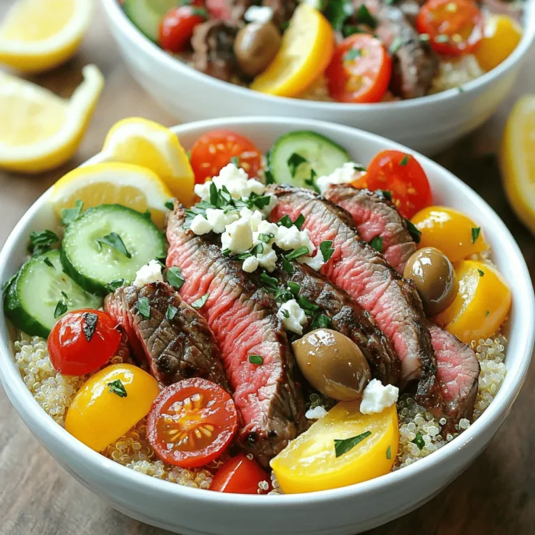 - 450 g Flanksteak oder Rinderfilet, dünn geschnitten - 2 Esslöffel Olivenöl - 1 Teelöffel Knoblauchpulver - 1 Teelöffel Paprika - Salz und Pfeffer nach Geschmack - 240 ml gekochte Quinoa oder Couscous - 150 g Kirschtomaten, halbiert - 1 Gurke, gewürfelt - 1 Tasse Paprika (rot und gelb), in Streifen geschnitten - 1/2 rote Zwiebel, dünn geschnitten - 120 g Feta-Käse, zerbröckelt - 60 g Kalamata-Oliven, entsteint und halbiert - Frische Petersilie, gehackt (zum Garnieren) - Zitronenspalten (zum Servieren) Die Hauptzutaten sind der Schlüssel zu einem guten Gericht. Das Flanksteak oder Rinderfilet gibt dem Gericht seinen tollen Geschmack. Olivenöl und Gewürze bringen das Steak zum Leben. Gemüse wie Tomaten und Gurken sorgen für frische Noten. Quinoa oder Couscous bilden die perfekte Basis für die Bowl. - Zusätzliche Gemüsesorten - Verschiedene Käsesorten - Dressings und Saucen Optionale Zutaten machen das Gericht noch spannender. Du kannst verschiedene Gemüsesorten wie Zucchini oder Auberginen hinzufügen. Auch Käse wie Mozzarella oder Parmesan schmecken gut dazu. Dressings wie Joghurt oder Balsamico verleihen der Bowl eine besondere Note. Wenn du kreativ bist, kannst du deine eigene Kombination finden. Für das gesamte Rezept sieh dir bitte die Full Recipe an. Um das Steak richtig zu marinieren, benötigst du einige Zutaten. Mische in einer Schüssel: - 2 Esslöffel Olivenöl - 1 Teelöffel Knoblauchpulver - 1 Teelöffel Paprika - Salz und Pfeffer nach Geschmack Füge das dünn geschnittene Steak hinzu. Mische alles gut, sodass das Steak gleichmäßig bedeckt ist. Lass das Steak mindestens 20 Minuten ruhen. So kann es die Aromen gut aufnehmen. Erhitze eine große Pfanne bei mittlerer bis hoher Hitze. Wenn die Pfanne heiß ist, füge die marinierten Steakstücke hinzu. Brate sie in kleinen Portionen. So bleibt die Hitze hoch. Jedes Stück braucht etwa 3-4 Minuten pro Seite. Du erkennst den Gargrad, wenn das Steak schön gebräunt ist. Nimm das Steak danach vom Herd und stelle es beiseite. Während das Steak brät, kannst du das Gemüse vorbereiten. Schnippel die folgenden Zutaten: - 150 g Kirschtomaten, halbiert - 1 Gurke, gewürfelt - 1 Tasse Paprika (rot und gelb), in Streifen geschnitten - 1/2 rote Zwiebel, dünn geschnitten Gib das geschnittene Gemüse in eine große Schüssel. Beträufle es mit etwas Olivenöl und würze es mit Salz und Pfeffer. Mische alles gut, damit das Gemüse gleichmäßig gewürzt ist. Für das Anrichten der Schüsseln brauchst du eine Basis. Verwende entweder: - 240 ml gekochte Quinoa - 240 ml Couscous Gib die gekochte Quinoa oder den Couscous in jede Servierschüssel. Lege dann die gebratenen Steakstücke darauf. Verteile die vorbereitete Gemüsemischung gleichmäßig über das Steak. Füge schließlich zerbröckelten Feta-Käse und Kalamata-Oliven hinzu. Garniere die Schüsseln mit frischer Petersilie. Serviere Zitronenspalten dazu, um frischen Zitronensaft hinzuzufügen. Das gibt den Bowls einen tollen Geschmack. Um das Steak perfekt zu braten, sollten Sie die Pfanne nicht überfüllen. Wenn Sie zu viele Stücke auf einmal hinzufügen, kühlt die Pfanne ab. Daher braten Sie das Steak in kleinen Portionen. Jedes Stück benötigt etwa 3-4 Minuten auf jeder Seite. Nutzen Sie ein Fleischthermometer für den gewünschten Gargrad. So wird Ihr Steak saftig und zart. Wählen Sie frisches Gemüse für Ihre Bowl aus. Kirschtomaten, Gurken und Paprika sind großartige Optionen. Vorbereiten können Sie die Gemüse schon am Morgen. Schneiden Sie alles klein und bewahren Sie es in einem luftdichten Behälter im Kühlschrank auf. Das spart Zeit und sorgt für knackiges Gemüse. Kombinieren Sie die Steak-Bowls mit einer leckeren Beilage. Hummus oder Tzatziki passen gut dazu. Als Getränk empfehle ich ein leichtes Weißwein oder Mineralwasser mit Zitrone. Für die Essenspräsentation können Sie die Zutaten schön schichten. Verwenden Sie bunte Schüsseln, um die Farben der Zutaten hervorzuheben. Dies macht das Essen noch appetitlicher. {{image_4}} Für die Steak-Bowls kannst du auch Hähnchen oder Lamm verwenden. Beide Optionen sind lecker und leicht zuzubereiten. Hähnchen hat einen milden Geschmack und passt gut zu den Aromen. Lamm bringt einen kräftigen, würzigen Geschmack mit. So hast du mehr Vielfalt. Wenn du vegetarisch essen möchtest, gibt es viele Alternativen. Tofu oder Tempeh sind großartige Quellen für pflanzliches Protein. Du kannst sie marinieren, um den Geschmack zu verbessern. Auch Kichererbsen sind eine tolle Wahl. Sie sind nahrhaft und geben der Bowl eine gute Textur. Die Gewürze in deinen Steak-Bowls sind sehr wichtig. Du kannst sie nach deinem Geschmack anpassen. Verwende zum Beispiel Kreuzkümmel, Oregano oder Thymian. Diese Gewürze bringen den mediterranen Flair in dein Gericht. Ein weiterer Tipp ist, regionale Zutaten einzufügen. Wenn du frische Kräuter wie Basilikum oder Minze hast, füge sie hinzu. Sie geben dem Gericht eine frische Note. Auch saisonales Gemüse macht deine Bowls bunter und gesünder. Quinoa und Couscous sind großartige Basiszutaten. Du kannst aber auch Reis oder Farro verwenden. Beide bringen einen anderen Geschmack und eine andere Konsistenz. Reis ist weich und leicht, während Farro nussig und herzhaft ist. Wenn du glutenfreie Optionen suchst, gibt es viele Möglichkeiten. Du kannst Blumenkohlreis verwenden. Er ist leicht und kalorienarm. Auch Linsen sind eine gute Basis. Sie sind proteinreich und sehr sättigend. Um die Reste Ihrer mediterranen Steak-Bowls frisch zu halten, verwenden Sie geeignete Behälter. Glasbehälter sind ideal, da sie keine Chemikalien abgeben. Achten Sie darauf, dass der Behälter luftdicht ist. So bleibt der Geschmack erhalten. Sie können auch Kunststoffbehälter nutzen, die BPA-frei sind. Kühlen Sie die Reste innerhalb von zwei Stunden nach dem Servieren. Stellen Sie die Behälter in den Kühlschrank. Sie sollten die Bowls innerhalb von drei Tagen essen. Danach könnte der Geschmack leiden. Die besten Methoden zum Aufwärmen sind die Mikrowelle oder der Herd. Wenn Sie die Mikrowelle nutzen, decken Sie die Bowl mit einem feuchten Tuch ab. So bleibt das Steak saftig. Warmen Sie die Bowl in kurzen Intervallen auf, um das Überhitzen zu vermeiden. Nutzen Sie den Herd? Erhitzen Sie die Steak-Bowls in einer Pfanne bei niedriger Hitze. Fügen Sie etwas Wasser oder Brühe hinzu, um die Konsistenz zu erhalten. Rühren Sie regelmäßig um, damit alles gleichmäßig warm wird. Vermeiden Sie ein ständiges Kochen, um das Gemüse frisch zu halten. So können Sie die leckeren Steak-Bowls wieder genießen! Die Steak-Bowls halten sich im Kühlschrank etwa drei bis vier Tage. Bewahre sie in einem luftdichten Behälter auf. So bleiben die Aromen frisch. Vor dem Essen einfach gut durchmischen. Ja, du kannst die Bowls im Voraus zubereiten. Mariniere das Steak und bereite das Gemüse vor. Lagere alles getrennt im Kühlschrank. So bleibt alles frisch und lecker. Zu den Steak-Bowls passen viele Beilagen. Hier sind einige Ideen: - Tzatziki als Dip - Frisches Brot oder Pita - Ein einfacher grüner Salat - Ein Glas Rotwein Ja, diese Rezeptur kann glutenfrei sein. Verwende Quinoa oder glutenfreies Couscous. Achte darauf, dass der Feta-Käse kein Gluten enthält. So kannst du unbesorgt genießen. Du findest die vollständige Rezeptur für die mediterranen Steak-Bowls [hier](#). Zusammenfassend haben wir die besten Zutaten für Steak-Bowls betrachtet. Sie fanden Haupt- und optionale Zutaten, die die Gerichte lecker machen. Die Schritt-für-Schritt-Anleitung hilft Ihnen, das Steak perfekt zu marinieren und zu braten. Außerdem gibt es viele Tipps, um Gemüse frisch zu halten und das Essen ansprechend zu servieren. Denken Sie an Variationen und Lagerung, um Reste optimal zu nutzen. Steak-Bowls sind vielseitig und kreativ. Sie bieten viele Möglichkeiten für jeden Geschmack. Viel Spaß beim Zubereiten und Genießen!