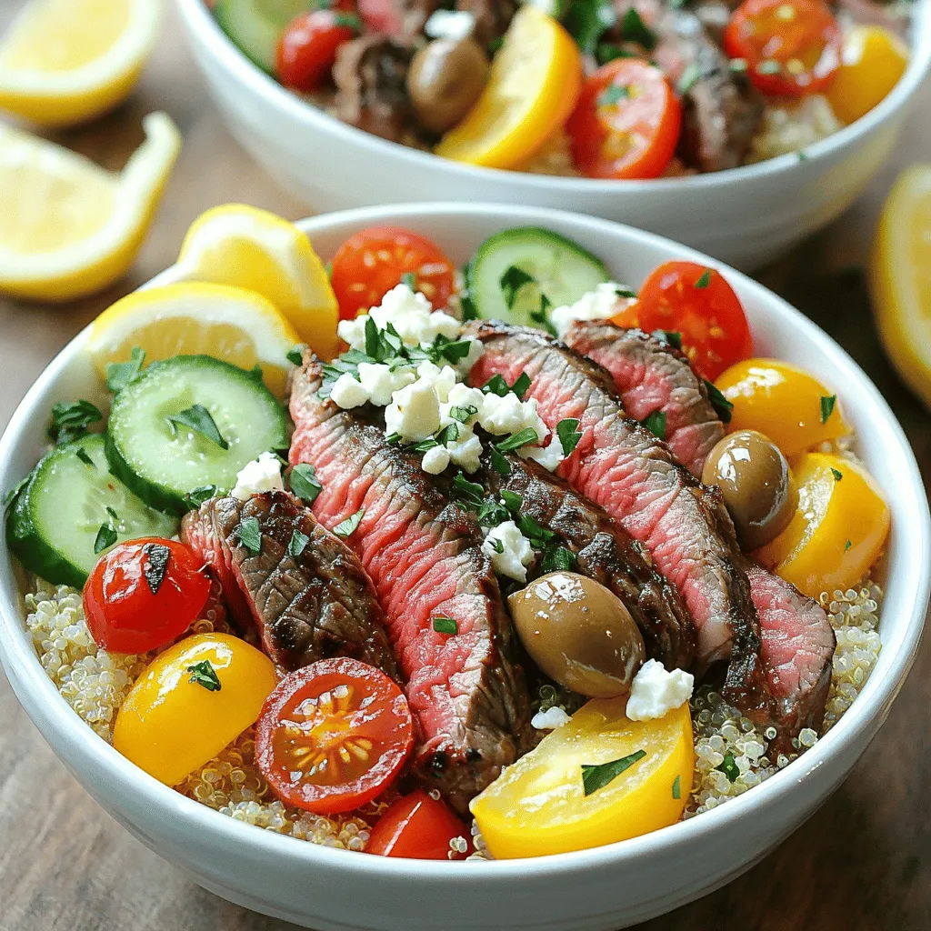 - 450 g Flanksteak oder Rinderfilet, dünn geschnitten - 2 Esslöffel Olivenöl - 1 Teelöffel Knoblauchpulver - 1 Teelöffel Paprika - Salz und Pfeffer nach Geschmack - 240 ml gekochte Quinoa oder Couscous - 150 g Kirschtomaten, halbiert - 1 Gurke, gewürfelt - 1 Tasse Paprika (rot und gelb), in Streifen geschnitten - 1/2 rote Zwiebel, dünn geschnitten - 120 g Feta-Käse, zerbröckelt - 60 g Kalamata-Oliven, entsteint und halbiert - Frische Petersilie, gehackt (zum Garnieren) - Zitronenspalten (zum Servieren) Die Hauptzutaten sind der Schlüssel zu einem guten Gericht. Das Flanksteak oder Rinderfilet gibt dem Gericht seinen tollen Geschmack. Olivenöl und Gewürze bringen das Steak zum Leben. Gemüse wie Tomaten und Gurken sorgen für frische Noten. Quinoa oder Couscous bilden die perfekte Basis für die Bowl. - Zusätzliche Gemüsesorten - Verschiedene Käsesorten - Dressings und Saucen Optionale Zutaten machen das Gericht noch spannender. Du kannst verschiedene Gemüsesorten wie Zucchini oder Auberginen hinzufügen. Auch Käse wie Mozzarella oder Parmesan schmecken gut dazu. Dressings wie Joghurt oder Balsamico verleihen der Bowl eine besondere Note. Wenn du kreativ bist, kannst du deine eigene Kombination finden. Für das gesamte Rezept sieh dir bitte die Full Recipe an. Um das Steak richtig zu marinieren, benötigst du einige Zutaten. Mische in einer Schüssel: - 2 Esslöffel Olivenöl - 1 Teelöffel Knoblauchpulver - 1 Teelöffel Paprika - Salz und Pfeffer nach Geschmack Füge das dünn geschnittene Steak hinzu. Mische alles gut, sodass das Steak gleichmäßig bedeckt ist. Lass das Steak mindestens 20 Minuten ruhen. So kann es die Aromen gut aufnehmen. Erhitze eine große Pfanne bei mittlerer bis hoher Hitze. Wenn die Pfanne heiß ist, füge die marinierten Steakstücke hinzu. Brate sie in kleinen Portionen. So bleibt die Hitze hoch. Jedes Stück braucht etwa 3-4 Minuten pro Seite. Du erkennst den Gargrad, wenn das Steak schön gebräunt ist. Nimm das Steak danach vom Herd und stelle es beiseite. Während das Steak brät, kannst du das Gemüse vorbereiten. Schnippel die folgenden Zutaten: - 150 g Kirschtomaten, halbiert - 1 Gurke, gewürfelt - 1 Tasse Paprika (rot und gelb), in Streifen geschnitten - 1/2 rote Zwiebel, dünn geschnitten Gib das geschnittene Gemüse in eine große Schüssel. Beträufle es mit etwas Olivenöl und würze es mit Salz und Pfeffer. Mische alles gut, damit das Gemüse gleichmäßig gewürzt ist. Für das Anrichten der Schüsseln brauchst du eine Basis. Verwende entweder: - 240 ml gekochte Quinoa - 240 ml Couscous Gib die gekochte Quinoa oder den Couscous in jede Servierschüssel. Lege dann die gebratenen Steakstücke darauf. Verteile die vorbereitete Gemüsemischung gleichmäßig über das Steak. Füge schließlich zerbröckelten Feta-Käse und Kalamata-Oliven hinzu. Garniere die Schüsseln mit frischer Petersilie. Serviere Zitronenspalten dazu, um frischen Zitronensaft hinzuzufügen. Das gibt den Bowls einen tollen Geschmack. Um das Steak perfekt zu braten, sollten Sie die Pfanne nicht überfüllen. Wenn Sie zu viele Stücke auf einmal hinzufügen, kühlt die Pfanne ab. Daher braten Sie das Steak in kleinen Portionen. Jedes Stück benötigt etwa 3-4 Minuten auf jeder Seite. Nutzen Sie ein Fleischthermometer für den gewünschten Gargrad. So wird Ihr Steak saftig und zart. Wählen Sie frisches Gemüse für Ihre Bowl aus. Kirschtomaten, Gurken und Paprika sind großartige Optionen. Vorbereiten können Sie die Gemüse schon am Morgen. Schneiden Sie alles klein und bewahren Sie es in einem luftdichten Behälter im Kühlschrank auf. Das spart Zeit und sorgt für knackiges Gemüse. Kombinieren Sie die Steak-Bowls mit einer leckeren Beilage. Hummus oder Tzatziki passen gut dazu. Als Getränk empfehle ich ein leichtes Weißwein oder Mineralwasser mit Zitrone. Für die Essenspräsentation können Sie die Zutaten schön schichten. Verwenden Sie bunte Schüsseln, um die Farben der Zutaten hervorzuheben. Dies macht das Essen noch appetitlicher. {{image_4}} Für die Steak-Bowls kannst du auch Hähnchen oder Lamm verwenden. Beide Optionen sind lecker und leicht zuzubereiten. Hähnchen hat einen milden Geschmack und passt gut zu den Aromen. Lamm bringt einen kräftigen, würzigen Geschmack mit. So hast du mehr Vielfalt. Wenn du vegetarisch essen möchtest, gibt es viele Alternativen. Tofu oder Tempeh sind großartige Quellen für pflanzliches Protein. Du kannst sie marinieren, um den Geschmack zu verbessern. Auch Kichererbsen sind eine tolle Wahl. Sie sind nahrhaft und geben der Bowl eine gute Textur. Die Gewürze in deinen Steak-Bowls sind sehr wichtig. Du kannst sie nach deinem Geschmack anpassen. Verwende zum Beispiel Kreuzkümmel, Oregano oder Thymian. Diese Gewürze bringen den mediterranen Flair in dein Gericht. Ein weiterer Tipp ist, regionale Zutaten einzufügen. Wenn du frische Kräuter wie Basilikum oder Minze hast, füge sie hinzu. Sie geben dem Gericht eine frische Note. Auch saisonales Gemüse macht deine Bowls bunter und gesünder. Quinoa und Couscous sind großartige Basiszutaten. Du kannst aber auch Reis oder Farro verwenden. Beide bringen einen anderen Geschmack und eine andere Konsistenz. Reis ist weich und leicht, während Farro nussig und herzhaft ist. Wenn du glutenfreie Optionen suchst, gibt es viele Möglichkeiten. Du kannst Blumenkohlreis verwenden. Er ist leicht und kalorienarm. Auch Linsen sind eine gute Basis. Sie sind proteinreich und sehr sättigend. Um die Reste Ihrer mediterranen Steak-Bowls frisch zu halten, verwenden Sie geeignete Behälter. Glasbehälter sind ideal, da sie keine Chemikalien abgeben. Achten Sie darauf, dass der Behälter luftdicht ist. So bleibt der Geschmack erhalten. Sie können auch Kunststoffbehälter nutzen, die BPA-frei sind. Kühlen Sie die Reste innerhalb von zwei Stunden nach dem Servieren. Stellen Sie die Behälter in den Kühlschrank. Sie sollten die Bowls innerhalb von drei Tagen essen. Danach könnte der Geschmack leiden. Die besten Methoden zum Aufwärmen sind die Mikrowelle oder der Herd. Wenn Sie die Mikrowelle nutzen, decken Sie die Bowl mit einem feuchten Tuch ab. So bleibt das Steak saftig. Warmen Sie die Bowl in kurzen Intervallen auf, um das Überhitzen zu vermeiden. Nutzen Sie den Herd? Erhitzen Sie die Steak-Bowls in einer Pfanne bei niedriger Hitze. Fügen Sie etwas Wasser oder Brühe hinzu, um die Konsistenz zu erhalten. Rühren Sie regelmäßig um, damit alles gleichmäßig warm wird. Vermeiden Sie ein ständiges Kochen, um das Gemüse frisch zu halten. So können Sie die leckeren Steak-Bowls wieder genießen! Die Steak-Bowls halten sich im Kühlschrank etwa drei bis vier Tage. Bewahre sie in einem luftdichten Behälter auf. So bleiben die Aromen frisch. Vor dem Essen einfach gut durchmischen. Ja, du kannst die Bowls im Voraus zubereiten. Mariniere das Steak und bereite das Gemüse vor. Lagere alles getrennt im Kühlschrank. So bleibt alles frisch und lecker. Zu den Steak-Bowls passen viele Beilagen. Hier sind einige Ideen: - Tzatziki als Dip - Frisches Brot oder Pita - Ein einfacher grüner Salat - Ein Glas Rotwein Ja, diese Rezeptur kann glutenfrei sein. Verwende Quinoa oder glutenfreies Couscous. Achte darauf, dass der Feta-Käse kein Gluten enthält. So kannst du unbesorgt genießen. Du findest die vollständige Rezeptur für die mediterranen Steak-Bowls [hier](#). Zusammenfassend haben wir die besten Zutaten für Steak-Bowls betrachtet. Sie fanden Haupt- und optionale Zutaten, die die Gerichte lecker machen. Die Schritt-für-Schritt-Anleitung hilft Ihnen, das Steak perfekt zu marinieren und zu braten. Außerdem gibt es viele Tipps, um Gemüse frisch zu halten und das Essen ansprechend zu servieren. Denken Sie an Variationen und Lagerung, um Reste optimal zu nutzen. Steak-Bowls sind vielseitig und kreativ. Sie bieten viele Möglichkeiten für jeden Geschmack. Viel Spaß beim Zubereiten und Genießen!