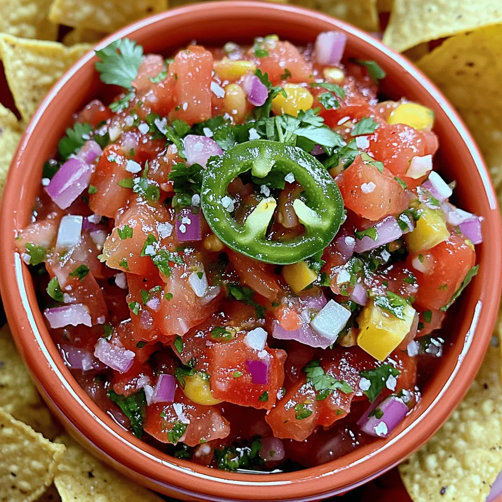 Hier sind die Zutaten für deine frische Garten-Salsa. Jedes Element bringt Geschmack und Farbe. - 4 reife Tomaten, gewürfelt - 1 mittelgroße rote Zwiebel, fein gehackt - 1 Jalapeño-Pfeffer, entkernt und fein gehackt - 1 kleines Bund frischer Koriander, gehackt - 2 Knoblauchzehen, fein gehackt - Saft von 2 Limetten - Salz und Pfeffer nach Geschmack - 1 Teelöffel Honig (optional) - 1/2 Teelöffel gemahlener Kreuzkümmel Diese Zutaten sind einfach zu finden. Frische Tomaten sind der Schlüssel. Sie geben der Salsa ihren tollen Geschmack. Die Zwiebel fügt eine süße Note hinzu. Jalapeño bringt Schärfe, die du nach Wunsch anpassen kannst. Frischer Koriander bringt ein tolles Aroma. Knoblauch sorgt für einen herzhaften Geschmack. Der Limettensaft fügt Frische hinzu und macht alles lebendig. Das Salz und der Pfeffer sorgen für die nötige Würze. Wenn du eine süße Note magst, probiere den Honig. Kreuzkümmel gibt der Salsa einen rauchigen Touch. Du kannst die Salsa nach deinem Geschmack anpassen. Dies macht sie einzigartig und besonders. Wenn du mehr Details brauchst, schau dir das Full Recipe an. Um deine frische Garten-Salsa zuzubereiten, folge diesen einfachen Schritten: - Nimm eine große Rührschüssel und vermenge die gewürfelten Tomaten, die rote Zwiebel und den fein gehackten Jalapeño-Pfeffer. Dies ist die Basis deiner Salsa. Die Farben und Aromen vermischen sich hier schon toll. - Füge nun den gehackten Koriander und den feingehackten Knoblauch hinzu. Diese Zutaten geben der Salsa viel Frische und Geschmack. Rühre alles gut durch. - Presse den Saft von zwei Limetten über die Mischung. Der Limettensaft bringt eine schöne Säure, die die Aromen hebt. Danach würze die Salsa mit Salz und Pfeffer nach deinem Geschmack. - Wenn du eine süße Note magst, füge einen Teelöffel Honig hinzu. Dies ist optional, aber es macht die Salsa besonders lecker. - Streue einen halben Teelöffel gemahlenen Kreuzkümmel darüber. Dieser gibt der Salsa einen rauchigen Touch, der gut harmoniert. - Rühre alles gründlich um, bis die Zutaten gut vermischt sind. Es ist wichtig, dass jede Zutat gleichmäßig verteilt ist. - Lass die Salsa mindestens 30 Minuten bei Raumtemperatur oder im Kühlschrank stehen. Dies hilft den Aromen, sich zu entfalten. Serviere die Salsa dann zu deinen Lieblingsgerichten. Dieses einfache Rezept für frische Garten-Salsa ist schnell gemacht und voller Geschmack. Es passt perfekt zu Tortilla-Chips oder als Topping für Tacos. Um die Aromen in Ihrer frischen Garten-Salsa zu maximieren, gibt es einige einfache Tipps. - Einlegen der Salsa vor dem Servieren: Lassen Sie die Salsa mindestens 30 Minuten stehen. Dadurch verbinden sich die Aromen gut. Sie können sie auch über Nacht im Kühlschrank lagern. - Verwendung von frischen, saisonalen Zutaten: Frische Zutaten machen einen großen Unterschied. Suchen Sie nach reifen Tomaten und knackigem Koriander. Saisonale Produkte haben oft mehr Geschmack. - Anpassung der Schärfegrad mit Jalapeño: Jalapeños können die Salsa schärfer machen. Entfernen Sie die Kerne für weniger Schärfe. Fügen Sie mehr hinzu, wenn Sie es schärfer mögen. - Honig als Option für einen süßeren Geschmack: Wenn Sie eine süßere Note möchten, geben Sie einen Teelöffel Honig hinzu. Es balanciert die Säure der Limetten aus und macht die Salsa köstlicher. Folgen Sie diesen Tipps, und Ihre Salsa wird ein Hit auf jedem Tisch! {{image_4}} Frische Garten-Salsa ist sehr vielseitig. Du kannst die Zutaten leicht anpassen. Hier sind einige Ideen für Variationen: - Zugabe von anderem Gemüse: Du kannst Paprika oder Avocado hinzufügen. Das gibt der Salsa mehr Textur und Geschmack. Paprika bringt Süße, während Avocado eine cremige Note hinzufügt. - Experimentieren mit Gewürzen und Kräutern: Probiere verschiedene Kräuter wie Basilikum oder Petersilie. Diese geben der Salsa eine neue Tiefe. Ein Hauch von Kreuzkümmel kann auch einen interessanten Geschmack bringen. - Variante mit Ananas oder Mango: Für eine fruchtige Note kannst du Ananas oder Mango hinzufügen. Diese Früchte geben einen süßen, tropischen Geschmack. Sie passen gut zu scharfen Zutaten und machen die Salsa erfrischend. Nutze diese Alternativen, um deine Salsa einzigartig zu machen. Experimentiere mit verschiedenen Kombinationen, um deinen eigenen Geschmack zu finden. Um die Frische deiner Garten-Salsa zu bewahren, lege sie in einen luftdichten Behälter. So bleibt der Geschmack lange erhalten. Der beste Platz ist im Kühlschrank. Stelle sicher, dass der Behälter gut verschlossen ist. Die Haltbarkeit der frischen Salsa beträgt etwa 3 bis 5 Tage. Nach dieser Zeit kann der Geschmack nachlassen. Es ist wichtig, die Salsa vor dem Verzehr zu riechen und zu schmecken. Wenn sie komisch riecht oder anders aussieht, wirf sie lieber weg. Wenn du die Salsa länger aufbewahren willst, gibt es ein paar Tipps zur Konservierung. Du kannst die Salsa in kleinen Portionen einfrieren. Verwende dafür einen gefrierfesten Behälter oder einen Gefrierbeutel. Achte darauf, die Luft herauszudrücken, bevor du sie verschließt. So bleibt die Salsa frisch. Eine andere Möglichkeit ist, die Salsa in Gläser zu füllen und heiß zu verschließen. Dies verlängert die Haltbarkeit erheblich. So kannst du die Aromen des Gartens auch im Winter genießen. Für das beste Ergebnis, verwende die frische Salsa schnell. So hast du den besten Geschmack und die besten Nährstoffe. Probiere es aus und genieße die Frische! Frische Garten-Salsa hält sich gut im Kühlschrank. Sie bleibt frisch für etwa 3 bis 5 Tage. Lagern Sie die Salsa in einem luftdichten Behälter. Dies hilft, die Aromen zu bewahren und die Frische zu halten. Wenn Sie die Salsa länger aufbewahren möchten, können Sie sie auch einfrieren. So bleibt die Salsa bis zu 2 Monate genießbar. Ja, Sie können die Salsa schärfer machen! Fügen Sie einfach mehr Jalapeño-Pfeffer hinzu. Wenn Sie es wirklich scharf mögen, verwenden Sie auch die Kerne. Eine andere Option ist, einen Habanero-Pfeffer zu verwenden. Er ist viel schärfer als der Jalapeño. Beginnen Sie langsam, um die Schärfe zu testen. Sie können immer mehr hinzufügen, aber das Entfernen ist schwieriger. Die frische Garten-Salsa passt zu vielen Gerichten. Sie ist perfekt für Tortilla-Chips oder als Dip. Auch grilliertes Fleisch oder Fisch schmecken damit großartig. Servieren Sie die Salsa auf Tacos oder in Burritos. Sie bringt Farbe und Geschmack in jedes Gericht. Viele Menschen verwenden sie auch als Salatdressing oder auf Sandwiches. Ja, Sie können die Salsa ohne Zwiebeln oder Knoblauch zubereiten. Lassen Sie sie einfach weg und verwenden Sie mehr Tomaten oder Koriander. Dies gibt Ihnen immer noch einen frischen Geschmack. Sie können auch andere Gewürze hinzufügen, um den Geschmack zu verbessern. Probieren Sie etwas Limettensaft oder zusätzliches Gemüse wie Paprika. Diese Anleitung zeigt, wie man köstliche Salsa macht. Wir haben frische Zutaten verwendet und Schritte zum Zubereiten geklärt. Auch Tipps zur Geschmacksverbesserung und Lagerung fanden Platz. Denke daran, kreativ zu sein und verschiedene Variationen auszuprobieren. Frische Salsa bringt jedem Gericht Leben. Mach die Salsa zu deinem nächsten Hit.