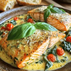 Für cremigen toskanischen Lachs benötigen Sie folgende Hauptzutaten: - 4 Lachsfilets (jeweils etwa 170 Gramm) - 2 Esslöffel Olivenöl - 3 Knoblauchzehen, fein gehackt - 1 Tasse Kirschtomaten, halbiert - 1 Tasse frischer Spinat - 1 Tasse Schlagsahne - 1/2 Tasse geriebener Parmesan Diese Zutaten bringen den Geschmack der Toskana direkt in Ihre Küche. Der Lachs bleibt saftig und zart, während die Sauce cremig und reichhaltig wird. Die Gewürze und Aromen machen dieses Gericht besonders: - Salz und Pfeffer nach Geschmack - 1 Teelöffel italienische Gewürzmischung - Frisches Basilikum zur Garnitur Mit Salz und Pfeffer betonen Sie den natürlichen Geschmack des Lachses. Die italienische Gewürzmischung fügt Tiefe hinzu. Basilikum gibt einen frischen, aromatischen Touch am Ende. Die Zutaten liefern viele wichtige Nährstoffe: - Lachs ist eine hervorragende Quelle für Omega-3-Fettsäuren, die gut für das Herz sind. - Spinat enthält viele Vitamine, wie Vitamin A und C, und Mineralstoffe wie Eisen. - Parmesan bringt Protein und Kalzium, das für starke Knochen wichtig ist. - Schlagsahne fügt gesunde Fette hinzu, die für Energie sorgen. Insgesamt ist dieses Gericht nicht nur lecker, sondern auch nahrhaft. Genießen Sie den cremigen toskanischen Lachs mit gutem Gewissen. Um das vollständige Rezept zu sehen, besuchen Sie den [Full Recipe]. Zuerst würze die Lachsfilets mit Salz und Pfeffer. Nimm vier Filets, etwa 170 Gramm jedes Stück. Das macht deinen Lachs lecker und würzig. Erhitze dann zwei Esslöffel Olivenöl in einer großen Pfanne. Achte darauf, dass das Öl gut heiß ist. Lege die Lachsfilets mit der Hautseite nach unten in die Pfanne. Brate sie für etwa vier Minuten, bis sie goldbraun sind. Wende den Lachs und brate ihn weitere drei bis vier Minuten. Nimm die Filets dann aus der Pfanne und lege sie beiseite. In derselben Pfanne reduziere die Hitze auf mittel. Füge drei fein gehackte Knoblauchzehen hinzu. Brate den Knoblauch für etwa eine Minute an, bis er duftet. Sei vorsichtig, dass er nicht verbrennt. Gib nun eine Tasse halbierte Kirschtomaten in die Pfanne. Koche sie für zwei bis drei Minuten, bis sie weich werden. Jetzt kommt eine Tasse frischer Spinat dazu. Brate alles, bis der Spinat zusammengefallen ist. Gieße dann eine Tasse Schlagsahne in die Pfanne. Füge auch eine halbe Tasse geriebenen Parmesan und einen Teelöffel italienische Gewürzmischung hinzu. Rühre alles gut um. Lasse die Soße zwei bis drei Minuten köcheln, bis sie leicht eindickt. Lege die Lachsfilets zurück in die Pfanne. Löffle die cremige Soße über die Filets. Lasse das Gericht für zwei bis drei Minuten köcheln, damit alles gut warm wird. Nimm die Pfanne dann vom Herd. Garniere den Lachs vor dem Servieren mit frischem Basilikum. So wird dein Gericht noch schöner. Für ein vollständiges Essen serviere es mit Knoblauchbrot oder einem frischen Salat. Die Garzeit für Lachs ist wichtig. Du willst, dass er zart bleibt. Brate die Lachsfilets auf der Hautseite für etwa 4 Minuten. Danach wende sie und brate sie für weitere 3 bis 4 Minuten. Der Lachs sollte innen leicht rosa sein. So bleibt er saftig und lecker. Um die Sauce noch cremiger zu machen, füge mehr Schlagsahne hinzu. Eine zusätzliche halbe Tasse macht den Unterschied. Du kannst auch Frischkäse verwenden. Dies verleiht der Sauce einen reichen Geschmack. Rühre alles gut um, damit es gleichmäßig ist. Für die Präsentation ist Farbe wichtig. Lege die Lachsfilets auf einen schönen Teller. Löffele die cremige Sauce großzügig darüber. Streue dann extra Parmesan darüber. Ein Zweig frisches Basilikum sorgt für einen frischen Akzent. Serviere das Gericht mit Knoblauchbrot oder einem grünen Salat für ein tolles Essen. {{image_4}} Wenn Sie eine vegetarische Option möchten, probieren Sie Zucchini oder Auberginen. Schneiden Sie sie in Scheiben und braten Sie sie in Olivenöl. Fügen Sie dann die gleichen Gewürze und die cremige Soße hinzu. Sie erhalten ein ähnliches Aroma ohne Fisch. Eine andere Wahl ist Tofu. Würzen Sie ihn gut und braten Sie ihn bis er goldbraun ist. Tofu nimmt die Aromen der Soße gut auf. Sie können die Aromen leicht anpassen. Fügen Sie zum Beispiel Zitronensaft hinzu. Dieser gibt einen frischen Geschmack. Wenn Sie es schärfer mögen, nehmen Sie rote Paprika oder Cayennepfeffer. Das gibt der Soße einen Kick. Frische Kräuter wie Petersilie oder Schnittlauch können auch den Geschmack verbessern. Probieren Sie verschiedene Kombinationen aus, um Ihre perfekte Mischung zu finden. Für Beilagen empfehle ich Knoblauchbrot oder einen frischen Salat. Beides passt gut zum Lachs und der Soße. Wenn Sie etwas Herzhaftes möchten, servieren Sie Reis oder Pasta. Diese nehmen die Soße gut auf. Denken Sie daran, das Gericht schön zu präsentieren. Ein Zweig frisches Basilikum oder ein Spritzer Parmesan machen viel aus. Werfen Sie einen Blick auf die [Full Recipe], um mehr Ideen zu erhalten. Nach dem Kochen bewahren Sie den cremigen toskanischen Lachs in einem luftdichten Behälter auf. Lassen Sie das Gericht zuerst auf Raumtemperatur abkühlen. Stellen Sie sicher, dass der Behälter gut verschlossen ist, um Gerüche im Kühlschrank zu vermeiden. So bleibt der Lachs frisch und lecker. Wenn Sie den Lachs für später aufbewahren möchten, können Sie ihn einfrieren. Teilen Sie ihn in Portionen auf und legen Sie ihn in gefriergeeignete Behälter oder Beutel. Achten Sie darauf, die Luft so gut wie möglich herauszudrücken. Zum Auftauen legen Sie den Lachs einfach über Nacht in den Kühlschrank. So bleibt die Textur erhalten. Im Kühlschrank hält sich der cremige toskanische Lachs etwa 3 bis 4 Tage. Wenn Sie ihn einfrieren, können Sie ihn bis zu 2 Monate aufbewahren. Achten Sie darauf, das Gericht gut zu verpacken, um Gefrierbrand zu vermeiden. Genießen Sie den Lachs warm oder kalt, und er bleibt ein Genuss! Um Lachs richtig zu würzen, beginne mit Salz und Pfeffer. Diese beiden Gewürze geben dem Fisch Geschmack. Du kannst auch Zitronensaft hinzufügen. Ein Spritzer Zitrone bringt Frische. Verwende italienische Gewürzmischungen für eine tolle Note. Kräuter wie Dill oder Petersilie passen ebenfalls gut. Denke daran, die Gewürze gleichmäßig auf beide Seiten des Lachses zu verteilen. Das hebt den Geschmack und macht ihn köstlich. Ja, du kannst gefrorenen Spinat verwenden. Achte darauf, ihn vorher gut abzutropfen. Gefrorener Spinat hat oft mehr Wasser. Wenn du ihn nicht abtropfst, wird die Sauce wässrig. Frischer Spinat ist zarter und hat mehr Geschmack. Beide Optionen sind gesund. Wähle die, die dir besser gefällt oder die du gerade da hast. Für cremigen toskanischen Lachs passen viele Beilagen. Hier sind einige meiner Favoriten: - Knoblauchbrot: Es ergänzt die Sauce perfekt. - Grüner Salat: Er bringt Frische und einen knackigen Kontrast. - Reis oder Quinoa: Diese Beilagen nehmen die Sauce gut auf. - Geröstetes Gemüse: Zucchini oder Paprika passen auch toll. Du kannst kreativ sein und deine Lieblingsbeilagen wählen. Diese Kombinationen machen die Mahlzeit rundum lecker. Cremiger toskanischer Lachs ist einfach zuzubereiten und voller Geschmack. Wir haben die wichtigsten Zutaten und deren Nährwerte besprochen. Ich habe auch jeden Schritt für die Zubereitung klar erklärt. Tipps zur perfekten Garzeit und Präsentation helfen Ihnen, das Gericht zu verbessern. Denken Sie daran, dass Anpassungen der Aromen und Beilagen das Gericht noch interessanter machen können. Lagern Sie es richtig, um die Frische zu bewahren. Kochen Sie ihn regelmäßig, um Ihre Familie zu beeindrucken. Viel Spaß beim Ausprobieren!