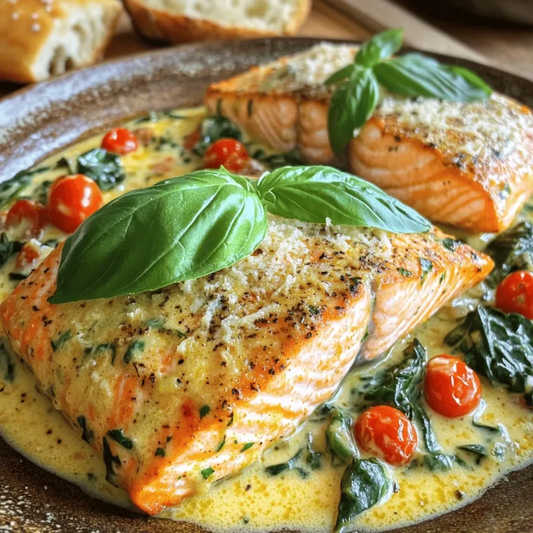 Für cremigen toskanischen Lachs benötigen Sie folgende Hauptzutaten: - 4 Lachsfilets (jeweils etwa 170 Gramm) - 2 Esslöffel Olivenöl - 3 Knoblauchzehen, fein gehackt - 1 Tasse Kirschtomaten, halbiert - 1 Tasse frischer Spinat - 1 Tasse Schlagsahne - 1/2 Tasse geriebener Parmesan Diese Zutaten bringen den Geschmack der Toskana direkt in Ihre Küche. Der Lachs bleibt saftig und zart, während die Sauce cremig und reichhaltig wird. Die Gewürze und Aromen machen dieses Gericht besonders: - Salz und Pfeffer nach Geschmack - 1 Teelöffel italienische Gewürzmischung - Frisches Basilikum zur Garnitur Mit Salz und Pfeffer betonen Sie den natürlichen Geschmack des Lachses. Die italienische Gewürzmischung fügt Tiefe hinzu. Basilikum gibt einen frischen, aromatischen Touch am Ende. Die Zutaten liefern viele wichtige Nährstoffe: - Lachs ist eine hervorragende Quelle für Omega-3-Fettsäuren, die gut für das Herz sind. - Spinat enthält viele Vitamine, wie Vitamin A und C, und Mineralstoffe wie Eisen. - Parmesan bringt Protein und Kalzium, das für starke Knochen wichtig ist. - Schlagsahne fügt gesunde Fette hinzu, die für Energie sorgen. Insgesamt ist dieses Gericht nicht nur lecker, sondern auch nahrhaft. Genießen Sie den cremigen toskanischen Lachs mit gutem Gewissen. Um das vollständige Rezept zu sehen, besuchen Sie den [Full Recipe]. Zuerst würze die Lachsfilets mit Salz und Pfeffer. Nimm vier Filets, etwa 170 Gramm jedes Stück. Das macht deinen Lachs lecker und würzig. Erhitze dann zwei Esslöffel Olivenöl in einer großen Pfanne. Achte darauf, dass das Öl gut heiß ist. Lege die Lachsfilets mit der Hautseite nach unten in die Pfanne. Brate sie für etwa vier Minuten, bis sie goldbraun sind. Wende den Lachs und brate ihn weitere drei bis vier Minuten. Nimm die Filets dann aus der Pfanne und lege sie beiseite. In derselben Pfanne reduziere die Hitze auf mittel. Füge drei fein gehackte Knoblauchzehen hinzu. Brate den Knoblauch für etwa eine Minute an, bis er duftet. Sei vorsichtig, dass er nicht verbrennt. Gib nun eine Tasse halbierte Kirschtomaten in die Pfanne. Koche sie für zwei bis drei Minuten, bis sie weich werden. Jetzt kommt eine Tasse frischer Spinat dazu. Brate alles, bis der Spinat zusammengefallen ist. Gieße dann eine Tasse Schlagsahne in die Pfanne. Füge auch eine halbe Tasse geriebenen Parmesan und einen Teelöffel italienische Gewürzmischung hinzu. Rühre alles gut um. Lasse die Soße zwei bis drei Minuten köcheln, bis sie leicht eindickt. Lege die Lachsfilets zurück in die Pfanne. Löffle die cremige Soße über die Filets. Lasse das Gericht für zwei bis drei Minuten köcheln, damit alles gut warm wird. Nimm die Pfanne dann vom Herd. Garniere den Lachs vor dem Servieren mit frischem Basilikum. So wird dein Gericht noch schöner. Für ein vollständiges Essen serviere es mit Knoblauchbrot oder einem frischen Salat. Die Garzeit für Lachs ist wichtig. Du willst, dass er zart bleibt. Brate die Lachsfilets auf der Hautseite für etwa 4 Minuten. Danach wende sie und brate sie für weitere 3 bis 4 Minuten. Der Lachs sollte innen leicht rosa sein. So bleibt er saftig und lecker. Um die Sauce noch cremiger zu machen, füge mehr Schlagsahne hinzu. Eine zusätzliche halbe Tasse macht den Unterschied. Du kannst auch Frischkäse verwenden. Dies verleiht der Sauce einen reichen Geschmack. Rühre alles gut um, damit es gleichmäßig ist. Für die Präsentation ist Farbe wichtig. Lege die Lachsfilets auf einen schönen Teller. Löffele die cremige Sauce großzügig darüber. Streue dann extra Parmesan darüber. Ein Zweig frisches Basilikum sorgt für einen frischen Akzent. Serviere das Gericht mit Knoblauchbrot oder einem grünen Salat für ein tolles Essen. {{image_4}} Wenn Sie eine vegetarische Option möchten, probieren Sie Zucchini oder Auberginen. Schneiden Sie sie in Scheiben und braten Sie sie in Olivenöl. Fügen Sie dann die gleichen Gewürze und die cremige Soße hinzu. Sie erhalten ein ähnliches Aroma ohne Fisch. Eine andere Wahl ist Tofu. Würzen Sie ihn gut und braten Sie ihn bis er goldbraun ist. Tofu nimmt die Aromen der Soße gut auf. Sie können die Aromen leicht anpassen. Fügen Sie zum Beispiel Zitronensaft hinzu. Dieser gibt einen frischen Geschmack. Wenn Sie es schärfer mögen, nehmen Sie rote Paprika oder Cayennepfeffer. Das gibt der Soße einen Kick. Frische Kräuter wie Petersilie oder Schnittlauch können auch den Geschmack verbessern. Probieren Sie verschiedene Kombinationen aus, um Ihre perfekte Mischung zu finden. Für Beilagen empfehle ich Knoblauchbrot oder einen frischen Salat. Beides passt gut zum Lachs und der Soße. Wenn Sie etwas Herzhaftes möchten, servieren Sie Reis oder Pasta. Diese nehmen die Soße gut auf. Denken Sie daran, das Gericht schön zu präsentieren. Ein Zweig frisches Basilikum oder ein Spritzer Parmesan machen viel aus. Werfen Sie einen Blick auf die [Full Recipe], um mehr Ideen zu erhalten. Nach dem Kochen bewahren Sie den cremigen toskanischen Lachs in einem luftdichten Behälter auf. Lassen Sie das Gericht zuerst auf Raumtemperatur abkühlen. Stellen Sie sicher, dass der Behälter gut verschlossen ist, um Gerüche im Kühlschrank zu vermeiden. So bleibt der Lachs frisch und lecker. Wenn Sie den Lachs für später aufbewahren möchten, können Sie ihn einfrieren. Teilen Sie ihn in Portionen auf und legen Sie ihn in gefriergeeignete Behälter oder Beutel. Achten Sie darauf, die Luft so gut wie möglich herauszudrücken. Zum Auftauen legen Sie den Lachs einfach über Nacht in den Kühlschrank. So bleibt die Textur erhalten. Im Kühlschrank hält sich der cremige toskanische Lachs etwa 3 bis 4 Tage. Wenn Sie ihn einfrieren, können Sie ihn bis zu 2 Monate aufbewahren. Achten Sie darauf, das Gericht gut zu verpacken, um Gefrierbrand zu vermeiden. Genießen Sie den Lachs warm oder kalt, und er bleibt ein Genuss! Um Lachs richtig zu würzen, beginne mit Salz und Pfeffer. Diese beiden Gewürze geben dem Fisch Geschmack. Du kannst auch Zitronensaft hinzufügen. Ein Spritzer Zitrone bringt Frische. Verwende italienische Gewürzmischungen für eine tolle Note. Kräuter wie Dill oder Petersilie passen ebenfalls gut. Denke daran, die Gewürze gleichmäßig auf beide Seiten des Lachses zu verteilen. Das hebt den Geschmack und macht ihn köstlich. Ja, du kannst gefrorenen Spinat verwenden. Achte darauf, ihn vorher gut abzutropfen. Gefrorener Spinat hat oft mehr Wasser. Wenn du ihn nicht abtropfst, wird die Sauce wässrig. Frischer Spinat ist zarter und hat mehr Geschmack. Beide Optionen sind gesund. Wähle die, die dir besser gefällt oder die du gerade da hast. Für cremigen toskanischen Lachs passen viele Beilagen. Hier sind einige meiner Favoriten: - Knoblauchbrot: Es ergänzt die Sauce perfekt. - Grüner Salat: Er bringt Frische und einen knackigen Kontrast. - Reis oder Quinoa: Diese Beilagen nehmen die Sauce gut auf. - Geröstetes Gemüse: Zucchini oder Paprika passen auch toll. Du kannst kreativ sein und deine Lieblingsbeilagen wählen. Diese Kombinationen machen die Mahlzeit rundum lecker. Cremiger toskanischer Lachs ist einfach zuzubereiten und voller Geschmack. Wir haben die wichtigsten Zutaten und deren Nährwerte besprochen. Ich habe auch jeden Schritt für die Zubereitung klar erklärt. Tipps zur perfekten Garzeit und Präsentation helfen Ihnen, das Gericht zu verbessern. Denken Sie daran, dass Anpassungen der Aromen und Beilagen das Gericht noch interessanter machen können. Lagern Sie es richtig, um die Frische zu bewahren. Kochen Sie ihn regelmäßig, um Ihre Familie zu beeindrucken. Viel Spaß beim Ausprobieren!
