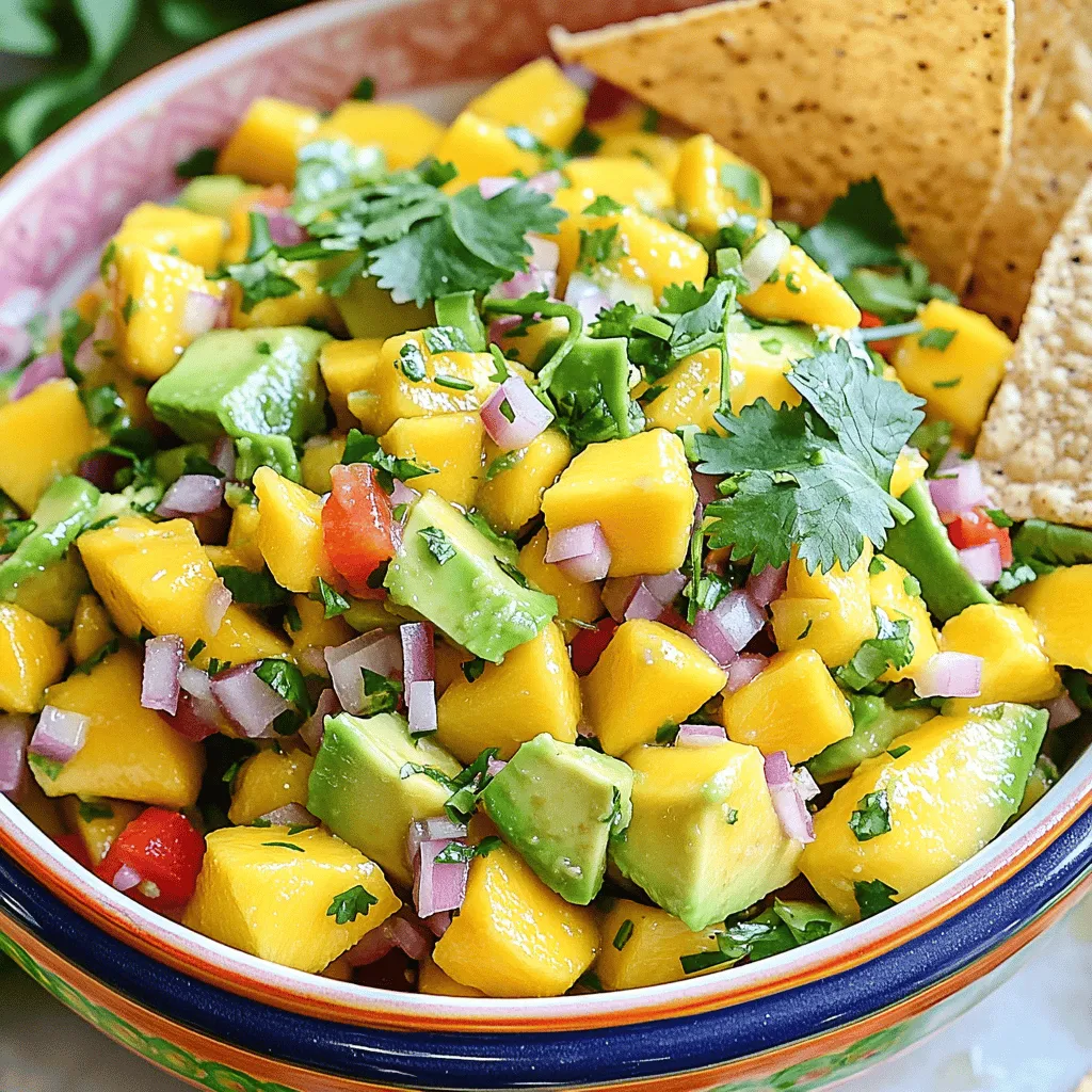 - 1 reife Mango, fein gewürfelt - 2 Avocados, gewürfelt - 1 kleine rote Zwiebel, fein gehackt - 1 rote Paprika, fein gehackt - 1 Jalapeño, entkernt und klein gehackt (nach Geschmack anpassen) - 1/4 Tasse frischer Koriander, gehackt - Saft von 2 Limetten - 1 Esslöffel Olivenöl - Salz und Pfeffer nach Geschmack Die Auswahl der richtigen Zutaten ist wichtig. Beginne mit einer reifen Mango. Sie sollte weich sein, aber nicht matschig. Die Farbe sollte leuchtend und gleichmäßig sein. Avocados sind ähnlich. Drücke leicht darauf. Sie sollten leicht nachgeben. Diese beiden Früchte bringen die Süße und Cremigkeit in die Salsa. Die rote Zwiebel fügt einen tollen Crunch und Geschmack hinzu. Wähle eine frische Zwiebel ohne braune Stellen. Die rote Paprika sorgt für knusprige Textur und Farbe. Ein bisschen Jalapeño gibt der Mischung einen Kick. Wenn du es mild magst, entferne die Samen. Frischer Koriander bringt frische Aromen. Achte darauf, dass die Blätter grün und nicht welk sind. Limettensaft bietet die nötige Säure. Das Olivenöl rundet alles ab. Verwende hochwertiges Öl für den besten Geschmack. Salz und Pfeffer sind die letzten Schliffe. Wähle die reifen Mango und Avocados sorgfältig aus. Diese Zutaten sind der Schlüssel zu einer großartigen Salsa. Du kannst auch andere frische Kräuter wie Minze oder Petersilie probieren. Sie bieten eine andere Note, die ebenfalls köstlich ist. Setze auf frische Zutaten, um das beste Ergebnis zu erzielen. Frische Kräuter machen den Unterschied. Wenn du mehr über die Zubereitung erfahren möchtest, schau dir das Full Recipe an. Zuerst bereite ich die Zutaten vor. Ich schäle und würfele die Mango sorgfältig. Dann mache ich das Gleiche mit den Avocados. Es ist wichtig, dass die Früchte reif sind. Anschließend hacke ich die rote Zwiebel, die Paprika und die Jalapeño in feine Stücke. Jetzt ist es Zeit, die Hauptzutaten zu kombinieren. In einer großen Schüssel gebe ich die gewürfelte Mango und Avocados. Ich füge die gehackte Zwiebel, Paprika und Jalapeño hinzu. Es sieht schon lecker aus! Für das Dressing nehme ich eine kleine Schüssel. Hier mische ich frischen Limettensaft, Olivenöl, Salz und Pfeffer. Ich rühre alles gut um, bis es eine glatte Mischung ergibt. Der Limettensaft bringt Frische in die Salsa. Ich gieße das Dressing über die Salsa. Jetzt kommt der spannende Teil: Ich hebe alles vorsichtig unter. Dabei achte ich darauf, dass alle Zutaten gleichmäßig bedeckt sind. Um den Geschmack zu verbessern, probiere ich die Salsa und passe die Würze an. Jetzt decke ich die Schüssel ab. Ich stelle die Salsa mindestens 30 Minuten in den Kühlschrank. So können sich die Aromen gut verbinden. Das Warten lohnt sich! Für das vollständige Rezept schaue dir die [Full Recipe] an. - Anpassung der Schärfe mit Jalapeño Mögen Sie es scharf? Fügen Sie mehr Jalapeño hinzu! Für weniger Schärfe, nehmen Sie einfach die Samen heraus. Wenn Sie es ganz mild wollen, lassen Sie die Jalapeño weg. - Verfeinerung durch zusätzliche Gewürze Experimentieren Sie mit Gewürzen. Eine Prise Kreuzkümmel kann den Geschmack vertiefen. Ein Hauch von Paprika bringt eine süße Note. Seien Sie kreativ und finden Sie Ihre perfekte Mischung! - Tipps zur ansprechenden Servierweise Servieren Sie die Salsa in einer bunten Schüssel. Fügen Sie frische Korianderblätter obendrauf hinzu. Das sieht nicht nur gut aus, es duftet auch köstlich! Ein Spritzer Limettensaft vor dem Servieren gibt einen tollen Glanz. - Verwendung von ansprechendem Geschirr Wählen Sie Geschirr, das die Farben der Salsa ergänzt. Ein helles Geschirr lässt die Farben strahlen. Verwenden Sie Tortilla-Chips in einer schönen Schale. So wird jede Mahlzeit zu einem Fest! {{image_4}} Eine Mango Avocado Salsa kann viele Variationen haben. Du kannst Tomaten oder Gurken hinzufügen. Diese Zutaten bringen frische und knackige Texturen. Tomaten geben eine süße Note, während Gurken einen leichten Crunch bieten. Du kannst auch verschiedene Kräuter verwenden. Basilikum oder Minze sind tolle Optionen. Diese Kräuter fügen einen interessanten Geschmack hinzu und machen die Salsa noch frischer. Wenn du nach vegetarischen oder veganen Optionen suchst, ist diese Salsa perfekt. Alle Zutaten sind pflanzlich und enthalten kein Fleisch. Du kannst die Salsa auch glutenfrei genießen. Alle Inhaltsstoffe sind von Natur aus glutenfrei. So kann jeder diese leckere Salsa genießen. Sie passt gut zu vielen Gerichten oder einfach mit Tortilla-Chips. Entdecke die Vielfalt und genieße die frischen Aromen! Um die Mango Avocado Salsa frisch zu halten, lagern Sie sie im Kühlschrank. In einem luftdichten Behälter bleibt die Salsa bis zu drei Tage frisch. So bleibt der Geschmack lebendig. Achten Sie darauf, die Salsa gut abzudecken. So schützen Sie sie vor Luft und Feuchtigkeit. Um Braunfärbung zu vermeiden, fügen Sie etwas Limettensaft hinzu. Der Saft hilft, die Avocados frisch zu halten. Rühren Sie die Salsa gut um, bevor Sie sie lagern. Das hilft, die Zutaten gleichmäßig zu verteilen. Wenn Sie Reste haben, gibt es viele Ideen zur Verwendung. Sie können die Salsa als Topping für Tacos verwenden. Auch auf gegrilltem Hähnchen schmeckt sie großartig. Mischen Sie sie in Salate für mehr Geschmack. Eine andere tolle Idee ist, die Salsa in Sandwiches zu verwenden. Sie bringt frische Aromen und macht jedes Gericht lebendiger. Experimentieren Sie und finden Sie Ihre Lieblingskombinationen! Die Mango Avocado Salsa hält sich gut im Kühlschrank. Sie bleibt frisch für 2 bis 3 Tage. Nach dieser Zeit kann die Avocado braun werden. Das liegt an der Oxidation. Um die Frische zu verlängern, decken Sie die Salsa gut ab. Verwenden Sie eine luftdichte Schüssel. Ja, Sie können die Salsa im Voraus zubereiten. Machen Sie die Salsa bis zu einem Tag vorher. Lagern Sie sie im Kühlschrank. Achten Sie darauf, die Salsa nicht zu lange zu lagern. So bleibt der Geschmack frisch und lecker. Wenn Sie die Salsa zubereiten, fügen Sie den Limettensaft kurz vor dem Servieren hinzu. Das verhindert, dass die Avocados braun werden. Mango Avocado Salsa passt gut zu vielen Gerichten. Hier sind einige Ideen: - Servieren Sie sie mit Tortilla-Chips. - Verwenden Sie sie als Topping für Tacos oder Burritos. - Genießen Sie sie zu gegrilltem Hähnchen oder Fisch. - Mischen Sie sie in einen Salat für zusätzlichen Geschmack. Egal, wie Sie es servieren, die Salsa bringt frische Aromen in jedes Gericht! Mango Avocado Salsa bietet frische Aromen und einfache Zubereitung. Sie benötigt wenige Zutaten und soll gut halten. Die perfekte Balance von Schärfe und Süße macht sie vielseitig. Denke an kreative Variationen und Anrichtung, um sie noch attraktiver zu machen. Reste lassen sich leicht verwerten, sodass keine Lebensmittel verloren gehen. Dieser Genuss ist ideal für Partys und als Begleiter zu vielen Gerichten. Probiere es aus und bringe Farbe auf deinen Tisch!