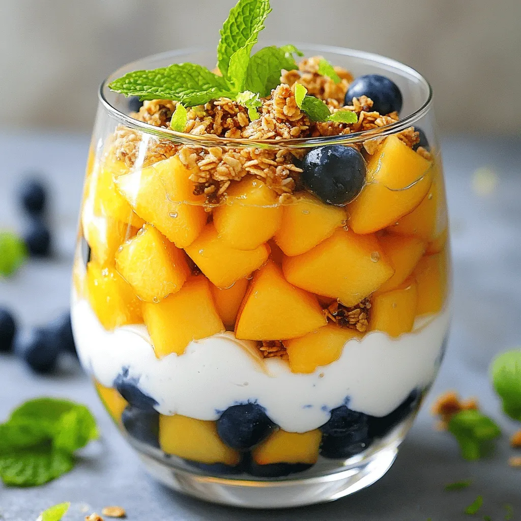 - 4 reife Pfirsiche, entkernt und gewürfelt - 1 Tasse griechischer Joghurt - 2 Esslöffel Honig - 1 Teelöffel Vanilleextrakt - 1 Tasse Granola (am besten mit Nüssen) - 1/2 Tasse Heidelbeeren - 1/4 Tasse frische Minze, gehackt - Zesten und Saft von 1 Limette Um ein perfektes Pfirsich-Dessert zu machen, sind frische Pfirsiche wichtig. Wählen Sie Pfirsiche, die leicht weich sind. Diese zeigen an, dass sie reif sind und viel Saft haben. Der griechische Joghurt bringt eine cremige Textur. Honig fügt Süße hinzu und Vanilleextrakt gibt einen feinen Geschmack. Granola bringt einen knusprigen Biss. Die Nüsse im Granola sorgen für zusätzliches Aroma. Heidelbeeren sind nicht nur lecker, sondern auch farbenfroh. Minze verleiht dem Dessert einen frischen Kick. Die Zesten und der Saft von Limetten sorgen für einen spritzigen Geschmack, der perfekt mit den süßen Pfirsichen harmoniert. Diese Zutaten ergeben zusammen ein erfrischendes und leckeres Dessert. Für das vollständige Rezept schauen Sie sich das Pfirsich-Paradies-Delikatesse an. Um die Pfirsiche vorzubereiten, beginne mit frischen, reifen Früchten. Entkerne die Pfirsiche und schneide sie in kleine Würfel. Nimm eine Rührschüssel und gib die gewürfelten Pfirsiche hinein. Füge den Saft und die Zesten von einer Limette hinzu. Rühre vorsichtig, bis alle Stücke gut bedeckt sind. Lass die Mischung für etwa 10 Minuten marinieren. Diese Zeit intensiviert die Aromen der Pfirsiche und macht sie noch schmackhafter. In einer separaten Schüssel vermische den griechischen Joghurt, den Honig und den Vanilleextrakt. Rühre, bis die Mischung glatt und gleichmäßig ist. Diese Mischung bringt eine süße und cremige Note in dein Dessert. Jetzt wird es spannend! Bereite deine Serviergläser oder Schüsseln vor. Beginne mit einer Schicht der Pfirsichmischung am Boden. Danach füge einen großzügigen Löffel der Joghurtmischung hinzu. Bestreue die Joghurtschicht mit Granola für einen knusprigen Biss. Wiederhole die Schichten, bis die Gläser voll sind. Beende mit einer Schicht Joghurt oben. Garnieren kannst du jedes Parfait mit einer Handvoll Heidelbeeren und frischer, gehackter Minze. Serviere die Parfaits sofort oder stelle sie für bis zu 30 Minuten in den Kühlschrank. So bleiben sie frisch und erfrischend. Für die vollständige Rezeptanleitung schau dir das [Full Recipe] an. Um die besten Pfirsiche für dein Dessert zu finden, achte auf einige Merkmale. Ein reifer Pfirsich hat eine sanfte Haut, die leicht nachgibt, wenn du ihn drückst. Die Farbe sollte tiefgelb oder orange sein. Vermeide Pfirsiche mit grünen Stellen, da diese oft unreif sind. Wenn du im Supermarkt oder auf dem Markt einkaufst, probiere die Pfirsiche zuerst. Rieche an ihnen; sie sollten süß und fruchtig duften. Kaufe Pfirsiche, die gut aussehen und keine Druckstellen haben. So stellst du sicher, dass sie frisch und lecker sind. Für eine einladende Präsentation kannst du die Pfirsich-Parfaits in klaren Gläsern anrichten. Beginne mit der bunten Pfirsichmischung und schichte dann den Joghurt und das Granola. Mache die Schichten sichtbar, damit das Dessert gut aussieht. Verzierte die Gläser mit einem frischen Minzzweig und einer Limettenscheibe. Das gibt deinem Dessert einen zusätzlichen Sommergeschmack. Du kannst auch Heidelbeeren obenauf legen, für einen Hauch von Farbe und Frische. Für die besten Ergebnisse, serviere die Parfaits sofort nach der Zubereitung oder kühle sie bis zu 30 Minuten im Kühlschrank. So bleiben sie frisch und lecker. Für das gesamte Rezept schau dir die [Full Recipe] an. {{image_4}} Für eine vegane Version des Pfirsich-Desserts, tauschen Sie den griechischen Joghurt aus. Nutzen Sie pflanzliche Joghurtalternativen. Kokosnuss- oder Sojajoghurt eignen sich gut. Diese Optionen sind cremig und voller Geschmack. Anstelle von Honig verwenden Sie Ahornsirup oder Agavendicksaft. Diese Süßstoffe sind pflanzlich und bringen eine feine Süße. Mit diesen einfachen Änderungen bleibt das Dessert frisch und lecker. Um das Dessert noch fruchtiger zu machen, probieren Sie andere Obstsorten. Wassermelonen passen gut zu Pfirsichen. Sie bringen eine saftige Frische. Erdbeeren und Himbeeren sind ebenfalls tolle Ergänzungen. Die Beeren geben einen süßen und leicht säuerlichen Geschmack. Mischen Sie die Früchte vor der Schichtung. Experimentieren Sie mit verschiedenen Kombinationen, um neue Geschmäcker zu entdecken. Es gibt viele Joghurtarten, die Sie verwenden können. Griechischer Joghurt ist dick und cremig. Wenn Sie eine leichtere Option suchen, probieren Sie Naturjoghurt. Für eine pflanzliche Wahl gibt es Mandel-, Soja- und Kokosjoghurt. Diese sind oft weniger kalorienreich. Achten Sie darauf, ungesüßte Varianten zu wählen. So bleibt der Geschmack des Desserts klar und frisch. Für die vollständige Zubereitung schauen Sie sich das [Full Recipe] an. Das Pfirsich-Dessert ist am besten frisch. Wenn du Reste hast, bewahre sie in einem luftdichten Behälter auf. Stelle sicher, dass der Behälter gut verschlossen ist. So bleibt das Dessert frisch und lecker. Im Kühlschrank hält es sich für etwa zwei bis drei Tage. Die Frische der Früchte bleibt so erhalten. Du kannst viele Zutaten im Voraus zubereiten. Schneide die Pfirsiche und mariniere sie einige Stunden vorher. So ziehen die Aromen besser ein. Du kannst auch die Joghurtmischung am Vortag zubereiten. Bewahre sie im Kühlschrank auf. Das spart Zeit, wenn du das Dessert servieren möchtest. Granola solltest du erst kurz vor dem Servieren hinzufügen, damit es knusprig bleibt. Das Einfrieren der Parfaits ist eine gute Option. Baue die Schichten in einem gefriergeeigneten Behälter auf. Achte darauf, die Gläser nicht bis zum Rand zu füllen. Die Mischung dehnt sich beim Gefrieren aus. Wenn du bereit bist, sie zu genießen, lasse die Parfaits über Nacht im Kühlschrank auftauen. So bleiben die Aromen frisch und lecker. Das ist eine tolle Möglichkeit, um später einen Sommergeschmack zu genießen. Das Pfirsich-Dessert bleibt im Kühlschrank etwa 2 bis 3 Tage frisch. Achten Sie darauf, es gut abzudecken. So bleibt der Joghurt cremig und die Pfirsiche saftig. Wenn Sie die Granola-Schicht getrennt aufbewahren, bleibt sie knusprig. Fügen Sie die Granola-Schicht erst kurz vor dem Servieren hinzu. Dies bewahrt die Textur und den Geschmack. Ja, gefrorene Pfirsiche sind eine gute Option. Sie bieten einen tollen Geschmack und sind oft günstiger. Lassen Sie die gefrorenen Pfirsiche vor der Verwendung auftauen. Drücken Sie überschüssiges Wasser aus, damit das Dessert nicht zu flüssig wird. Verwenden Sie sie dann wie frische Pfirsiche in Ihrem Rezept. So haben Sie auch in der Nebensaison einen fruchtigen Genuss. Hier sind einige meiner Lieblingsbeilagen: - Ein Spritzer Limettensaft für mehr Frische. - Eine Prise Zimt für zusätzliche Tiefe. - Geröstete Nüsse wie Mandeln oder Walnüsse für Crunch. - Eine Kugel Vanilleeis für eine süße Note. Diese Beilagen ergänzen die Aromen perfekt und machen Ihr Dessert noch aufregender. Werfen Sie die Optionen zusammen in ein schönes Glas. Das sieht toll aus und schmeckt noch besser! Das Pfirsich-Dessert ist einfach und lecker. Wir haben frische Pfirsiche, griechischen Joghurt und Honig verwendet. Das Schichten der Zutaten in Gläsern macht es besonders ansprechend. Tipps zur Auswahl reifer Pfirsiche helfen dir beim Einkauf. Variationen wie vegane Optionen und andere Obstsorten machen das Dessert vielseitig. Denke daran, es gut aufzubewahren oder sogar einzufrieren. So hast du immer etwas Leckeres zur Hand. Nutze die Ideen aus diesem Artikel und genieße dein köstliches Dessert!