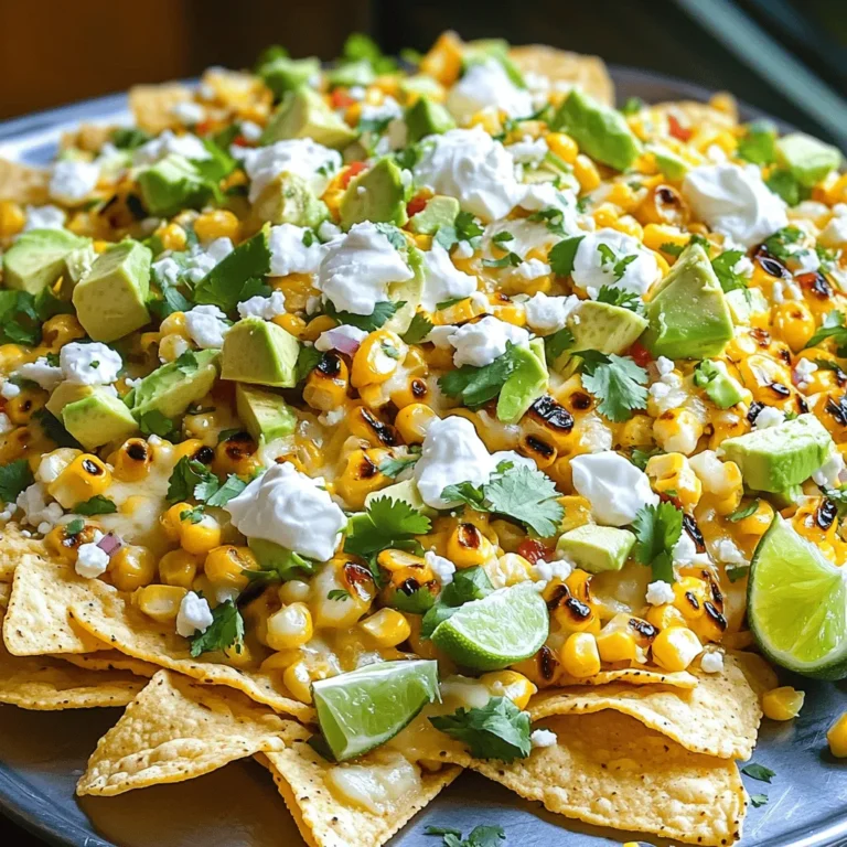 - 4 frisch geschälte Maiskolben - 1 Tasse Tortilla-Chips - 1 Tasse geriebener Käse (Cheddar oder mexikanische Mischung) Die Hauptzutaten sind einfach zu finden. Frisch geschälte Maiskolben geben dem Gericht einen süßen und saftigen Geschmack. Tortilla-Chips bieten den perfekten Crunch. Verwenden Sie Käse für den schmelzenden Effekt. Cheddar oder eine mexikanische Mischung funktionieren am besten. - 1 Teelöffel Chilipulver - 1 Teelöffel geräuchertes Paprikapulver - 1/4 Tasse frisch gehackter Koriander Die Gewürze bringen viel Geschmack. Chilipulver fügt Wärme hinzu. Geräuchertes Paprikapulver gibt tiefe Raucharomen. Frisch gehackter Koriander bringt Frische und Farbe ins Spiel. Diese Gewürze machen das Rezept besonders lecker. - 1/2 Tasse zerbröckelter Feta-Käse - 1 Avocado, gewürfelt Optionales Topping macht die Nachos noch besser. Zerbröckelter Feta-Käse gibt eine salzige Note. Avocado bringt Cremigkeit und gesunde Fette. Sie können diese Zutaten nach Ihrem Geschmack hinzufügen. Experimentieren Sie und finden Sie Ihre Lieblingskombination! Heize deinen Grill auf mittelhohe Hitze vor. Nehme die frisch geschälten Maiskolben und bestreiche sie mit Olivenöl. Füge dann Chilipulver, geräuchertes Paprikapulver, Salz und Pfeffer hinzu. Achte darauf, dass die Gewürze gleichmäßig verteilt sind. Lege die Maiskolben auf den Grill. Grill sie für etwa 10 bis 15 Minuten. Wende die Kolben gelegentlich, damit sie gleichmäßig garen. Achte auf schöne Grillspuren. Wenn sie fertig sind, nimm sie vom Grill und lasse sie kurz abkühlen. Danach schneide den Mais von den Kolben ab und gib ihn in eine Schüssel. Mische den Mais mit Limettensaft und stelle ihn beiseite. Verteile die Tortilla-Chips gleichmäßig auf einem großen Backblech oder in einer gusseisernen Pfanne. Streue den geriebenen Käse über die Chips. Füge die gegrillte Maismischung gleichmäßig hinzu. Stelle das Blech unter den Grill im Ofen. Lass die Nachos 3 bis 5 Minuten backen, bis der Käse geschmolzen ist. Behalte die Nachos gut im Auge. Nimm sie aus dem Ofen und füge Kleckse saure Sahne sowie zerbröckelten Feta-Käse hinzu, falls gewünscht. Garnieren mit gewürfelter Avocado und frisch gehacktem Koriander. - Grilltemperatur prüfen: Beginne mit einem mittelhohen Grill. Die ideale Temperatur liegt zwischen 200 und 230 Grad Celsius. Ein heißer Grill sorgt für schöne Grillspuren und gleichmäßiges Garen. - Mais gleichmäßig garen: Lege die Maiskolben auf den Grill und wende sie alle paar Minuten. So wird der Mais gleichmäßig gegrillt. Achte darauf, dass er zart wird, aber nicht zu weich. - Kombinationen verschiedener Käsesorten: Verwende eine Mischung aus Cheddar und einer mexikanischen Käsemischung. Das sorgt für einen tollen Geschmack und eine gute Schmelze. - Schmelz- und Geschmackstipps: Für extra Cremigkeit kannst du auch etwas Frischkäse oder Gouda hinzufügen. Diese Käse schmelzen gut und geben den Nachos einen feinen Geschmack. - Anrichten auf dem Teller: Serviere die Nachos auf einem großen, flachen Teller. Das sieht gut aus und macht es einfach, sie zu genießen. - Verwendung von frischen Zutaten zur Dekoration: Garniere die Nachos mit gewürfelter Avocado und frisch gehacktem Koriander. Füge auch einige Limettenviertel hinzu. Das bringt Farbe und Frische auf den Teller. {{image_4}} Für eine vegane Variante der Grilled Street Corn Nachos kann man pflanzliche Käsealternativen nutzen. Diese sind oft aus Nüssen oder Soja. Sie schmelzen ähnlich wie echter Käse und geben einen tollen Geschmack. Passen Sie die Toppings an, um die Nachos noch bunter und schmackhafter zu machen. Zum Beispiel können Sie Jalapeños, schwarze Bohnen oder sogar guacamole hinzufügen. Möchten Sie mehr Vielfalt? Fügen Sie Bohnen oder Jalapeños hinzu. Diese bringen Geschmack und Textur. Bohnen machen die Nachos auch nahrhafter. Sie können auch verschiedene Soßen nutzen, wie Salsa oder eine scharfe Sauce. Diese bringen einen frischen Kick und machen die Nachos spannend. Für wärmere Nachos können Sie schärfere Gewürze verwenden. Zum Beispiel können Sie mehr Chilipulver oder Cayennepfeffer hinzufügen. Passen Sie die Toppings nach Ihrem Geschmack an. Mehr Käse oder zusätzliche Avocado sorgen für eine cremige Note. Experimentieren Sie mit den Zutaten und finden Sie Ihre perfekte Mischung! Wenn du Nachos übrig hast, lagere sie im Kühlschrank. Das hilft, die Frische zu bewahren. Lege die Nachos in einen luftdichten Behälter. So bleiben sie länger gut. Um matschige Chips zu vermeiden, lege die Nachos nicht übereinander. Das verhindert, dass die Feuchtigkeit die Chips weich macht. Ein Papiertuch am Boden des Behälters kann auch helfen. Es saugt die Feuchtigkeit auf. Zum Aufwärmen gibt es einige einfache Methoden. Du kannst die Nachos in den Ofen legen. Heize den Ofen auf 180 Grad Celsius vor. Breite die Nachos auf einem Backblech aus. Erwärme sie für etwa 5 bis 10 Minuten. Eine andere Methode ist die Mikrowelle. Hierbei werden die Nachos schneller warm, aber sie können weich werden. Um knusprige Ergebnisse zu erzielen, lege ein Stück Küchenpapier unter die Nachos. Experimentiere mit beiden Methoden. So findest du heraus, was dir besser gefällt! Die Nachos sind im Kühlschrank etwa 2 bis 3 Tage haltbar. Sie sollten sie in einem luftdichten Behälter aufbewahren. So bleiben sie frisch. Nachos mit frischen Zutaten verlieren schnell ihren Crunch. Um matschige Chips zu vermeiden, essen Sie die Nachos am besten gleich nach der Zubereitung. Wenn Sie Reste haben, können Sie sie aufwärmen, aber das Ergebnis wird anders sein. Ja, Sie können frischen Mais verwenden. Frischer Mais hat einen süßen Geschmack und eine knackige Textur. Gefrorener Mais ist oft weicher und hat nicht den gleichen Geschmack. Wenn Sie frischen Mais verwenden, grillen Sie ihn wie im Rezept beschrieben. Das Grillen bringt den vollen Geschmack des Maises heraus. Achten Sie darauf, die Körner nach dem Grillen gut abzutrennen. Wenn Sie keine Tortilla-Chips haben, gibt es viele Alternativen. Sie können auch Pita-Chips, Gemüsechips oder selbstgemachte Chips verwenden. Diese Optionen bieten einen ähnlichen Crunch und Geschmack. Für eine gesündere Variante können Sie auch geröstetes Gemüse verwenden. Das ist eine leckere und nahrhafte Wahl. In diesem Beitrag haben wir die besten Zutaten und das perfekte Rezept für Nachos besprochen. Frischer Mais, Käse und die richtigen Gewürze machen den Unterschied. Du hast gelernt, wie man die Nachos Schritt für Schritt zubereitet und sie ansprechend präsentiert. Denk daran, frische Zutaten zu verwenden und deine Nachos nach Wunsch anzupassen. Ob vegan oder klassisch, diese Nachos bringen Spaß und Geschmack. Probiere verschiedene Varianten und genieße dein selbstgemachtes Gericht!